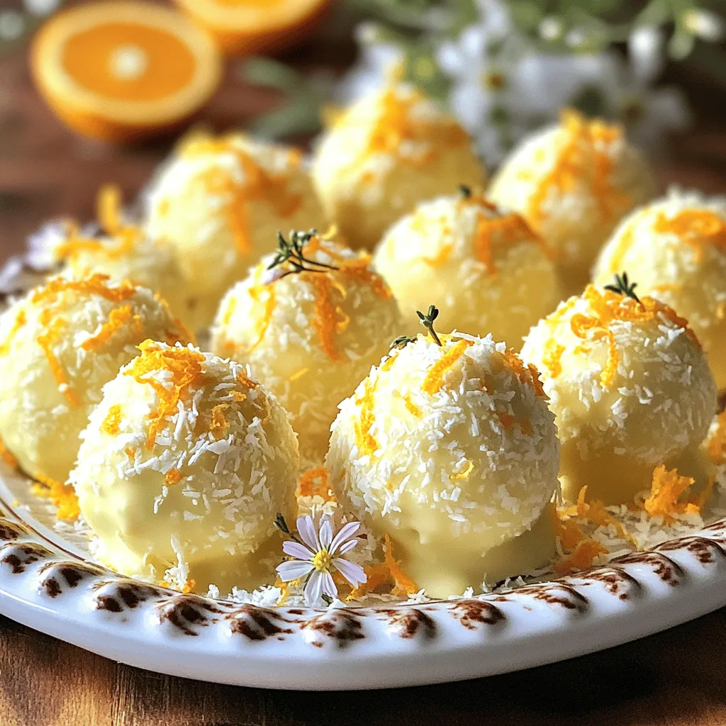 Um die no bake orange creamsicle truffles zuzubereiten, brauchst du ein paar einfache Zutaten. Du benötigst 1 Tasse zerbröselte Graham-Cracker und 1 Tasse Puderzucker. Diese beiden Zutaten geben den Trüffeln eine tolle Basis. Füge 8 Unzen weiche Frischkäse hinzu. Die Frischkäse sorgt für die cremige Textur. Dann kommen 1/2 Tasse Orangenschale von etwa 2-3 großen Orangen dazu. Diese Schale bringt viel Geschmack. 1/4 Tasse Orangensaft und 1 Teelöffel Vanilleextrakt runden das Ganze ab. Wenn du magst, kannst du auch 1 Tasse weiße Schokoladenstückchen und 1/4 Tasse Kokosraspel für die Dekoration verwenden.