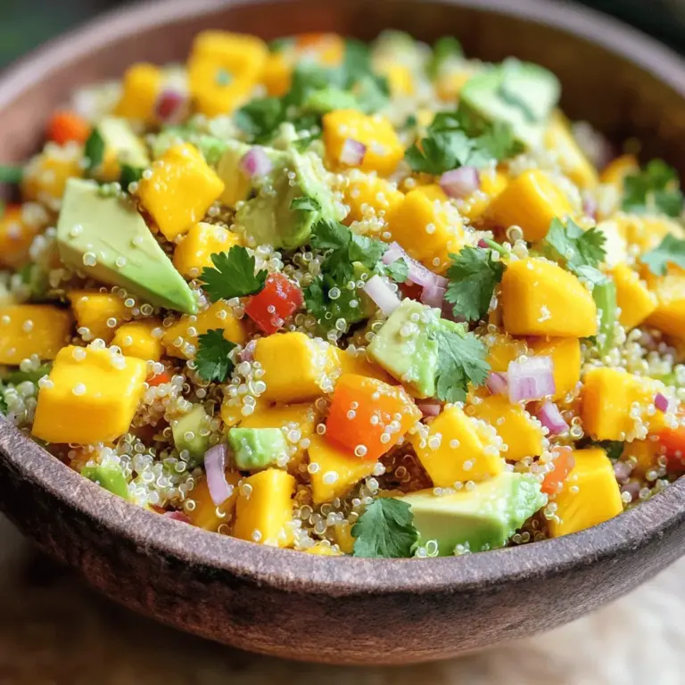 - 1 Tasse Quinoa (abgespült) - 1 reife Mango, gewürfelt - 1 Avocado, gewürfelt Die Hauptzutaten bilden die Basis für diesen frischen Salat. Quinoa ist ein tolles, gesundes Getreide. Es ist reich an Protein und Ballaststoffen. Mango bringt Süße und eine saftige Textur. Die Avocado sorgt für Cremigkeit und gesunde Fette. - 1 rote Paprika, gewürfelt - 1/2 rote Zwiebel, fein gehackt - 1/4 Tasse frischer Koriander, gehackt Die rote Paprika fügt einen schönen Crunch hinzu. Sie ist auch reich an Vitamin C. Rote Zwiebel gibt einen kräftigen Geschmack. Frischer Koriander bringt Frische und einen besonderen Kick in den Salat. - Saft von 2 Limetten - 2 Esslöffel Olivenöl - 1 Teelöffel Honig oder Agavensirup (optional) Das Dressing ist einfach und lecker. Limettensaft bringt eine spritzige Frische. Olivenöl sorgt für eine sanfte Textur. Honig oder Agavensirup kann dem Dressing eine süße Note geben. Diese Kombination sorgt für einen ausgewogenen Geschmack, der perfekt mit den Zutaten harmoniert. Für das gesamte Rezept schaue dir den Full Recipe an. Für die Zubereitung der Quinoa beginne ich mit dem Kochen. Ich nehme 1 Tasse Quinoa und spüle sie gut ab. Das hilft, Bitterstoffe zu entfernen. Ich gebe die Quinoa mit 2 Tassen Wasser in einen mittelgroßen Topf. Ich bringe das Wasser bei mittlerer Hitze zum Kochen. Sobald es kocht, reduziere ich die Hitze. Ich setze einen Deckel auf den Topf und lasse die Quinoa 15 Minuten köcheln. Die Quinoa ist fertig, wenn das Wasser aufgesogen ist. Ich nehme den Topf vom Herd und lasse die Quinoa abkühlen. Nach dem Kochen ist es wichtig, die Quinoa aufzulockern. Ich nehme eine Gabel und lockere die Körner auf. Damit wird die Quinoa schön fluffig und bereit für den Salat. Nun geht es an die Vorbereitung der anderen Zutaten. Ich schneide die gewürfelte Mango und Avocado. Beide Früchte bringen einen frischen Geschmack in den Salat. Dann schneide ich auch die rote Paprika und hacke die rote Zwiebel fein. Frischer Koriander ist ein Muss. Ich hacke ihn grob für mehr Aroma. Jetzt bereite ich das Dressing vor. In einer kleinen Schüssel mische ich den Saft von 2 Limetten, 2 Esslöffel Olivenöl und 1 Teelöffel Honig oder Agavensirup. Ich füge Salz, Pfeffer und optional 1/4 Teelöffel Chilipulver hinzu. Dieses Dressing macht den Salat lebendig! Jetzt ist es Zeit, alles zu kombinieren. In einer großen Schüssel vermenge ich die gewürfelte Mango, Avocado, Paprika, Zwiebel und Koriander. Dann gebe ich die abgekühlte Quinoa dazu. Ich träufle das Dressing über die Mischung und vermenge alles vorsichtig. So können sich die Aromen gut entfalten. Ich passe die Würze nach meinem Geschmack an. Manchmal füge ich mehr Salz oder Limettensaft hinzu. Der Salat kann kalt oder bei Raumtemperatur serviert werden. Du kannst ihn in großen Schalen anrichten und mit frischem Koriander und Limettenkeilen garnieren. So sieht der Mango Avocado Quinoa Salat frisch und einladend aus. Der [Full Recipe] ist einfach und macht Spaß! - Die Quinoa richtig abspülen: Quinoa hat eine natürliche Schicht namens Saponin. Diese Schicht kann bitter schmecken. Spüle die Quinoa vor dem Kochen gut unter kaltem Wasser ab. Nutze ein feines Sieb, um die kleinen Körner nicht zu verlieren. - Die Kochzeit beachten: Koche die Quinoa in einem Verhältnis von 1:2 – eine Tasse Quinoa braucht zwei Tassen Wasser. Lass sie aufkochen, dann decke sie ab und reduziere die Hitze. Nach 15 Minuten sollte die Quinoa locker und weich sein. Lass sie danach abkühlen, bevor du sie mit anderen Zutaten mischst. - Alternativen für Allergiker: Wenn du gegen Quinoa allergisch bist, kannst du stattdessen Reis oder Buchweizen verwenden. Diese Optionen sind glutenfrei und bieten eine ähnliche Textur. - Mögliche Ergänzungen für mehr Geschmack: Du kannst den Salat mit Feta-Käse oder gerösteten Nüssen wie Mandeln oder Cashews bereichern. Diese Zutaten geben einen tollen Crunch und zusätzlichen Geschmack. - Präsentationstipps für Anlässe: Serviere den Salat in schönen Schalen. Garniere ihn mit frischen Korianderblättern und Limettenkeilen. Dies sieht nicht nur gut aus, sondern bringt auch frische Aromen. - Beilagen, die gut dazu passen: Dieser Salat passt perfekt zu gegrilltem Hähnchen oder Fisch. Er ist auch eine tolle Beilage zu BBQs oder Picknicks. Probiere ihn auch mit Tortillas oder als Füllung in Wraps. {{image_4}} Um den Mango Avocado Quinoa Salat noch nahrhafter zu machen, füge pflanzliche Proteinquellen hinzu. Das kann schwarze Bohnen oder Kichererbsen sein. Diese Zutaten bringen nicht nur Geschmack, sondern auch viele Nährstoffe. Sie machen den Salat sättigender und ideal für eine Hauptmahlzeit. Nüsse oder Samen sind eine weitere großartige Wahl. Mandeln, Walnüsse oder Sonnenblumenkerne geben dem Salat einen tollen Crunch. Sie sind auch reich an gesunden Fetten und Vitaminen. Probiere es aus, um deinen Salat zu variieren und noch gesünder zu gestalten. Frische, saisonale Zutaten machen deinen Salat besonders. Im Frühling kannst du Spargel hinzufügen. Er gibt nicht nur einen tollen Geschmack, sondern auch eine schöne Farbe. Leicht blanchiert, bleibt er knackig. Im Sommer sind Tomaten und Gurken perfekt. Sie bringen Frische und Saftigkeit in den Salat. Schneide sie klein und mische sie mit den anderen Zutaten. So wird dein Salat noch bunter und aromatischer. Selbstgemachte Dressings sind ein Muss! Du kannst einfach Olivenöl und Limettensaft mischen. Experimentiere mit verschiedenen Essigsorten für neuen Geschmack. Balsamico oder Apfelessig bringen interessante Nuancen in deinen Salat. Probiere auch Kräuter oder Gewürze im Dressing aus. Frischer Knoblauch oder Senf geben dem Dressing einen besonderen Kick. Es macht deinen Salat lebendig und aufregend. Für die beste Kombination empfehle ich, das Dressing kurz vor dem Servieren hinzuzufügen. So bleibt alles frisch und knackig. Für die vollständige Zubereitung und weitere Tipps schau dir das [Full Recipe] an. Um Reste des Mango Avocado Quinoa Salats zu lagern, lege sie in einen luftdichten Behälter. Stelle sicher, dass der Salat abgekühlt ist, bevor du ihn in den Kühlschrank stellst. So bleibt er frisch und lecker. Der Salat hält sich im Kühlschrank etwa 3 bis 4 Tage. Achte darauf, auf Anzeichen von Verderb zu prüfen. Wenn der Salat unangenehm riecht oder die Farben blass werden, ist es Zeit, ihn wegzuwerfen. Für eine längere Lagerung kannst du den Salat auch einfrieren. Verwende einen geeigneten Gefrierbehälter, der dicht schließt. Du kannst den Salat auch in Portionen aufteilen, um ihn gut zu lagern. Um den Salat aufzutauen, lasse ihn über Nacht im Kühlschrank stehen. Alternativ kannst du ihn auch bei Raumtemperatur auftauen. Vermeide das Auftauen in der Mikrowelle, da dies die Textur ruinieren kann. Meal Prep ist eine gute Idee, um Zeit zu sparen. Koche die Quinoa im Voraus und lagere sie getrennt von den anderen Zutaten. So bleibt die Quinoa locker und frisch. Um den Salat frisch zu halten, mische das Dressing erst kurz vor dem Servieren hinzu. So bleiben die Zutaten knackig und der Geschmack frisch. Für das vollständige Rezept, siehe [Full Recipe]. Der Mango Avocado Quinoa Salat hält sich gut für 3 bis 5 Tage im Kühlschrank. Achte auf die Anzeichen von Verdorbenheit. Wenn der Salat einen seltsamen Geruch hat oder die Farben verblassen, ist es besser, ihn wegzuwerfen. Frische Zutaten sind der Schlüssel zu einem leckeren Salat. Ja, du kannst andere Früchte verwenden! Probiere Ananas, Papaya oder Erdbeeren. Diese Früchte bringen ebenso frische Aromen mit. So kannst du den Salat nach deinem Geschmack anpassen. Mixe verschiedene Früchte, um neue Kombinationen zu entdecken. Ja, dieser Salat ist glutenfrei! Quinoa ist eine großartige glutenfreie Körnerart. Alle anderen Zutaten sind ebenfalls glutenfrei. Das macht diesen Salat perfekt für Menschen mit Glutenunverträglichkeit. Du kannst ihn also ohne Bedenken genießen. Ja, du kannst die Quinoa ersetzen! Reis oder Bulgur sind gute Alternativen. Reis hat eine ähnliche Konsistenz, während Bulgur einen nussigen Geschmack hat. Achte darauf, die Kochzeit entsprechend anzupassen. So bleibt dein Salat lecker und spannend. Für das vollständige Rezept, schau dir den [Full Recipe] an. Der Mango Avocado Quinoa Salat vereint frische Zutaten wie Quinoa, Mango und Avocado. Die rote Paprika und Zwiebel bringen Farben und Geschmack. Du hast nun die Schritte zum Kochen und Mischen der Zutaten. Beachte die Tipps für die perfekte Zubereitung und Lagerung. Dieser Salat ist anpassbar und passt zu vielen Anlässen. Probiere verschiedene Variationen, um mehr Abwechslung zu schaffen. Genieße deinen Salat frisch oder auch später!