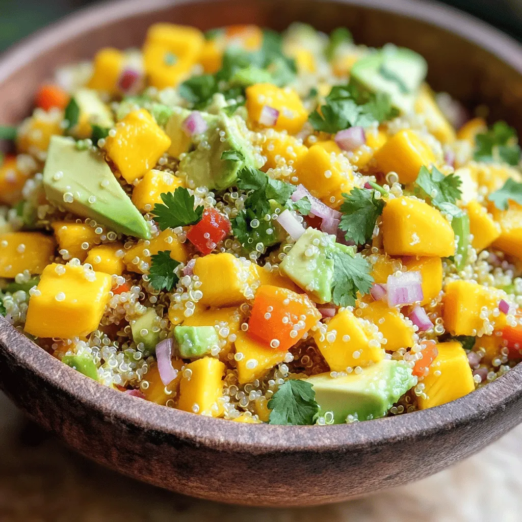 - 1 Tasse Quinoa (abgespült) - 1 reife Mango, gewürfelt - 1 Avocado, gewürfelt Die Hauptzutaten bilden die Basis für diesen frischen Salat. Quinoa ist ein tolles, gesundes Getreide. Es ist reich an Protein und Ballaststoffen. Mango bringt Süße und eine saftige Textur. Die Avocado sorgt für Cremigkeit und gesunde Fette. - 1 rote Paprika, gewürfelt - 1/2 rote Zwiebel, fein gehackt - 1/4 Tasse frischer Koriander, gehackt Die rote Paprika fügt einen schönen Crunch hinzu. Sie ist auch reich an Vitamin C. Rote Zwiebel gibt einen kräftigen Geschmack. Frischer Koriander bringt Frische und einen besonderen Kick in den Salat. - Saft von 2 Limetten - 2 Esslöffel Olivenöl - 1 Teelöffel Honig oder Agavensirup (optional) Das Dressing ist einfach und lecker. Limettensaft bringt eine spritzige Frische. Olivenöl sorgt für eine sanfte Textur. Honig oder Agavensirup kann dem Dressing eine süße Note geben. Diese Kombination sorgt für einen ausgewogenen Geschmack, der perfekt mit den Zutaten harmoniert. Für das gesamte Rezept schaue dir den Full Recipe an. Für die Zubereitung der Quinoa beginne ich mit dem Kochen. Ich nehme 1 Tasse Quinoa und spüle sie gut ab. Das hilft, Bitterstoffe zu entfernen. Ich gebe die Quinoa mit 2 Tassen Wasser in einen mittelgroßen Topf. Ich bringe das Wasser bei mittlerer Hitze zum Kochen. Sobald es kocht, reduziere ich die Hitze. Ich setze einen Deckel auf den Topf und lasse die Quinoa 15 Minuten köcheln. Die Quinoa ist fertig, wenn das Wasser aufgesogen ist. Ich nehme den Topf vom Herd und lasse die Quinoa abkühlen. Nach dem Kochen ist es wichtig, die Quinoa aufzulockern. Ich nehme eine Gabel und lockere die Körner auf. Damit wird die Quinoa schön fluffig und bereit für den Salat. Nun geht es an die Vorbereitung der anderen Zutaten. Ich schneide die gewürfelte Mango und Avocado. Beide Früchte bringen einen frischen Geschmack in den Salat. Dann schneide ich auch die rote Paprika und hacke die rote Zwiebel fein. Frischer Koriander ist ein Muss. Ich hacke ihn grob für mehr Aroma. Jetzt bereite ich das Dressing vor. In einer kleinen Schüssel mische ich den Saft von 2 Limetten, 2 Esslöffel Olivenöl und 1 Teelöffel Honig oder Agavensirup. Ich füge Salz, Pfeffer und optional 1/4 Teelöffel Chilipulver hinzu. Dieses Dressing macht den Salat lebendig! Jetzt ist es Zeit, alles zu kombinieren. In einer großen Schüssel vermenge ich die gewürfelte Mango, Avocado, Paprika, Zwiebel und Koriander. Dann gebe ich die abgekühlte Quinoa dazu. Ich träufle das Dressing über die Mischung und vermenge alles vorsichtig. So können sich die Aromen gut entfalten. Ich passe die Würze nach meinem Geschmack an. Manchmal füge ich mehr Salz oder Limettensaft hinzu. Der Salat kann kalt oder bei Raumtemperatur serviert werden. Du kannst ihn in großen Schalen anrichten und mit frischem Koriander und Limettenkeilen garnieren. So sieht der Mango Avocado Quinoa Salat frisch und einladend aus. Der [Full Recipe] ist einfach und macht Spaß! - Die Quinoa richtig abspülen: Quinoa hat eine natürliche Schicht namens Saponin. Diese Schicht kann bitter schmecken. Spüle die Quinoa vor dem Kochen gut unter kaltem Wasser ab. Nutze ein feines Sieb, um die kleinen Körner nicht zu verlieren. - Die Kochzeit beachten: Koche die Quinoa in einem Verhältnis von 1:2 – eine Tasse Quinoa braucht zwei Tassen Wasser. Lass sie aufkochen, dann decke sie ab und reduziere die Hitze. Nach 15 Minuten sollte die Quinoa locker und weich sein. Lass sie danach abkühlen, bevor du sie mit anderen Zutaten mischst. - Alternativen für Allergiker: Wenn du gegen Quinoa allergisch bist, kannst du stattdessen Reis oder Buchweizen verwenden. Diese Optionen sind glutenfrei und bieten eine ähnliche Textur. - Mögliche Ergänzungen für mehr Geschmack: Du kannst den Salat mit Feta-Käse oder gerösteten Nüssen wie Mandeln oder Cashews bereichern. Diese Zutaten geben einen tollen Crunch und zusätzlichen Geschmack. - Präsentationstipps für Anlässe: Serviere den Salat in schönen Schalen. Garniere ihn mit frischen Korianderblättern und Limettenkeilen. Dies sieht nicht nur gut aus, sondern bringt auch frische Aromen. - Beilagen, die gut dazu passen: Dieser Salat passt perfekt zu gegrilltem Hähnchen oder Fisch. Er ist auch eine tolle Beilage zu BBQs oder Picknicks. Probiere ihn auch mit Tortillas oder als Füllung in Wraps. {{image_4}} Um den Mango Avocado Quinoa Salat noch nahrhafter zu machen, füge pflanzliche Proteinquellen hinzu. Das kann schwarze Bohnen oder Kichererbsen sein. Diese Zutaten bringen nicht nur Geschmack, sondern auch viele Nährstoffe. Sie machen den Salat sättigender und ideal für eine Hauptmahlzeit. Nüsse oder Samen sind eine weitere großartige Wahl. Mandeln, Walnüsse oder Sonnenblumenkerne geben dem Salat einen tollen Crunch. Sie sind auch reich an gesunden Fetten und Vitaminen. Probiere es aus, um deinen Salat zu variieren und noch gesünder zu gestalten. Frische, saisonale Zutaten machen deinen Salat besonders. Im Frühling kannst du Spargel hinzufügen. Er gibt nicht nur einen tollen Geschmack, sondern auch eine schöne Farbe. Leicht blanchiert, bleibt er knackig. Im Sommer sind Tomaten und Gurken perfekt. Sie bringen Frische und Saftigkeit in den Salat. Schneide sie klein und mische sie mit den anderen Zutaten. So wird dein Salat noch bunter und aromatischer. Selbstgemachte Dressings sind ein Muss! Du kannst einfach Olivenöl und Limettensaft mischen. Experimentiere mit verschiedenen Essigsorten für neuen Geschmack. Balsamico oder Apfelessig bringen interessante Nuancen in deinen Salat. Probiere auch Kräuter oder Gewürze im Dressing aus. Frischer Knoblauch oder Senf geben dem Dressing einen besonderen Kick. Es macht deinen Salat lebendig und aufregend. Für die beste Kombination empfehle ich, das Dressing kurz vor dem Servieren hinzuzufügen. So bleibt alles frisch und knackig. Für die vollständige Zubereitung und weitere Tipps schau dir das [Full Recipe] an. Um Reste des Mango Avocado Quinoa Salats zu lagern, lege sie in einen luftdichten Behälter. Stelle sicher, dass der Salat abgekühlt ist, bevor du ihn in den Kühlschrank stellst. So bleibt er frisch und lecker. Der Salat hält sich im Kühlschrank etwa 3 bis 4 Tage. Achte darauf, auf Anzeichen von Verderb zu prüfen. Wenn der Salat unangenehm riecht oder die Farben blass werden, ist es Zeit, ihn wegzuwerfen. Für eine längere Lagerung kannst du den Salat auch einfrieren. Verwende einen geeigneten Gefrierbehälter, der dicht schließt. Du kannst den Salat auch in Portionen aufteilen, um ihn gut zu lagern. Um den Salat aufzutauen, lasse ihn über Nacht im Kühlschrank stehen. Alternativ kannst du ihn auch bei Raumtemperatur auftauen. Vermeide das Auftauen in der Mikrowelle, da dies die Textur ruinieren kann. Meal Prep ist eine gute Idee, um Zeit zu sparen. Koche die Quinoa im Voraus und lagere sie getrennt von den anderen Zutaten. So bleibt die Quinoa locker und frisch. Um den Salat frisch zu halten, mische das Dressing erst kurz vor dem Servieren hinzu. So bleiben die Zutaten knackig und der Geschmack frisch. Für das vollständige Rezept, siehe [Full Recipe]. Der Mango Avocado Quinoa Salat hält sich gut für 3 bis 5 Tage im Kühlschrank. Achte auf die Anzeichen von Verdorbenheit. Wenn der Salat einen seltsamen Geruch hat oder die Farben verblassen, ist es besser, ihn wegzuwerfen. Frische Zutaten sind der Schlüssel zu einem leckeren Salat. Ja, du kannst andere Früchte verwenden! Probiere Ananas, Papaya oder Erdbeeren. Diese Früchte bringen ebenso frische Aromen mit. So kannst du den Salat nach deinem Geschmack anpassen. Mixe verschiedene Früchte, um neue Kombinationen zu entdecken. Ja, dieser Salat ist glutenfrei! Quinoa ist eine großartige glutenfreie Körnerart. Alle anderen Zutaten sind ebenfalls glutenfrei. Das macht diesen Salat perfekt für Menschen mit Glutenunverträglichkeit. Du kannst ihn also ohne Bedenken genießen. Ja, du kannst die Quinoa ersetzen! Reis oder Bulgur sind gute Alternativen. Reis hat eine ähnliche Konsistenz, während Bulgur einen nussigen Geschmack hat. Achte darauf, die Kochzeit entsprechend anzupassen. So bleibt dein Salat lecker und spannend. Für das vollständige Rezept, schau dir den [Full Recipe] an. Der Mango Avocado Quinoa Salat vereint frische Zutaten wie Quinoa, Mango und Avocado. Die rote Paprika und Zwiebel bringen Farben und Geschmack. Du hast nun die Schritte zum Kochen und Mischen der Zutaten. Beachte die Tipps für die perfekte Zubereitung und Lagerung. Dieser Salat ist anpassbar und passt zu vielen Anlässen. Probiere verschiedene Variationen, um mehr Abwechslung zu schaffen. Genieße deinen Salat frisch oder auch später!