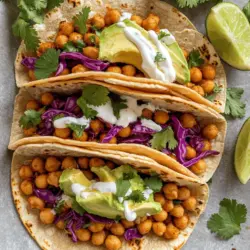 Für die Crispy Kichererbsentacos brauchen Sie diese Hauptzutaten: - 1 Dose (425 g) Kichererbsen, abgetropft und abgespült - 8 kleine Maistortillas - 1 Tasse fein geschnittenes Rotkohl - 1 Avocado, in Scheiben geschnitten - 1/4 Tasse frischer Koriander, gehackt - 1 Limette, in Spalten geschnitten - 1/2 Tasse Griechischer Joghurt (oder pflanzliche Alternative) Diese Zutaten machen die Tacos gesund und lecker. Kichererbsen sind reich an Proteinen und Ballaststoffen. Sie bieten eine gute Basis. Tortillas bringen den typischen Taco-Geschmack. Rotkohl sorgt für Knusprigkeit und Farbe. Avocado fügt gesunde Fette hinzu. Koriander bringt Frische, und die Limette gibt einen tollen Geschmack. Die Gewürze und Öle sind wichtig für den Geschmack: - 2 Esslöffel Olivenöl - 1 Teelöffel geräuchertes Paprikapulver - 1 Teelöffel gemahlener Kreuzkümmel - 1 Teelöffel Knoblauchpulver - 1/2 Teelöffel Cayennepfeffer (nach Geschmack anpassen) - Salz und schwarzer Pfeffer nach Geschmack Olivenöl hilft, die Kichererbsen knusprig zu machen. Geräuchertes Paprikapulver gibt einen tollen, rauchigen Geschmack. Kreuzkümmel und Knoblauchpulver bringen Wärme und Tiefe. Cayennepfeffer fügt eine kleine Schärfe hinzu, die Sie nach Wunsch anpassen können. Salz und Pfeffer runden alles ab und bringen die Aromen hervor. Die richtigen Beilagen und Toppings machen die Tacos besonders: - Frischer Koriander - Limettenspalten - Griechischer Joghurt oder pflanzliche Alternative Koriander bringt Frische und Farbe. Limettenspalten sind perfekt, um den Tacos einen Spritzer Zitrusgeschmack zu verleihen. Griechischer Joghurt oder eine pflanzliche Alternative sorgen für Cremigkeit. Diese Toppings machen das Gericht lebendig und lecker. Für die vollständige Anleitung besuchen Sie das [Full Recipe]. Zuerst heizen Sie Ihren Ofen auf 200°C vor. Nehmen Sie eine Dose Kichererbsen und spülen Sie sie ab. Legen Sie ein Backblech mit Backpapier aus. So bleibt die Küche sauber und die Kichererbsen kleben nicht. Messen Sie alle Gewürze wie geräuchertes Paprikapulver, Kreuzkümmel und Knoblauchpulver ab. Bereiten Sie auch die Tortillas, den Rotkohl und die Avocado vor. So haben Sie alles bereit, wenn Sie mit dem Kochen beginnen. Verteilen Sie die Kichererbsen gleichmäßig auf dem Backblech. Träufeln Sie Olivenöl darüber und mischen Sie die Gewürze gut unter. Backen Sie die Kichererbsen für 20-25 Minuten. Schütteln Sie das Blech nach der Hälfte der Zeit. So werden die Kichererbsen gleichmäßig knusprig. Achten Sie darauf, dass sie goldbraun sind, bevor Sie sie aus dem Ofen nehmen. Erhitzen Sie eine Pfanne bei mittlerer Hitze. Legen Sie die Maistortillas hinein und erwärmen Sie sie auf jeder Seite für etwa 30 Sekunden. Sie sollten weich und geschmeidig sein. Füllen Sie jede Tortilla mit knusprigen Kichererbsen. Belegen Sie die Tacos mit Rotkohl, Avocadoscheiben und frischem Koriander. Träufeln Sie Griechischen Joghurt darüber. Ein Spritzer Limettensaft gibt den letzten Schliff. Servieren Sie die Tacos sofort, damit sie frisch und lecker bleiben. Für die genaue Zubereitung schauen Sie sich das [Full Recipe] an. Um perfekte Kichererbsen zu machen, beginne mit der richtigen Dose. Wähle Kichererbsen ohne Zusatzstoffe. Spüle sie gut ab. Das hilft, die Stärke zu entfernen. So werden die Kichererbsen knuspriger. Füge Gewürze großzügig hinzu. Verwende geräuchertes Paprikapulver für einen rauchigen Geschmack. Wähle kleine Maistortillas für die besten Tacos. Erhitze eine Pfanne ohne Öl. Lege die Tortillas hinein und erwärme sie 30 Sekunden pro Seite. So bleiben sie weich und geschmeidig. Vermeide Überhitzung. Zu hohe Temperaturen machen sie trocken und brüchig. Präsentiere die Tacos auf einem bunten Teller. Füge frischen Koriander als Garnierung hinzu. Das sieht schön aus und schmeckt frisch. Die Limettenspalten an die Seite legen. So können Gäste nach Geschmack hinzufügen. Eine ansprechende Präsentation macht jede Mahlzeit besser. Diese Tipps machen deine Crispy Kichererbsentacos richtig toll. Für das vollständige Rezept schaue in die [Full Recipe]. {{image_4}} Crispy Kichererbsentacos sind nicht nur lecker, sondern auch vielseitig. Diese Tacos sind von Natur aus vegan. Verwende den Griechischen Joghurt nicht, um sie vollständig pflanzlich zu halten. Stattdessen kannst du einen pflanzlichen Joghurt oder Avocado-Creme verwenden. Beide bringen eine cremige Textur und tollen Geschmack. Du kannst die Tacos mit verschiedenen Füllungen anpassen. Hier sind einige Ideen: - Salsa: Ein frischer Tomatensalsa bringt Farbe und Geschmack. - Mais: Süßer Mais passt gut zu Kichererbsen. - Paprika: Gebratene Paprika fügt Süße und Crunch hinzu. - Käse: Feta oder veganer Käse sind tolle Optionen. Probiere verschiedene Kombinationen aus und finde deinen Favoriten! Die Gewürze sind der Schlüssel zu schmackhaften Kichererbsen. Du kannst die Aromen leicht ändern. Hier sind einige Vorschläge: - Chili-Pulver: Für mehr Schärfe. - Koriander: Frisch oder gemahlen für einen Zitrusgeschmack. - Zwiebelpulver: Für zusätzlichen Umami-Geschmack. - Kurkuma: Für eine goldene Farbe und gesundheitsfördernde Eigenschaften. Experimentiere mit diesen Gewürzen, um verschiedene Geschmäcker zu kreieren. Du wirst überrascht sein, wie viel eine kleine Änderung ausmachen kann! Um Kichererbsen frisch zu halten, bewahre sie in einem luftdichten Behälter auf. Lagere sie an einem kühlen, trockenen Ort. Wenn du eine Dose verwendest, lagere die ungenutzten Kichererbsen in einem Kühlschrank. Sie bleiben so für etwa 3-4 Tage frisch. Falls du Reste hast, kannst du sie einfach in den Kühlschrank stellen. Fülle die Tacos nicht zu früh, damit die Tortillas nicht weich werden. Du kannst die Kichererbsen auch für Salate oder Bowls nutzen. Sie sind vielseitig und lecker. Um die Kichererbsen wieder knusprig zu machen, heize den Ofen auf 200°C vor. Lege die Kichererbsen auf ein Backblech und backe sie für 10-15 Minuten. So bleiben sie frisch und lecker. Du kannst die Reste auch in einer Pfanne leicht anbraten. So erhältst du einen tollen Geschmack. Crispy Kichererbsentacos sind am besten frisch. Sie schmecken am besten am Tag der Zubereitung. Wenn du Reste hast, kannst du die Kichererbsen bis zu drei Tage im Kühlschrank aufbewahren. Lagere sie in einem luftdichten Behälter. Die Tortillas sollten getrennt aufbewahrt werden. Sie können auch bis zu einer Woche frisch bleiben, wenn sie gut verpackt sind. Um die Knusprigkeit zu erhalten, erwärme die Kichererbsen vor dem Servieren. Ja, du kannst die Kichererbsen auch in der Pfanne zubereiten. Erhitze einfach etwas Olivenöl in einer Pfanne bei mittlerer Hitze. Füge die gewürzten Kichererbsen hinzu und brate sie 10 bis 15 Minuten lang, bis sie knusprig sind. Rühre oft um, damit sie gleichmäßig bräunen. Diese Methode ist schnell und einfach, besonders wenn du keine Zeit zum Backen hast. Zu Kichererbsentacos passen viele Beilagen. Hier sind einige tolle Optionen: - Guacamole für einen cremigen Geschmack - Salsa für einen frischen Kick - Gegrilltes Gemüse als gesunde Beilage - Reis oder Quinoa für mehr Füllung - Ein einfacher grüner Salat für zusätzliche Frische Diese Beilagen ergänzen die Tacos perfekt und machen die Mahlzeit noch leckerer. Für das beste Ergebnis, wähle frische und leckere Zutaten. Crispy Kichererbsentacos sind einfach und lecker. Wir haben die Hauptzutaten, Gewürze und tolle Toppings erkundet. Die Schritt-für-Schritt-Anleitung macht die Zubereitung leicht. Tipps für perfekte Kichererbsen helfen dir dabei, das Beste herauszuholen. Variationen bieten neue Geschmäcker und Optionen. Schließlich gibt es nützliche Hinweise zur Aufbewahrung. Kichererbsentacos sind nicht nur gesund, sie bringen auch Spaß in die Küche. Probiere sie aus und genieße jede Bissen!
