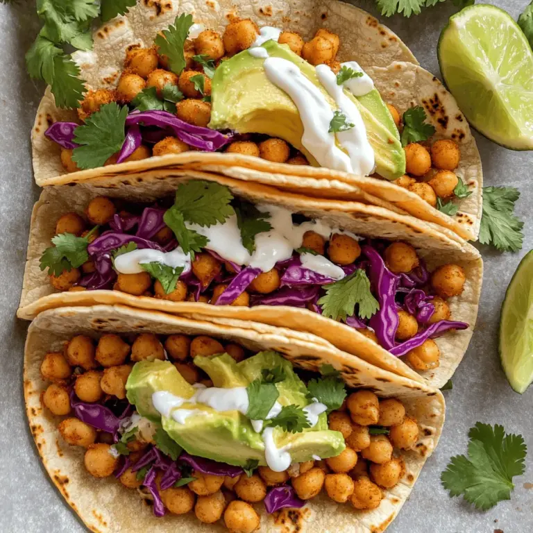 Für die Crispy Kichererbsentacos brauchen Sie diese Hauptzutaten: - 1 Dose (425 g) Kichererbsen, abgetropft und abgespült - 8 kleine Maistortillas - 1 Tasse fein geschnittenes Rotkohl - 1 Avocado, in Scheiben geschnitten - 1/4 Tasse frischer Koriander, gehackt - 1 Limette, in Spalten geschnitten - 1/2 Tasse Griechischer Joghurt (oder pflanzliche Alternative) Diese Zutaten machen die Tacos gesund und lecker. Kichererbsen sind reich an Proteinen und Ballaststoffen. Sie bieten eine gute Basis. Tortillas bringen den typischen Taco-Geschmack. Rotkohl sorgt für Knusprigkeit und Farbe. Avocado fügt gesunde Fette hinzu. Koriander bringt Frische, und die Limette gibt einen tollen Geschmack. Die Gewürze und Öle sind wichtig für den Geschmack: - 2 Esslöffel Olivenöl - 1 Teelöffel geräuchertes Paprikapulver - 1 Teelöffel gemahlener Kreuzkümmel - 1 Teelöffel Knoblauchpulver - 1/2 Teelöffel Cayennepfeffer (nach Geschmack anpassen) - Salz und schwarzer Pfeffer nach Geschmack Olivenöl hilft, die Kichererbsen knusprig zu machen. Geräuchertes Paprikapulver gibt einen tollen, rauchigen Geschmack. Kreuzkümmel und Knoblauchpulver bringen Wärme und Tiefe. Cayennepfeffer fügt eine kleine Schärfe hinzu, die Sie nach Wunsch anpassen können. Salz und Pfeffer runden alles ab und bringen die Aromen hervor. Die richtigen Beilagen und Toppings machen die Tacos besonders: - Frischer Koriander - Limettenspalten - Griechischer Joghurt oder pflanzliche Alternative Koriander bringt Frische und Farbe. Limettenspalten sind perfekt, um den Tacos einen Spritzer Zitrusgeschmack zu verleihen. Griechischer Joghurt oder eine pflanzliche Alternative sorgen für Cremigkeit. Diese Toppings machen das Gericht lebendig und lecker. Für die vollständige Anleitung besuchen Sie das [Full Recipe]. Zuerst heizen Sie Ihren Ofen auf 200°C vor. Nehmen Sie eine Dose Kichererbsen und spülen Sie sie ab. Legen Sie ein Backblech mit Backpapier aus. So bleibt die Küche sauber und die Kichererbsen kleben nicht. Messen Sie alle Gewürze wie geräuchertes Paprikapulver, Kreuzkümmel und Knoblauchpulver ab. Bereiten Sie auch die Tortillas, den Rotkohl und die Avocado vor. So haben Sie alles bereit, wenn Sie mit dem Kochen beginnen. Verteilen Sie die Kichererbsen gleichmäßig auf dem Backblech. Träufeln Sie Olivenöl darüber und mischen Sie die Gewürze gut unter. Backen Sie die Kichererbsen für 20-25 Minuten. Schütteln Sie das Blech nach der Hälfte der Zeit. So werden die Kichererbsen gleichmäßig knusprig. Achten Sie darauf, dass sie goldbraun sind, bevor Sie sie aus dem Ofen nehmen. Erhitzen Sie eine Pfanne bei mittlerer Hitze. Legen Sie die Maistortillas hinein und erwärmen Sie sie auf jeder Seite für etwa 30 Sekunden. Sie sollten weich und geschmeidig sein. Füllen Sie jede Tortilla mit knusprigen Kichererbsen. Belegen Sie die Tacos mit Rotkohl, Avocadoscheiben und frischem Koriander. Träufeln Sie Griechischen Joghurt darüber. Ein Spritzer Limettensaft gibt den letzten Schliff. Servieren Sie die Tacos sofort, damit sie frisch und lecker bleiben. Für die genaue Zubereitung schauen Sie sich das [Full Recipe] an. Um perfekte Kichererbsen zu machen, beginne mit der richtigen Dose. Wähle Kichererbsen ohne Zusatzstoffe. Spüle sie gut ab. Das hilft, die Stärke zu entfernen. So werden die Kichererbsen knuspriger. Füge Gewürze großzügig hinzu. Verwende geräuchertes Paprikapulver für einen rauchigen Geschmack. Wähle kleine Maistortillas für die besten Tacos. Erhitze eine Pfanne ohne Öl. Lege die Tortillas hinein und erwärme sie 30 Sekunden pro Seite. So bleiben sie weich und geschmeidig. Vermeide Überhitzung. Zu hohe Temperaturen machen sie trocken und brüchig. Präsentiere die Tacos auf einem bunten Teller. Füge frischen Koriander als Garnierung hinzu. Das sieht schön aus und schmeckt frisch. Die Limettenspalten an die Seite legen. So können Gäste nach Geschmack hinzufügen. Eine ansprechende Präsentation macht jede Mahlzeit besser. Diese Tipps machen deine Crispy Kichererbsentacos richtig toll. Für das vollständige Rezept schaue in die [Full Recipe]. {{image_4}} Crispy Kichererbsentacos sind nicht nur lecker, sondern auch vielseitig. Diese Tacos sind von Natur aus vegan. Verwende den Griechischen Joghurt nicht, um sie vollständig pflanzlich zu halten. Stattdessen kannst du einen pflanzlichen Joghurt oder Avocado-Creme verwenden. Beide bringen eine cremige Textur und tollen Geschmack. Du kannst die Tacos mit verschiedenen Füllungen anpassen. Hier sind einige Ideen: - Salsa: Ein frischer Tomatensalsa bringt Farbe und Geschmack. - Mais: Süßer Mais passt gut zu Kichererbsen. - Paprika: Gebratene Paprika fügt Süße und Crunch hinzu. - Käse: Feta oder veganer Käse sind tolle Optionen. Probiere verschiedene Kombinationen aus und finde deinen Favoriten! Die Gewürze sind der Schlüssel zu schmackhaften Kichererbsen. Du kannst die Aromen leicht ändern. Hier sind einige Vorschläge: - Chili-Pulver: Für mehr Schärfe. - Koriander: Frisch oder gemahlen für einen Zitrusgeschmack. - Zwiebelpulver: Für zusätzlichen Umami-Geschmack. - Kurkuma: Für eine goldene Farbe und gesundheitsfördernde Eigenschaften. Experimentiere mit diesen Gewürzen, um verschiedene Geschmäcker zu kreieren. Du wirst überrascht sein, wie viel eine kleine Änderung ausmachen kann! Um Kichererbsen frisch zu halten, bewahre sie in einem luftdichten Behälter auf. Lagere sie an einem kühlen, trockenen Ort. Wenn du eine Dose verwendest, lagere die ungenutzten Kichererbsen in einem Kühlschrank. Sie bleiben so für etwa 3-4 Tage frisch. Falls du Reste hast, kannst du sie einfach in den Kühlschrank stellen. Fülle die Tacos nicht zu früh, damit die Tortillas nicht weich werden. Du kannst die Kichererbsen auch für Salate oder Bowls nutzen. Sie sind vielseitig und lecker. Um die Kichererbsen wieder knusprig zu machen, heize den Ofen auf 200°C vor. Lege die Kichererbsen auf ein Backblech und backe sie für 10-15 Minuten. So bleiben sie frisch und lecker. Du kannst die Reste auch in einer Pfanne leicht anbraten. So erhältst du einen tollen Geschmack. Crispy Kichererbsentacos sind am besten frisch. Sie schmecken am besten am Tag der Zubereitung. Wenn du Reste hast, kannst du die Kichererbsen bis zu drei Tage im Kühlschrank aufbewahren. Lagere sie in einem luftdichten Behälter. Die Tortillas sollten getrennt aufbewahrt werden. Sie können auch bis zu einer Woche frisch bleiben, wenn sie gut verpackt sind. Um die Knusprigkeit zu erhalten, erwärme die Kichererbsen vor dem Servieren. Ja, du kannst die Kichererbsen auch in der Pfanne zubereiten. Erhitze einfach etwas Olivenöl in einer Pfanne bei mittlerer Hitze. Füge die gewürzten Kichererbsen hinzu und brate sie 10 bis 15 Minuten lang, bis sie knusprig sind. Rühre oft um, damit sie gleichmäßig bräunen. Diese Methode ist schnell und einfach, besonders wenn du keine Zeit zum Backen hast. Zu Kichererbsentacos passen viele Beilagen. Hier sind einige tolle Optionen: - Guacamole für einen cremigen Geschmack - Salsa für einen frischen Kick - Gegrilltes Gemüse als gesunde Beilage - Reis oder Quinoa für mehr Füllung - Ein einfacher grüner Salat für zusätzliche Frische Diese Beilagen ergänzen die Tacos perfekt und machen die Mahlzeit noch leckerer. Für das beste Ergebnis, wähle frische und leckere Zutaten. Crispy Kichererbsentacos sind einfach und lecker. Wir haben die Hauptzutaten, Gewürze und tolle Toppings erkundet. Die Schritt-für-Schritt-Anleitung macht die Zubereitung leicht. Tipps für perfekte Kichererbsen helfen dir dabei, das Beste herauszuholen. Variationen bieten neue Geschmäcker und Optionen. Schließlich gibt es nützliche Hinweise zur Aufbewahrung. Kichererbsentacos sind nicht nur gesund, sie bringen auch Spaß in die Küche. Probiere sie aus und genieße jede Bissen!