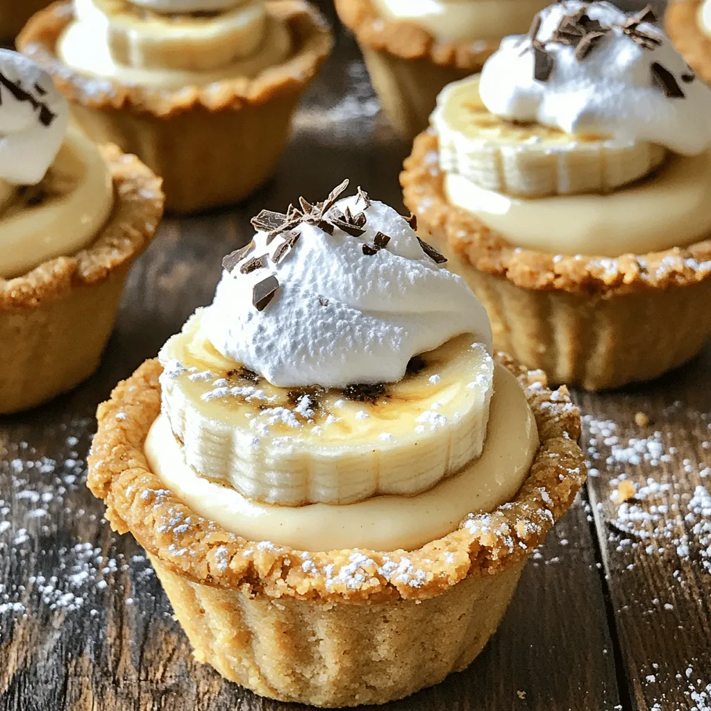 Um diese Mini Banana Cream Pies zu machen, brauche ich einige einfache Zutaten. Zuerst zerbrösele ich die Kekse in eine Schüssel und mische sie mit geschmolzener Butter. Diese Mischung ist der Boden für meine kleinen Törtchen. Ich forme kleine Böden in Muffinförmchen und backe sie, bis sie goldbraun sind.