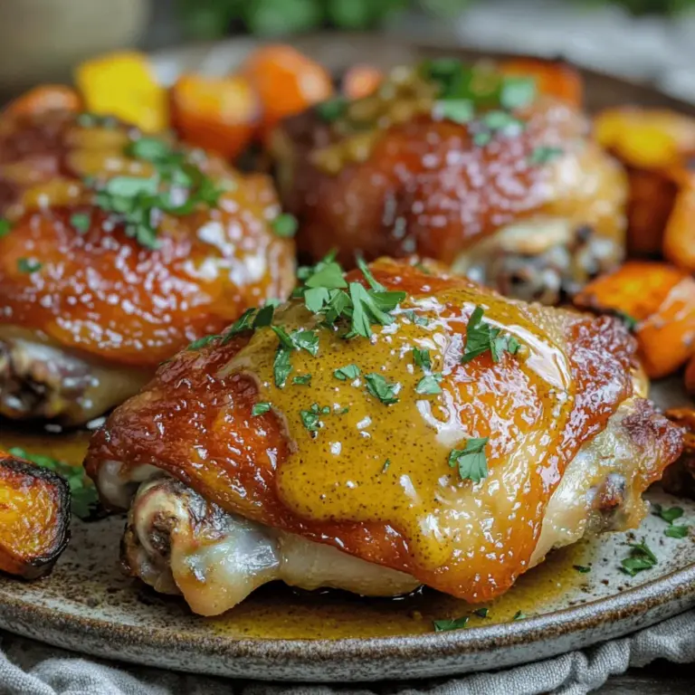 Für dieses Rezept brauche ich: - 4 Hähnchenschenkel mit Knochen und Haut - 60 ml Honig - 60 ml Dijon-Senf - 2 Esslöffel Olivenöl - 2 Knoblauchzehen, fein gehackt - 1 Teelöffel getrockneter Thymian - 1 Teelöffel Paprika - Salz und Pfeffer nach Geschmack - Frische Petersilie, gehackt (zum Garnieren) Diese Zutaten sind einfach zu finden und sorgen für viel Geschmack. Ich empfehle, diese Küchenutensilien zu nutzen: - Eine große Schüssel für die Marinade - Ein Backblech oder eine Auflaufform - Ein Pinsel zum Bestreichen des Hähnchens - Frischhaltefolie oder ein wiederverschließbarer Beutel Zusätzlich kann man mit Gewürzen wie Rosmarin oder Knoblauchpulver experimentieren, um den Geschmack zu variieren. Falls du etwas nicht zur Hand hast, gibt es Alternativen: - Anstelle von Dijon-Senf, nutze normalen Senf oder Honigsenf. - Wenn du keinen frischen Knoblauch hast, kannst du Knoblauchpulver verwenden. - Verwende frische Kräuter wie Thymian oder Oregano anstelle von getrockneten Kräutern. Mit diesen Anpassungen bleibt das Rezept lecker und einfach. Du kannst die Zutaten nach deinem Geschmack ändern, um deine eigene Note hinzuzufügen. Vergiss nicht, auch die [Full Recipe] zu prüfen. Um perfekte Honig-Senf Hähnchenschenkel zuzubereiten, heize zuerst deinen Ofen auf 200°C vor. Dies sorgt dafür, dass das Hähnchen gleichmäßig gart und die Haut knusprig wird. Während der Ofen aufheizt, kannst du die Marinade vorbereiten. Nimm eine Schüssel und gib 60 ml Honig, 60 ml Dijon-Senf und 2 Esslöffel Olivenöl hinein. Füge 2 fein gehackte Knoblauchzehen, 1 Teelöffel getrockneten Thymian und 1 Teelöffel Paprika hinzu. Würze die Mischung mit Salz und Pfeffer nach Geschmack. Rühre alles gut um, bis die Marinade schön glatt ist. Jetzt ist es Zeit, die Hähnchenschenkel zu marinieren. Lege 4 Hähnchenschenkel in einen großen, wiederverschließbaren Beutel oder eine Schüssel. Gieße die Marinade gleichmäßig über die Hähnchenschenkel. Achte darauf, dass sie rundum gut bedeckt sind. Verschließe den Beutel oder decke die Schüssel ab. Lass die Hähnchen mindestens 30 Minuten im Kühlschrank ziehen. Für intensivere Aromen kannst du sie auch über Nacht marinieren. So nehmen sie die köstlichen Aromen besser auf. Nimm die Hähnchenschenkel aus der Marinade und lege sie mit der Hautseite nach oben in eine Backform. Bewahre die restliche Marinade auf, denn die kommt später zum Einsatz. Backe die Hähnchenschenkel im vorgeheizten Ofen für 35-40 Minuten. Achte darauf, dass das Hähnchen eine Innentemperatur von 75°C erreicht. Um den Geschmack zu intensivieren, bestreiche die Hähnchenhälften nach der Hälfte der Backzeit mit der restlichen Marinade. Dies sorgt für zusätzlichen Geschmack und Feuchtigkeit. Für eine knusprige Haut, schalte den Ofen in den letzten 5 Minuten auf die Grillfunktion. Pass gut auf, damit das Hähnchen nicht verbrennt. Wenn das Hähnchen fertig ist, nimm es aus dem Ofen und lass es 5 Minuten ruhen. Serviere es mit frisch gehackter Petersilie. Für die vollständige Zubereitung und weitere Details, schau dir das [Full Recipe] an. Die perfekte Garzeit für Hähnchenschenkel liegt bei 35 bis 40 Minuten. Du solltest die Hähnchenschenkel bei 200°C im Ofen backen. Achte darauf, dass die Innentemperatur 75°C erreicht. Ein Fleischthermometer hilft dir dabei. So bleibt das Hähnchen saftig und lecker. Um die Haut schön knusprig zu machen, stelle den Ofen in den letzten 5 Minuten auf Grillfunktion. Das gibt der Haut einen tollen Crunch. Achte aber darauf, das Hähnchen im Auge zu behalten. Es kann schnell verbrennen. Eine gute Technik ist, die Hähnchenschenkel während der Grillfunktion einmal zu wenden. Plane deine Zubereitung gut. Du kannst die Marinade am Abend vorher machen. So ziehen die Aromen über Nacht ein. Am nächsten Tag brauchst du nur noch das Hähnchen in den Ofen zu schieben. Das spart Zeit und macht das Kochen stressfreier. Wenn du alles gut vorbereitet hast, wird das Kochen zum Vergnügen. Schau dir auch das Full Recipe für weitere Details an. {{image_4}} Wenn Sie die Hähnchenschenkel nicht im Ofen zubereiten möchten, können Sie sie auch in der Pfanne braten. Erhitzen Sie etwas Olivenöl in einer großen Pfanne. Legen Sie die marinierten Hähnchenschenkel mit der Hautseite nach unten hinein. Braten Sie sie bei mittlerer Hitze etwa 7-8 Minuten, bis die Haut schön knusprig ist. Wenden Sie die Stücke und braten Sie sie auf der anderen Seite für weitere 7-8 Minuten. Fügen Sie am Ende die restliche Marinade hinzu und lassen Sie sie kurz aufkochen. So erhalten Sie ein saftiges Hähnchen mit viel Geschmack. Für eine vegetarische Variante können Sie Tofu oder Gemüse verwenden. Marinieren Sie festen Tofu in der gleichen Honig-Senf-Mischung. Braten Sie den Tofu dann in der Pfanne bis er goldbraun ist. Für eine Gemüseversion können Sie Karotten, Zucchini und Paprika verwenden. Schneiden Sie das Gemüse in Stücke, marinieren Sie es und grillen Sie es im Ofen oder auf dem Grill. So genießen Sie den gleichen tollen Geschmack ohne Fleisch. Um den Geschmack Ihrer Honig-Senf Hähnchenschenkel noch interessanter zu machen, experimentieren Sie mit weiteren Aromen. Fügen Sie etwas Sojasauce für eine salzige Note hinzu. Ein Spritzer Limettensaft kann Frische bringen. Experimentieren Sie auch mit frischen Kräutern wie Rosmarin oder Basilikum. Diese kleinen Anpassungen können Ihr Gericht auf ein neues Level heben und für mehr Abwechslung sorgen. Um die Resten von Honig-Senf Hähnchenschenkeln gut zu lagern, empfehle ich, sie in luftdichte Behälter zu geben. Achten Sie darauf, dass das Hähnchen vollständig abgekühlt ist, bevor Sie es einlagern. So vermeiden Sie, dass sich Feuchtigkeit bildet. Reste halten sich im Kühlschrank bis zu drei Tage. Das Aufwärmen von Honig-Senf Hähnchen ist einfach. Sie können es im Ofen bei 175°C (350°F) für etwa 20 Minuten aufwärmen. Dies sorgt dafür, dass das Hähnchen gleichmäßig warm wird. Alternativ können Sie die Mikrowelle benutzen, aber achten Sie darauf, es nicht zu lange zu erhitzen. So bleibt das Hähnchen saftig und zart. Im Kühlschrank bleibt Ihr Honig-Senf Hähnchen bis zu drei Tage frisch. Wenn Sie die Hähnchenschenkel länger aufbewahren möchten, können Sie sie einfrieren. Im Gefrierfach halten sie bis zu drei Monate. Wickeln Sie das Hähnchen gut ein, um Gefrierbrand zu vermeiden. Zum Auftauen, legen Sie es einfach über Nacht in den Kühlschrank. Die Hähnchenschenkel sollten 35-40 Minuten im Ofen backen. Achte darauf, dass die Innentemperatur 75°C erreicht. So wird das Hähnchen zart und saftig. Nach der Hälfte der Zeit kannst du sie mit der restlichen Marinade bestreichen. Das gibt zusätzlichen Geschmack. Ja, du kannst die Marinade im Voraus machen. Bereite sie einfach einen Tag vorher zu. Lass sie dann im Kühlschrank ruhen. So ziehen die Aromen besser ein. Wenn du die Hähnchenhälften marinierst, wirst du den vollen Geschmack genießen. Zu Honig-Senf Hähnchenschenkeln passen viele Beilagen. Ich empfehle geröstetes Gemüse oder einen frischen grünen Salat. Auch Kartoffeln sind eine gute Wahl. Sie bringen eine schöne Balance zu dem süßen und herzhaften Geschmack des Hähnchens. Du kannst die Beilagen einfach zubereiten und sie gut kombinieren. Honig-Senf Hähnchenschenkel sind einfach zuzubereiten und lecker. Wir haben die Zutaten besprochen, die Schritte zur perfekten Zubereitung erläutert und hilfreiche Tipps gegeben. Variationen und Aufbewahrung sind ebenfalls wichtig. Du kannst die Rezepte anpassen oder mit neuen Aromen experimentieren. Denke immer daran, die Garzeit gut zu beobachten. Mit diesen Tipps wird dein Gericht großartig. Hole dir deine Familie und Freunde zum Essen. Genießen wird einfach sein!