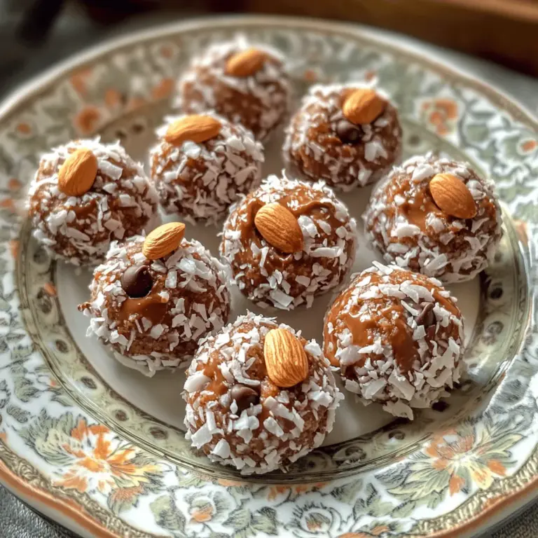 Für die Almond Joy Energiebissen benötigst du folgende Zutaten: - 1 Tasse Haferflocken (gerollt) - 1/2 Tasse ungesüßete Kokosraspeln - 1/2 Tasse Mandelbutter - 1/4 Tasse Honig oder Ahornsirup - 1/4 Tasse Zartbitter-Schokoladenstückchen (bei Bedarf milchfrei) - 1/4 Tasse ganze Mandeln - 1 Teelöffel Vanilleextrakt - 1/4 Teelöffel Meersalz Diese Zutaten sind einfach zu finden. Sie geben den Bissen den vollen Geschmack und die nötige Energie. Jede Portion hat viel Geschmack und Energie. Diese Bissen sind reich an Ballaststoffen und gesunden Fetten. Sie sind ideal für einen schnellen Snack. Hier sind einige wichtige Nährwerte pro Portion: - Kalorien: etwa 140 - Protein: 4 g - Kohlenhydrate: 15 g - Fett: 8 g - Zucker: 5 g (natürlich aus Honig und Schokolade) Diese Nährwerte zeigen, dass du mit diesen Bissen gut versorgt bist. Die Wahl der richtigen Zutaten macht einen großen Unterschied. Achte darauf, frische Mandeln und hochwertige Schokolade zu verwenden. Ungesüßte Kokosraspeln geben dir einen leckeren Geschmack, ohne zusätzlichen Zucker. Mandelbutter sollte rein sein und keine Zusatzstoffe enthalten. Diese Qualität sorgt für den besten Geschmack in deinen Energiebissen. Wenn du mehr über das Rezept erfahren möchtest, schau dir das [Full Recipe] an. Um die Almond Joy Energiebissen zu machen, brauchst du ein paar Dinge. Du solltest eine große Rührschüssel und eine separate Schüssel haben. Stelle auch einen Löffel oder einen Schneebesen bereit. Das macht das Mischen einfacher. Lege ein Backblech mit Backpapier aus. Das hilft beim Kühlen der Bällchen. 1. In der großen Rührschüssel vermischst du die Haferflocken und die Kokosraspeln. Rühre gut um, damit alles gleichmäßig verteilt ist. 2. In der separaten Schüssel gibst du die Mandelbutter, den Honig oder Ahornsirup, den Vanilleextrakt und das Meersalz. Vermische alles mit einem Löffel oder einem Schneebesen, bis es eine glatte Paste ist. 3. Jetzt gießt du die Mandelbuttermischung über die Hafer- und Kokosmischung. Rühre gut um, damit alle Zutaten zusammenkommen. 4. Füge die Zartbitter-Schokoladenstückchen und die ganzen Mandeln hinzu. Rühre vorsichtig, damit die Schokoladenstückchen nicht zerbrechen. 5. Stelle die Mischung für 15-20 Minuten in den Kühlschrank. Das hilft, die Mischung fester zu machen. 6. Nach dem Kühlen nimmst du einen Esslöffel und portionierst die Mischung. Forme kleine Bälle aus jeder Portion. 7. Lege die Bällchen auf das Backblech und stelle sie für 30 Minuten in den Kühlschrank. Das macht sie schön fest. Wenn du die Bällchen formst, benutze leicht feuchte Hände. Das hilft, dass die Mischung nicht kleben bleibt. Du kannst auch eine kleine Menge Kokosraspeln auf einen Teller legen. Rolle die Bällchen darin, um einen zusätzlichen Geschmack zu bekommen. Achte darauf, die Bällchen nicht zu groß zu machen; sie sollten einen Biss haben. Diese Energiebissen sind eine tolle, gesunde Snack-Option! Einer der häufigsten Fehler ist die falsche Mischung der Zutaten. Wenn du die Mandelbutter und die Süße nicht gut vermischst, wird die Textur nicht gut. Achte darauf, dass alles gleichmäßig ist. Ein weiterer Fehler ist, die Mischung nicht genug zu kühlen. Wenn sie zu warm ist, formen sich die Bällchen schwer. Kühle sie immer ausreichend, damit sie fest werden. Vielleicht magst du es nicht zu süß. Du kannst die Menge an Honig oder Ahornsirup leicht reduzieren. Probiere es aus! Du kannst auch andere Süßstoffe verwenden, wie Datteln oder Agavendicksaft. Achte darauf, dass du die Konsistenz anpasst. Wenn du weniger Flüssigkeit nimmst, kann es trockener werden. Die Kühlzeit ist wichtig für die Form der Bällchen. Ich empfehle, die Mischung zuerst 15-20 Minuten zu kühlen. Danach forme die Bällchen und kühl sie noch einmal für 30 Minuten. Das gibt den Bällchen die richtige Festigkeit. Du kannst sie auch über Nacht kühlen, um die Aromen zu intensivieren. Wenn du die Bällchen länger kühlst, sind sie noch besser. Für das komplette Rezept schau dir die [Full Recipe] an. {{image_4}} Um deine Almond Joy Energiebissen noch besser zu machen, kannst du zusätzliche Zutaten hinzufügen. Probiere zum Beispiel: - Getrocknete Früchte: Füge Rosinen oder Cranberries für eine fruchtige Note hinzu. - Nüsse: Walnüsse oder Pekannüsse bringen einen neuen Crunch. - Gewürze: Eine Prise Zimt oder Muskatnuss kann den Geschmack vertiefen. Diese Varianten machen die Bissen interessant und lecker. Wenn du eine glutenfreie oder vegane Diät einhältst, ist das kein Problem! Nutze einfach: - Glutenfreie Haferflocken: Stelle sicher, dass sie als glutenfrei gekennzeichnet sind. - Vegane Süßungsmittel: Ersetze Honig durch Ahornsirup oder Agavendicksaft. - Vegane Schokolade: Wähle dunkle Schokolade ohne Milchbestandteile. Diese Anpassungen sorgen dafür, dass alle genießen können. Um deine Bissen noch ansprechender zu machen, denke an verschiedene Toppings. Hier sind einige Ideen: - Kakaopulver: Bestäube die Bissen leicht für einen schokoladigen Kick. - Kokosraspeln: Streue sie oben drauf für mehr Textur. - Nüsse: Zerhackte Mandeln oder Haselnüsse verleihen den Bissen das gewisse Etwas. Mit diesen einfachen Änderungen wird dein Snack zum Hingucker! Um die Almond Joy Energiebissen frisch zu halten, bewahre sie in einem luftdichten Behälter auf. Du kannst sie im Kühlschrank oder Gefrierschrank lagern. Achte darauf, dass der Behälter gut verschlossen ist. So bleiben die Bissen lange lecker und knackig. Im Kühlschrank halten die Energiebissen etwa eine Woche. Wenn du sie länger aufbewahren möchtest, friere sie ein. So bleiben sie bis zu drei Monate frisch. Vergiss nicht, die Bissen in Portionen zu verpacken. So hast du immer einen schnellen Snack bereit. Um die Bissen schnell zu genießen, lege sie in kleine Beutel. So kannst du dir einfach einen Beutel herausnehmen. Ein weiterer guter Tipp ist, die Bissen auf der obersten Ablage im Kühlschrank zu platzieren. So sind sie leicht zu finden, wenn der kleine Hunger kommt. Die Energiebissen sind bis zu einer Woche im Kühlschrank haltbar. Bewahre sie in einem luftdichten Behälter auf. Wenn du sie einfrierst, bleiben sie bis zu drei Monate frisch. Das macht sie zum perfekten Snack für die ganze Woche. Ja, du kannst andere Nüsse verwenden. Cashews oder Walnüsse sind tolle Alternativen. Diese Nüsse geben dem Snack einen anderen Geschmack. Achte darauf, die Nüsse grob zu hacken, damit sie gut in die Mischung passen. Ja, diese Energiebissen sind sehr kinderfreundlich. Sie sind süß und nahrhaft. Du kannst die Schokoladenstückchen anpassen, um den Geschmack zu ändern. Kinder lieben diesen gesunden Snack. Es ist eine tolle Möglichkeit, ihnen gesunde Zutaten zu geben. In diesem Blogbeitrag haben wir die wichtigsten Zutaten für Energiebissen besprochen. Du hast gelernt, wie du hochwertige Zutaten auswählst und die Nährwerte berücksichtigst. Mit der Schritt-für-Schritt-Anleitung kannst du einfach loslegen. Wir haben häufige Fehler behandelt und dir Tipps für Anpassungen gegeben. Zudem gibt es Varianten für jeden Geschmack und Informationen zur Lagerung. Denke daran, dass diese Bissen gesund und lecker sind. Experimentiere und finde deine perfekte Mischung. So bleibt das Kochen spannend!