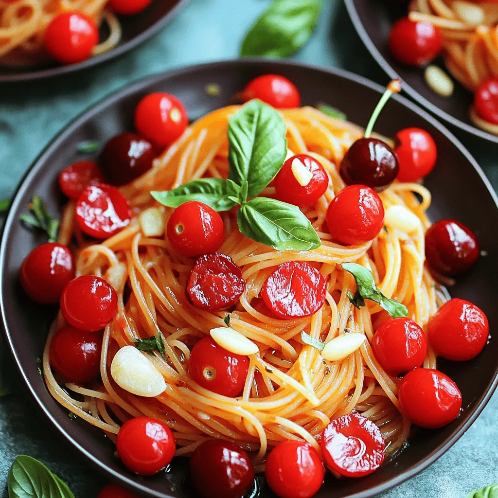 Um Sommerliche Kirsch-Spaghetti zuzubereiten, brauchst du frische Zutaten. Zuerst benötigst du 300 g Spaghetti. Du brauchst auch 200 g frische Kirschen, die entsteint und halbiert sind. Zusätzlich sind 100 g Cherry-Tomaten, zwei Knoblauchzehen, Olivenöl, Honig, Salz, Pfeffer und Parmesan wichtig. Frisches Basilikum bringt das Gericht zum Leuchten.