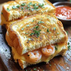 - 4 Scheiben dickes Sauerteigbrot - 200g große Garnelen, geschält und entdarmt - 100g geriebener Mozzarella-Käse - 50g geriebener Parmesan-Käse