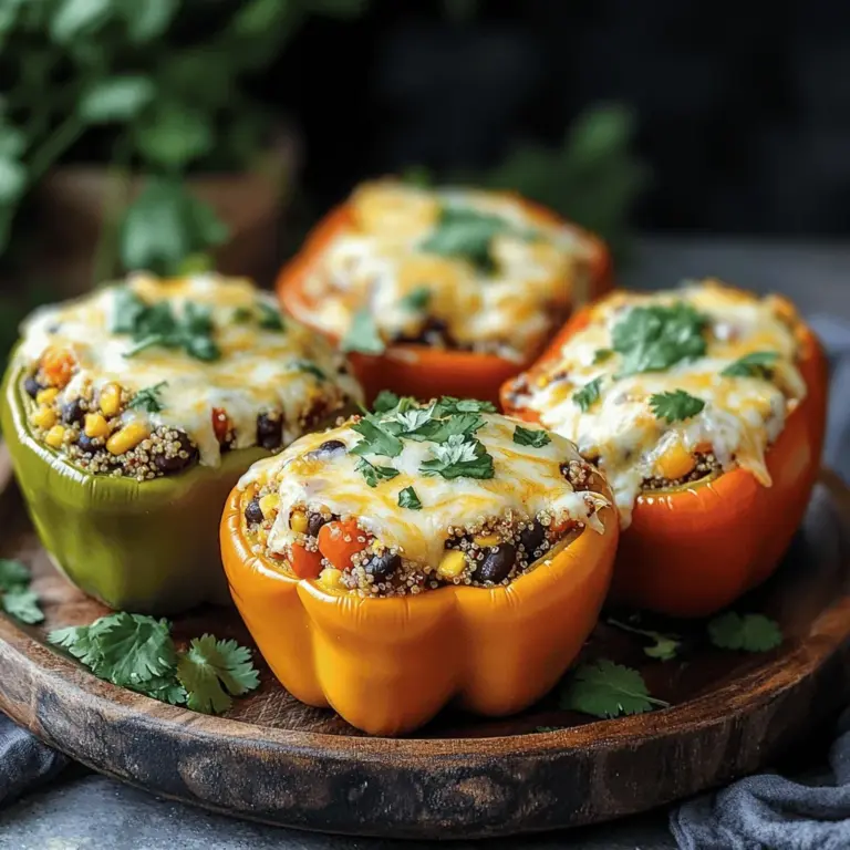 Um die besten vegetarischen gefüllten Paprika zu machen, benötigen Sie: - 4 große Paprika (jede Farbe nach Wahl) - 1 Tasse Quinoa, gut gewaschen - 2 Tassen Gemüsebrühe - 1 Dose (15 oz) schwarze Bohnen, abgetropft und gespült - 1 Tasse Mais (frisch oder gefroren) - 1 Tasse gewürfelte Tomaten (aus der Dose oder frisch) - 1 kleine rote Zwiebel, fein gehackt - 2 Knoblauchzehen, gehackt - 1 Teelöffel Kreuzkümmel - 1 Teelöffel geräucherte Paprika - 1/2 Teelöffel Chilipulver - Salz und Pfeffer nach Geschmack - 1 Tasse geriebener Käse (Cheddar oder nach Wahl) Diese Zutaten sind die Basis für eine nahrhafte Füllung. Quinoa bringt eine gute Textur und viel Protein. Die Bohnen liefern Ballaststoffe. Sie können die Füllung Ihrer Paprika nach Belieben anpassen. Hier sind einige Optionen: - Zucchini oder Aubergine - Paprika in verschiedenen Farben - Karotten, klein gewürfelt - Oliven für einen salzigen Kick - Chili oder frische Kräuter wie Basilikum oder Thymian Diese Zutaten fügen mehr Geschmack und Nährstoffe hinzu. Experimentieren Sie mit verschiedenen Gewürzen, um Ihre Paprika einzigartig zu machen. Der Käse ist der krönende Abschluss. Hier sind einige Käsevariationen für Ihre gefüllten Paprika: - Feta für einen salzigen Geschmack - Mozzarella für eine cremige Konsistenz - Veganer Käse, wenn Sie auf Milchprodukte verzichten Garnieren Sie die fertigen Paprika mit frischem Koriander oder Petersilie. Ein Klecks Sauerrahm oder Avocadoscheiben kann ebenfalls einen tollen Geschmack hinzufügen. Diese Details heben Ihre gefüllten Paprika hervor und machen sie noch ansprechender. Für die vollständige Anleitung und Zubereitung, schauen Sie sich das [Full Recipe] an. Zuerst bereiten Sie die Paprika vor. Nehmen Sie vier große Paprika in Ihrer Lieblingsfarbe. Schneiden Sie die Oberseiten ab und entfernen Sie die Kerne. Stellen Sie die Paprika beiseite. So können sie später gefüllt werden. Jetzt kochen wir die Quinoa. Bringen Sie zwei Tassen Gemüsebrühe in einem mittelgroßen Topf zum Kochen. Fügen Sie eine Tasse gut gewaschene Quinoa hinzu. Decken Sie den Topf ab und reduzieren Sie die Hitze. Kochen Sie die Quinoa für etwa 15 Minuten. Sie ist fertig, wenn sie fluffig ist und die Brühe aufgesogen hat. In einer großen Schüssel mischen Sie die gekochte Quinoa mit weiteren Zutaten. Fügen Sie eine Dose schwarze Bohnen hinzu, die Sie vorher abgetropft und gespült haben. Geben Sie auch eine Tasse Mais, gewürfelte Tomaten, eine fein gehackte rote Zwiebel und zwei gehackte Knoblauchzehen dazu. Schmecken Sie alles mit Kreuzkümmel, geräucherter Paprika, Chilipulver, Salz und Pfeffer ab. Mischen Sie gut. Jetzt füllen Sie jede Paprika mit dieser Mischung. Drücken Sie die Füllung leicht an, damit die Paprika gut gefüllt sind. Stellen Sie die gefüllten Paprika dann aufrecht in eine Backform. Heizen Sie den Ofen auf 190°C vor. Decken Sie die Backform mit Aluminiumfolie ab und backen Sie die Paprika für 25 Minuten. Entfernen Sie dann die Folie. Streuen Sie eine Tasse geriebenen Käse gleichmäßig über jede Paprika. Backen Sie sie für 10 bis 15 Minuten, bis der Käse sprudelt und goldbraun ist. Lassen Sie die gefüllten Paprika nach dem Backen einige Minuten abkühlen. Servieren Sie sie dann auf einem bunten Tablett. Garnieren Sie mit frischem Koriander oder Petersilie. Ein Klecks Sauerrahm oder Avocadoscheiben obenauf macht das Gericht noch besser. Für das komplette Rezept, schauen Sie sich die Full Recipe an. Wählen Sie helle und feste Paprika. Achten Sie auf die Farbe. Rote, gelbe und grüne Paprika bieten verschiedene Geschmäcker. Die Paprika sollte keine Flecken oder Druckstellen haben. Diese Zeichen deuten auf Schäden hin. Verwenden Sie große Paprika für mehr Füllung. Sie bieten auch mehr Platz für die leckere Quinoa-Mischung. Um Quinoa perfekt zu kochen, spülen Sie sie zuerst gründlich ab. Dies entfernt Bitterstoffe. Nutzen Sie das Verhältnis von 1 Tasse Quinoa zu 2 Tassen Gemüsebrühe. Kochen Sie die Brühe auf und fügen Sie dann die Quinoa hinzu. Decken Sie den Topf ab und lassen Sie die Quinoa 15 Minuten bei niedriger Hitze köcheln. Prüfen Sie, ob die Quinoa locker und fluffig ist. Sie sollte die gesamte Brühe aufnehmen. Passen Sie die Gewürze nach Ihrem Geschmack an. Verwenden Sie mehr Kreuzkümmel für einen erdigeren Geschmack. Geröstete Paprika gibt einen rauchigen Akzent. Experimentieren Sie mit frischen Kräutern wie Basilikum oder Oregano. Fügen Sie zusätzliches Gemüse wie Zucchini oder Pilze hinzu, um die Füllung zu bereichern. Diese Anpassungen machen die gefüllten Paprika noch interessanter. Entdecken Sie neue Geschmäcker und machen Sie das Gericht einzigartig! {{image_4}} Wenn du eine vegane Version der gefüllten Paprika möchtest, ersetze den Käse durch pflanzliche Alternativen. Du kannst zum Beispiel Cashew-Creme oder Hefeflocken verwenden. Diese Optionen geben einen tollen, käsigen Geschmack ohne tierische Produkte. So bleibt dein Gericht lecker und nahrhaft. Um mehr Protein in deine gefüllten Paprika zu bringen, füge Tofu oder Tempeh hinzu. Schneide diese in kleine Stücke und brate sie kurz an, bevor du sie zur Füllung gibst. Auch Kichererbsen sind eine großartige Wahl. Diese Ergänzungen machen das Gericht herzhaft und sättigend. Du kannst mit verschiedenen Füllungen kreativ werden! Versuche, Spinat, Zucchini oder Pilze hinzuzufügen. Auch Reis, Linsen oder andere Bohnen sind tolle Optionen. Mische deine Lieblingsgewürze für mehr Geschmack. So kannst du immer wieder neue Variationen der gefüllten Paprika genießen. Für die komplette Anleitung schau dir das Rezept [Full Recipe] an. Um gefüllte Paprika frisch zu halten, lasse sie zuerst abkühlen. Danach lege sie in einen luftdichten Behälter. So vermeidest du, dass sie austrocknen. Du kannst sie bis zu fünf Tage im Kühlschrank aufbewahren. Achte darauf, die Paprika nicht zu stapeln, damit sie nicht zerdrückt werden. Das Einfrieren ist eine tolle Option für gefüllte Paprika. Du kannst sie einfach in einem gefrierfesten Behälter oder einem Gefrierbeutel aufbewahren. Achte darauf, viel Luft herauszupressen. So bleiben sie bis zu drei Monate frisch. Wenn du sie einfrierst, empfehle ich, sie vor dem Backen zu füllen. So hast du immer eine schnelle Mahlzeit bereit. Um gefüllte Paprika aufzuwärmen, lege sie in eine Auflaufform. Füge etwas Gemüsebrühe hinzu, um sie feucht zu halten. Decke die Form mit Aluminiumfolie ab, damit sie nicht austrocknen. Heize den Ofen auf 180°C vor. Backe sie für 20 Minuten oder bis sie durchgewärmt sind. So schmecken sie fast wie frisch zubereitet. Für mehr Details, schau dir das [Full Recipe] an. Anstelle von Quinoa kann man auch Reis verwenden. Brauner Reis oder Jasminreis sind gute Optionen. Couscous ist auch beliebt und kocht schnell. Wenn Sie eine glutenfreie Wahl wünschen, probieren Sie Hirse oder Buchweizen. Diese Alternativen bieten verschiedene Texturen und Geschmäcker. So bleibt Ihr Gericht interessant und abwechslungsreich. Gefüllte Paprika können im Kühlschrank bis zu fünf Tage halten. Stellen Sie sicher, dass sie in einem luftdichten Behälter sind. Bei richtiger Lagerung bleibt der Geschmack frisch. Wenn Sie sie länger aufbewahren möchten, frieren Sie sie ein. Gefrorene gefüllte Paprika halten bis zu drei Monate. Ja, Sie können gefüllte Paprika im Voraus zubereiten. Bereiten Sie die Füllung und die Paprika am Tag zuvor vor. Füllen Sie die Paprika und lagern Sie sie im Kühlschrank. Vor dem Backen nehmen Sie sie einfach heraus. So sparen Sie Zeit an einem stressigen Tag. Diese Methode macht das Kochen einfach und stressfrei. Für detaillierte Anleitungen und Tipps zur Zubereitung, schauen Sie sich das [Full Recipe] an. Gefüllte Paprika sind einfach zuzubereiten und sehr vielseitig. Wir haben die Hauptzutaten und Optionen erkundet, um das Gericht lecker zu machen. Die Schritt-für-Schritt-Anleitung zeigt, wie man die Paprika vorbereitet und gart. Außerdem gibt es Tipps, um die besten Paprika auszuwählen und die Füllungen anzupassen. Experimentieren Sie mit verschiedenen Füllungen und lagern Sie Reste richtig. Es lohnt sich, Neues auszuprobieren und die ganze Familie zu begeistern. Guten Appetit!