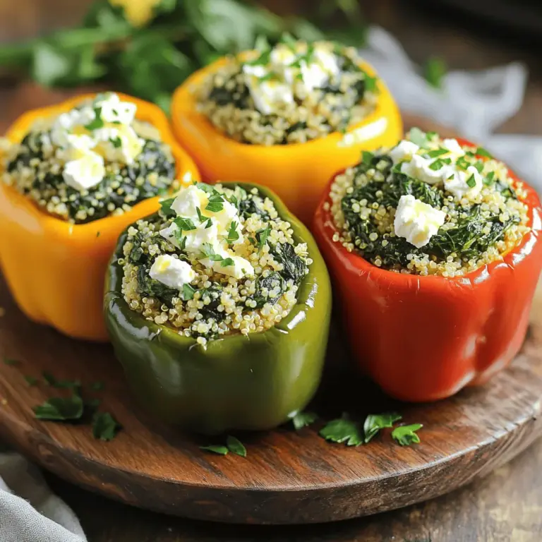 - 4 große Paprika (jede Farbe nach Wahl) - 2 Tassen frischer Spinat, grob gehackt - 1 Tasse zerbröckelter Feta-Käse - 1 Tasse gekochte Quinoa (oder Reis) - 1 kleine Zwiebel, fein gehackt - 2 Knoblauchzehen, gehackt - 1 Teelöffel Olivenöl - 1 Teelöffel getrockneter Oregano - 1 Teelöffel Zitronensaft - Salz und Pfeffer nach Geschmack - Frische Petersilie oder Dill, zum Garnieren Um dieses Gericht lecker zuzubereiten, benötigen wir frische Zutaten. Die Paprika sind die perfekte Schale für die Füllung. Ich mag bunte Paprika, denn sie sehen schön auf dem Tisch aus. Frischer Spinat bringt Farbe und Nährstoffe. Der Feta-Käse macht die Füllung cremig und würzig. Quinoa oder Reis geben dem Gericht eine gute Basis. Die Zwiebel und der Knoblauch sorgen für einen tollen Geschmack. Olivenöl hilft, alles gut zu vermischen und gibt einen feinen Geschmack. Oregano und Zitronensaft fügen frische Noten hinzu. Eine Portion hat etwa 250 Kalorien. Es enthält 10 g Protein, 30 g Kohlenhydrate und 12 g Fett. Diese Werte können je nach verwendeten Zutaten variieren. Es ist ein nahrhaftes Gericht, das gut sättigt. Für Vegetarier ist dieses Rezept ideal. Wenn du eine vegane Version möchtest, ersetze den Feta durch pflanzlichen Käse. Du kannst auch mehr Gemüse wie Zucchini oder Auberginen hinzufügen, um die Füllung zu erweitern. Für glutenfreie Optionen kannst du Quinoa verwenden, die glutenfrei ist. Heize deinen Ofen auf 190°C (375°F) vor. Das ist wichtig, damit die Paprika gleichmäßig garen. Nimm dann 4 große Paprika. Schneide die Oberseiten ab und entferne die Kerne und Membranen. Stelle die Paprika aufrecht in eine Auflaufform. So bleibt die Füllung drin. Erhitze einen Teelöffel Olivenöl in einer Pfanne bei mittlerer Hitze. Füge eine fein gehackte kleine Zwiebel hinzu. Brate sie etwa 3-4 Minuten, bis sie glasig ist. Danach gib zwei gehackte Knoblauchzehen dazu. Brate sie eine weitere Minute, bis sie duften. Jetzt kommt der grob gehackte Spinat dazu. Koche ihn 2-3 Minuten, bis er zusammenfällt. In einer großen Schüssel mische die gekochte Quinoa, die Spinatmischung, den zerbröckelten Feta-Käse, einen Teelöffel getrockneten Oregano, einen Teelöffel Zitronensaft sowie Salz und Pfeffer nach Geschmack. Mische alles gut durch. Löffle die Füllung vorsichtig in die Paprika. Drücke sie sanft zusammen, damit alles gut passt. Decke die Auflaufform mit Aluminiumfolie ab. Backe die Paprika für 25 Minuten im Ofen. Danach entferne die Folie und backe sie für weitere 10-15 Minuten. So werden sie zart und leicht angebräunt. Lass die gefüllten Paprika kurz abkühlen, bevor du sie servierst. Du kannst sie mit frisch gehackter Petersilie oder Dill garnieren. Das sieht nicht nur toll aus, sondern schmeckt auch frisch! Für das vollständige Rezept, sieh dir die [Full Recipe] an. - Gewürze und Kräuter anpassen: Experimentieren Sie mit Gewürzen. Ein Hauch von Kreuzkümmel oder Paprika kann den Geschmack verbessern. Sie können auch frische Kräuter wie Basilikum oder Thymian verwenden. Diese bringen frische Noten in Ihr Gericht. - Weitere Käsesorten verwenden: Wenn Sie Feta nicht mögen, probieren Sie Ricotta oder Mozzarella. Diese Käsesorten schmelzen gut und bieten eine andere Textur. - Backzeit optimal gestalten: Achten Sie auf die Backzeit. Die Paprika sollten weich, aber nicht matschig sein. Decken Sie die Form mit Folie ab, damit sie gleichmäßig garen. Entfernen Sie die Folie in den letzten Minuten, um eine schöne Farbe zu bekommen. - Paprika richtig wählen: Wählen Sie große, feste Paprika. Diese haben mehr Platz für die Füllung. Bunte Paprika bringen auch Farbe und Geschmack auf den Teller. - Ansprechende Garnierungen: Garnieren Sie die gefüllten Paprika mit frischer Petersilie oder Dill. Dies sorgt für einen schönen Farbkontrast. Ein Spritzer Zitronensaft vor dem Servieren hebt den Geschmack. - Servierideen: Servieren Sie die Paprika auf einem großen Teller. Fügen Sie einen leichten Salat hinzu, um das Gericht abzurunden. So entsteht ein schönes, ausgewogenes Essen. {{image_4}} Eine vegane Version der Spinat-Feta gefüllten Paprika ist einfach. Du kannst Feta durch Tofu ersetzen. Zerkleinere den Tofu und würze ihn gut. Veganer Käse ist auch eine gute Wahl. Zusätzlich kannst du mehr Gemüse verwenden. Zucchini oder Pilze passen gut. Diese geben der Füllung mehr Geschmack und Textur. Du kannst auch eine Mischung aus verschiedenen Blattgemüsen ausprobieren. Die Füllungen sind sehr variabel. Du kannst Reis oder Couscous einbeziehen. Das macht die Füllung sättigender und gibt mehr Geschmack. Wenn du möchtest, füge Fleisch oder Hülsenfrüchte hinzu. Hackfleisch oder Linsen sind gute Optionen. Sie machen das Gericht nahrhafter und proteinreicher. Lass deiner Kreativität freien Lauf mit internationalen Einflüssen. Mediterrane Gewürze wie Kreuzkümmel oder Paprika geben einen tollen Geschmack. Mexikanische Varianten sind auch spannend. Verwende schwarze Bohnen, Mais und Chili. Das bringt eine ganz neue Note. Regionale Gewürze sind ebenfalls eine tolle Idee. Sie bringen den Geschmack der jeweiligen Region auf den Teller. Für mehr Details und eine vollständige Anleitung schau dir das [Full Recipe] an. Um die gefüllten Paprika frisch zu halten, lagere sie in einem luftdichten Behälter. Du kannst sie auch in Frischhaltefolie einwickeln. Stelle sicher, dass sie abgekühlt sind, bevor du sie in den Kühlschrank legst. Sie bleiben bis zu vier Tage frisch. Wenn du sie länger aufbewahren möchtest, friere sie ein. Verwende eine gefrierfreundliche Verpackung, um Gefrierbrand zu vermeiden. Es gibt verschiedene Wege, um die gefüllten Paprika wieder aufzuwärmen. Du kannst sie in der Mikrowelle für 2-3 Minuten erhitzen. Alternativ kannst du sie im Ofen bei 180°C (350°F) für 15-20 Minuten backen. Decke sie mit Alufolie ab, um Austrocknung zu vermeiden. Achte darauf, dass sie gut durchwärmt sind. Im Kühlschrank halten sich die gefüllten Paprika etwa vier Tage. Wenn sie unangenehm riechen oder sich die Farbe verändert, sind sie verdorben. Achte auch auf einen schleimigen Film auf der Oberfläche. Das sind klare Anzeichen, dass du sie besser entsorgen solltest. Die Zubereitung dauert etwa 15 Minuten. Die Backzeit beträgt 25 bis 35 Minuten. Insgesamt bist du in etwa 50 Minuten fertig. Du kannst die Paprika also schnell zubereiten und genießen. Ja, du kannst gefrorenen Spinat verwenden. Er spart Zeit, da er bereits gewaschen und gehackt ist. Beachte jedoch, dass gefrorener Spinat mehr Wasser enthält. Lass ihn gut abtropfen, bevor du ihn verwendest. So wird deine Füllung nicht zu nass. Ja, dieses Rezept ist gesund. Spinat ist reich an Vitaminen und Mineralstoffen. Feta-Käse liefert Protein und Kalzium. Quinoa ist eine gute Quelle für Ballaststoffe. Zusammen bieten sie viele Nährstoffe in einer Portion. Du kannst also ohne schlechtes Gewissen genießen. Ja, du kannst die Paprika im Voraus füllen. Bereite sie bis zu 24 Stunden vorher vor. Bewahre sie im Kühlschrank auf. Beim Backen musst du die Zeit eventuell um einige Minuten verlängern. So sparst du Zeit, wenn Gäste kommen oder du wenig Zeit hast. Zu gefüllten Paprika passen viele Beilagen. Ein frischer Salat ist eine gute Wahl. Du kannst auch Brot oder Reis servieren. Eine Joghurt- oder Knoblauchsauce ergänzt das Gericht perfekt. Diese Kombination macht dein Essen noch schmackhafter. In diesem Artikel haben wir die Zutaten und die Schritte zur Zubereitung gefüllter Paprika behandelt. Du hast gelernt, welche Zutaten notwendig sind und wie du das Gericht einfach zubereitest. Zudem hast du Tipps für Variationen und Aufbewahrung erhalten. Gefüllte Paprika sind nicht nur lecker, sondern auch gesund und anpassbar. Nutze die Ideen, um dein eigenes Rezept zu kreieren. Experimentiere mit verschiedenen Füllungen und genieße die Vielfalt. Jetzt liegt es an dir, in der Küche kreativ zu sein!