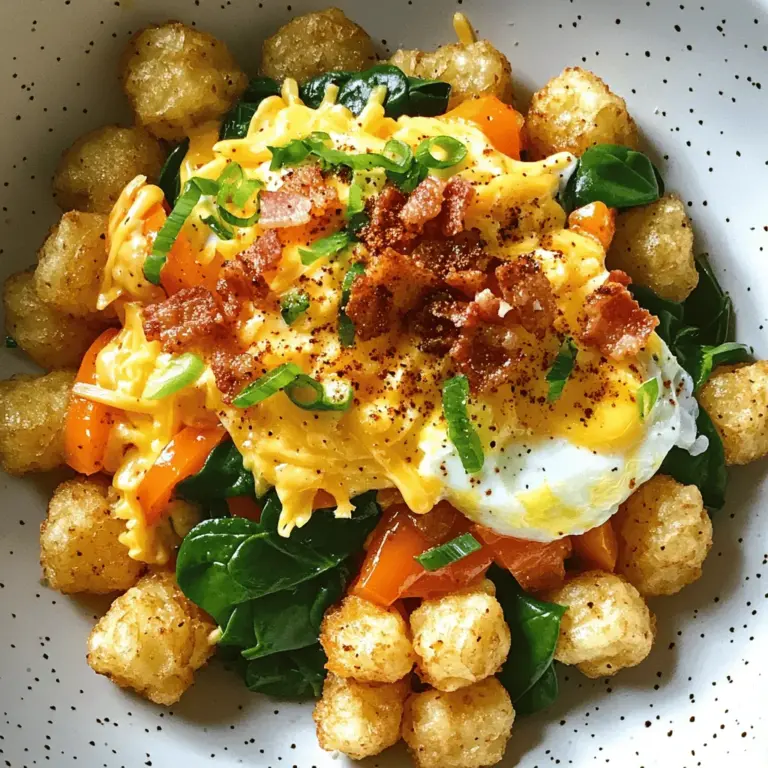 Um die Tater Tot Frühstücksbowl perfekt zu machen, benötigen Sie folgende Zutaten: - 500 g Tater Tots - 4 große Eier - 150 g Speck, gewürfelt - 1 kleiner Paprika, gewürfelt - 100 g Spinat, frisch - 100 g Cheddar-Käse, gerieben - 2 Esslöffel Olivenöl - Salz und Pfeffer nach Geschmack - 2 Frühlingszwiebeln, in Ringe geschnitten - Chili-Pulver (optional, für etwas Schärfe)