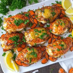 - 4 Lobster-Schwänze - 125 g ungesalzene Butter - 4 Knoblauchzehen, gehackt - 2 Esslöffel frischer Zitronensaft Lobster-Schwänze sind die Hauptzutat für dieses Gericht. Achten Sie darauf, frische Schwänze zu wählen. Ungesalzene Butter bringt den echten Geschmack des Lobsters hervor. Knoblauch und Zitrone geben dem Gericht einen tollen Duft und Geschmack. - 1 Esslöffel frische Petersilie, gehackt - 1 Teelöffel Paprika - Salz und Pfeffer nach Geschmack Die frische Petersilie sorgt für Farbe und Frische. Paprika gibt einen leichten Kick. Salz und Pfeffer helfen, die Aromen zu verstärken. Diese Gewürze sind einfach, aber sehr wirkungsvoll. - Zitronenschnitze - Beilagenideen Servieren Sie die Lobster-Schwänze mit Zitronenschnitzen. Die Zitrone bringt eine schöne Säure. Beilagen wie ein frischer Salat oder knuspriges Brot passen gut dazu. Für das vollständige Rezept schauen Sie sich bitte [Full Recipe] an. - Heize deinen Backofen auf 220°C (425°F) vor. - Nimm die Lobster-Schwänze und schneide vorsichtig die Schale auf. - Stoppe kurz vor dem Ende des Schwanzes. - Ziehe das Fleisch leicht heraus und lege es auf die Schale. - Schmelze die Butter in einem kleinen Kochtopf bei niedriger Hitze. - Füge den gehackten Knoblauch hinzu, sobald die Butter geschmolzen ist. - Brate den Knoblauch etwa 1 Minute lang an, bis er duftet. - Nimm den Topf vom Herd und rühre frischen Zitronensaft, Petersilie, Paprika, Salz und Pfeffer unter. - Lege die Schwänze auf ein Backblech. - Bestreiche das freiliegende Lobster-Fleisch großzügig mit der Knoblauchbutter. - Backe die Lobster-Schwänze 12-15 Minuten lang. - Das Fleisch sollte undurchsichtig sein und eine Innentemperatur von 60°C erreichen. - Während des Backens kannst du das Lobster erneut mit Knoblauchbutter bestreichen. Diese Schritte machen die Zubereitung von Knoblauchbutter-Lobster-Schwänzen einfach und schmackhaft. Für das vollständige Rezept, schau dir die [Full Recipe] an. - Frische vs. gefrorene Optionen: Frische Lobster-Schwänze sind oft besser im Geschmack. Du kannst sie in vielen Fischmärkten finden. Gefrorene Schwänze sind praktisch und gut, wenn frische nicht verfügbar sind. Achte darauf, sie richtig aufzutauen. Lege sie einfach über Nacht in den Kühlschrank. - Größe und Qualität checken: Wähle Schwänze, die schwer für ihre Größe sind. Gute Schwänze haben eine klare Schale und einen frischen Geruch. Vermeide schwache oder beschädigte Schalen. - Innentemperatur prüfen: Um sicherzustellen, dass dein Lobster perfekt ist, solltest du die Innentemperatur messen. Sie sollte 60°C betragen. Ein Fleischthermometer hilft dir dabei. - Textur und Farbe des Fleisches: Gekochtes Lobster sollte fest und nicht durchscheinend sein. Wenn das Fleisch eine undurchsichtige Farbe hat, ist es fertig. Achte auf eine schöne, glänzende Oberfläche. - Präsentationstipps: Serviere die Lobster-Schwänze auf einer weißen Platte. Das hebt die Farben gut hervor. Beträufle sie mit der restlichen Knoblauchbutter. Frische Petersilie und Zitronenschnitze machen das Gericht noch schöner. - Beilagen für ein komplettes Gericht: Du kannst dazu einen frischen Salat oder Knoblauchbrot servieren. Auch Reis oder Gemüse passen gut dazu. Diese Beilagen runden dein Dinner perfekt ab. Für die vollständige Anleitung, schau dir das [Full Recipe] an. {{image_4}} Um den Geschmack zu verbessern, können Sie Chili- oder Cayennepfeffer hinzufügen. Dies gibt dem Gericht eine angenehme Schärfe. Wenn Sie es milder mögen, verwenden Sie einfach eine kleine Menge. Auch frische Kräuter sind eine tolle Ergänzung. Probieren Sie Basilikum oder Thymian. Diese Kräuter bringen frische Noten in die Knoblauchbutter. Für eine Grillversion der Lobster-Schwänze heizen Sie den Grill auf mittlere Hitze vor. Schneiden Sie die Schwänze wie gewohnt auf. Bestreichen Sie das Fleisch mit Knoblauchbutter. Legen Sie die Schwänze auf den Grill. Grillen Sie sie für etwa 6-8 Minuten, bis das Fleisch gar ist. Achten Sie darauf, die Schwänze während des Grillens einmal zu wenden. So erhalten Sie ein gleichmäßiges Garen und einen schönen Grillgeschmack. Wenn Sie eine vegetarische Option möchten, gibt es tolle Alternativen. Verwenden Sie Zucchini oder Auberginen anstelle von Lobster. Diese Gemüsesorten schmecken gut mit Knoblauchbutter. Bereiten Sie sie ähnlich vor. Schneiden Sie sie auf und bestreichen Sie sie mit der Butter. Grillen oder backen Sie sie, bis sie zart sind. Diese Varianten sind perfekt für alle, die auf Meeresfrüchte verzichten möchten. Für das vollständige Rezept besuchen Sie die Seite [Full Recipe]. Um Lobster-Schwänze im Kühlschrank zu lagern, legen Sie sie in einen luftdichten Behälter. So bleiben sie frisch. Achten Sie darauf, die Reste innerhalb von zwei Tagen zu essen. Sie können die Reste auf verschiedene Arten verwenden. Zum Beispiel können Sie die Lobster-Stücke in Pasta oder Salate hinzufügen. Eine andere Idee ist, sie in einem Omelett zu verwenden. Das bringt neuen Geschmack und macht das Essen spannend. Wenn Sie die Lobster-Schwänze länger aufbewahren möchten, frieren Sie sie ein. Wickeln Sie die Schwänze zuerst in Plastikfolie. Danach legen Sie sie in einen Gefrierbeutel. So schützen Sie sie vor Frostschäden. Lobster-Schwänze halten sich im Gefrierfach bis zu drei Monate. Zum Auftauen legen Sie sie einfach über Nacht in den Kühlschrank. Alternativ können Sie sie in kaltem Wasser auftauen. Achten Sie darauf, sie schnell zu verwenden, um die Frische zu bewahren. Die beste Methode, um Lobster-Schwänze aufzuwärmen, ist im Ofen. Heizen Sie den Ofen auf 180°C vor. Legen Sie die Schwänze auf ein Backblech und decken Sie sie mit Aluminiumfolie ab. So bleiben sie saftig. Erwärmen Sie sie etwa 10 Minuten lang. Vermeiden Sie die Mikrowelle, da sie das Fleisch austrocknen kann. Wenn Sie die Schwänze aufwärmen, gießen Sie etwas frische Knoblauchbutter darüber. Das gibt ihnen wieder Geschmack und Feuchtigkeit. Frische Lobster-Schwänze haben eine lebendige Farbe und einen milden Geruch. Achte darauf, dass die Schale fest und glatt ist. Wenn die Schwänze klamm sind oder einen starken Geruch haben, kaufe sie nicht. Du kannst auch die Augen prüfen. Sie sollten klar und leuchtend sein, nicht trüb oder eingedrückt. Ja, gefrorene Lobster-Schwänze sind eine gute Option. Achte darauf, die Schwänze im Kühlschrank über Nacht aufzutauen. So bleibt das Fleisch zart. Verwende sie nicht direkt aus dem Gefrierfach, da sie sonst ungleichmäßig garen. Wenn du sie auftauen, lege sie in eine Schüssel mit kaltem Wasser für schnellere Ergebnisse. Zu Knoblauchbutter-Lobster-Schwänzen passen viele Beilagen. Beliebte Optionen sind: - Reis, um die Butter aufzusaugen - Gedünstetes Gemüse für Frische - Kartoffelpüree, das cremig und lecker ist - Ein einfacher grüner Salat für mehr Crunch Die Zubereitung der Knoblauchbutter-Lobster-Schwänze dauert etwa 10 Minuten. Das Kochen benötigt weitere 12-15 Minuten. So kannst du in weniger als 30 Minuten ein köstliches Gericht zaubern. Es ist einfach und schnell, perfekt für ein Abendessen unter der Woche oder besondere Anlässe. Zusammengefasst, Knoblauchbutter-Lobster-Schwänze sind einfach zuzubereiten und lecker. Detaillierte Hinweise zur Auswahl, Zubereitung und Aufbewahrung helfen Ihnen. Denken Sie daran, frische Zutaten zu wählen und mit Gewürzen zu experimentieren. Variationen wie gegrillte oder vegetarische Alternativen bereichern Ihr Gericht. Nutzen Sie die Tipps, um Reste geschickt zu verwenden. So genießen Sie dieses Gericht länger und besser. Probieren Sie es aus und beeindrucken Sie Ihre Gäste!