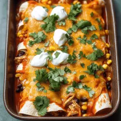 - 500 g gekochtes, zerrissenes Hühnchen - 240 ml rote Enchiladasoße - 240 g schwarze Bohnen, gespült und abgetropft - 240 g Mais (frisch oder aus der Dose) - 100 g geriebener Käse (Cheddar oder mexikanische Mischung) - 8 kleine Tortillas (Mais oder Weizen) - 1 Teelöffel Kreuzkümmel - 1 Teelöffel Knoblauchpulver - Salz und Pfeffer nach Geschmack - 120 g saure Sahne - Frischer Koriander zur Garnitur (optional) Ich finde, die Zutaten sind das Herz jeder Mahlzeit. Für diese einfachen Chicken Enchiladas brauchen wir frische und schmackhafte Komponenten. Zuerst verwenden wir 500 g gekochtes Hühnchen. Zerrissenes Hühnchen gibt den Enchiladas eine tolle Textur. Die rote Enchiladasoße sorgt für einen würzigen und reichen Geschmack. Wir fügen auch 240 g schwarze Bohnen hinzu. Diese Bohnen sind eine großartige Proteinquelle und machen das Gericht sättigender. Der 240 g frische oder aus der Dose Mais bringt eine süße Note. Für den Käseliebhaber sind 100 g geriebener Käse wichtig. Cheddar oder eine mexikanische Mischung funktioniert hier gut. Die Basis bilden 8 kleine Tortillas. Du kannst Mais- oder Weizentortillas wählen. Beide sind lecker. Jetzt kommen die Gewürze ins Spiel. Ein Teelöffel Kreuzkümmel und ein Teelöffel Knoblauchpulver bringen Aroma. Vergiss nicht, Salz und Pfeffer nach Geschmack hinzuzufügen. Für den perfekten Abschluss servieren wir die Enchiladas mit 120 g saurer Sahne. Ein bisschen frischer Koriander macht das Ganze bunt und frisch. Wenn du neugierig auf die Zubereitung bist, schau dir das Full Recipe an! - Heize deinen Ofen auf 190°C (375°F) vor. - In einer großen Schüssel vermische das zerrissene Hühnchen, schwarze Bohnen, Mais, 50 g Käse, Kreuzkümmel, Knoblauchpulver, Salz und Pfeffer gut. - Erwärme die Tortillas in einer trockenen Pfanne für etwa 30 Sekunden auf jeder Seite. So werden sie geschmeidig. - Fülle jede Tortilla mit 60 ml der Hühnchenmischung und rolle sie fest auf. - Verteile 120 ml der Enchiladasoße gleichmäßig auf dem Boden einer Auflaufform. Das verhindert das Ankleben. - Lege die gerollten Enchiladas mit der Nahtseite nach unten dicht nebeneinander in die Form. - Gieße die restliche Enchiladasoße über die Tortillas und streue den restlichen Käse gleichmäßig darüber. - Decke die Form mit Aluminiumfolie ab und backe die Enchiladas 20 Minuten lang. - Entferne die Folie und backe sie für weitere 10 Minuten, bis der Käse sprudelt und goldbraun ist. Um die perfekten Enchiladas zu machen, müssen Sie auf die Tortillas achten. Aufgerissene Tortillas ruinieren das Essen. Wärmen Sie sie vor dem Füllen in einer Pfanne. So werden sie weich und geschmeidig. Verwenden Sie frisch zubereitete Zutaten. Frisches Hühnchen und frische Bohnen machen einen großen Unterschied im Geschmack. Die Aromen sind lebendiger und intensiver. Das schmeckt man in jedem Bissen. Servieren Sie die Enchiladas mit Beilagen. Reis ist eine gute Wahl. Ein frischer Salat passt auch gut dazu. Sie können auch verschiedene Saucen oder Dips ausprobieren. Salsa oder Guacamole bringen extra Geschmack. Wenn Sie möchten, können Sie auch eine scharfe Sauce hinzufügen. So können Sie den Schärfegrad nach Ihrem Geschmack anpassen. Für die vollständige Rezeptanleitung können Sie die [Full Recipe] einsehen. {{image_4}} Für eine leckere vegetarische Variante können Sie Quinoa oder zusätzliche Bohnen verwenden. Quinoa bringt eine nussige Note und ist sehr gesund. Sie können auch schwarze Bohnen oder Kidneybohnen nehmen. Diese Zutaten machen die Enchiladas reichhaltig und sättigend. Wenn Sie Gemüse mögen, fügen Sie Zucchini oder Paprika hinzu. Diese schmecken frisch und machen das Gericht bunter. Wenn Sie es schärfer mögen, probieren Sie, Jalapeños oder scharfe Sauce hinzuzufügen. Das gibt den Enchiladas einen tollen Kick. Verschiedene Käsesorten wie Pepper Jack oder Gouda können die Geschmäcker noch vielfältiger machen. Diese Käse schmelzen gut und bringen einen tollen Geschmack. Sie können auch eine Mischung aus Käsesorten verwenden. Das macht die Textur und den Geschmack noch interessanter. Für die Familie und Kinder können Sie die Gewürzstärke anpassen. Verwenden Sie mildere Zutaten wie süße Paprika oder weniger Gewürze. So kommt der Geschmack gut zur Geltung, ohne zu scharf zu sein. Auch beim Käse können Sie auf mildere Sorten zurückgreifen. Lassen Sie die Kinder beim Füllen helfen, das macht Spaß! Diese einfachen Anpassungen machen das Gericht für jeden geeignet. Für eine vollständige Anleitung können Sie das [Full Recipe] nutzen. Wie lange sind die Enchiladas haltbar? Die Enchiladas sind im Kühlschrank bis zu vier Tage haltbar. Achten Sie darauf, sie in einem luftdichten Behälter zu lagern. So bleiben sie frisch und schmackhaft. Die beste Art, Enchiladas aufzubewahren. Legen Sie die Enchiladas in eine flache Auflaufform. Bedecken Sie sie mit Frischhaltefolie oder Aluminiumfolie. Wenn Sie die Enchiladas aufbewahren, vermeiden Sie, sie direkt in die Soße zu legen. So bleibt die Tortilla weich und lecker. Methodik zum Einfrieren der gekochten Enchiladas. Um die Enchiladas einzufrieren, lassen Sie sie zuerst vollständig abkühlen. Wickeln Sie jede Enchilada einzeln in Frischhaltefolie. Legen Sie sie dann in einen Gefrierbeutel oder eine gefrierfeste Box. So bleiben sie bis zu drei Monate frisch. Tipps zum Wiederaufwärmen nach dem Einfrieren. Um die Enchiladas wieder aufzuwärmen, nehmen Sie sie aus dem Gefrierschrank. Lassen Sie sie zuerst im Kühlschrank auftauen. Dann legen Sie sie in eine Auflaufform, gießen etwas Soße darüber und decken sie mit Folie ab. Backen Sie sie bei 180°C (350°F) etwa 20 Minuten. So werden sie wieder warm und köstlich. Für mehr Details schauen Sie sich das [Full Recipe] an. Um den Geschmack zu verbessern, kannst du Gewürze hinzufügen. Nutze mehr Kreuzkümmel oder Chili-Pulver. Auch frischer Knoblauch gibt einen tollen Kick. Wenn du es schärfer magst, füge gehackte Jalapeños hinzu. Ein Spritzer Limettensaft kann die Aromen ebenfalls verstärken. Experimentiere mit verschiedenen Kombinationen, bis du deinen perfekten Geschmack findest. Ja, Enchiladas können vegan sein. Ersetze das Hühnchen durch schwarze Bohnen oder Linsen. Verwende vegane Käsealternativen oder lasse den Käse einfach weg. Statt saurer Sahne kannst du pflanzliche Joghurtalternativen verwenden. Achte darauf, dass deine Tortillas keine tierischen Produkte enthalten. So hast du eine leckere, vegane Option. Wenn du kein Hühnchen magst, gibt es viele Alternativen. Rindfleisch ist eine gute Option. Du kannst auch Tofu verwenden, um einen anderen Geschmack zu erzielen. Gemüse wie Paprika, Zucchini oder Spinat sind ebenfalls lecker. Du kannst auch Quinoa für eine gesunde Füllung nutzen. Sei kreativ und finde deine Lieblingskombination. Die Vorbereitung dauert etwa 15 Minuten. Das Backen nimmt dann 30 Minuten in Anspruch. Insgesamt brauchst du also etwa 45 Minuten für die Enchiladas. Das ist schnell und einfach! Diese schnelle Zubereitungszeit macht sie zur perfekten Wahl für ein Abendessen unter der Woche. Du wirst in kurzer Zeit eine köstliche Mahlzeit auf dem Tisch haben. Diese Enchiladas sind einfach zu machen und voller Geschmack. Wir haben die Hauptzutaten, Gewürze und die Zubereitungsschritte klar beschrieben. Auch Tipps für perfekte Ergebnisse und Variationen wurden gegeben. Denke daran, die Füllung nach deinem Geschmack anzupassen. Diese leckeren Enchiladas sind eine großartige Wahl für jede Familie. Egal ob mit Hühnchen oder vegetarisch, du kannst sie an jeden Anlass anpassen. Lass deiner Kreativität freien Lauf und genieße deine selbstgemachten Enchiladas!