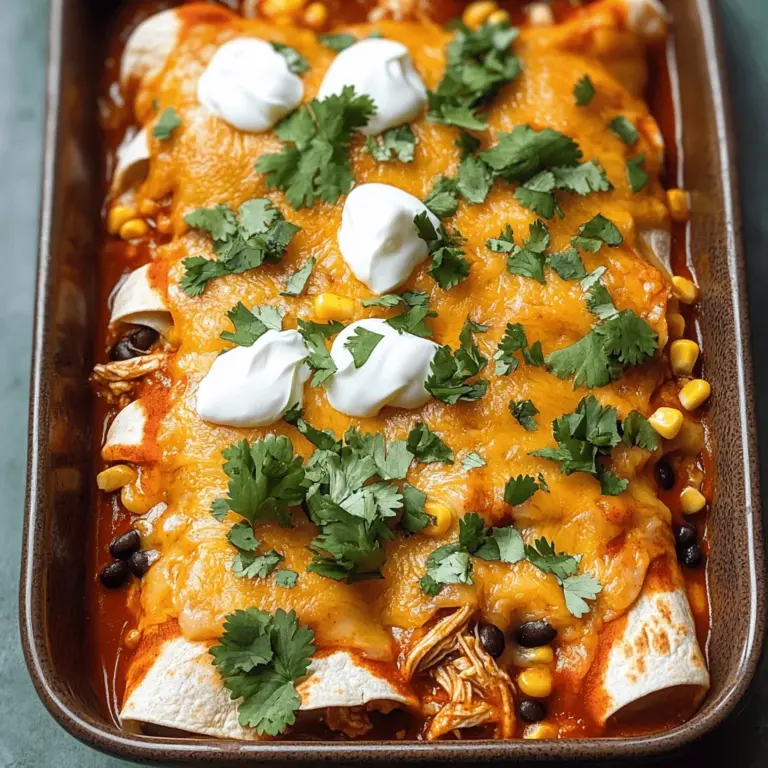- 500 g gekochtes, zerrissenes Hühnchen - 240 ml rote Enchiladasoße - 240 g schwarze Bohnen, gespült und abgetropft - 240 g Mais (frisch oder aus der Dose) - 100 g geriebener Käse (Cheddar oder mexikanische Mischung) - 8 kleine Tortillas (Mais oder Weizen) - 1 Teelöffel Kreuzkümmel - 1 Teelöffel Knoblauchpulver - Salz und Pfeffer nach Geschmack - 120 g saure Sahne - Frischer Koriander zur Garnitur (optional) Ich finde, die Zutaten sind das Herz jeder Mahlzeit. Für diese einfachen Chicken Enchiladas brauchen wir frische und schmackhafte Komponenten. Zuerst verwenden wir 500 g gekochtes Hühnchen. Zerrissenes Hühnchen gibt den Enchiladas eine tolle Textur. Die rote Enchiladasoße sorgt für einen würzigen und reichen Geschmack. Wir fügen auch 240 g schwarze Bohnen hinzu. Diese Bohnen sind eine großartige Proteinquelle und machen das Gericht sättigender. Der 240 g frische oder aus der Dose Mais bringt eine süße Note. Für den Käseliebhaber sind 100 g geriebener Käse wichtig. Cheddar oder eine mexikanische Mischung funktioniert hier gut. Die Basis bilden 8 kleine Tortillas. Du kannst Mais- oder Weizentortillas wählen. Beide sind lecker. Jetzt kommen die Gewürze ins Spiel. Ein Teelöffel Kreuzkümmel und ein Teelöffel Knoblauchpulver bringen Aroma. Vergiss nicht, Salz und Pfeffer nach Geschmack hinzuzufügen. Für den perfekten Abschluss servieren wir die Enchiladas mit 120 g saurer Sahne. Ein bisschen frischer Koriander macht das Ganze bunt und frisch. Wenn du neugierig auf die Zubereitung bist, schau dir das Full Recipe an! - Heize deinen Ofen auf 190°C (375°F) vor. - In einer großen Schüssel vermische das zerrissene Hühnchen, schwarze Bohnen, Mais, 50 g Käse, Kreuzkümmel, Knoblauchpulver, Salz und Pfeffer gut. - Erwärme die Tortillas in einer trockenen Pfanne für etwa 30 Sekunden auf jeder Seite. So werden sie geschmeidig. - Fülle jede Tortilla mit 60 ml der Hühnchenmischung und rolle sie fest auf. - Verteile 120 ml der Enchiladasoße gleichmäßig auf dem Boden einer Auflaufform. Das verhindert das Ankleben. - Lege die gerollten Enchiladas mit der Nahtseite nach unten dicht nebeneinander in die Form. - Gieße die restliche Enchiladasoße über die Tortillas und streue den restlichen Käse gleichmäßig darüber. - Decke die Form mit Aluminiumfolie ab und backe die Enchiladas 20 Minuten lang. - Entferne die Folie und backe sie für weitere 10 Minuten, bis der Käse sprudelt und goldbraun ist. Um die perfekten Enchiladas zu machen, müssen Sie auf die Tortillas achten. Aufgerissene Tortillas ruinieren das Essen. Wärmen Sie sie vor dem Füllen in einer Pfanne. So werden sie weich und geschmeidig. Verwenden Sie frisch zubereitete Zutaten. Frisches Hühnchen und frische Bohnen machen einen großen Unterschied im Geschmack. Die Aromen sind lebendiger und intensiver. Das schmeckt man in jedem Bissen. Servieren Sie die Enchiladas mit Beilagen. Reis ist eine gute Wahl. Ein frischer Salat passt auch gut dazu. Sie können auch verschiedene Saucen oder Dips ausprobieren. Salsa oder Guacamole bringen extra Geschmack. Wenn Sie möchten, können Sie auch eine scharfe Sauce hinzufügen. So können Sie den Schärfegrad nach Ihrem Geschmack anpassen. Für die vollständige Rezeptanleitung können Sie die [Full Recipe] einsehen. {{image_4}} Für eine leckere vegetarische Variante können Sie Quinoa oder zusätzliche Bohnen verwenden. Quinoa bringt eine nussige Note und ist sehr gesund. Sie können auch schwarze Bohnen oder Kidneybohnen nehmen. Diese Zutaten machen die Enchiladas reichhaltig und sättigend. Wenn Sie Gemüse mögen, fügen Sie Zucchini oder Paprika hinzu. Diese schmecken frisch und machen das Gericht bunter. Wenn Sie es schärfer mögen, probieren Sie, Jalapeños oder scharfe Sauce hinzuzufügen. Das gibt den Enchiladas einen tollen Kick. Verschiedene Käsesorten wie Pepper Jack oder Gouda können die Geschmäcker noch vielfältiger machen. Diese Käse schmelzen gut und bringen einen tollen Geschmack. Sie können auch eine Mischung aus Käsesorten verwenden. Das macht die Textur und den Geschmack noch interessanter. Für die Familie und Kinder können Sie die Gewürzstärke anpassen. Verwenden Sie mildere Zutaten wie süße Paprika oder weniger Gewürze. So kommt der Geschmack gut zur Geltung, ohne zu scharf zu sein. Auch beim Käse können Sie auf mildere Sorten zurückgreifen. Lassen Sie die Kinder beim Füllen helfen, das macht Spaß! Diese einfachen Anpassungen machen das Gericht für jeden geeignet. Für eine vollständige Anleitung können Sie das [Full Recipe] nutzen. Wie lange sind die Enchiladas haltbar? Die Enchiladas sind im Kühlschrank bis zu vier Tage haltbar. Achten Sie darauf, sie in einem luftdichten Behälter zu lagern. So bleiben sie frisch und schmackhaft. Die beste Art, Enchiladas aufzubewahren. Legen Sie die Enchiladas in eine flache Auflaufform. Bedecken Sie sie mit Frischhaltefolie oder Aluminiumfolie. Wenn Sie die Enchiladas aufbewahren, vermeiden Sie, sie direkt in die Soße zu legen. So bleibt die Tortilla weich und lecker. Methodik zum Einfrieren der gekochten Enchiladas. Um die Enchiladas einzufrieren, lassen Sie sie zuerst vollständig abkühlen. Wickeln Sie jede Enchilada einzeln in Frischhaltefolie. Legen Sie sie dann in einen Gefrierbeutel oder eine gefrierfeste Box. So bleiben sie bis zu drei Monate frisch. Tipps zum Wiederaufwärmen nach dem Einfrieren. Um die Enchiladas wieder aufzuwärmen, nehmen Sie sie aus dem Gefrierschrank. Lassen Sie sie zuerst im Kühlschrank auftauen. Dann legen Sie sie in eine Auflaufform, gießen etwas Soße darüber und decken sie mit Folie ab. Backen Sie sie bei 180°C (350°F) etwa 20 Minuten. So werden sie wieder warm und köstlich. Für mehr Details schauen Sie sich das [Full Recipe] an. Um den Geschmack zu verbessern, kannst du Gewürze hinzufügen. Nutze mehr Kreuzkümmel oder Chili-Pulver. Auch frischer Knoblauch gibt einen tollen Kick. Wenn du es schärfer magst, füge gehackte Jalapeños hinzu. Ein Spritzer Limettensaft kann die Aromen ebenfalls verstärken. Experimentiere mit verschiedenen Kombinationen, bis du deinen perfekten Geschmack findest. Ja, Enchiladas können vegan sein. Ersetze das Hühnchen durch schwarze Bohnen oder Linsen. Verwende vegane Käsealternativen oder lasse den Käse einfach weg. Statt saurer Sahne kannst du pflanzliche Joghurtalternativen verwenden. Achte darauf, dass deine Tortillas keine tierischen Produkte enthalten. So hast du eine leckere, vegane Option. Wenn du kein Hühnchen magst, gibt es viele Alternativen. Rindfleisch ist eine gute Option. Du kannst auch Tofu verwenden, um einen anderen Geschmack zu erzielen. Gemüse wie Paprika, Zucchini oder Spinat sind ebenfalls lecker. Du kannst auch Quinoa für eine gesunde Füllung nutzen. Sei kreativ und finde deine Lieblingskombination. Die Vorbereitung dauert etwa 15 Minuten. Das Backen nimmt dann 30 Minuten in Anspruch. Insgesamt brauchst du also etwa 45 Minuten für die Enchiladas. Das ist schnell und einfach! Diese schnelle Zubereitungszeit macht sie zur perfekten Wahl für ein Abendessen unter der Woche. Du wirst in kurzer Zeit eine köstliche Mahlzeit auf dem Tisch haben. Diese Enchiladas sind einfach zu machen und voller Geschmack. Wir haben die Hauptzutaten, Gewürze und die Zubereitungsschritte klar beschrieben. Auch Tipps für perfekte Ergebnisse und Variationen wurden gegeben. Denke daran, die Füllung nach deinem Geschmack anzupassen. Diese leckeren Enchiladas sind eine großartige Wahl für jede Familie. Egal ob mit Hühnchen oder vegetarisch, du kannst sie an jeden Anlass anpassen. Lass deiner Kreativität freien Lauf und genieße deine selbstgemachten Enchiladas!