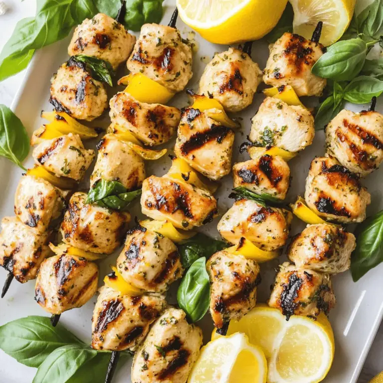 Für diese leckeren Spieße brauchst du: - 450 g Hähnchenbrustfilets, ohne Knochen und Haut, in 2,5 cm große Würfel geschnitten - 60 ml frischer Zitronensaft - 2 Esslöffel Zitronenschale, abgerieben - 60 ml Olivenöl - 3 Esslöffel frisches Basilikum, gehackt (plus extra zur Garnitur) - 2 Knoblauchzehen, fein gehackt - 1 Teelöffel Honig - Salz und Pfeffer nach Geschmack - Bambus- oder Metallspieße (bei Bambus, 30 Minuten in Wasser einweichen) Die Marinade ist der Schlüssel zu Geschmack und Saftigkeit. Der Zitronensaft gibt Frische und Säure. Sie hilft, das Hähnchen zart zu machen. Die Zitronenschale verstärkt das Zitrusaroma. Olivenöl sorgt für eine schöne Textur und hält das Hähnchen saftig. Basilikum bringt einen tollen Duft und Geschmack. Knoblauch fügt Tiefe hinzu. Honig rundet die Aromen ab und sorgt für eine leichte Süße. Salz und Pfeffer sind wichtig für die Würze. Um die Zitronen-Basilikum-Hühnchenspieße zuzubereiten, brauchst du: - Eine große Schüssel für die Marinade - Ein Schneidebrett zum Schneiden des Hähnchens - Ein scharfes Messer für präzises Schneiden - Grill oder Grillpfanne für das Kochen - Spieße (Bambus oder Metall) zum Halten des Hähnchens - Eine Zange zum Wenden der Spieße während des Grillens Mit diesen Zutaten und Utensilien bist du bereit, die köstlichen Zitronen-Basilikum-Hühnchenspieße zuzubereiten. Für die vollständige Anleitung, schau dir das Full Recipe an. Um die Hähnchenwürfel perfekt zu marinieren, beginne mit einer großen Schüssel. Mische frischen Zitronensaft, Zitronenschale, Olivenöl, gehacktes Basilikum, Knoblauch, Honig, Salz und Pfeffer. Rühre alles gut um. Achte darauf, dass die Marinade cremig und glatt ist. Danach füge die Hähnchenwürfel hinzu. Stelle sicher, dass jedes Stück gut bedeckt ist. Decke die Schüssel ab und lasse das Hähnchen mindestens 30 Minuten im Kühlschrank marinieren. Wenn du mehr Geschmack willst, marinier es bis zu 4 Stunden. Heize deinen Grill oder die Grillpfanne auf mittelhohe Hitze vor. Während der Grill aufheizt, stecke die marinierten Hähnchenwürfel auf die Spieße. Lass dabei etwas Platz zwischen jedem Stück. So garen sie gleichmäßig. Wenn du Bambusspieße verwendest, weiche sie vorher für 30 Minuten in Wasser ein, damit sie nicht anbrennen. Lege die Spieße auf den Grill und grille sie für 10 bis 12 Minuten. Wende sie regelmäßig, damit sie gleichmäßig garen. Das Hähnchen ist fertig, wenn die Innentemperatur 75 °C erreicht. Nimm die Spieße vom Grill und lasse sie einige Minuten ruhen. Vor dem Servieren kannst du sie mit frischem Basilikum garnieren. So sehen sie noch besser aus! Die Marinierzeit ist wichtig für den Geschmack. Ich empfehle, das Hähnchen mindestens 30 Minuten zu marinieren. So nimmt das Fleisch die Aromen gut auf. Für einen intensiveren Geschmack lasse ich es bis zu 4 Stunden im Kühlschrank. Zu lange Marinieren kann jedoch den Geschmack verändern. Es wird dann vielleicht zu sauer. Probiere also verschiedene Zeiten aus und finde deinen Favoriten. Um das Hähnchen saftig zu grillen, stelle sicher, dass dein Grill heiß ist. Ich heize den Grill auf mittelhohe Hitze vor. So werden die Spieße gleichmäßig gegart. Wende die Spieße alle paar Minuten. Das gibt dir schöne Grillstreifen und verhindert, dass das Hähnchen anbrennt. Achte auf die Innentemperatur von 75 °C. So ist das Hähnchen perfekt durchgegart und bleibt saftig. Die Präsentation macht viel aus. Ich richte die Spieße gerne auf einer großen Platte an. Dekoriere sie mit Zitronenschnitzen und frischen Basilikumblättern. Das sieht frisch und einladend aus. Serviere die Spieße mit Tzatziki oder einem leichten Salat. So erhältst du eine tolle Mahlzeit. Ein schöner Stil macht das Essen noch mehr zum Genuss. {{image_4}} Wenn du eine vegane Option suchst, sind Gemüse- oder Tofuspieße ideal. Du kannst eine Mischung aus Paprika, Zucchini, Pilzen und roten Zwiebeln verwenden. Schneide das Gemüse in gleich große Stücke. So garen sie gleichmäßiger. Für Tofu schneide ihn in Würfel und mariniere ihn wie das Hühnchen. Diese Spieße sind bunt und lecker! Du kannst sie auch mit der gleichen Marinade zubereiten. Du kannst den Geschmack deiner Spieße leicht ändern. Füge Gewürze wie Paprika, Kreuzkümmel oder Kurkuma hinzu. Ein Hauch von Chili gibt einen tollen Kick. Frische Kräuter wie Thymian oder Oregano passen auch gut dazu. Experimentiere mit verschiedenen Kombinationen. So findest du deinen perfekten Geschmack! Zu Zitronen-Basilikum-Hühnchenspießen passen viele Beilagen. Ein frischer grüner Salat ist leicht und erfrischend. Du kannst auch knusprige Kartoffeln oder Reis servieren. Tzatziki ist eine tolle Ergänzung. Es bringt Frische und einen cremigen Geschmack. Denke daran, die Spieße mit Zitronenschnitzen zu garnieren. Sie sehen toll aus und geben einen zusätzlichen Geschmacksschub. All diese Beilagen werden dein Gericht perfekt abrunden! Wenn du die marinierten Spieße nicht sofort grillen willst, kannst du sie einfach im Kühlschrank aufbewahren. Lege sie in eine luftdichte Box. So bleiben sie frisch und lecker. Die Marinade zieht noch besser ein, wenn du die Spieße mindestens 30 Minuten kühl lagerst. Du kannst sie auch bis zu 4 Stunden marinieren. Achte darauf, dass die Box gut verschlossen ist, um Gerüche zu vermeiden. Hast du Reste von den Zitronen-Basilikum-Hühnchenspießen? Kein Problem! Du kannst sie einfrieren. Lege die Spieße in einen Gefrierbeutel und drücke die Luft heraus. So bleibt die Frische erhalten. Du kannst die Spieße bis zu 3 Monate im Gefrierfach aufbewahren. Zum Auftauen, lege sie einfach über Nacht in den Kühlschrank. So bleiben sie saftig und zart. Die übrig gebliebenen Spieße sind im Kühlschrank 2 bis 3 Tage haltbar. Du kannst sie kalt in einem Salat oder warm in einer Wrap verwenden. Sie sind auch lecker in einer Suppe oder mit Reis. Wenn du sie wieder aufwärmst, achte darauf, dass sie gleichmäßig warm werden. So bleibt das Hähnchen saftig und schmackhaft. Die Hähnchenspieße sollten mindestens 30 Minuten mariniert werden. Das gibt dem Hähnchen Zeit, die Aromen aufzunehmen. Für einen stärkeren Geschmack empfehle ich, sie bis zu 4 Stunden im Kühlschrank zu lassen. Je länger die Marinade einwirkt, desto mehr Geschmack hat das Hähnchen. Ja, du kannst die Spieße auch im Ofen zubereiten. Heize den Ofen auf 200 °C vor und lege die Spieße auf ein Backblech. Grill sie für etwa 15 bis 20 Minuten, bis das Hähnchen durchgegart ist. Drehe die Spieße einmal um, damit sie gleichmäßig garen. So hast du auch bei schlechtem Wetter leckere Zitronen-Basilikum-Hühnchenspieße. Zu diesen Spießen passen viele Beilagen. Hier sind einige Ideen: - Frischer Salat mit grünen Blättern - Tzatziki als Dip - Gegrilltes Gemüse - Reis oder Quinoa Diese Beilagen ergänzen die Aromen der Spieße und machen das Gericht komplett. Du kannst die Spieße auch mit etwas frischem Basilikum garnieren, um den Look zu verbessern. Zusammenfassend habe ich die wichtigsten Schritte zur Zubereitung von Zitronen-Basilikum-Hühnchenspießen erläutert. Wir haben die Hauptzutaten, die Marinade und die nötigen Utensilien besprochen. Du kennt nun die Grillmethoden und Tipps für eine perfekte Präsentation. Variationen wie vegane Alternativen und passende Beilagen wurden ebenfalls behandelt. Nutze die Lagerungshinweise, um Reste richtig aufzubewahren. Zum Schluss bleibt mir zu sagen: Jeder kann diese köstlichen Spieße zubereiten und genießen!