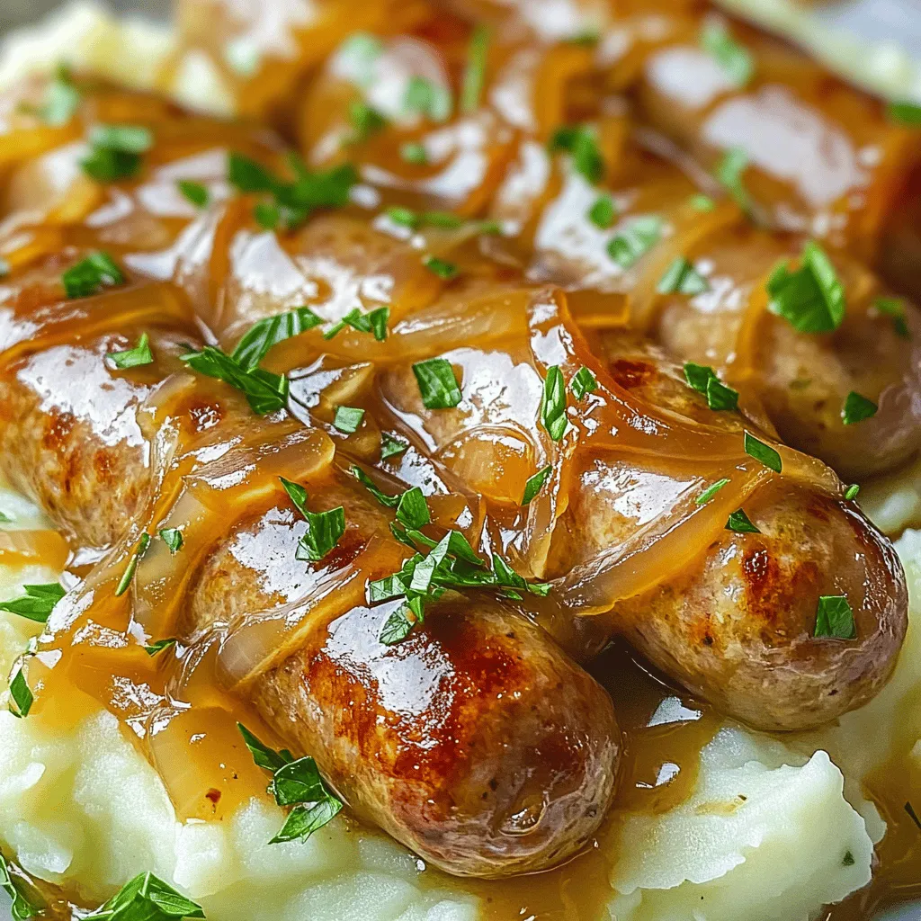 - <strong>Frische Bratwürste:</strong> Du kannst verschiedene Sorten verwenden. Schweinswürste sind klassisch. Rinderwürste sind auch lecker. Probiere auch Geflügelwürste für eine leichtere Option. Achte darauf, dass sie frisch sind.” /></p>
</p>
<h2>Variationen</h2>
</p>
<h3>Kreative Abwandlungen von Bangers and Mash</h3>
</p>
<p>Bangers and Mash ist ein klassisches Gericht, das viele Möglichkeiten bietet. Hier sind einige kreative Ideen.</p>
</p>
<p>– <strong>Vegetarische und vegane Alternativen</strong>: Verwenden Sie pflanzliche Würste aus Linsen oder Bohnen. Diese sind lecker und gesund. Sie schmecken gut mit dem gleichen Püree und der Zwiebelsoße. Für eine vegane Soße nutzen Sie Gemüsebrühe und pflanzliche Butter.</p>
</p>
<p>– <strong>Verschiedene Saucen für mehr Abwechslung</strong>: Neben der klassischen Zwiebelsoße können Sie auch eine Pilzsoße ausprobieren. Diese verleiht dem Gericht einen herzhaften Geschmack. Eine Senfsoße passt ebenfalls gut und gibt einen tollen Kick.</p>
</p>
<p>– <strong>Regionale Spezialitäten</strong>: In verschiedenen Teilen Großbritanniens gibt es eigene Variationen. In Schottland fügen viele einen Hauch von Whisky zur Soße hinzu. In Wales wird oft ein kräftiger Cheddar ins Püree gemischt, was für einen tollen Geschmack sorgt. Jede Region hat ihre eigene Note und Geschichte zu erzählen.</p>
</p>
<p>Entdecken Sie diese Variationen und passen Sie Ihr Bangers and Mash nach Ihrem Geschmack an. Nutzen Sie auch das [Full Recipe], um die Basis zu schaffen.</p>
</p>
</p>
<h2>Aufbewahrungsinformationen</h2>
</p>
<p>Wenn Sie Reste von Bangers and Mash haben, bewahren Sie diese richtig auf. Lassen Sie das Essen zuerst auf Raumtemperatur abkühlen. Dann legen Sie es in einen luftdichten Behälter. So bleibt alles frisch.</p>
</p>
<p><strong>Tipps für das Aufwärmen von Bangers and Mash:</strong></p>
</p>
<p>– Nutzen Sie die Mikrowelle oder den Herd.</p>
<p>– Erhitzen Sie die Würste und das Püree getrennt.</p>
<p>– Fügen Sie etwas Milch hinzu, um das Püree cremig zu machen.</p>
<p>– Rühren Sie regelmäßig um, um ein Anbrennen zu vermeiden.</p>
</p>
<p><strong>Haltbarkeit im Kühlschrank und Gefrierschrank:</strong></p>
</p>
<p>Im Kühlschrank bleiben die Reste etwa 3 Tage gut. Wenn Sie länger aufbewahren möchten, frieren Sie sie ein. Im Gefrierschrank halten die Bangers and Mash bis zu 3 Monate. Denken Sie daran, die Reste gut zu verpacken, um Gefrierbrand zu vermeiden.</p>
</p>
<p>Für das genaue Rezept können Sie auf den Full Recipe verweisen. Es macht das Kochen einfach und lecker!</p>
</p>
<h2>Häufig gestellte Fragen (FAQs)</h2>
</p>
<h3>Beliebte Fragen zu Bangers and Mash</h3>
</p>
<p><strong>Wie macht man die beste Zwiebelsoße für Bangers and Mash?</strong></p>
<p>Um die beste Zwiebelsoße zu machen, karamellisieren Sie Zwiebeln langsam. Nutzen Sie Olivenöl und etwas Butter. Lassen Sie die Zwiebeln etwa 10 Minuten bei niedriger Hitze garen. Fügen Sie dann Mehl hinzu, um eine Mehlschwitze zu machen. Gießen Sie Gemüsebrühe dazu und rühren Sie gut um. Lassen Sie die Soße köcheln und schmecken Sie sie mit Salz und Pfeffer ab.</p>
</p>
<p><strong>Kann ich gefrorene Würste verwenden?</strong></p>
<p>Ja, gefrorene Würste sind in Ordnung. Achten Sie darauf, sie vollständig auftauen zu lassen. Braten Sie sie dann wie frische Würste. So erhalten Sie einen tollen Geschmack und eine schöne Farbe.</p>
</p>
<p><strong>Was passt als Beilage zu Bangers and Mash?</strong></p>
<p>Bangers and Mash ist ein Hauptgericht. Dennoch passen einige Beilagen gut dazu. Grünes Gemüse wie Erbsen oder Brokkoli sind immer eine gute Wahl. Auch ein frischer Salat kann den Teller auflockern.</p>
</p>
<p><strong>Woher kommt der Name “Bangers and Mash”?</strong></p>
<p>Der Name “Bangers and Mash” kommt aus Großbritannien. “Bangers” bezieht sich auf die Würste, die beim Kochen manchmal platzen. “Mash” steht für das Kartoffelpüree. Dieses Gericht ist ein beliebtes Comfort Food in vielen britischen Haushalten.</p>
</p>
<p>Für das vollständige Rezept und mehr Details, schauen Sie sich das [Full Recipe] an.</p>
</p>
<p>Bangers and Mash ist ein Gericht voller Geschmack und einfacher Zubereitung. Wir haben die besten Zutaten, die richtige Kochtechnik und einige kreative Variationen betrachtet. Perfekte Bratwürste, weiche Kartoffeln und eine leckere Zwiebelsoße sind entscheidend. Denke auch an Aufbewahrung und Haltbarkeit, um Reste zu genießen. Experimentiere mit verschiedenen Kräutern und Sosse, um deine eigene Note hinzuzufügen. Genieß dieses britische Comfort Food und finde heraus, wie vielseitig es sein kann!</p>
</div>