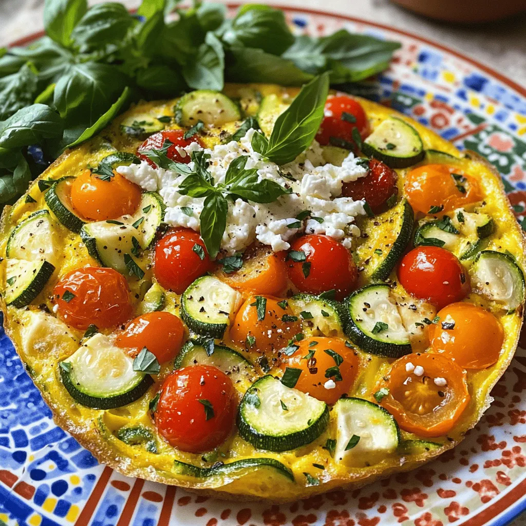 - 6 große Eier - 60 ml Milch - 1 Tasse Spinat, grob gehackt - 1/2 Tasse Kirschtomaten, halbiert - 1/2 Tasse Zucchini, gewürfelt - 1/2 Tasse Paprika (nach Wahl), gewürfelt - 1/4 Tasse rote Zwiebel, fein gehackt - 1/2 Tasse Feta-Käse, zerbröckelt - 2 Esslöffel Olivenöl - Salz und Pfeffer nach Geschmack - Frisches Basilikum oder Petersilie, zum Garnieren Ich finde, die Hauptzutaten für die Frittata sind einfach und frisch. Die Eier geben eine gute Basis. Sie sind der Hauptbestandteil. Milch macht die Frittata fluffig. Spinat bringt Farbe und Nährstoffe. Die Kirschtomaten fügen Süße hinzu, während Zucchini und Paprika für Knackigkeit sorgen. Die rote Zwiebel gibt einen tollen Geschmack. Die Frittata hat pro Portion etwa 200 Kalorien. Sie enthält 14 Gramm Protein, 6 Gramm Kohlenhydrate und 15 Gramm Fett. Diese Angaben machen die Frittata zu einer gesunden Wahl. Sie ist nahrhaft und sättigend. Wenn Sie keine Milch mögen, probieren Sie Pflanzenmilch wie Mandel- oder Hafermilch. Für eine vegane Frittata können Sie die Eier durch Tofu ersetzen. Mischen Sie den Tofu mit etwas Kurkuma für die Farbe. So bleibt der Geschmack lecker und die Frittata bleibt gesund. - Vorbereitungszeit: 15 Minuten - Kochzeit: 15-20 Minuten 1. Heize den Ofen auf 190 °C vor. 2. Verquirle die Eier und die Milch in einer großen Schüssel. 3. Würze die Mischung mit Salz und Pfeffer. 4. Erhitze das Olivenöl in einer ofenfesten Pfanne bei mittlerer Hitze. 5. Füge die gehackte rote Zwiebel hinzu und brate sie 2-3 Minuten lang. 6. Gib die gewürfelte Paprika und Zucchini dazu und brate alles 4-5 Minuten. 7. Rühre den Spinat und die Kirschtomaten ein, bis der Spinat zusammenfällt. 8. Gieße die Eiermischung über das Gemüse in der Pfanne. 9. Verteile den Feta-Käse gleichmäßig über die Eiermasse. 10. Lasse die Frittata 3-4 Minuten köcheln, bis die Ränder fest werden. 11. Stelle die Pfanne in den Ofen und backe sie 15-20 Minuten. - Achte auf die Temperatur. Die Frittata sollte gleichmäßig garen. - Vermeide Überkochen. Die Frittata ist fertig, wenn die Mitte fest ist. Um eine perfekte Frittata zu machen, gibt es einige wichtige Schritte. Zuerst musst du die Eier richtig verquirlen. Verwende dafür eine große Schüssel. Schlage die Eier und füge die Milch hinzu. Rühre alles gut, bis die Mischung gleichmäßig aussieht. Dann würze sie mit Salz und Pfeffer. Das Gemüse gleichmäßig zu verteilen, ist ebenfalls wichtig. So erhält jede Portion den gleichen Geschmack. Wenn du das Gemüse in die Pfanne gibst, achte darauf, dass es gut verteilt ist. Mische die Eier vorsichtig mit dem Gemüse, bevor du die Frittata backst. Für die Zubereitung empfehle ich eine ofenfeste Pfanne. Eine Gusseisenpfanne funktioniert gut. Sie speichert die Hitze und sorgt für eine gleichmäßige Garung. Außerdem ist ein Holzlöffel nützlich, um die Eier und das Gemüse zu vermengen. Ein Schneebesen hilft beim Verquirlen der Eier. Ein häufiger Fehler ist, die Temperatur zu hoch einzustellen. Das kann dazu führen, dass die Frittata außen verbrennt, während sie innen noch roh bleibt. Halte die Hitze immer bei mittlerer Stufe. Ein weiterer Fehler ist, die Frittata zu lange im Ofen zu lassen. Überwache die Zeit genau. Die Frittata sollte 15-20 Minuten backen, bis die Mitte fest ist. Wenn du sie zu lange lässt, wird sie trocken. Achte also darauf, sie rechtzeitig herauszunehmen! Für das vollständige Rezept schaue dir die [Full Recipe] an. {{image_4}} Für die Frittata kann man viele Gemüsesorten nutzen. Ich empfehle, saisonales Gemüse zu wählen. Im Frühling sind Spargel und Erbsen toll. Im Sommer passen Zucchini und Paprika gut. Im Herbst sind Kürbis und Pilze lecker. Im Winter sind Wurzelgemüse wie Karotten oder Rüben ideal. Wenn du nicht alle Zutaten hast, kannst du sie einfach austauschen. Zucchini kann durch Aubergine ersetzt werden. Kirschtomaten lassen sich durch normale Tomaten ersetzen. Du kannst auch Brokkoli oder Blumenkohl hinzufügen. Sei kreativ und nutze, was du magst! Feta ist der beliebteste Käse für Frittatas, aber es gibt Alternativen. Du kannst auch Parmesan oder Mozzarella verwenden. Diese Käse geben der Frittata einen anderen Geschmack. Für eine milde Note ist Ricotta eine gute Wahl. Wenn du vegan bist, gibt es viele pflanzliche Käse. Cashew-Käse ist cremig und lecker. Auch Hefeflocken geben einen käsigen Geschmack. Suche nach veganen Sorten, die gut schmelzen. Die Frittata kann durch Gewürze noch besser schmecken. Kräuter wie Thymian oder Oregano bringen viel Aroma. Frische Kräuter wie Basilikum oder Petersilie passen ebenfalls gut. Sie geben der Frittata einen frischen Geschmack. Für einen scharfen Kick kannst du Paprikapulver oder Chili hinzufügen. Auch Knoblauch kann einen tollen Geschmack verleihen. Probier verschiedene Kombinationen aus, um deine perfekte Frittata zu finden. - Lagern Sie die Frittata im Kühlschrank. Nutzen Sie einen luftdichten Behälter. - Sie können die Frittata auch einfrieren. Schneiden Sie sie in Stücke und wickeln Sie sie gut ein. Verwenden Sie Frischhaltefolie oder einen Gefrierbeutel. Die Frittata bleibt frisch für etwa 3 bis 4 Tage im Kühlschrank. Im Gefrierfach hält sie bis zu 2 Monate. Achten Sie darauf, sie gut zu verpacken, um Gefrierbrand zu vermeiden. Um die Frittata aufzuwärmen, nutzen Sie den Ofen oder die Mikrowelle. - Im Ofen: Heizen Sie ihn auf 180 °C vor. Backen Sie die Frittata für 10-15 Minuten. - In der Mikrowelle: Erwärmen Sie sie für 1-2 Minuten. Decken Sie sie ab, damit sie nicht austrocknet. Für die besten Ergebnisse, genießen Sie die Frittata warm! Wenn Sie mehr über die Zubereitung erfahren möchten, schauen Sie sich das Full Recipe an. Sie können die Frittata bis zu fünf Tage im Kühlschrank lagern. Bewahren Sie sie in einem luftdichten Behälter auf. Die ideale Lagertemperatur liegt bei 4 °C oder weniger. So bleibt die Frittata frisch und lecker. Ja, die Frittata lässt sich gut im Voraus zubereiten. Sie können sie am Abend zuvor machen. Lassen Sie die Frittata nach dem Backen abkühlen, bevor Sie sie einpacken. Wenn Sie bereit sind zu essen, wärmen Sie sie einfach auf. Zu einer Frittata passen viele Beilagen gut. Ein frischer Salat ist eine tolle Wahl. Auch gebratenes Gemüse oder eine Avocado schmecken gut dazu. Sie können auch knuspriges Brot oder einen Dip wählen, um das Gericht zu ergänzen. Ja, die Frittata ist von Natur aus glutenfrei. Verwenden Sie frische Zutaten, um sicherzustellen, dass keine glutenhaltigen Lebensmittel enthalten sind. Falls Sie spezielle diätetische Anforderungen haben, überprüfen Sie die Zutaten immer. Um eine vegetarische Frittata zu machen, verwenden Sie einfach Gemüse und Eier. Für eine vegane Option tauschen Sie die Eier gegen Kichererbsenmehl oder Tofu aus. Fügen Sie auch pflanzliche Milch und Gewürze hinzu. So bleibt der Geschmack toll und gesund. Die Frittata ist ein vielseitiges Gericht, das einfach zuzubereiten ist. Wir haben die wichtigen Zutaten, Zubereitungsschritte und hilfreiche Tipps behandelt. Denk daran, die Frittata im Kühlschrank zu lagern. So bleibt sie frisch. Experimentiere mit verschiedenen Gemüsesorten und Käsesorten. So machst du jedes Mal etwas Neues. Ob vegetarisch oder vegan, die Frittata passt zu jedem Geschmack. Nutze diese Tipps und genieße dein leckeres Gericht!