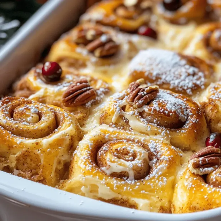 Um einen köstlichen Zimtschnecken-Auflauf zu machen, brauchst du folgende Zutaten: - 2 Dosen (je 12,4 oz) gekühlte Zimtschnecken - 6 große Eier - 1 Tasse Milch - 1 Teelöffel Vanilleextrakt - 1 Teelöffel gemahlener Zimt - 1/4 Teelöffel Muskatnuss - 1/2 Tasse Ahornsirup - 1/2 Tasse gehackte Pekannüsse (optional) - 1/2 Tasse Rosinen oder getrocknete Cranberries (optional) - Frischkäseglasur (enthält die Zimtschnecken) Diese Zutaten machen den Auflauf süß und reichhaltig. Die Zimtschnecken bringen den klassischen Geschmack in dein Gericht. Du kannst das Rezept leicht anpassen. Füge zum Beispiel einige der folgenden Zutaten hinzu: - Frische Früchte wie Äpfel oder Beeren - Schokoladenstückchen für einen süßeren Auflauf - Verschiedene Nüsse wie Mandeln oder Walnüsse Diese Zutaten bringen verschiedene Geschmäcker und Texturen in deinen Auflauf. Sei kreativ und finde deine perfekte Mischung! Achte beim Einkaufen auf die Qualität der Zutaten: - Wähle frische Eier aus Freilandhaltung für den besten Geschmack. - Nutze Vollmilch für mehr Cremigkeit. - Verwende hochwertigen Zimt. Er hat einen intensiveren Geschmack. Diese Tipps helfen dir, einen noch leckereren Zimtschnecken-Auflauf zu zaubern. Wenn du die besten Zutaten wählst, wird dein Gericht immer köstlich! Für das vollständige Rezept schau dir den [Full Recipe] an. Heize deinen Ofen auf 175 °C (350 °F) vor. Fette eine Auflaufform (9x13 Zoll) gut ein. Dies hilft, dass der Auflauf nicht anklebt. Öffne die Dosen mit den Zimtschnecken. Schneide jede Rolle in vier Stücke. Verteile die Stücke gleichmäßig in der Auflaufform. So entsteht eine gute Grundlage. In einer großen Rührschüssel vermische die Eier, die Milch, den Vanilleextrakt, den gemahlenen Zimt, die Muskatnuss und den Ahornsirup. Rühre alles gut mit einem Schneebesen. Gieße die Mischung gleichmäßig über die Zimtschnecken-Stücke. Achte darauf, dass alle Stücke gut getränkt sind. Backe den Auflauf 25-30 Minuten lang. Der Auflauf sollte aufgegangen und goldbraun sein. Nimm ihn aus dem Ofen und lasse ihn 5 Minuten abkühlen. Träufle dann die enthaltene Frischkäseglasur gleichmäßig über die warme Oberfläche. So wird der Auflauf besonders lecker. Für das vollständige Rezept, schau dir den Full Recipe an. Beim Zubereiten von Zimtschnecken-Auflauf gibt es einige häufige Fehler. Ein Fehler ist, die Zimtschnecken nicht gleichmäßig in der Form zu verteilen. Wenn sie eng gepackt sind, backen sie ungleichmäßig. Ein weiterer Fehler ist, die Eier-Mischung nicht gut zu vermischen. Klumpen können das Ergebnis beeinträchtigen. Achte darauf, dass du alle Zutaten gründlich vermischt. Zudem kann es passieren, dass der Auflauf zu lange im Ofen bleibt. Überprüfe ihn nach 25 Minuten. Wenn er goldbraun ist, ist er fertig. Um den Geschmack zu verbessern, kannst du verschiedene Zutaten hinzufügen. Probiere, etwas mehr Zimt oder Muskatnuss für mehr Tiefe zu verwenden. Du kannst auch Vanilleextrakt durch Mandelextrakt ersetzen. Dies gibt dem Auflauf einen neuen Twist. Wenn du Nüsse hinzufügst, röste sie vorher leicht an. Das verstärkt den Geschmack. Zusätzlich kannst du frische Früchte wie Äpfel oder Beeren hinzufügen. Sie bringen Frische und Süße in das Gericht. Die Präsentation macht einen großen Unterschied. Serviere den Auflauf warm in der Auflaufform. Garniere ihn mit Puderzucker für einen schönen Look. Ein Klecks Schlagsahne oder eine Kugel Vanilleeis macht ihn noch köstlicher. Für besondere Anlässe kannst du frische Beeren auf dem Teller anrichten. Das sieht toll aus und schmeckt lecker. Wenn du den Auflauf in Einzelportionen servierst, fühlt sich jeder Gast besonders. {{image_4}} Ich liebe es, meinen Zimtschnecken-Auflauf mit frischen Früchten oder Nüssen zu verfeinern. Du kannst zum Beispiel Äpfel, Birnen oder Bananen hinzufügen. Diese Früchte bringen Frische und eine natürliche Süße. Wenn du Nüsse magst, probiere gehackte Pekannüsse oder Walnüsse. Sie geben einen tollen Crunch und viel Geschmack. Möchtest du etwas anderes? Wie wäre es mit einer herzhaften Version? Du kannst Käse und Schinken hinzufügen. Das gibt dem Auflauf eine besondere Note. Verwende zum Beispiel Cheddar oder Feta. Diese Käse schmelzen gut und sorgen für einen herzhaften Genuss. Für spezielle Diäten gibt es auch einfache Anpassungen. Wenn du glutenfrei kochen möchtest, nimm glutenfreie Zimtschnecken. Diese findest du in vielen Supermärkten. Möchtest du eine vegane Version? Dann ersetze die Eier durch pflanzliche Alternativen, wie Leinsamen oder Apfelmus. Auch die Milch kannst du durch Mandel- oder Hafermilch ersetzen. So bleibt der Auflauf lecker und passt zu deiner Diät. Du kannst alle Variationen im [Full Recipe] ausprobieren und deinen perfekten Zimtschnecken-Auflauf kreieren! Um deinen Zimtschnecken-Auflauf frisch zu halten, lagere ihn am besten im Kühlschrank. Decke die Auflaufform gut ab. Verwende Folie oder einen luftdichten Behälter. So bleibt der Auflauf bis zu fünf Tage lecker. Wenn du den Auflauf nicht sofort isst, schneide ihn in Portionen. So kannst du leicht die gewünschte Menge entnehmen. Wenn du den Auflauf länger aufbewahren möchtest, kannst du ihn einfrieren. Lass den Auflauf zuerst ganz abkühlen. Schneide ihn dann in Portionen. Wickele jede Portion in Frischhaltefolie. Lege die Portionen in einen gefrierfesten Beutel oder Behälter. So bleibt der Auflauf bis zu drei Monate frisch. Denke daran, das Datum auf den Beutel zu schreiben, um den Überblick zu behalten. Um den Auflauf wieder aufzuwärmen, nimm eine Portion aus dem Kühlschrank oder Gefrierfach. Wenn der Auflauf gefroren ist, lass ihn zuerst im Kühlschrank über Nacht auftauen. Heize den Ofen auf 175 °C vor. Lege den Auflauf in eine Auflaufform und decke ihn mit Folie ab. Erwärme ihn für etwa 15-20 Minuten. So bleibt der Auflauf saftig und lecker. Du kannst auch die Mikrowelle nutzen. Erwärme die Portion für etwa 1-2 Minuten, bis sie warm ist. Der Zimtschnecken-Auflauf hält bis zu fünf Tage im Kühlschrank. Bewahre ihn in einem luftdichten Behälter auf. So bleibt er frisch und lecker. Wenn du ihn länger aufbewahren möchtest, kannst du ihn auch einfrieren. Ja, du kannst den Auflauf im Voraus machen. Bereite ihn bis Schritt 4 vor und stelle ihn dann in den Kühlschrank. Backe ihn am nächsten Tag einfach, wenn du bereit bist. Das spart Zeit und macht das Frühstück einfach. Zu diesem Auflauf passen viele Dinge gut. Du kannst frisches Obst wie Beeren oder Bananen servieren. Auch Joghurt oder Schlagsahne sind tolle Ergänzungen. Ein Schuss Ahornsirup macht den Genuss noch besser. Die Konsistenz kannst du leicht ändern. Für einen feuchteren Auflauf füge mehr Milch hinzu. Wenn du einen festeren Auflauf möchtest, verwende weniger Milch. Du kannst auch die Eierzahl anpassen. So kannst du die perfekte Textur für deinen Geschmack finden. Zusammenfassend haben wir die Hauptzutaten und die Zubereitung für den Zimtschnecken-Auflauf besprochen. Du hast auch Tipps zur Vermeidung häufiger Fehler und zur Verbesserung des Geschmacks erhalten. Verschiedene Variationen und Aufbewahrungshinweise bieten dir Flexibilität und Genuss. Letzter Gedanke: Experimentiere mit Zutaten und Variationen. So machst du das Rezept ganz nach deinem Geschmack. Lass dein nächstes Frühstück zu einem besonderen Erlebnis werden!