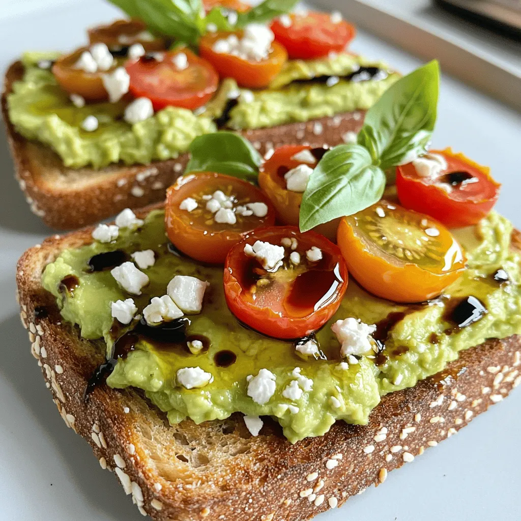 Um ein leckeres Avocado-Toast zu machen, brauchst du die richtigen Zutaten. Hier sind die Hauptzutaten, die du verwenden solltest: - 2 reife Avocados - 4 Scheiben Vollkornbrot - 1 Tasse Kirschtomaten, halbiert - 1/2 Tasse Feta-Käse, zerbröselt Diese Zutaten bilden die Basis für dein Gericht. Die Avocado sorgt für Cremigkeit, während die Kirschtomaten Frische bringen. Der Feta-Käse fügt einen salzigen und herzhaften Geschmack hinzu. Um das Aroma zu verbessern, füge Gewürze und andere Zutaten hinzu. Hier sind einige, die du benötigst: - 2 Esslöffel Olivenöl - 1 Esslöffel Balsamico-Glasur - 1 Teelöffel Knoblauchpulver - Salz und Pfeffer nach Geschmack - Frische Basilikumblätter zur Garnierung Diese Gewürze verstärken den Geschmack und geben deinem Avocado-Toast eine besondere Note. Salz und Pfeffer sind einfach, aber wichtig. Olivenöl bringt gesunde Fette ein, und die Balsamico-Glasur sorgt für eine süß-saure Balance. Die Wahl der besten Avocados ist entscheidend für dein Gericht. Achte auf folgende Punkte: - Die Avocados sollten bei leichtem Druck nachgeben. - Die Haut sollte dunkelgrün bis schwarz sein, ohne große Flecken. - Vermeide harte oder sehr weiche Früchte. Reife Avocados sind cremiger und leckerer. Wenn du sie noch nicht verwenden möchtest, lagere sie bei Raumtemperatur. Das beschleunigt den Reifeprozess. Um dein Avocado-Toast perfekt zuzubereiten, beginne mit dem Toasten des Brotes. Nimm vier Scheiben Vollkornbrot und lege sie in einen Toaster oder in eine heiße Pfanne. Röste das Brot, bis es goldbraun ist. Das dauert etwa 3 bis 5 Minuten. Achte darauf, dass es knusprig wird, ohne zu verbrennen. Jetzt kommt der spannende Teil: die Avocados! Halbiere die reifen Avocados, entferne den Kern und schöpfe das Fruchtfleisch in eine Schüssel. Mit einer Gabel zerdrücke das Fruchtfleisch, bis eine grobe Masse entsteht. Füge einen Teelöffel Knoblauchpulver, Salz und Pfeffer nach Geschmack hinzu. Mische alles gut durch. Dies gibt der Avocado einen tollen Geschmack. Sobald das Brot fertig ist, verteile die zerdrückte Avocado gleichmäßig auf den Toastscheiben. Nimm eine Tasse halbierte Kirschtomaten und vermenge sie mit zwei Esslöffeln Olivenöl, Salz und Pfeffer. Verteile die Tomaten gleichmäßig auf den Avocado-Toast. Streue dann ½ Tasse zerbröselten Feta darüber. Zum Schluss gib einen kleinen Schuss Balsamico-Glasur über die Toasts. Garniere alles mit frischen Basilikumblättern. Serviere die Toasts warm. Du kannst sie auch mit einem leckeren Salat kombinieren. Für die vollständige Anleitung schau dir das [Full Recipe] an. Um die beste Avocado zu finden, schauen Sie auf die Haut. Sie sollte dunkelgrün bis schwarz sein und leicht nachgeben, wenn Sie sanft drücken. Wenn die Avocado zu hart ist, lassen Sie sie einige Tage bei Raumtemperatur reifen. Wenn sie zu reif ist, können Sie sie in den Kühlschrank legen, um die Reifung zu verlangsamen. So haben Sie immer die perfekte Avocado zur Hand. Avocado-Püree kann schnell braun werden. Um dies zu verhindern, drücken Sie etwas Zitronensaft darüber. Der Saft hilft, die Farbe zu bewahren. Lagern Sie das Püree in einem luftdichten Behälter. Legen Sie eine Schicht Frischhaltefolie direkt auf die Oberfläche. So kommt weniger Luft an das Püree und es bleibt frisch. Sie können den Geschmack des Avocado-Toast leicht ändern. Fügen Sie Flocken von roten Chilischoten hinzu, wenn Sie es schärfer mögen. Ein Spritzer Zitrone oder Limette bringt Frische. Experimentieren Sie mit Kräutern wie Koriander oder Petersilie. Auch geröstete Nüsse oder Samen geben zusätzlichen Crunch und Nährstoffe. Für eine süßere Note probieren Sie Honig oder Feigenmarmelade. Für das gesamte Rezept schauen Sie sich das [Full Recipe] an. {{image_4}} Wenn Sie Feta-Käse nicht mögen, gibt es viele Alternativen. Ziegenkäse bringt einen tollen Geschmack. Hüttenkäse ist eine leichtere Option. Veganer Käse aus Nüssen oder Soja ist ebenfalls eine gute Wahl. Diese Optionen geben dem Toast eine neue Note. Um das Avocado-Toast zu verbessern, können Sie verschiedene Toppings verwenden. Ein pochiertes Ei sorgt für mehr Protein und macht das Gericht sättigender. Rote Zwiebeln oder Radieschen bringen eine knackige Frische. Auch geröstete Nüsse oder Samen fügen einen tollen Crunch hinzu. Frische Kräuter wie Koriander oder Petersilie geben dem Gericht mehr Aroma. Für glutenfreies Avocado-Toast wählen Sie glutenfreies Brot. Es gibt viele leckere Sorten im Handel. Für vegane Varianten verwenden Sie einfach keinen Feta-Käse. Stattdessen können Sie eine Mischung aus Avocado und Nüssen oder Samen nutzen. Diese Optionen sind gesund und lecker. Um Avocado-Toast richtig zu lagern, sollten Sie den Toast nicht zu lange stehen lassen. Lagern Sie ihn in einem luftdichten Behälter. Dies schützt den Toast vor dem Austrocknen. Wenn Sie die Avocado-Mischung aufbewahren, decken Sie sie mit Frischhaltefolie ab. Dies hilft, die Farbe zu bewahren. Die Zutaten für Avocado-Toast sind vielseitig. Sie können die restlichen Kirschtomaten in Salaten verwenden. Der Feta-Käse passt gut zu Pasta oder in Wraps. Wenn Sie Olivenöl und Balsamico-Glasur übrig haben, verwenden Sie diese für Dressings oder zum Marinieren von Gemüse. Wenn Sie Reste haben, ist es wichtig, diese richtig zu lagern. Lagern Sie die belegten Toasts nicht im Kühlschrank. Der Toast wird matschig. Bewahren Sie die Avocado-Mischung und die Toppings separat auf. So bleiben die Zutaten frisch und lecker. Verwenden Sie die Reste innerhalb von zwei Tagen für den besten Geschmack. Avocado-Toast schmeckt am besten frisch. Wenn du ihn aufbewahrst, solltest du ihn innerhalb von zwei Stunden essen. Nach diesem Zeitraum wird die Avocado braun. Die Farbe ändert sich wegen der Oxidation. Du kannst eine Frischhaltefolie verwenden, um die Haltbarkeit zu verlängern, aber der Geschmack leidet. Ja, du kannst die Zutaten im Voraus vorbereiten. Röste das Brot erst kurz vor dem Servieren. Das hält es knusprig. Du kannst die Avocado-Mischung auch in einem luftdichten Behälter aufbewahren. Füge etwas Zitronensaft hinzu, um die Farbe zu erhalten. So bleibt der Toast frisch und lecker. Zu Avocado-Toast passen viele leckere Zutaten. Hier sind einige Vorschläge: - Ein pochiertes Ei für zusätzliche Proteine. - Radieschen für einen knackigen Biss. - Chili-Flocken für etwas Schärfe. - Eine Scheibe Lachs für einen herzhaften Touch. - Nüsse für mehr Crunch. Diese Kombinationen machen dein Avocado-Toast noch schmackhafter. Du kannst kreativ sein und neue Geschmäcker ausprobieren! Für das volle Rezept, schau dir die [Full Recipe] an. Avocado-Toast ist einfach, lecker und vielseitig. Wir haben die besten Zutaten und Zubereitungsschritte behandelt. Du weißt jetzt, wie man perfekte Avocados auswählt und welche Gewürze gut passen. Zudem hast du Tipps für die Aufbewahrung und Variationen. Probiere unterschiedliche Toppings aus und finde deinen eigenen Lieblingsgeschmack. Jeden Biss wirst du genießen! Sei kreativ, gesund essen macht Spaß und ist einfach.