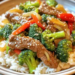 - 450 g Flank Steak, dünn gegen die Faser geschnitten - 3 Tassen Brokkoli-Röschen - 1 rote Paprika, in Streifen geschnitten - Sojasauce - Austernsauce (optional) - Sesamöl - Honig - Knoblauch und Ingwer: Diese beiden geben dem Gericht ein tolles Aroma. - Gekochter Jasminreis zum Servieren: Er passt perfekt zu diesem Gericht. Bei der Zubereitung von Beef and Broccoli Stir-Fry sind frische Zutaten wichtig. Das Flank Steak hat viel Geschmack. Brokkoli bringt Farbe und Nährstoffe. Die rote Paprika fügt eine süße Note hinzu. Zusammen mit den Gewürzen ergeben sie ein köstliches Gericht. Die Sojasauce sorgt für Umami. Austernsauce kann für mehr Tiefe sorgen, ist aber nicht zwingend nötig. Sesamöl gibt einen nussigen Geschmack. Honig bringt eine süße Balance. Knoblauch und Ingwer verleihen dem Gericht Frische. Diese Zutaten machen das Rezept besonders lecker. Sie sind alle einfach zu finden und machen das Kochen leicht. Für das volle Rezept und mehr Details, schau dir die Full Recipe an. - Schneide das Flank Steak in dünne Stücke gegen die Faser. - In einer Schüssel, füge 1 Esslöffel Sojasauce, Maisstärke, Salz und Pfeffer hinzu. - Mische alles gut und lasse es 15-20 Minuten marinieren. - Bringe einen Topf mit Wasser zum Kochen. - Gib die Brokkoli-Röschen für 2 Minuten ins Wasser. - Sie sollten leuchtend grün und leicht zart sein. - Danach in kaltes Wasser geben, um den Garprozess zu stoppen. - Lass den Brokkoli gut abtropfen. - In einer kleinen Schüssel, vermische Sojasauce, Austernsauce, Honig und Sesamöl. - Rühre gut um und stelle die Sauce beiseite. - Erhitze 1 Esslöffel Pflanzenöl in einer großen Pfanne oder einem Wok. - Füge das marinierte Fleisch in einer einzigen Schicht hinzu. - Brate es 2-3 Minuten, bis es braun ist. - Nimm das Fleisch aus der Pfanne und stelle es beiseite. - Gib das restliche Pflanzenöl in dieselbe Pfanne. - Füge den gehackten Knoblauch und den geriebenen Ingwer hinzu. - Brate sie 1-2 Minuten, bis sie aromatisch sind. - Gib die geschnittene rote Paprika dazu und brate sie kurz mit. - Gib das angebratene Fleisch und den blanchierten Brokkoli zurück in die Pfanne. - Gieße die vorbereitete Sauce darüber. - Rühre alles gut um und koche es weitere 3-5 Minuten, bis das Fleisch durchgegart ist. - Nimm die Pfanne vom Herd. - Serviere das Beef and Broccoli Stir-Fry heiß über einer Portion Jasminreis. - Für eine schöne Präsentation, garniere mit frischen Sesamsamen und gehackten Frühlingszwiebeln. Diese Schritte machen das Kochen einfach und schnell. Folge dem Rezept für ein köstliches Ergebnis! - Hinweise zur Fleischgarung: Achte darauf, das Flank Steak nicht zu lange zu braten. 2-3 Minuten pro Seite reichen. Das Fleisch sollte außen braun und innen saftig sein. Wenn du es zu lange garst, wird es hart und zäh. - Brokkoli-Bissfestigkeit: Blanchiere den Brokkoli für nur 2 Minuten. Er soll leuchtend grün und knackig bleiben. So behält er seine Nährstoffe und seinen Geschmack. - Alternativen zur Sojasauce: Wenn du eine glutenfreie Option suchst, nutze Tamari. Es hat einen ähnlichen Geschmack und passt gut zu diesem Gericht. Eine andere Option ist Kokosnussaminos, die süßer sind. - Andere Gewürze hinzufügen: Experimentiere mit Knoblauchpulver oder Chili-Flocken für mehr Geschmack. Diese Gewürze bringen eine neue Tiefe in die Marinade. - Welche Pfanne oder Wok zu verwenden: Ein schwerer Wok ist ideal. Er verteilt die Hitze gleichmäßig und sorgt für ein schnelles Anbraten. Wenn du keinen Wok hast, nutze eine große Pfanne mit hohen Seiten. - Weitere nützliche Utensilien: Ein Holzlöffel und eine Zange sind wichtig. Mit der Zange kannst du das Fleisch und das Gemüse leicht wenden. So verhinderst du, dass sie anhaften. {{image_4}} Wenn du eine fleischfreie Option suchst, probiere Tofu als Ersatz. Tofu nimmt die Aromen gut auf. Schneide den Tofu in Würfel und mariniere ihn wie das Fleisch. Du kannst auch andere Gemüsevariationen nutzen. Zucchini, Karotten oder Pilze passen gut. Das gibt mehr Farbe und Geschmack. Für eine glutenfreie Diät verwende glutenfreie Sojasauce. Diese Sauce hat den gleichen vollen Geschmack. Achte darauf, dass alle anderen Zutaten auch glutenfrei sind. Du kannst die Sauce nach deinem Geschmack anpassen. Probiere, Honig oder andere süße Zutaten zu verändern. Möchtest du dein Gericht aufpeppen? Füge Nüsse wie Cashews oder Mandeln hinzu. Sie bringen einen tollen Crunch. Du kannst auch Reis-Alternativen wie Quinoa verwenden. Quinoa hat einen nussigen Geschmack und ist sehr gesund. Diese Ideen machen dein Gericht noch besser und spannender. Für die vollständige Zubereitung sieh dir das Full Recipe an. Lagern Sie Ihr Beef and Broccoli Stir-Fry im Kühlschrank. Nutzen Sie einen luftdichten Behälter. So bleibt es frisch. Es hält sich bis zu drei Tage. Achten Sie darauf, dass das Gericht gut abgekühlt ist, bevor Sie es in den Kühlschrank stellen. Das Einfrieren ist eine großartige Option. Teilen Sie das Gericht in Portionen auf. Verwenden Sie gefrierfreundliche Behälter oder Beutel. So bleibt der Geschmack erhalten. Es kann bis zu drei Monate im Gefrierschrank bleiben. Um es aufzutauen, lassen Sie es über Nacht im Kühlschrank. Alternativ können Sie die Mikrowelle nutzen. Erwärmen Sie es bei mittlerer Leistung. Rühren Sie es häufig um, damit es gleichmäßig warm wird. Reste sind eine tolle Gelegenheit für neue Gerichte. Verwenden Sie das übrig gebliebene Beef and Broccoli in einem Wrap. Fügen Sie frisches Gemüse und Salsa hinzu. Eine andere Idee: Machen Sie eine schnelle Suppe. Geben Sie die Reste in eine Brühe mit Reis. Für eine kreative Wiederverwendung können Sie ein Omelett machen. Vermengen Sie das Fleisch und Gemüse mit Eiern. So haben Sie ein leckeres Frühstück. Schauen Sie sich auch die Full Recipe für mehr Ideen an. Die Zubereitungszeit beträgt 20 Minuten. Die Gesamtzeit für das Gericht ist 40 Minuten. Diese Zeit ist schnell und ideal für ein schnelles Abendessen. Ja, du kannst das Fleisch im Voraus marinieren. Eine Marinierzeit von 15-20 Minuten reicht aus. So bekommt das Fleisch mehr Geschmack und wird zarter. Jasminreis ist eine perfekte Beilage. Du kannst auch gebratene Nudeln oder einen frischen Salat wählen. Diese Optionen ergänzen das Gericht schön. Das Rezept hat seinen Ursprung in der chinesischen Küche. Es ist ein beliebtes Gericht in vielen Restaurants. Die Kombination aus Rindfleisch und Brokkoli ist einfach köstlich. Um das Gericht schärfer zu machen, füge frische Chilischoten hinzu. Du kannst auch Sriracha oder Chilipaste verwenden. Diese Optionen bringen mehr Würze in dein Gericht. Zusammenfassend haben wir die Zutaten, Schritte und Tipps für ein köstliches Beef and Broccoli Gericht besprochen. Beginne mit einer einfachen Marinade und achte auf die Garzeiten. Variiere die Zutaten und passe das Rezept an deine Vorlieben an. Denke daran, Reste kreativ zu nutzen und auszuprobieren. Diese Anleitung macht das Kochen leicht und macht Spaß. Genieß das Kochen und die vielen Möglichkeiten, die du mit diesem Rezept hast!