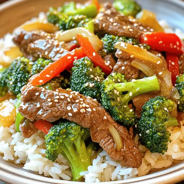 - 450 g Flank Steak, dünn gegen die Faser geschnitten - 3 Tassen Brokkoli-Röschen - 1 rote Paprika, in Streifen geschnitten - Sojasauce - Austernsauce (optional) - Sesamöl - Honig - Knoblauch und Ingwer: Diese beiden geben dem Gericht ein tolles Aroma. - Gekochter Jasminreis zum Servieren: Er passt perfekt zu diesem Gericht. Bei der Zubereitung von Beef and Broccoli Stir-Fry sind frische Zutaten wichtig. Das Flank Steak hat viel Geschmack. Brokkoli bringt Farbe und Nährstoffe. Die rote Paprika fügt eine süße Note hinzu. Zusammen mit den Gewürzen ergeben sie ein köstliches Gericht. Die Sojasauce sorgt für Umami. Austernsauce kann für mehr Tiefe sorgen, ist aber nicht zwingend nötig. Sesamöl gibt einen nussigen Geschmack. Honig bringt eine süße Balance. Knoblauch und Ingwer verleihen dem Gericht Frische. Diese Zutaten machen das Rezept besonders lecker. Sie sind alle einfach zu finden und machen das Kochen leicht. Für das volle Rezept und mehr Details, schau dir die Full Recipe an. - Schneide das Flank Steak in dünne Stücke gegen die Faser. - In einer Schüssel, füge 1 Esslöffel Sojasauce, Maisstärke, Salz und Pfeffer hinzu. - Mische alles gut und lasse es 15-20 Minuten marinieren. - Bringe einen Topf mit Wasser zum Kochen. - Gib die Brokkoli-Röschen für 2 Minuten ins Wasser. - Sie sollten leuchtend grün und leicht zart sein. - Danach in kaltes Wasser geben, um den Garprozess zu stoppen. - Lass den Brokkoli gut abtropfen. - In einer kleinen Schüssel, vermische Sojasauce, Austernsauce, Honig und Sesamöl. - Rühre gut um und stelle die Sauce beiseite. - Erhitze 1 Esslöffel Pflanzenöl in einer großen Pfanne oder einem Wok. - Füge das marinierte Fleisch in einer einzigen Schicht hinzu. - Brate es 2-3 Minuten, bis es braun ist. - Nimm das Fleisch aus der Pfanne und stelle es beiseite. - Gib das restliche Pflanzenöl in dieselbe Pfanne. - Füge den gehackten Knoblauch und den geriebenen Ingwer hinzu. - Brate sie 1-2 Minuten, bis sie aromatisch sind. - Gib die geschnittene rote Paprika dazu und brate sie kurz mit. - Gib das angebratene Fleisch und den blanchierten Brokkoli zurück in die Pfanne. - Gieße die vorbereitete Sauce darüber. - Rühre alles gut um und koche es weitere 3-5 Minuten, bis das Fleisch durchgegart ist. - Nimm die Pfanne vom Herd. - Serviere das Beef and Broccoli Stir-Fry heiß über einer Portion Jasminreis. - Für eine schöne Präsentation, garniere mit frischen Sesamsamen und gehackten Frühlingszwiebeln. Diese Schritte machen das Kochen einfach und schnell. Folge dem Rezept für ein köstliches Ergebnis! - Hinweise zur Fleischgarung: Achte darauf, das Flank Steak nicht zu lange zu braten. 2-3 Minuten pro Seite reichen. Das Fleisch sollte außen braun und innen saftig sein. Wenn du es zu lange garst, wird es hart und zäh. - Brokkoli-Bissfestigkeit: Blanchiere den Brokkoli für nur 2 Minuten. Er soll leuchtend grün und knackig bleiben. So behält er seine Nährstoffe und seinen Geschmack. - Alternativen zur Sojasauce: Wenn du eine glutenfreie Option suchst, nutze Tamari. Es hat einen ähnlichen Geschmack und passt gut zu diesem Gericht. Eine andere Option ist Kokosnussaminos, die süßer sind. - Andere Gewürze hinzufügen: Experimentiere mit Knoblauchpulver oder Chili-Flocken für mehr Geschmack. Diese Gewürze bringen eine neue Tiefe in die Marinade. - Welche Pfanne oder Wok zu verwenden: Ein schwerer Wok ist ideal. Er verteilt die Hitze gleichmäßig und sorgt für ein schnelles Anbraten. Wenn du keinen Wok hast, nutze eine große Pfanne mit hohen Seiten. - Weitere nützliche Utensilien: Ein Holzlöffel und eine Zange sind wichtig. Mit der Zange kannst du das Fleisch und das Gemüse leicht wenden. So verhinderst du, dass sie anhaften. {{image_4}} Wenn du eine fleischfreie Option suchst, probiere Tofu als Ersatz. Tofu nimmt die Aromen gut auf. Schneide den Tofu in Würfel und mariniere ihn wie das Fleisch. Du kannst auch andere Gemüsevariationen nutzen. Zucchini, Karotten oder Pilze passen gut. Das gibt mehr Farbe und Geschmack. Für eine glutenfreie Diät verwende glutenfreie Sojasauce. Diese Sauce hat den gleichen vollen Geschmack. Achte darauf, dass alle anderen Zutaten auch glutenfrei sind. Du kannst die Sauce nach deinem Geschmack anpassen. Probiere, Honig oder andere süße Zutaten zu verändern. Möchtest du dein Gericht aufpeppen? Füge Nüsse wie Cashews oder Mandeln hinzu. Sie bringen einen tollen Crunch. Du kannst auch Reis-Alternativen wie Quinoa verwenden. Quinoa hat einen nussigen Geschmack und ist sehr gesund. Diese Ideen machen dein Gericht noch besser und spannender. Für die vollständige Zubereitung sieh dir das Full Recipe an. Lagern Sie Ihr Beef and Broccoli Stir-Fry im Kühlschrank. Nutzen Sie einen luftdichten Behälter. So bleibt es frisch. Es hält sich bis zu drei Tage. Achten Sie darauf, dass das Gericht gut abgekühlt ist, bevor Sie es in den Kühlschrank stellen. Das Einfrieren ist eine großartige Option. Teilen Sie das Gericht in Portionen auf. Verwenden Sie gefrierfreundliche Behälter oder Beutel. So bleibt der Geschmack erhalten. Es kann bis zu drei Monate im Gefrierschrank bleiben. Um es aufzutauen, lassen Sie es über Nacht im Kühlschrank. Alternativ können Sie die Mikrowelle nutzen. Erwärmen Sie es bei mittlerer Leistung. Rühren Sie es häufig um, damit es gleichmäßig warm wird. Reste sind eine tolle Gelegenheit für neue Gerichte. Verwenden Sie das übrig gebliebene Beef and Broccoli in einem Wrap. Fügen Sie frisches Gemüse und Salsa hinzu. Eine andere Idee: Machen Sie eine schnelle Suppe. Geben Sie die Reste in eine Brühe mit Reis. Für eine kreative Wiederverwendung können Sie ein Omelett machen. Vermengen Sie das Fleisch und Gemüse mit Eiern. So haben Sie ein leckeres Frühstück. Schauen Sie sich auch die Full Recipe für mehr Ideen an. Die Zubereitungszeit beträgt 20 Minuten. Die Gesamtzeit für das Gericht ist 40 Minuten. Diese Zeit ist schnell und ideal für ein schnelles Abendessen. Ja, du kannst das Fleisch im Voraus marinieren. Eine Marinierzeit von 15-20 Minuten reicht aus. So bekommt das Fleisch mehr Geschmack und wird zarter. Jasminreis ist eine perfekte Beilage. Du kannst auch gebratene Nudeln oder einen frischen Salat wählen. Diese Optionen ergänzen das Gericht schön. Das Rezept hat seinen Ursprung in der chinesischen Küche. Es ist ein beliebtes Gericht in vielen Restaurants. Die Kombination aus Rindfleisch und Brokkoli ist einfach köstlich. Um das Gericht schärfer zu machen, füge frische Chilischoten hinzu. Du kannst auch Sriracha oder Chilipaste verwenden. Diese Optionen bringen mehr Würze in dein Gericht. Zusammenfassend haben wir die Zutaten, Schritte und Tipps für ein köstliches Beef and Broccoli Gericht besprochen. Beginne mit einer einfachen Marinade und achte auf die Garzeiten. Variiere die Zutaten und passe das Rezept an deine Vorlieben an. Denke daran, Reste kreativ zu nutzen und auszuprobieren. Diese Anleitung macht das Kochen leicht und macht Spaß. Genieß das Kochen und die vielen Möglichkeiten, die du mit diesem Rezept hast!