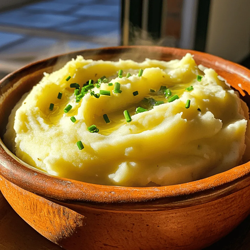 - 900 g Yukon Gold Kartoffeln - 4 Knoblauchzehen - 120 ml Schlagsahne - 60 g ungesalzene Butter Die Wahl der richtigen Kartoffeln ist entscheidend. Yukon Gold sind perfekt. Sie haben eine cremige Textur und einen tollen Geschmack. Der Knoblauch bringt Wärme und Tiefe ins Gericht. Ich liebe es, frischen Knoblauch zu verwenden. Er gibt dem Püree einen kräftigen Kick. Die Schlagsahne macht das Püree schön cremig. Wenn Sie es noch reichhaltiger mögen, können Sie mehr hinzufügen. Die ungesalzene Butter sorgt für einen tollen, reichen Geschmack. Butter ist ein Muss in diesem Rezept. - Salz - Frisch gemahlener schwarzer Pfeffer - Frische Schnittlauch, gehackt Salz hebt die Aromen hervor. Eine gute Prise ist wichtig. Frisch gemahlener schwarzer Pfeffer bringt einen leichten Schärfekick. Ich empfehle, ihn nach Geschmack hinzuzufügen. Frischer Schnittlauch ist die perfekte Garnierung. Er gibt Farbe und einen frischen Geschmack. Das Püree sieht damit nicht nur gut aus, es schmeckt auch besser. Für das vollständige Rezept schauen Sie sich die vollständige Anleitung an. Zuerst schälen Sie die Kartoffeln. Verwenden Sie Yukon Gold Kartoffeln, da sie gut schmecken. Schneiden Sie die Kartoffeln in gleichmäßige Würfel. Dies hilft, dass sie gleichmäßig garen. Dann bereiten Sie den Knoblauch vor. Schälen Sie vier Knoblauchzehen. Diese bringen einen tollen Geschmack ins Püree. Geben Sie die gewürfelten Kartoffeln und den Knoblauch in einen großen Topf. Bedecken Sie die Zutaten mit kaltem Wasser. Fügen Sie eine Prise Salz hinzu, um den Geschmack zu verbessern. Stellen Sie den Herd auf mittlere bis hohe Hitze. Wenn das Wasser kocht, senken Sie die Hitze. Lassen Sie alles 15-20 Minuten köcheln, bis die Kartoffeln zart sind. Prüfen Sie die Zartheit mit einer Gabel. Sie sollten leicht durchstechen lassen. Nach dem Kochen lassen Sie die Kartoffeln und den Knoblauch abtropfen. Dampfen Sie sie für eine Minute, damit sie trocken werden. Geben Sie die Mischung zurück in den Topf. Fügen Sie die Butter und die Schlagsahne hinzu. Erhitzen Sie alles langsam, bis die Butter schmilzt. Nutzen Sie einen Kartoffelstampfer, um alles zu einem cremigen Püree zu verarbeiten. Würzen Sie das Püree mit Salz und frisch gemahlenem Pfeffer. Probieren Sie es, um sicherzustellen, dass der Geschmack stimmt. Servieren Sie das Püree heiß, garniert mit frischem Schnittlauch. Für das vollständige Rezept, schauen Sie sich den Abschnitt "Full Recipe" an. Um die beste Konsistenz zu erzielen, benutze einen Kartoffelstampfer. Mit einem Kartoffelstampfer bekommst du ein grobes Püree. Wenn du es feiner magst, nimm eine Kartoffelpresse. Diese macht dein Püree ganz glatt. Füge Schlagsahne hinzu, um das Püree cremig zu machen. Du kannst mehr oder weniger Schlagsahne verwenden, je nach deinem Geschmack. Ein wahrer Geheimtipp ist, die Schlagsahne leicht zu erhitzen, bevor du sie hinzufügst. So vermischt sie sich besser. Die richtige Menge Salz und Pfeffer ist wichtig. Beginne mit einer Prise Salz und etwas Pfeffer. Du kannst immer mehr hinzufügen, aber weniger wegnehmen. Probiere dein Püree, um sicherzugehen, dass der Geschmack stimmt. Frische Kräuter bringen mehr Geschmack ins Püree. Schnittlauch oder Petersilie eignen sich gut. Hacke die Kräuter fein und mische sie unter das Püree. So erhältst du ein frisches und leckeres Aroma. Für das komplette Rezept schaue dir das [Full Recipe] an. {{image_4}} Möchten Sie Ihr Kartoffelpüree noch besser machen? Sie können Käse hinzufügen. Käse sorgt für mehr Cremigkeit. Verwenden Sie cremigen Käse wie Frischkäse oder Mascarpone. Eine kleine Menge Parmesan bringt einen tollen Geschmack. Sie können auch Gemüse hinzufügen. Karotten oder Blumenkohl passen gut. Sie geben Nährstoffe und Farbe. Dämpfen Sie das Gemüse vor dem Mischen. So bleibt der Geschmack frisch. Für eine vegane Version nutzen Sie pflanzliche Butter und Milch. Es gibt viele gute Produkte auf dem Markt. Kokosmilch oder Mandelmilch sind tolle Optionen. Diese machen das Püree auch cremig. Verwenden Sie außerdem Knoblauchöl für mehr Geschmack. Es ist eine einfache Möglichkeit, um den Knoblauchgeschmack zu verstärken. Wenn Sie glutenfrei essen, brauchen Sie sich keine Sorgen zu machen. Dieses Rezept ist von Natur aus glutenfrei. Alle Zutaten sind sicher. Sie können das Püree ohne Zusatzstoffe genießen. Für eine gesunde Variante nutzen Sie weniger Butter und Sahne. Das Püree wird dennoch lecker und cremig. Weitere Details finden Sie im Full Recipe. - Im Kühlschrank lagern: Legen Sie das Püree in einen luftdichten Behälter. Es bleibt bis zu drei Tage frisch. Achten Sie darauf, die Oberfläche mit Frischhaltefolie abzudecken. So bleibt die Feuchtigkeit erhalten. - Gefrieroptionen: Wenn Sie das Püree länger aufbewahren möchten, frieren Sie es ein. Verwenden Sie einen gefrierfesten Behälter. So bleibt es bis zu zwei Monate genießbar. Lassen Sie beim Auftauen etwas Platz, da sich das Püree ausdehnt. - Aufwärmtipps für die besten Ergebnisse: Um das Püree aufzuwärmen, geben Sie es in einen Topf. Fügen Sie etwas Milch oder Sahne hinzu, um die Cremigkeit zu erhalten. Erhitzen Sie es bei niedriger Hitze. Rühren Sie oft, um ein Anbrennen zu verhindern. So bleibt das Püree lecker und cremig. Cremige Knoblauch-Kartoffelpüree sind bis zu drei Tage im Kühlschrank haltbar. Lagern Sie das Püree in einem luftdichten Behälter. Achten Sie darauf, dass die Temperatur unter 4 Grad Celsius bleibt. Wenn Sie das Püree länger aufbewahren möchten, können Sie es auch einfrieren. In einem gefrierfesten Behälter hält es bis zu zwei Monate. Achten Sie darauf, es gut zu verpacken, um Gefrierbrand zu vermeiden. Ja, Sie können das Rezept im Voraus zubereiten. Kochen Sie die Kartoffeln und den Knoblauch nach dem Rezept und lassen Sie das Püree abkühlen. Lagern Sie es dann im Kühlschrank. Sie können es bis zu einen Tag vorher zubereiten. Um das Püree vor dem Servieren zu wärmen, geben Sie es in einen Topf und erhitzen Sie es bei niedriger Temperatur. Fügen Sie bei Bedarf etwas Schlagsahne hinzu, um die Cremigkeit zu erhöhen. Um das Püree würziger zu machen, können Sie verschiedene Gewürze hinzufügen. Hier sind einige Vorschläge: - Fügen Sie eine Prise Paprika für einen rauchigen Geschmack hinzu. - Verwenden Sie frische Kräuter wie Thymian oder Rosmarin für mehr Aroma. - Probieren Sie etwas geriebenen Parmesan für zusätzlichen Geschmack. - Chilipulver kann auch eine kleine Schärfe bringen. Kreativität ist der Schlüssel! Experimentieren Sie mit Gewürzen, die Sie mögen, um Ihr perfektes Püree zu finden. Dieses Rezept für cremiges Knoblauch-Kartoffelpüree ist einfach und lecker. Wir haben die Hauptzutaten wie Yukon Gold Kartoffeln und frischen Knoblauch besprochen. Ich habe dir gezeigt, wie du das Püree perfekt zubereitest und gewürzt. Variationen und Tipps zur Aufbewahrung runden alles ab. Denke daran, frische Zutaten zu verwenden. Kreativität erhöht den Geschmack. Probiere verschiedene Varianten, die zu deinem Geschmack passen. Viel Spaß beim Kochen und Genießen!