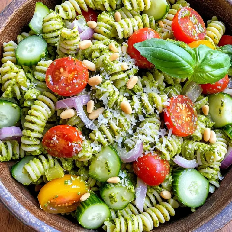 Für einen leckeren Pesto Pasta Salat benötigst du einige wichtige Zutaten: - 225 g Vollkornpasta (Fusilli oder Penne) - 1 Tasse frische Basilikumblätter - 1/2 Tasse frisch geriebener Parmesan - 1/3 Tasse Pinienkerne, geröstet - 2 Knoblauchzehen, fein gehackt - 1/2 Tasse natives Olivenöl extra - 1 Tasse Kirschtomaten, halbiert - 1 Tasse Gurke, gewürfelt - 1/4 rote Zwiebel, fein gehackt - Salz und Pfeffer nach Geschmack - Schale und Saft von 1 Zitrone Diese Zutaten geben dem Salat seinen frischen und nussigen Geschmack. Die Vollkornpasta sorgt für eine gesunde Basis. Es ist wichtig, die richtigen Gewürze zu wählen. Ich benutze oft Salz und Pfeffer für den perfekten Geschmack. Zitronensaft bringt eine frische Note. Du kannst auch etwas mehr Knoblauch hinzufügen, wenn du es magst. Du kannst deinen Pesto Pasta Salat nach deinem Geschmack anpassen. Probiere andere Gemüsesorten wie Paprika oder Zucchini. Auch Oliven oder Feta-Käse passen gut dazu. Diese Zutaten bringen neue Aromen und Texturen in den Salat. Für die vollständige Zubereitung kannst du die [Full Recipe] ansehen. Zuerst koche ich die Vollkornpasta. Fülle einen großen Topf mit Salzwasser und bringe es zum Kochen. Gib dann die 225 g Vollkornpasta hinein. Koche sie gemäß den Anweisungen auf der Verpackung al dente. Nach dem Kochen gieße ich die Pasta ab und spüle sie unter kaltem Wasser. So stoppe ich den Kochvorgang. Danach stelle ich die Pasta beiseite, damit sie abkühlt. Jetzt mache ich das Pesto. Ich nehme eine Küchenmaschine und gebe die frischen Basilikumblätter, den geriebenen Parmesan, die gerösteten Pinienkerne und die gehackten Knoblauchzehen hinein. Ich pulsiere die Mischung, bis sie fein gehackt ist. Während die Maschine läuft, füge ich langsam das Olivenöl hinzu. So wird das Pesto schön glatt. Ich schmecke es mit Salz, Pfeffer und der Zitronenschale ab. In einer großen Schüssel kombiniere ich die abgekühlte Pasta mit den halbierten Kirschtomaten, der gewürfelten Gurke und der gehackten roten Zwiebel. Dann gebe ich das frisch zubereitete Pesto dazu. Ich rühre vorsichtig um, bis die Pasta und das Gemüse gleichmäßig mit dem Pesto umhüllt sind. Zum Schluss füge ich den Zitronensaft hinzu und passe die Gewürze nach Geschmack an. Ich mische alles gut durch und stelle den Salat für mindestens 30 Minuten in den Kühlschrank, damit sich die Aromen entfalten können. Für mehr Details und um alle Schritte zu sehen, schaue dir das [Full Recipe] an. Um ein großartiges Pesto zu machen, verwende frische Basilikumblätter. Die Blätter geben dem Pesto einen tollen Geschmack. Röste die Pinienkerne leicht, bevor du sie hinzufügst. Das Rösten bringt das Aroma hervor. In der Küchenmaschine püriere alle Zutaten gut. Lass das Olivenöl langsam einfließen. So wird das Pesto schön glatt und cremig. Die Konsistenz deines Pestos kann variieren. Wenn es zu dick ist, füge mehr Olivenöl hinzu. Wenn es zu dünn ist, gib mehr Nüsse oder Käse dazu. Probiere das Pesto während der Zubereitung. Finde die perfekte Balance für deinen Geschmack. Für den Pesto Pasta Salat sind Vollkornpasta sehr gut. Sie bieten einen nussigen Geschmack und eine gute Textur. Fusilli oder Penne sind ideal, da sie die Sauce gut halten. Koche die Pasta al dente, damit sie nicht matschig wird. So bleibt der Salat frisch und lecker. Für das vollständige Rezept schau dir die [Full Recipe] an. {{image_4}} Du kannst Pesto Pasta Salat leicht anpassen. Für eine vegetarische Variante nimm einfach Parmesan. Vegane Esser können einen pflanzlichen Käse verwenden oder die Nussmischung erhöhen. So bleibt der Geschmack großartig! Um deinem Salat mehr Geschmack zu verleihen, füge einige Zutaten hinzu. Geröstete Paprika bringen Süße. Feta-Käse sorgt für eine salzige Note. Auch Oliven geben einen tollen Kick. Probiere auch Avocado für eine cremige Textur. Die Saison beeinflusst die Zutaten. Im Sommer sind frische Tomaten und Zucchini perfekt. Im Herbst kannst du Kürbis oder Rote Bete verwenden. Diese Zutaten machen den Salat bunt und lecker. Du kannst auch frische Kräuter je nach Saison einfügen. Mit diesen Variationen wird dein Pesto Pasta Salat immer neu und spannend! Wenn du mehr über die Zubereitung erfahren möchtest, schau dir das Full Recipe an. Um deinen Pesto Pasta Salat frisch zu halten, ist die Lagerung wichtig. Verwende einen luftdichten Behälter. Das hilft, Luft und Feuchtigkeit fernzuhalten. Stelle den Behälter in den Kühlschrank, um die Frische zu bewahren. Im Kühlschrank hält sich der Pesto Pasta Salat bis zu drei Tage. Achte darauf, ihn gut abzudecken. Nach ein paar Tagen kann der Salat an Geschmack verlieren. Überprüfe die Zutaten vor dem Essen. Wenn etwas seltsam riecht oder aussieht, wirf es weg. Du kannst Pesto Pasta Salat auch einfrieren, aber etwas anders. Lass den Salat zuerst auf Raumtemperatur abkühlen. Fülle ihn dann in einen gefrierfesten Behälter. Achte darauf, etwas Platz zu lassen, da sich der Salat beim Einfrieren ausdehnt. So bleibt er bis zu drei Monate frisch. Zum Essen lass den Salat im Kühlschrank auftauen. Pesto Pasta Salat hält sich gut im Kühlschrank. Er bleibt frisch für 3 bis 5 Tage. Achte darauf, ihn in einem luftdichten Behälter aufzubewahren. So bleibt der Geschmack und die Textur erhalten. Wenn du ihn wieder servierst, rühre ihn gut durch. Manchmal setzen sich die Zutaten ab, und das sieht nicht so schön aus. Ja, du kannst andere Nüsse verwenden! Pinienkerne sind klassisch, aber Walnüsse oder Cashews funktionieren auch gut. Jede Nuss gibt dem Pesto einen anderen Geschmack. Probiere einfach aus, was dir am besten gefällt. Das macht das Rezept noch persönlicher. Achte nur darauf, die Nüsse leicht zu rösten. Das verstärkt den Geschmack. Um den Salat für eine Party anzupassen, füge mehr Gemüse hinzu. Du kannst Paprika, Oliven oder sogar Feta-Käse verwenden. Diese Zutaten bringen Farbe und Geschmack. Du kannst auch kleine Portionen in Gläsern servieren. Das sieht toll aus und ist einfach zu handhaben. Wenn du mehr für die Gäste machen möchtest, verdopple einfach das Rezept. Die komplette Anleitung findest du in der [Full Recipe]. Dieser Artikel hat die besten Zutaten für Pesto Pasta Salat behandelt. Wir haben die Hauptzutaten, Gewürze und optionales Gemüse besprochen. Zudem gab ich eine einfache Schritt-für-Schritt-Anleitung zur Zubereitung. Tipps zur Pesto-Zubereitung und interessante Variationen rundeten das Ganze ab. Denke daran, deinen Salat gut zu lagern. So bleibt er frisch. Probiere neue Variationen aus und passe sie nach deinem Geschmack an. Viel Spaß beim Kochen und Genießen!
