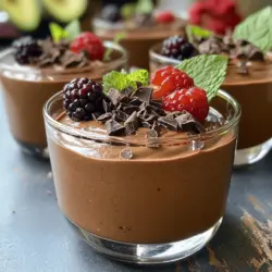 - 2 reife Avocados - 1/3 Tasse ungesüßtes Kakaopulver - 1/4 Tasse reiner Ahornsirup oder Honig Die Hauptzutaten sind einfach zu finden. Avocados sind voll von gesunden Fetten und machen die Mousse cremig. Kakaopulver sorgt für den tiefen Schokoladengeschmack. Ahornsirup oder Honig bringt die nötige Süße. - 1/4 Tasse Mandelmilch oder andere Milchalternativen - 1 Teelöffel Vanilleextrakt Die Mandelmilch macht die Mousse noch glatter. Du kannst auch andere pflanzliche Milch verwenden. Vanilleextrakt fügt ein warmes Aroma hinzu. - Eine Prise Meersalz - Dunkle Schokoladenraspel oder Kakaonibs zur Garnitur Meersalz hebt den Geschmack der Schokolade hervor. Dunkle Schokoladenraspel oder Kakaonibs bringen eine schöne Textur und Geschmack. Sie machen die Mousse noch spezieller. Für das vollständige Rezept, schau dir die detaillierte Anleitung an, um diese leckere Schokoladen-Avocado-Mousse einfach selbst zu machen! - Halbiere die Avocados und entferne die Kerne. - Schöpfe das Fruchtfleisch in die Küchenmaschine. Avocados sind die Hauptzutat in dieser Mousse. Sie geben der Mousse eine cremige Textur. Wähle reife Avocados. Sie sollten leicht nachgeben, wenn du sie drückst. Das Fruchtfleisch muss gut gemischt werden, damit die Mousse glatt wird. - Füge Kakaopulver, Sirup, Mandelmilch, Vanilleextrakt und Salz hinzu. - Mixe kurz, um alles gut zu vermengen. Jetzt kommt der spannende Teil. Gib das Kakaopulver hinzu. Es bringt den schokoladigen Geschmack. Der Sirup sorgt für die Süße. Mandelmilch macht die Mousse leicht und fluffig. Mixe alles auf hoher Stufe. Achte darauf, die Seiten der Schüssel abzukratzen. So bleibt nichts zurück. - Teste die Mousse und süße nach Belieben. - Fülle die Mousse in Servierschalen und kühle sie. Probiere die Mousse. Ist sie süß genug für dich? Wenn nicht, füge mehr Sirup hinzu. Mixe dann kurz, um alles zu kombinieren. Fülle die Mousse in kleine Schalen oder Gläser. Stelle sie für mindestens 30 Minuten in den Kühlschrank. So wird sie fest und die Aromen kommen besser zur Geltung. Um die perfekte Konsistenz zu erreichen, steigern Sie die Mischgeschwindigkeit langsam. Beginnen Sie mit einer niedrigen Stufe. So vermeiden Sie Spritzer und klumpige Stückchen. Vergessen Sie nicht, die Seiten der Schüssel abzuschaben. Manchmal bleiben Zutaten an den Wänden kleben. Das Abkratzen sorgt dafür, dass alles gut vermischt wird. Jeder hat einen anderen Geschmack. Wenn die Mousse nicht süß genug ist, fügen Sie mehr Sirup hinzu. Zum Süßen können Sie auch andere Siruparten nutzen. Honig oder Agavendicksaft sind tolle Alternativen. Diese geben der Mousse einen einzigartigen Geschmack. Die Präsentation macht viel aus. Servieren Sie die Mousse in eleganten Gläsern. So kommt die cremige Textur gut zur Geltung. Dekorieren Sie die Mousse mit frischen Beeren oder Minze. Diese Farben sorgen für einen schönen Kontrast. Ein Hauch von Kakaopulver kann auch sehr ansprechend sein. {{image_4}} Eine tolle Möglichkeit, Ihre Schokoladen-Avocado-Mousse zu verändern, ist das Hinzufügen von Erdnussbutter. Dies gibt dem Dessert einen nussigen Geschmack und eine cremige Textur. Einfach einen Esslöffel Erdnussbutter in die Mischung geben, wenn Sie die anderen Zutaten hinzufügen. Eine weitere Option ist die Verwendung von Kokosmilch statt Mandelmilch. Kokosmilch gibt der Mousse eine tropische Note. Sie wird auch cremiger und reicher im Geschmack. Versuchen Sie es, um den Geschmack zu variieren und noch mehr Freude zu haben. Wenn Sie eine vegane Version möchten, können Sie den Honig durch Ahornsirup ersetzen. Ahornsirup ist eine großartige, pflanzliche Süße, die gut mit der Schokolade harmoniert. Verwenden Sie die gleiche Menge Ahornsirup wie im Rezept angegeben. Zusätzlich können Sie pflanzlichen Joghurt als Garnierung verwenden. Dies fügt eine leckere, erfrischende Note hinzu und bleibt vegan. So genießen Sie Ihre Mousse ohne tierische Produkte. Ein weiterer Tipp ist, Chiasamen oder Nüsse in Ihre Mousse einzuarbeiten. Chiasamen geben eine interessante Textur und sind gesund. Nüsse wie Mandeln oder Walnüsse fügen einen tollen Crunch hinzu. Sie können auch aromatisierte Kakaonibs verwenden. Diese kleinen Stücke bringen einen zusätzlichen Schokoladengeschmack und etwas Knusprigkeit. Sie sind eine einfache Möglichkeit, Ihre Mousse noch köstlicher zu machen. Für das vollständige Rezept schauen Sie in den Abschnitt „Full Recipe“. Bewahre die Mousse im Kühlschrank auf. Sie bleibt bis zu 3 Tage frisch. Achte darauf, sie gut abzudecken. So bleibt der Geschmack und die Textur erhalten. Du kannst die Mousse auch einfrieren. Verwende dafür verschließbare Behälter. Stelle sicher, dass sie gut verschlossen sind. Zum Auftauen lasse die Mousse über Nacht im Kühlschrank. So bleibt sie cremig und lecker. Es ist praktisch, Einzelportionen herzustellen. So kannst du die Mousse leicht servieren. Reste kannst du in Joghurt mischen oder auf Pfannkuchen geben. So verwandelst du sie in ein neues Gericht. Ja, die Schokoladen-Avocado-Mousse ist gesund. Sie enthält gesunde Fette, Vitamine und Mineralien. Hier sind die Nährstoffe der Hauptzutaten: - Avocados: Reich an gesunden Fetten, Ballaststoffen und Vitaminen. - Kakaopulver: Voller Antioxidantien, die gut für das Herz sind. - Ahornsirup: Bietet natürliche Süße und Mineralstoffe. Die Vorteile von Avocado in Desserts sind vielfältig. Avocados machen die Mousse cremig und reichhaltig. Sie senken den Zuckergehalt durch natürliche Süße. Auch helfen sie, die Mousse nährstoffreich zu halten. Ja, Sie können die Mousse im Voraus zubereiten. Das macht die Zubereitung einfacher. Hier sind einige Tipps zur Zubereitung und Lagerung: - Bereiten Sie die Mousse bis zu zwei Tage im Voraus zu. - Füllen Sie sie in luftdichte Behälter. So bleibt sie frisch. - Stellen Sie sicher, dass die Behälter gut verschlossen sind. Die empfohlene Kühlzeit beträgt mindestens 30 Minuten. Je länger Sie sie kühlen, desto besser werden die Aromen. Es gibt verschiedene Methoden, die Mousse süßer zu machen. Hier sind einige einfache Möglichkeiten: - Fügen Sie mehr Ahornsirup oder Honig hinzu. - Probieren Sie andere natürliche Süßungsmittel wie Dattelsirup oder Agavendicksaft. Achten Sie darauf, die Süße nach dem Mischen zu testen. So stellen Sie sicher, dass die Mousse genau richtig ist. Die Schokoladen-Avocado-Mousse ist einfach zuzubereiten und lecker. Du brauchst nur reife Avocados, Kakaopulver und einen Süßstoff. Mische alles gut und lass die Mousse kühlen. Du kannst sie nach Belieben dekorieren und die Süße anpassen. Diese gesunde Variante schmeckt nicht nur gut, sondern hat auch viele Nährstoffe. Probier verschiedene Zutaten aus und finde deinen Favoriten. So wird jede Portion zum Genuss!