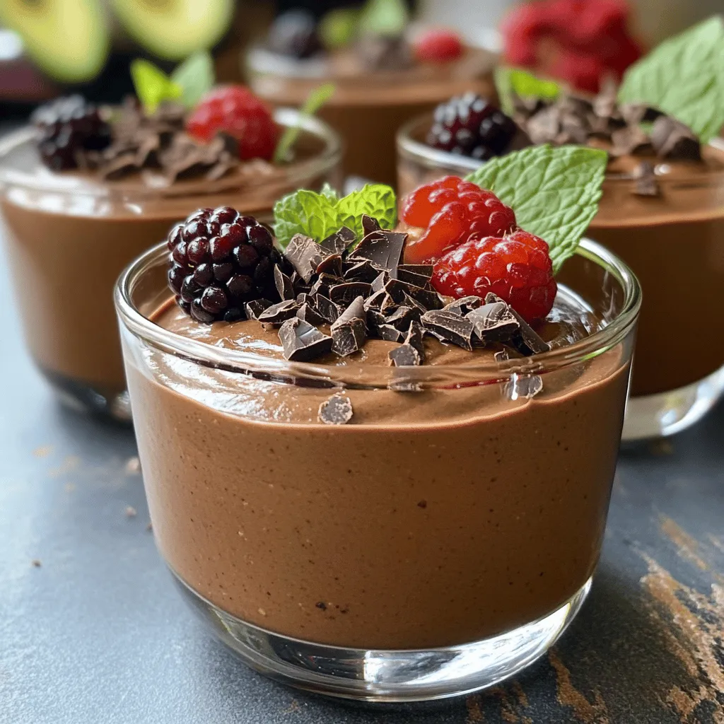 - 2 reife Avocados - 1/3 Tasse ungesüßtes Kakaopulver - 1/4 Tasse reiner Ahornsirup oder Honig Die Hauptzutaten sind einfach zu finden. Avocados sind voll von gesunden Fetten und machen die Mousse cremig. Kakaopulver sorgt für den tiefen Schokoladengeschmack. Ahornsirup oder Honig bringt die nötige Süße. - 1/4 Tasse Mandelmilch oder andere Milchalternativen - 1 Teelöffel Vanilleextrakt Die Mandelmilch macht die Mousse noch glatter. Du kannst auch andere pflanzliche Milch verwenden. Vanilleextrakt fügt ein warmes Aroma hinzu. - Eine Prise Meersalz - Dunkle Schokoladenraspel oder Kakaonibs zur Garnitur Meersalz hebt den Geschmack der Schokolade hervor. Dunkle Schokoladenraspel oder Kakaonibs bringen eine schöne Textur und Geschmack. Sie machen die Mousse noch spezieller. Für das vollständige Rezept, schau dir die detaillierte Anleitung an, um diese leckere Schokoladen-Avocado-Mousse einfach selbst zu machen! - Halbiere die Avocados und entferne die Kerne. - Schöpfe das Fruchtfleisch in die Küchenmaschine. Avocados sind die Hauptzutat in dieser Mousse. Sie geben der Mousse eine cremige Textur. Wähle reife Avocados. Sie sollten leicht nachgeben, wenn du sie drückst. Das Fruchtfleisch muss gut gemischt werden, damit die Mousse glatt wird. - Füge Kakaopulver, Sirup, Mandelmilch, Vanilleextrakt und Salz hinzu. - Mixe kurz, um alles gut zu vermengen. Jetzt kommt der spannende Teil. Gib das Kakaopulver hinzu. Es bringt den schokoladigen Geschmack. Der Sirup sorgt für die Süße. Mandelmilch macht die Mousse leicht und fluffig. Mixe alles auf hoher Stufe. Achte darauf, die Seiten der Schüssel abzukratzen. So bleibt nichts zurück. - Teste die Mousse und süße nach Belieben. - Fülle die Mousse in Servierschalen und kühle sie. Probiere die Mousse. Ist sie süß genug für dich? Wenn nicht, füge mehr Sirup hinzu. Mixe dann kurz, um alles zu kombinieren. Fülle die Mousse in kleine Schalen oder Gläser. Stelle sie für mindestens 30 Minuten in den Kühlschrank. So wird sie fest und die Aromen kommen besser zur Geltung. Um die perfekte Konsistenz zu erreichen, steigern Sie die Mischgeschwindigkeit langsam. Beginnen Sie mit einer niedrigen Stufe. So vermeiden Sie Spritzer und klumpige Stückchen. Vergessen Sie nicht, die Seiten der Schüssel abzuschaben. Manchmal bleiben Zutaten an den Wänden kleben. Das Abkratzen sorgt dafür, dass alles gut vermischt wird. Jeder hat einen anderen Geschmack. Wenn die Mousse nicht süß genug ist, fügen Sie mehr Sirup hinzu. Zum Süßen können Sie auch andere Siruparten nutzen. Honig oder Agavendicksaft sind tolle Alternativen. Diese geben der Mousse einen einzigartigen Geschmack. Die Präsentation macht viel aus. Servieren Sie die Mousse in eleganten Gläsern. So kommt die cremige Textur gut zur Geltung. Dekorieren Sie die Mousse mit frischen Beeren oder Minze. Diese Farben sorgen für einen schönen Kontrast. Ein Hauch von Kakaopulver kann auch sehr ansprechend sein. {{image_4}} Eine tolle Möglichkeit, Ihre Schokoladen-Avocado-Mousse zu verändern, ist das Hinzufügen von Erdnussbutter. Dies gibt dem Dessert einen nussigen Geschmack und eine cremige Textur. Einfach einen Esslöffel Erdnussbutter in die Mischung geben, wenn Sie die anderen Zutaten hinzufügen. Eine weitere Option ist die Verwendung von Kokosmilch statt Mandelmilch. Kokosmilch gibt der Mousse eine tropische Note. Sie wird auch cremiger und reicher im Geschmack. Versuchen Sie es, um den Geschmack zu variieren und noch mehr Freude zu haben. Wenn Sie eine vegane Version möchten, können Sie den Honig durch Ahornsirup ersetzen. Ahornsirup ist eine großartige, pflanzliche Süße, die gut mit der Schokolade harmoniert. Verwenden Sie die gleiche Menge Ahornsirup wie im Rezept angegeben. Zusätzlich können Sie pflanzlichen Joghurt als Garnierung verwenden. Dies fügt eine leckere, erfrischende Note hinzu und bleibt vegan. So genießen Sie Ihre Mousse ohne tierische Produkte. Ein weiterer Tipp ist, Chiasamen oder Nüsse in Ihre Mousse einzuarbeiten. Chiasamen geben eine interessante Textur und sind gesund. Nüsse wie Mandeln oder Walnüsse fügen einen tollen Crunch hinzu. Sie können auch aromatisierte Kakaonibs verwenden. Diese kleinen Stücke bringen einen zusätzlichen Schokoladengeschmack und etwas Knusprigkeit. Sie sind eine einfache Möglichkeit, Ihre Mousse noch köstlicher zu machen. Für das vollständige Rezept schauen Sie in den Abschnitt „Full Recipe“. Bewahre die Mousse im Kühlschrank auf. Sie bleibt bis zu 3 Tage frisch. Achte darauf, sie gut abzudecken. So bleibt der Geschmack und die Textur erhalten. Du kannst die Mousse auch einfrieren. Verwende dafür verschließbare Behälter. Stelle sicher, dass sie gut verschlossen sind. Zum Auftauen lasse die Mousse über Nacht im Kühlschrank. So bleibt sie cremig und lecker. Es ist praktisch, Einzelportionen herzustellen. So kannst du die Mousse leicht servieren. Reste kannst du in Joghurt mischen oder auf Pfannkuchen geben. So verwandelst du sie in ein neues Gericht. Ja, die Schokoladen-Avocado-Mousse ist gesund. Sie enthält gesunde Fette, Vitamine und Mineralien. Hier sind die Nährstoffe der Hauptzutaten: - Avocados: Reich an gesunden Fetten, Ballaststoffen und Vitaminen. - Kakaopulver: Voller Antioxidantien, die gut für das Herz sind. - Ahornsirup: Bietet natürliche Süße und Mineralstoffe. Die Vorteile von Avocado in Desserts sind vielfältig. Avocados machen die Mousse cremig und reichhaltig. Sie senken den Zuckergehalt durch natürliche Süße. Auch helfen sie, die Mousse nährstoffreich zu halten. Ja, Sie können die Mousse im Voraus zubereiten. Das macht die Zubereitung einfacher. Hier sind einige Tipps zur Zubereitung und Lagerung: - Bereiten Sie die Mousse bis zu zwei Tage im Voraus zu. - Füllen Sie sie in luftdichte Behälter. So bleibt sie frisch. - Stellen Sie sicher, dass die Behälter gut verschlossen sind. Die empfohlene Kühlzeit beträgt mindestens 30 Minuten. Je länger Sie sie kühlen, desto besser werden die Aromen. Es gibt verschiedene Methoden, die Mousse süßer zu machen. Hier sind einige einfache Möglichkeiten: - Fügen Sie mehr Ahornsirup oder Honig hinzu. - Probieren Sie andere natürliche Süßungsmittel wie Dattelsirup oder Agavendicksaft. Achten Sie darauf, die Süße nach dem Mischen zu testen. So stellen Sie sicher, dass die Mousse genau richtig ist. Die Schokoladen-Avocado-Mousse ist einfach zuzubereiten und lecker. Du brauchst nur reife Avocados, Kakaopulver und einen Süßstoff. Mische alles gut und lass die Mousse kühlen. Du kannst sie nach Belieben dekorieren und die Süße anpassen. Diese gesunde Variante schmeckt nicht nur gut, sondern hat auch viele Nährstoffe. Probier verschiedene Zutaten aus und finde deinen Favoriten. So wird jede Portion zum Genuss!