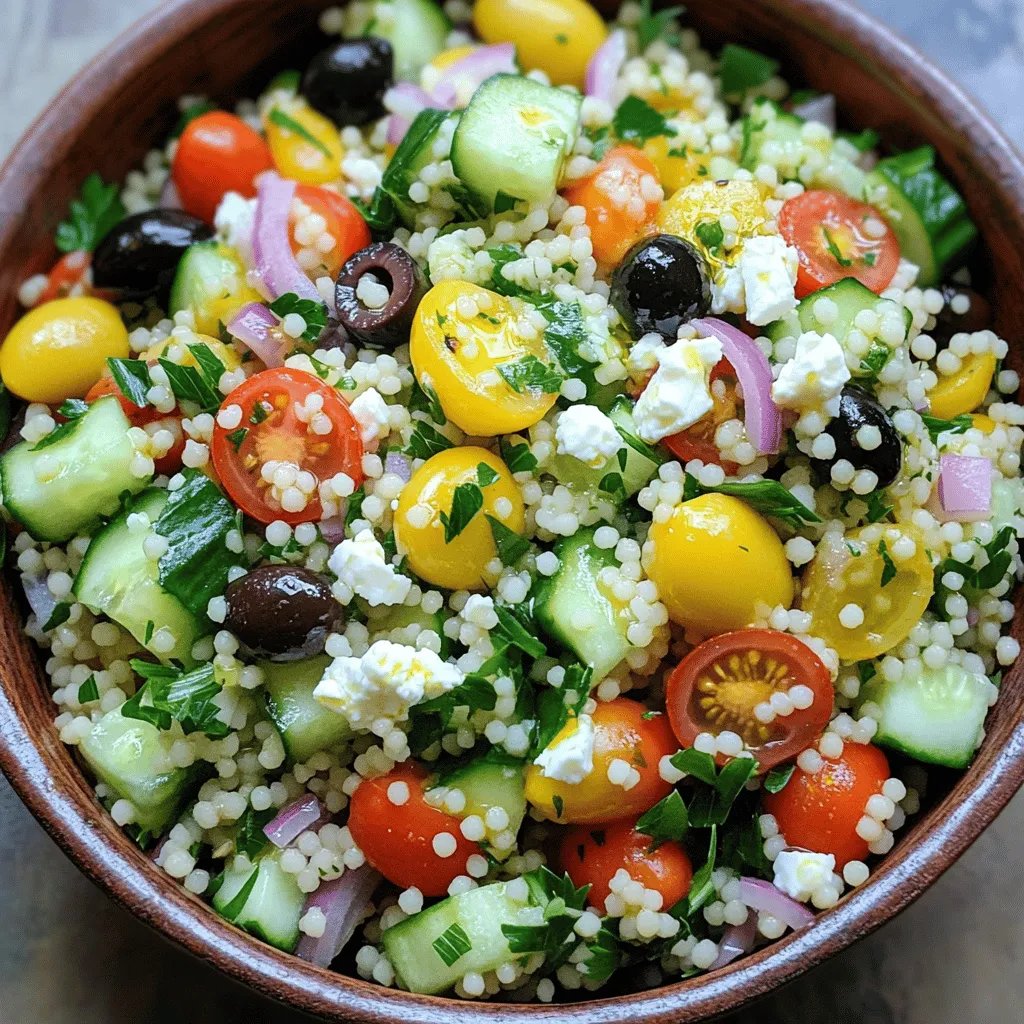 Für einen köstlichen mediterranen Couscous-Salat brauchst du einige einfache Zutaten. Hier sind die Hauptzutaten: - 1 Tasse Couscous - 1 1/4 Tassen Gemüsebrühe - 1 kleine Gurke, gewürfelt - 1 Tasse Kirschtomaten, halbiert - 1/2 rote Zwiebel, fein gehackt - 1/2 Tasse schwarze Oliven, entsteint und in Scheiben geschnitten - 1/2 Tasse Feta-Käse, zerbröckelt - 1/4 Tasse frische Petersilie, gehackt Diese Zutaten geben dem Salat viel Geschmack und Frische. Couscous ist leicht und nimmt die Aromen gut auf. Die Gurke und Tomaten sorgen für Knackigkeit. Zwiebel und Oliven bringen Würze und Tiefe. Das richtige Dressing macht den Unterschied. Hier sind die Gewürze und Zutaten für das Dressing: - 2 Esslöffel Olivenöl - 2 Esslöffel Zitronensaft - 1 Teelöffel getrockneter Oregano - Salz und Pfeffer nach Geschmack Das Olivenöl und der Zitronensaft bringen Frische. Oregano gibt einen mediterranen Touch. Salz und Pfeffer runden den Geschmack ab. Dieses Dressing ist einfach, aber sehr wirkungsvoll. Die Auswahl frischer und hochwertiger Zutaten ist wichtig. Achte auf diese Tipps: - Wähle frisches Gemüse. Die Gurke sollte knackig sein. Die Tomaten sollten reif und süß schmecken. - Verwende hochwertigen Feta-Käse. Er sollte cremig und nicht zu salzig sein. - Kaufe Oliven, die in Salzlake eingelegt sind. Sie haben mehr Geschmack und sind aromatischer. Frische Zutaten machen deinen Couscous-Salat lebendig. Wenn du die besten Zutaten nimmst, wird dein Salat noch besser. Du kannst das gesamte Rezept für den mediterranen Couscous-Salat [Full Recipe] ausprobieren und sehen, wie einfach es ist, einen leckeren Salat zu machen! Um den Couscous perfekt zuzubereiten, beginne mit der Gemüsebrühe. Bringe sie in einem Topf zum Kochen. Füge dann die Tasse Couscous hinzu. Rühre einmal um und lege den Deckel auf. Nimm den Topf vom Herd und lasse ihn fünf Minuten ruhen. Der Couscous nimmt die Brühe auf. Danach lockere ihn mit einer Gabel auf und lasse ihn abkühlen. So bleibt der Couscous locker und geschmackvoll. Bereite eine große Rührschüssel vor. Würfle die Gurke in kleine Stücke. Halbiere die Kirschtomaten und füge sie in die Schüssel. Hacke die rote Zwiebel fein und gib sie hinzu. Schneide die schwarzen Oliven in Scheiben und füge sie auch hinzu. Zerbröckle den Feta-Käse und streue ihn über das Gemüse. Diese Farben und Texturen machen den Salat einladend und frisch. Nehme eine kleine Schüssel für das Dressing. Mische das Olivenöl mit dem Zitronensaft. Füge den getrockneten Oregano, Salz und Pfeffer hinzu. Rühre alles gut um, bis es gut vermischt ist. Gieße das Dressing über den Couscous und das Gemüse. Mische alles vorsichtig, bis die Zutaten gut vermengt sind. Zum Schluss füge die gehackte Petersilie hinzu. Lass den Salat 15 Minuten stehen, damit sich die Aromen entfalten können. Du kannst das komplette Rezept für mehr Details hier finden: [Full Recipe]. Um den Couscous perfekt zuzubereiten, achte auf die richtige Menge Flüssigkeit. Verwende 1 1/4 Tassen Gemüsebrühe für 1 Tasse Couscous. Bring die Brühe zum Kochen und füge den Couscous hinzu. Rühre einmal um und decke den Topf sofort ab. Lass ihn dann 5 Minuten ruhen, damit er die Flüssigkeit aufnehmen kann. Lockere den Couscous mit einer Gabel auf. So wird er locker und nicht klebrig. Um deinem Salat mehr Geschmack zu geben, nutze frische Kräuter. Petersilie bringt Frische und Farbe. Du kannst auch Minze oder Basilikum hinzufügen. Zitronensaft sorgt für einen spritzigen Geschmack. Olivenöl sollte von guter Qualität sein, um den Geschmack zu verbessern. Experimentiere mit Gewürzen wie Kreuzkümmel oder Paprika. Diese kleinen Änderungen machen einen großen Unterschied. Das Anrichten ist wichtig für die Präsentation. Serviere den Salat in einer großen Schüssel oder in individuellen Portionen. Dekoriere ihn mit zusätzlichen Feta-Krümeln und etwas frischer Petersilie. Du kannst auch einige Kirschtomaten oder Oliven oben drauf legen. Diese Farben machen dein Gericht einladend. Eine schöne Präsentation erhöht das Genusserlebnis. Probiere es aus und genieße deinen mediterranen Couscous-Salat mit diesen Tipps. Für die vollständige Anleitung, schau dir das Full Recipe an. {{image_4}} Mediterraner Couscous-Salat ist von Natur aus sehr anpassungsfähig. Um ihn vegetarisch zu machen, lasse einfach den Feta-Käse weg. Du kannst stattdessen Avocado oder Nüsse hinzufügen. Für vegane Optionen nutze pflanzliche Käsealternativen oder einfach mehr Gemüse. Die Textur bleibt toll, und der Geschmack bleibt frisch. Um mehr Vielfalt zu schaffen, füge andere Zutaten hinzu. Gegrillte Paprika, Artischocken oder sogar Kichererbsen passen gut. Du kannst auch frische Kräuter wie Minze oder Basilikum verwenden. Diese Zutaten bringen neue Aromen und machen den Salat noch spannender. Saisonale Zutaten sind der Schlüssel für frische Gerichte. Im Sommer sind Zucchini und Auberginen perfekt. Im Herbst kannst du Kürbis oder Rüben ausprobieren. Achte darauf, was gerade frisch ist. So bleibt der Salat nicht nur lecker, sondern auch gesund und nachhaltig. Um den Couscous-Salat frisch zu halten, lege ihn in einen luftdichten Behälter. Stelle sicher, dass der Salat vollständig abgekühlt ist, bevor du ihn lagerst. So verhinderst du, dass sich Feuchtigkeit bildet. Halte den Behälter im Kühlschrank, damit der Salat bis zu drei Tage haltbar bleibt. Um die Frische deines Couscous-Salats zu verlängern, verwende frische Zutaten. Achte besonders auf die Gurke und die Tomaten. Schneide sie erst kurz vor dem Servieren. Dies hilft, ihre Knackigkeit zu bewahren. Ein zusätzlicher Tipp: Mische das Dressing nicht sofort unter. Halte es separat, bis du bereit bist zu essen. So bleibt alles frisch und knackig. Wenn du Reste hast, lagere sie in einem kleineren Behälter. Dies hilft, die Luftzirkulation zu minimieren. Du kannst auch einen kleinen Löffel Olivenöl hinzufügen, um den Geschmack zu bewahren. Achte darauf, den Salat vor dem Servieren gut umzurühren. So verteilen sich die Aromen wieder gleichmäßig. Wenn du mehr Ideen brauchst, schau dir das Full Recipe an. Der Couscous-Salat bleibt im Kühlschrank etwa drei bis fünf Tage frisch. Achte darauf, ihn in einem luftdichten Behälter zu lagern. So bleibt der Geschmack erhalten und die Zutaten frisch. Wenn der Salat anfängt, wässrig zu werden oder unangenehm riecht, wirf ihn lieber weg. Ja, du kannst den Salat im Voraus machen. Bereite ihn am besten einen Tag vorher zu. So haben die Aromen Zeit, sich gut zu vermischen. Lagere ihn dann im Kühlschrank. Vor dem Servieren kannst du frische Petersilie oder Feta hinzufügen, um die Frische zu steigern. Zu diesem Salat passen viele Beilagen. Du kannst gegrilltes Hühnchen oder Fisch servieren. Auch Hummus und Pita-Brot sind großartige Begleiter. Eine leichte Suppe oder ein frischer Gemüse-Dip passt auch gut dazu. Diese Kombinationen machen die Mahlzeit noch leckerer. Für das vollständige Rezept, schau dir den Full Recipe an. Dieser Blogbeitrag hat die wichtigsten Zutaten für einen mediterranen Couscous-Salat behandelt. Wir haben die Zubereitung Schritt für Schritt erklärt und Tipps gegeben, um die besten Zutaten auszuwählen. Auch Variationen und Lagerungshinweise wurden angesprochen. Mein Fazit: Ein frisch zubereiteter Couscous-Salat ist nahrhaft und lecker. Mit etwas Kreativität kannst du ihn immer wieder neu gestalten. Experimentiere mit den Zutaten, um deinen perfekten Salat zu finden.