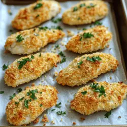 Für die perfekten Hähnchenstreifen brauche ich frische Zutaten. Hier ist, was ich verwende: - 450 g Hähnchenbruststreifen - 240 ml Buttermilch - 100 g Semmelbrösel (Panko für extra Knusprigkeit) - 60 g Weizenmehl Diese Zutaten sorgen für einen saftigen Biss und eine tolle Textur. Das Hähnchen wird durch die Buttermilch zart und lecker. Die richtige Mischung macht den Unterschied. Ich nutze folgende Gewürze: - 1 Teelöffel Knoblauchpulver - 1 Teelöffel Zwiebelpulver - 1 Teelöffel geräuchertes Paprika - ½ Teelöffel Cayennepfeffer (nach Wunsch) - Salz und Pfeffer nach Geschmack Diese Gewürze verleihen den Hähnchenstreifen einen tollen Geschmack. Die Panade aus Semmelbröseln und Gewürzen sorgt für die Knusprigkeit, die wir wollen. Es gibt viele Wege, um dieses Rezept zu variieren. Hier sind ein paar Ideen: - Verwende Hähnchenflügel oder -schenkel für mehr Geschmack. - Nutze glutenfreie Semmelbrösel, wenn du Gluten meiden möchtest. - Probiere verschiedene Gewürze wie italienische Kräuter oder Curry für einen neuen Twist. Mit diesen Alternativen kannst du das Rezept an deinen Geschmack anpassen. Für das vollständige Rezept, schaue dir die Anleitung an. Beginnen Sie mit der Auswahl Ihrer Hähnchenbruststreifen. Verwenden Sie frische, hochwertige Stücke. Schneiden Sie die Brust in gleichmäßige Streifen. So garen sie gleichmäßig. Legen Sie die Hähnchenstreifen in eine Schüssel. Fügen Sie die Buttermilch hinzu. Lassen Sie das Hähnchen mindestens 30 Minuten marinieren. Dieser Schritt macht das Fleisch zart und saftig. Bereiten Sie den Panierprozess vor. Nehmen Sie einen flachen Teller und mischen Sie die trockenen Zutaten. Kombinieren Sie Semmelbrösel, Mehl und Gewürze gut. Wenn Sie Panko verwenden, wird die Panade knuspriger. Nehmen Sie die Hähnchenstreifen aus der Buttermilch. Lassen Sie die überschüssige Flüssigkeit abtropfen. Wenden Sie jedes Stück in der Bröselmischung. Drücken Sie die Mischung gut an, damit sie haftet. Heizen Sie den Ofen auf 220 °C vor. Legen Sie ein Backblech mit Backpapier aus. Platzieren Sie die panierten Hähnchenstreifen auf dem Blech. Achten Sie darauf, dass sie Platz haben. Beträufeln Sie die Streifen mit Olivenöl. Dies fördert die Knusprigkeit. Backen Sie die Hähnchenstreifen 20 bis 25 Minuten. Sie sind fertig, wenn sie goldbraun sind und eine Innentemperatur von 74 °C erreicht haben. Für extra Knusprigkeit legen Sie die Streifen unter den Grill. Achten Sie darauf, dass sie nicht anbrennen. Um knusprige gebackene Hähnchenstreifen zu erreichen, gibt es einige Geheimtipps. Erstens, die Buttermilch ist wichtig. Sie macht das Fleisch zart und gibt Geschmack. Lassen Sie die Hähnchenstreifen mindestens 30 Minuten darin. Zweitens, verwenden Sie Panko-Semmelbrösel für extra Knusprigkeit. Sie sind grober und sorgen für mehr Struktur. Drittens, das Beträufeln der Streifen mit Olivenöl vor dem Backen hilft. So wird die Panade golden und knusprig. Hähnchenstreifen schmecken am besten mit den richtigen Soßen. Ein klassischer Ketchup passt gut. Auch BBQ-Sauce ist lecker und rauchig. Für etwas Schärfe kann eine scharfe Senfsoße dienen. Eine Joghurt-Dip mit Kräutern ist frisch und leicht. Experimentieren Sie mit verschiedenen Soßen, um Ihren Favoriten zu finden. Ein häufiger Fehler ist, die Hähnchenstreifen zu dicht auf das Backblech zu legen. Lassen Sie Platz für die Luftzirkulation. So bleiben sie knusprig. Ein weiterer Fehler ist, die Panade nicht richtig zu drücken. Achten Sie darauf, dass die Brösel gut haften. Auch das Überbacken kann sie trocken machen. Kontrollieren Sie die Streifen regelmäßig und nehmen Sie sie rechtzeitig heraus. Für eine genaue Garzeit backen Sie sie bei 220 °C für 20-25 Minuten. {{image_4}} Um den Geschmack Ihrer Hähnchenstreifen zu verbessern, fügen Sie mehr Gewürze hinzu. Ich mag es, etwas Kreuzkümmel oder Chili zu verwenden. Diese Gewürze bringen eine schöne Wärme. Sie können auch italienische Kräuter wie Oregano oder Thymian hinzufügen. Diese geben den Streifen einen frischen Geschmack. Experimentieren Sie mit Ihren Lieblingsgewürzen, um Ihre perfekte Mischung zu finden. Wenn Sie eine gesündere Panade möchten, können Sie Haferflocken oder gemahlene Mandeln verwenden. Diese Optionen bieten eine gute Textur und sind nahrhaft. Um die Panade noch gesünder zu machen, können Sie die Menge an Öl reduzieren. So bleiben die Hähnchenstreifen knusprig und gesund. Denken Sie daran, die Haferflocken gut zu mahlen, damit sie gut haften. Für eine vegane Version können Sie Tofu oder Seitan verwenden. Marinieren Sie diese in einer Pflanzenmilch wie Soja- oder Mandelmilch. Für die Panade nutzen Sie Panko oder Semmelbrösel, die frei von tierischen Produkten sind. Fügen Sie Gewürze hinzu, um den Geschmack zu verstärken. Diese Alternativen sind lecker und bieten vielfältige Möglichkeiten. Für das komplette Rezept schauen Sie sich das [Full Recipe] an. Um die Knusprigkeit zu bewahren, lassen Sie die Hähnchenstreifen zuerst abkühlen. Legen Sie sie dann in einen luftdichten Behälter. Achten Sie darauf, dass sie nicht übereinander liegen, um ein Zusammenkleben zu vermeiden. Wenn Sie sie richtig lagern, bleiben sie für bis zu drei Tage frisch im Kühlschrank. Um die Hähnchenstreifen aufzuwärmen, nutzen Sie den Ofen. Heizen Sie ihn auf 180 °C vor. Legen Sie die Streifen auf ein Backblech und backen Sie sie für etwa 10-15 Minuten. So werden sie wieder knusprig. Vermeiden Sie die Mikrowelle, da sie die Hähnchenstreifen weich machen kann. Für die langfristige Lagerung können Sie die Hähnchenstreifen einfrieren. Lassen Sie sie zuerst vollständig abkühlen. Wickeln Sie sie dann gut in Frischhaltefolie und legen Sie sie in einen Gefrierbeutel. So halten sie bis zu drei Monate. Zum Auftauen legen Sie sie einfach über Nacht in den Kühlschrank, bevor Sie sie aufwärmen. Probieren Sie das Rezept für knusprige gebackene Hähnchenstreifen aus, um diese leckeren Reste zu genießen! Die Zubereitung der knusprigen gebackenen Hähnchenstreifen dauert etwa 50 Minuten. Davon sind 15 Minuten für die Vorbereitung und 20-25 Minuten für das Backen. Es ist wichtig, die Hähnchenstreifen vorher in Buttermilch einzulegen. Dies macht das Fleisch zart. Ja, Sie können die Hähnchenstreifen im Voraus zubereiten. Marinieren Sie die Streifen in Buttermilch und lagern Sie sie im Kühlschrank. Sie können die Streifen auch paniert aufbewahren. Backen Sie sie dann frisch, wenn Sie bereit sind zu essen. Um trockene Hähnchenstreifen zu vermeiden, marinieren Sie sie in Buttermilch. Dies hält das Fleisch saftig. Achten Sie auch darauf, die Streifen nicht zu lange zu backen. Eine Innentemperatur von 74 °C ist optimal. Buttermilch hilft, die Hähnchenstreifen zart und saftig zu machen. Sie können sie jedoch durch Joghurt oder Milch ersetzen. Das Ergebnis wird etwas anders sein, aber immer noch lecker. Zu gebackenen Hähnchenstreifen passen viele Beilagen. Beliebte Optionen sind Pommes Frites, Salat oder Gemüse. Auch eine leckere Dipsauce, wie BBQ oder Ranch, macht das Gericht perfekt. Für weitere Ideen schauen Sie sich das Full Recipe an. Knusprige Hähnchenstreifen sind einfach zuzubereiten. Wir haben die besten Zutaten und Schritte besprochen. Die richtigen Gewürze und die optimale Backtemperatur machen den Unterschied. Du kannst verschiedene Variationen ausprobieren, sogar vegane Optionen. Achte auf die häufigsten Fehler, damit deine Hähnchenstreifen perfekt gelingen. Lagere die Reste richtig, damit nichts verloren geht. Mit diesen Tipps gelingt dir jedes Mal das perfekte Gericht. Viel Spaß beim Kochen und Genießen deiner Hähnchenstreifen!