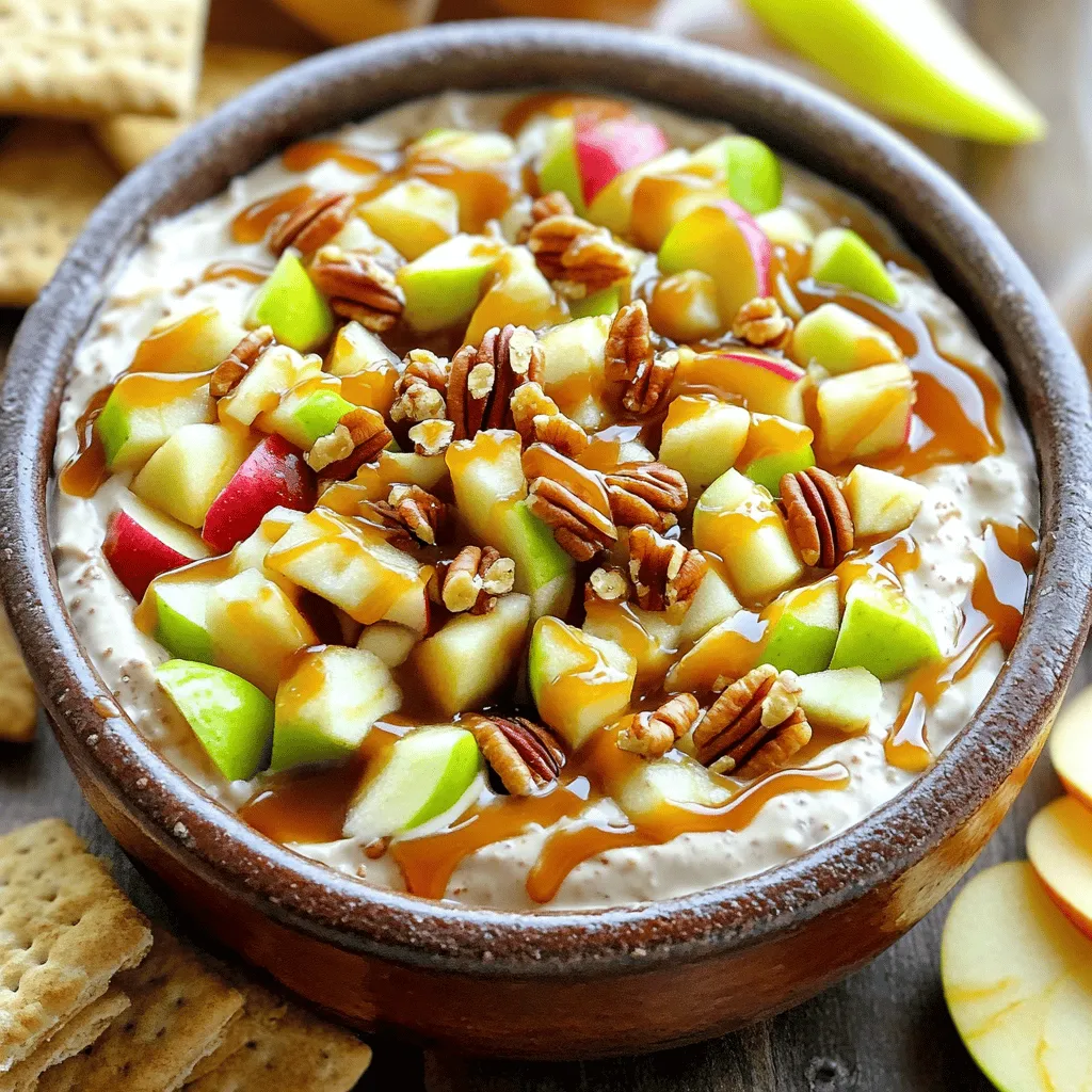 Für diesen leckeren Dip brauchst du einige einfache Zutaten. Hier sind die Hauptzutaten: - 225 g Frischkäse, weich - 120 g Puderzucker - 240 g saure Sahne - 1 Teelöffel Vanilleextrakt - 1 Teelöffel gemahlener Zimt - 1 großer Apfel (Granny Smith oder Honeycrisp), gewürfelt - 240 ml Karamellsauce (fertig gekauft oder selbstgemacht) - 70 g gehackte Pekannüsse oder Walnüsse (optional) - Graham-Cracker oder geschnittene Äpfel, zum Dippen Diese Zutaten machen den Dip cremig, süß und sehr schmackhaft. Manchmal hat man nicht alles zur Hand. Hier sind einige Alternativen: - Verwende Ricotta statt Frischkäse für einen leichteren Geschmack. - Statt Puderzucker kannst du Honig oder Agavendicksaft nehmen. - Du kannst griechischen Joghurt anstelle von saurer Sahne nutzen. - Vanilleextrakt kann durch Mandel- oder Kokosnussaroma ersetzt werden. - Probiere andere Äpfel wie Fuji oder Braeburn für verschiedene Geschmäcker. Diese Alternativen helfen dir, den Dip nach deinem Geschmack anzupassen. Die Wahl der Äpfel ist wichtig. Granny Smith sind sauer und knusprig. Sie bieten einen tollen Kontrast zur süßen Karamellsauce. Honeycrisp sind süßer und haben eine tolle Textur. Du kannst auch eine Mischung aus beiden verwenden. Achte darauf, frische Äpfel zu wählen. Sie sollten fest und knackig sein. Vermeide schlaffe oder braune Äpfel. So bleibt der Dip frisch und lecker. Für die vollständige Zubereitung schau dir das [Full Recipe] an. Zuerst benötigst du eine große Schüssel. Mische den weichen Frischkäse und den Puderzucker. Nutze einen Handmixer, um die Mischung glatt zu machen. Es sollte eine cremige Konsistenz entstehen. Füge dann die saure Sahne hinzu. Das macht den Dip schön luftig. Jetzt kommt der Vanilleextrakt und der gemahlene Zimt dazu. Diese Zutaten geben dem Dip Geschmack und Tiefe. Mixe alles gut, bis es gleichmäßig aussieht. Jetzt ist es Zeit für die Äpfel. Wähle einen großen Granny Smith oder Honeycrisp. Schneide ihn in kleine Würfel. Hebe die Apfelstücke vorsichtig unter die Käsemischung. Achte darauf, die Stücke nicht zu zerdrücken. Dann nimm die Karamellsauce. Gieße sie großzügig über den Dip. Du kannst die Sauce auch selbst machen, wenn du magst. Sie sollte gleichmäßig verteilt sein. Optional kannst du gehackte Pekannüsse oder Walnüsse hinzufügen. Diese Nüsse geben einen leckeren Crunch. Für die Präsentation wähle eine schöne Schüssel. Fülle den Dip hinein und glätte die Oberfläche. Dekoriere den Dip mit ein paar ganzen Nüssen oder hübsch geschnittenen Äpfeln. Das sieht toll aus! Serviere den Dip sofort mit Graham-Crackern oder frischen Apfelscheiben. So kann jeder dippen und genießen. Wenn du alles richtig machst, wird es ein Hit auf jeder Party sein. Du findest das vollständige Rezept im Abschnitt „Full Recipe“. Um den Dip richtig zu machen, benutze frischen, weichen Frischkäse. Das gibt dem Dip eine tolle Textur. Achte darauf, die saure Sahne gut unterzumischen. Das macht ihn besonders cremig. Schlage die Mischung nur so lange, bis sie glatt ist. Zu viel Schlagen macht den Dip dünn. Am Ende kannst du die Karamellsauce gleichmäßig über die Oberfläche träufeln. Ein paar ganze Nüsse oben drauf sehen auch schön aus. Ein häufiger Fehler ist die Verwendung von kaltem Frischkäse. Das macht es schwer, eine glatte Mischung zu erreichen. Ein anderer Fehler ist, die Äpfel zu klein zu schneiden. Sie sollten groß genug sein, um beim Dippen zu schmecken. Sei vorsichtig beim Mischen der Äpfel. Zu viel Rühren kann sie zerdrücken. Und vergiss nicht, die Karamellsauce nicht zu schlampig zu verteilen. Das sieht nicht gut aus. Du kannst die Nüsse ganz nach deinem Geschmack anpassen. Statt Pekannüssen kannst du auch Mandeln oder sogar Sonnenblumenkerne verwenden. Für einen schokoladigen Kick, füge kleine Schokoladenstückchen hinzu. Wenn du es weniger süß magst, reduziere den Puderzucker. Eine Prise Muskatnuss passt auch gut dazu. Für eine fruchtige Note kannst du andere Früchte wie Birnen oder Pfirsiche hinzufügen. Für die detaillierte Zubereitung schau dir das Full Recipe an. {{image_4}} Um eine vegane Version des Karamell-Apfel-Cheesecake-Dips zu machen, tauschen Sie den Frischkäse aus. Verwenden Sie veganen Frischkäse und Kokosnusscreme. Diese Zutaten geben einen tollen Geschmack. Der Puderzucker bleibt gleich. Nutzen Sie auch Pflanzenmilch für die saure Sahne. Diese Anpassungen machen den Dip genauso lecker und cremig. Für eine schokoladige Note können Sie Schokoladenstückchen hinzufügen. Schmelzen Sie die Stückchen und mischen Sie sie in die Käsemischung. Sie können auch Schokoladensauce drüberträufeln. Die Kombination aus Karamell und Schokolade ist einfach unwiderstehlich. So wird Ihr Dip noch köstlicher und wird alle begeistern. Probieren Sie verschiedene Nüsse, um den Dip spannend zu machen. Mandeln oder Haselnüsse passen gut zu den Äpfeln. Auch die Gewürze können Sie variieren. Fügen Sie Muskatnuss oder Ingwer hinzu für einen neuen Geschmack. Diese kleinen Änderungen können Ihr Dip-Erlebnis erheblich verbessern. Verwenden Sie Ihre Kreativität, um neue Variationen zu entdecken. Für das vollständige Rezept, schauen Sie sich den Full Recipe Link an. Um den Karamell-Apfel-Cheesecake-Dip frisch zu halten, verwende einen luftdichten Behälter. Du kannst den Dip einfach in den Behälter füllen und gut verschließen. So bleibt der Geschmack erhalten. Stelle den Behälter in den Kühlschrank. Vermeide es, den Dip unnötig häufig zu öffnen, um die Frische zu wahren. Der Dip bleibt im Kühlschrank etwa 3 bis 5 Tage frisch. Achte darauf, den Dip vor dem Servieren gut durchzumischen. Wenn du siehst, dass sich etwas Wasser oben absetzt, rühre es einfach wieder ein. Das ist normal und beeinträchtigt den Geschmack nicht. Du kannst den Dip auch einfrieren. Fülle ihn in einen gefrierfesten Behälter. Lass dabei etwas Platz, da sich der Dip beim Gefrieren ausdehnt. Wenn du bereit bist, ihn zu genießen, nimm ihn 24 Stunden vor dem Servieren aus dem Gefrierer und lasse ihn im Kühlschrank auftauen. Rühre ihn dann gut durch, um die Textur wiederherzustellen. So kannst du den Dip länger genießen! Der Karamell-Apfel-Cheesecake-Dip bleibt im Kühlschrank etwa 3 bis 5 Tage frisch. Lagern Sie ihn in einem luftdichten Behälter. So bleibt der Geschmack und die Konsistenz gut. Achten Sie darauf, dass der Dip nicht mit anderen Lebensmitteln in Kontakt kommt. Wenn er gut abgedeckt ist, bleibt er lange lecker. Ja, Sie können den Dip im Voraus zubereiten. Machen Sie ihn bis zu 2 Tage vorher. Lagern Sie ihn einfach im Kühlschrank. Das gibt den Aromen Zeit, sich gut zu vermischen. Wenn Sie ihn servieren möchten, nehmen Sie ihn kurz vorher heraus. So hat er Zeit, auf Raumtemperatur zu kommen. Das macht ihn noch cremiger und leckerer. Zu diesem Dip passen am besten: - Graham-Cracker - Geschnittene Äpfel - Puddingkekse - Brezeln Diese Snacks bieten einen tollen Crunch. Sie balancieren die Süße des Dips perfekt aus. Experimentieren Sie gerne mit anderen Snacks! Auch Kuchenstückchen oder Waffeln sind eine gute Wahl. Der Karamell-Apfel-Cheesecake-Dip ist einfach und lecker. Wir haben die Hauptzutaten und ihre Alternativen besprochen. Die besten Äpfel für deinen Dip machen den Unterschied. Mit der Schritt-für-Schritt-Anleitung gelingt dir die Käsemischung leicht. Tipps helfen dir, Fehler zu vermeiden und den Dip zu perfektionieren. Variationen bieten neue Geschmäcker, wie vegane Optionen oder Schokolade. Denke an die richtige Lagerung, um die Frische zu bewahren. Dieser Dip ist perfekt für jeden Anlass. Probiere es aus und genieße!