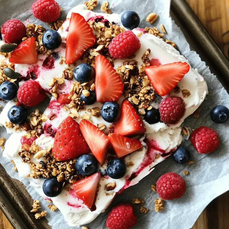 - 2 Tassen griechisches Joghurt (natur) - 2 Esslöffel Honig (oder Ahornsirup) - 1 Teelöffel Vanilleextrakt Die Hauptzutaten sind einfach und leicht zu finden. Griechisches Joghurt ist eine gute Basis. Es ist cremig und hat viel Protein. Honig oder Ahornsirup bringt die Süße. Vanilleextrakt verleiht dem Joghurt einen tollen Geschmack. - 1 Tasse gemischte Beeren - 1/4 Tasse Granola - 2 Esslöffel gehackte Nüsse Die optionalen Zutaten machen das Rezept besonders. Mit gemischten Beeren wird es fruchtig. Du kannst Erdbeeren, Heidelbeeren oder Himbeeren verwenden. Granola sorgt für einen knusprigen Biss. Nüsse geben zusätzliche Textur und Geschmack. Für das komplette Rezept, schau dir das [Full Recipe] an. - Lege ein Backblech mit Backpapier aus. Das macht das Entfernen einfacher. - Stelle alle Utensilien bereit, die du brauchst. Du benötigst eine Rührschüssel und einen Spatel. - Vermenge 2 Tassen griechisches Joghurt, 2 Esslöffel Honig und 1 Teelöffel Vanilleextrakt in einer Schüssel. - Rühre gut, bis alles gleichmäßig vermischt ist. Eine glatte Konsistenz ist wichtig. - Verteile die Joghurtmischung gleichmäßig auf dem Backblech. - Scatter die gemischten Beeren gleichmäßig über das Joghurt. Drücke sie leicht hinein. - Bestreue das Ganze mit 1/4 Tasse Granola und optionalen Nüssen. - Stelle das Backblech in den Gefrierschrank für mindestens 4 Stunden. Für das gesamte Rezept, schaue dir bitte [Full Recipe] an. Um die beste Konsistenz für dein Frozen Yogurt Bark zu erzielen, rühre das Joghurt gut um. Du willst eine glatte Mischung ohne Klumpen. Ein Handmixer kann dabei helfen. Wenn du die Beeren hinzufügst, drücke sie leicht in die Joghurt-Mischung. So bleiben sie besser haften. Für die Auswahl der Beeren, wähle frische oder gefrorene Beeren. Erdbeeren, Heidelbeeren und Himbeeren passen perfekt zusammen. Achte darauf, dass sie reif sind, damit der Geschmack stimmt. Präsentiere dein Frozen Yogurt Bark auf einem gekühlten Teller. Garniere es mit zusätzlichen Beeren für mehr Farbe. Auch ein Spritzer Honig darüber macht es süßer. Dieses Dessert ist ideal für Partys, nach dem Essen oder als Snack. Du kannst es auch in kleine Stücke schneiden und als Fingerfood anbieten. So können alle leicht zugreifen und genießen. Möchtest du eine vegane Option? Ersetze den Honig durch Ahornsirup. Das gibt deinem Bark eine ähnliche Süße. Du kannst auch pflanzliches Joghurt verwenden. Experimentiere mit saisonalen Früchten. Im Sommer bieten sich Pfirsiche oder Kirschen an. Im Winter sind Äpfel oder Birnen lecker. So bleibt dein Rezept immer frisch und spannend. Wenn du das Rezept anpassen möchtest, schau dir die Full Recipe für weitere Ideen an. {{image_4}} *Bei der Zubereitung von Frozen Yogurt Bark mit Beeren kann man kreativ sein.* Verwende saisonale Früchte, um den Geschmack zu variieren. Im Frühling sind Erdbeeren frisch und süß. Im Sommer kannst du Pfirsiche oder Kirschen probieren. Im Herbst sind Äpfel oder Birnen eine tolle Wahl. Kombiniere verschiedene Beeren, um neue Geschmackserlebnisse zu schaffen. Himbeeren passen gut zu Heidelbeeren. Du kannst auch eine Mischung aus süßen und sauren Früchten nutzen. Experimentiere mit deiner Lieblingsfrucht für den perfekten Genuss. *Die Toppings machen dein Bark noch interessanter.* Anstelle von Granola kannst du auch Kokosraspeln oder gezuckerte Nüsse verwenden. Diese sorgen für einen zusätzlichen Crunch. Du kannst auch Schokoladenstückchen hinzufügen, wenn du es süßer magst. Wenn du nach einer Joghurtalternative suchst, probiere pflanzliche Joghurts. Kokosjoghurt hat einen tollen Geschmack und ist cremig. So bleibt das Rezept gesund und lecker. Nutze diese Optionen, um das Bark nach deinem Geschmack anzupassen. Um dein Frozen Yogurt Bark frisch zu halten, lege es in einen luftdichten Behälter. So bleibt der Geschmack gut. Ich empfehle, das Bark in Stücke zu schneiden, bevor du es lagerst. Das macht es einfacher, die Portionen zu nutzen. Du kannst es bis zu zwei Monate im Gefrierschrank aufbewahren. Achte darauf, das Bark nicht zu lange zu lagern. Es könnte an Geschmack verlieren. Um das Bark aufzutauen, nimm es aus dem Gefrierschrank. Lasse es etwa 5 bis 10 Minuten bei Raumtemperatur stehen. So wird es weich und leicht zu essen. Achte darauf, dass es nicht zu lange draußen bleibt, da es schmelzen kann. Wenn das Bark eine seltsame Farbe oder einen schlechten Geruch hat, ist es besser, es wegzuwerfen. Frisches Bark schmeckt am besten! Die Zubereitung des gefrorenen Joghurt-Barks dauert etwa 10 Minuten. Du musst die Mischung einfach nur verrühren und auf das Backblech streichen. Danach kommt der wichtige Teil: die Gefrierzeit. Lasse das Bark mindestens 4 Stunden im Gefrierschrank. So wird es fest und lecker. Ja, du kannst das Rezept ganz leicht anpassen. Wenn du Allergien hast, verwende eine Joghurtalternative. Du kannst auch verschiedene Süßstoffe nutzen, wie Agavendicksaft oder keinen. Füge deine Lieblingsfrüchte hinzu. Himbeeren oder Bananen passen gut. So machst du das Rezept ganz nach deinem Geschmack. Frozen Yogurt Bark ist eine gesunde Wahl. Der griechische Joghurt enthält viel Eiweiß. Die Beeren sind voller Vitamine und Antioxidantien. Honig hat natürliche Süße. Das Granola liefert Ballaststoffe. So ist dieses Dessert nicht nur lecker, sondern auch nahrhaft. Diese Anleitung zeigt, wie man köstliches gefrorenes Joghurt-Bark zubereitet. Wir haben die wichtigen Zutaten, die Schritte und nützliche Tipps besprochen. Das Rezept lässt sich leicht anpassen und ist perfekt für jeden Anlass. Experimentiere mit frischen Früchten und Toppings, um deinen eigenen Geschmack zu finden. Denk daran, das Bark richtig zu lagern, um die Frische zu bewahren. Genieße dein gesundes Dessert, wann immer du Lust darauf hast!