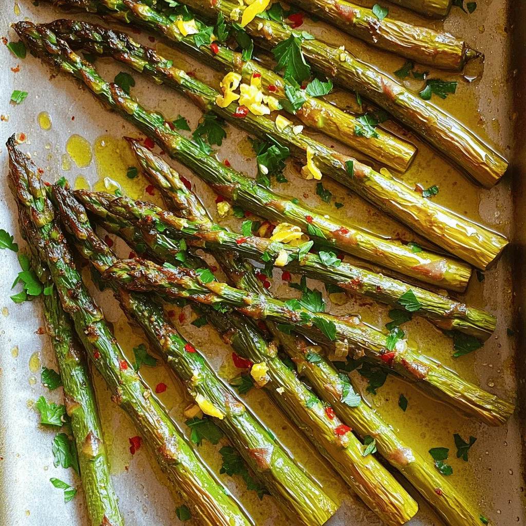 Für dieses Rezept benötigen Sie einige frische und einfache Zutaten: - 450 g frischer Spargel, Enden beschnitten - 3 Esslöffel Olivenöl - 4 Knoblauchzehen, fein gehackt - Zesten von 1 Zitrone - Saft von 1 Zitrone - 1/2 Teelöffel Salz - 1/4 Teelöffel schwarzer Pfeffer Diese Zutaten bringen viel Geschmack. Frischer Spargel ist wichtig. Er sorgt für die beste Textur und den besten Geschmack. Die Zitrone gibt dem Spargel einen frischen Kick. Der Knoblauch bringt ein tolles Aroma. Ich füge oft noch ein paar Extras hinzu: - 1/4 Teelöffel zerdrückte rote Pfefferflocken (optional) - 1/4 Tasse geriebener Parmesan (optional) - Frische Petersilie, gehackt, zum Garnieren Die roten Pfefferflocken geben dem Gericht etwas Schärfe. Wenn Sie Käse mögen, ist Parmesan eine gute Wahl. Petersilie sorgt für einen schönen Farbkontrast und frischen Geschmack. Variieren Sie die Zutaten nach Ihrem Geschmack. Sie können andere Öle verwenden, wie Avocadoöl oder Sesamöl. Für eine vegane Option lassen Sie den Käse einfach weg. Fügen Sie auch andere Gemüsearten hinzu, wie Karotten oder Brokkoli, um die Farben auf Ihrem Teller zu erhöhen. Für die komplette Zubereitung besuchen Sie das [Full Recipe]. Zuerst müssen Sie den frischen Spargel vorbereiten. Schneiden Sie die Enden ab, damit sie zart sind. So wird der Spargel angenehm zu essen. In einer großen Schüssel mischen Sie nun das Olivenöl, den fein gehackten Knoblauch, die Zitronenzesten und den Zitronensaft. Fügen Sie Salz, schwarzen Pfeffer und rote Pfefferflocken hinzu. Diese Kombination bringt viel Geschmack. Jetzt geben Sie den Spargel in die Schüssel. Wenden Sie ihn vorsichtig, sodass er von der Marinade gut bedeckt ist. Achten Sie darauf, dass jeder Stängel gleichmäßig überzogen ist. Das sorgt für einen tollen Geschmack beim Rösten. Heizen Sie den Ofen auf 200°C (400°F) vor. Legen Sie den marinierten Spargel auf ein Backblech. Stellen Sie sicher, dass die Stangen genug Platz haben. So rösten sie gleichmäßig. Rösten Sie den Spargel für 15 bis 20 Minuten. Nach etwa 10 Minuten wenden Sie ihn. Das hilft, damit er von allen Seiten schön braun wird. Wenn Sie Parmesan verwenden, streuen Sie ihn in den letzten 5 Minuten über den Spargel. So schmilzt der Käse und wird köstlich. Sobald der Spargel fertig ist, nehmen Sie das Blech aus dem Ofen. Lassen Sie ihn kurz abkühlen. Garnieren Sie den Spargel dann mit frisch gehackter Petersilie. Servieren Sie ihn auf einer großen Platte. Ein paar Zitronenscheiben sehen schön aus und bringen frischen Geschmack. Diese einfache und leckere Beilage passt gut zu vielen Gerichten. Für das vollständige Rezept schauen Sie sich die Full Recipe an. Ein häufiger Fehler ist, den Spargel nicht gut zu waschen. Schmutz kann sich zwischen den Stangen verstecken. Achte darauf, die Enden zu schneiden. Wenn du das nicht tust, wird der Spargel zäh. Ein weiterer Fehler ist, den Spargel überladen zu backen. Halte genug Platz zwischen den Stangen, damit sie gleichmäßig garen. Die Röstzeit ist wichtig. Heize deinen Ofen auf 200°C vor. Röste den Spargel für 15 bis 20 Minuten. Wende ihn einmal während des Röstens. So bekommst du eine schöne Bräunung und einen tollen Geschmack. Wenn du Parmesan hinzufügst, streue ihn in den letzten fünf Minuten über den Spargel. Frischer Spargel hat eine knackige Textur. Achte auf leuchtend grüne Stangen. Suche nach festen Enden, die nicht trocken sind. Du kannst auch weißen Spargel verwenden, aber dieser braucht eine längere Garzeit. Kaufe Spargel, der in der Saison ist, um den besten Geschmack zu erhalten. Frischer Spargel ist immer eine gute Wahl für dein Gericht. Für das Rezept kannst du frischen Spargel verwenden, um den besten Geschmack zu erzielen. Für die vollständige Anleitung, siehe das [Full Recipe]. {{image_4}} Wenn Sie eine vegane Version von Zitronen-Knoblauch-Gebackenem Spargel machen möchten, lassen Sie den Parmesan einfach weg. Stattdessen können Sie Hefeflocken verwenden. Diese geben einen nussigen Geschmack und sind eine großartige Quelle für B-Vitamine. Sie können auch ein wenig mehr Olivenöl oder eine vegane Butteralternative hinzufügen. So bleibt der Spargel saftig und lecker. Um Ihrem Spargel mehr Geschmack zu verleihen, probieren Sie verschiedene Toppings. Hier sind einige Ideen: - Geröstete Mandeln: Diese fügen einen knusprigen Biss hinzu. - Feta-Käse: Er bietet eine salzige Note. - Balsamico-Glasur: Ein Hauch davon gibt Süße und Tiefe. - Frische Kräuter: Basilikum oder Thymian bringen Frische. Diese Optionen machen das Gericht noch interessanter und leckerer. Spargel schmeckt toll allein, aber er harmoniert auch gut mit anderen Gemüsesorten. Versuchen Sie, Karotten oder Paprika hinzuzufügen. Diese Gemüsesorten bringen Farbe und Textur. Sie können sie einfach in Stücke schneiden und mit dem Spargel rösten. Denken Sie daran, die Garzeit je nach Gemüse anzupassen. So wird Ihr Gericht noch bunter und gesünder. Spargel bleibt frisch, wenn Sie ihn richtig lagern. Wickeln Sie den Spargel in ein feuchtes Papiertuch. Legen Sie ihn dann in eine Plastiktüte. Diese Methode hält den Spargel frisch, ohne dass er schimmelt. Lagern Sie ihn im Gemüsefach Ihres Kühlschranks. So bleibt er knackig für einige Tage. Frischer Spargel hält sich gut im Kühlschrank. Normalerweise bleibt er 3 bis 5 Tage frisch. Prüfen Sie regelmäßig, ob er weich wird oder braun wird. Wenn Sie gelbe oder schlaffe Stangen sehen, ist es Zeit, ihn zu verwenden oder zu entsorgen. Frischer Spargel hat einen milden Geruch und eine feste Textur. Wenn Sie Spargel übrig haben, können Sie ihn einfrieren. Kochen oder blanchieren Sie ihn kurz, bevor Sie ihn einfrieren. Lassen Sie ihn abkühlen und legen Sie ihn in einen Gefrierbeutel. Drücken Sie die Luft heraus, um Gefrierbrand zu vermeiden. So hält der Spargel etwa 8 bis 12 Monate im Gefrierfach. Nutzen Sie ihn später in Suppen oder Eintöpfen. Für das volle Rezept von Zitronen-Knoblauch-Gebackenem Spargel, schauen Sie sich das gesamte Rezept an. Es dauert etwa 15 bis 20 Minuten, um Spargel zu rösten. Die genaue Zeit hängt vom Ofen und der Dicke des Spargels ab. Ich empfehle, den Spargel nach der Hälfte der Zeit zu wenden. So wird er gleichmäßig gar und bekommt eine schöne Farbe. Ja, du kannst den Spargel im Voraus vorbereiten. Du kannst ihn bis zu zwei Stunden vor dem Rösten marinieren. Bewahre ihn einfach im Kühlschrank auf. Wenn du bereit bist, ihn zu rösten, nimm ihn heraus und lege ihn auf das Backblech. Das macht das Kochen einfacher und schneller. Gerösteter Spargel passt gut zu vielen Gerichten. Er ist eine großartige Beilage zu Fleisch oder Fisch. Probiere ihn mit gegrilltem Hähnchen oder Lachs. Du kannst auch Pasta oder Quinoa dazu servieren. Um das Gericht zu vervollständigen, füge frische Zitrone oder Parmesan hinzu. Diese Kombination macht das Essen noch leckerer. Wir haben die Hauptzutaten für Zitronen-Knoblauch-Gebackenen Spargel, die Zubereitung und die besten Tipps besprochen. Ich habe auch Variationen und Lagerinformationen geteilt. Denke daran, frischen Spargel zu wählen und häufige Fehler zu vermeiden. Probiere verschiedene Toppings aus, um dein Gericht zu verfeinern. Wenn du diese Schritte befolgst, gelingt dir das perfekte Gericht. Viel Spaß beim Kochen und Genießen!