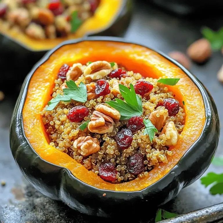 Um gefüllte Eichelkürbisse mit Quinoa zu machen, brauchen Sie: - 2 mittelgroße Eichelkürbisse, halbiert und entkernt - 1 Tasse Quinoa, gründlich gespült - 2 Tassen Gemüsebrühe - 1/2 Tasse getrocknete Cranberrys - 1/2 Tasse Walnüsse, grob gehackt - 1 kleine Zwiebel, fein gehackt - 2 Knoblauchzehen, zerdrückt - 1 Teelöffel getrockneter Thymian - 1/2 Teelöffel Zimt - Salz und Pfeffer nach Geschmack - 2 Esslöffel Olivenöl - Frische Petersilie zur Garnitur Jede Zutat bringt ihren eigenen Geschmack und Nutzen. Eichelkürbisse sind süß und nahrhaft. Sie sind reich an Vitaminen und Mineralien. Quinoa ist ein tolles Getreide, das Protein und Ballaststoffe liefert. Die getrockneten Cranberrys fügen eine süße Note hinzu. Walnüsse bringen eine knusprige Textur und gesunde Fette. Zwiebeln und Knoblauch geben Tiefe und Aroma. Thymian und Zimt bringen Wärme und erdige Aromen. Diese Mischung macht das Gericht nicht nur lecker, sondern auch gesund. Wenn Sie keine Eichelkürbisse finden, können Sie Butternusskürbis oder Paprika verwenden. Quinoa kann durch Reis oder Couscous ersetzt werden. Verwenden Sie anstelle von Cranberrys getrocknete Aprikosen oder Rosinen. Walnüsse können durch Mandeln oder Pistazien ersetzt werden. Für eine vegane Option lassen Sie die Zwiebel und den Knoblauch weg oder verwenden Sie Zwiebelpulver. Diese Alternativen bieten neue Geschmäcker und Texturen. Um gefüllte Eichelkürbisse zu machen, beginne mit dem Vorheizen des Ofens auf 200°C. Halbiere die Eichelkürbisse und entferne die Kerne. Bestreiche die Schnittflächen mit Olivenöl. Streue Salz und Pfeffer darüber. Lege die Kürbisse mit der Schnittfläche nach unten auf ein Backblech. Röste sie für 25-30 Minuten. Sie sollten zart sein, wenn du sie herausnimmst. Für die Quinoa nimm einen mittelgroßen Topf. Kombiniere die Quinoa mit der Gemüsebrühe. Bringe die Mischung zum Kochen. Reduziere dann die Hitze und decke den Topf ab. Lasse die Quinoa 15-20 Minuten köcheln. Sie ist fertig, wenn die gesamte Brühe aufgenommen ist. Verwende eine Gabel, um sie aufzulockern. Setze die gefüllten Kürbisse nach dem Füllen zurück in den Ofen. Backe sie für weitere 10-15 Minuten. So werden sie gut durchwärmt. Achte darauf, dass die Füllung heiß ist. Nach dem Backen lasse die Kürbisse etwas abkühlen. Garniere sie mit frischer Petersilie. Du kannst das vollständige Rezept für gefüllte Eichelkürbisse mit Quinoa und Cranberrys hier finden: [Full Recipe]. Wählen Sie Eichelkürbisse, die fest und schwer sind. Die Schale sollte glänzend und glatt sein. Vermeiden Sie Kürbisse mit Flecken oder Dellen. Achten Sie auf die Farbe; ein tiefes Grün ist ideal. Dies zeigt, dass der Kürbis frisch ist. Ein guter Kürbis hat auch einen starken Stiel. Dies zeigt, dass er nicht zu lange gelagert wurde. Die Füllung kann ganz nach Ihrem Geschmack variieren. Sie können Feta oder Ziegenkäse für mehr Geschmack hinzufügen. Für eine vegane Option lassen Sie den Käse weg oder verwenden Sie Nusskäse. Fügen Sie frisches Gemüse wie Spinat oder Paprika hinzu, um die Füllung aufzufrischen. Experimentieren Sie mit Gewürzen wie Kreuzkümmel oder Paprika. Diese verleihen dem Gericht einen neuen Twist. Um den Geschmack zu verbessern, rösten Sie die Walnüsse vor der Verwendung. Dies bringt ihre Aromen zur Geltung. Ein Spritzer Zitronensaft am Ende hebt den Geschmack der Füllung. Sie können auch frische Kräuter wie Thymian oder Rosmarin hinzufügen. Diese sorgen für eine frische Note. Denken Sie daran, Salz und Pfeffer großzügig zu verwenden. So wird jedes Bissen besser. {{image_4}} Vegan gefüllte Eichelkürbisse sind einfach und lecker. Ersetzen Sie die Walnüsse durch Sonnenblumenkerne. Diese geben einen schönen Crunch. Verwenden Sie Gemüsebrühe ohne tierische Produkte. So bleibt das Gericht rein pflanzlich. Fügen Sie auch frische Kräuter hinzu, um den Geschmack zu verstärken. Petersilie oder Koriander bringen frische Aromen. Glutenfreie Optionen sind ebenfalls leicht möglich. Quinoa ist von Natur aus glutenfrei. Sie können auch Reis oder Buchweizen verwenden. Beide sind tolle Alternativen. Achten Sie darauf, dass alle Zutaten glutenfrei sind. So vermeiden Sie Kreuzkontamination. Nutzen Sie auch glutenfreies Brot für eine knusprige Kruste, falls gewünscht. Kreative Füllungen mit saisonalem Gemüse machen das Gericht spannend. Probieren Sie Kürbis, Spinat oder Pilze. Diese Gemüsesorten bringen Farbe und Geschmack. Röstgemüse kann ebenfalls sehr schmackhaft sein. Mischen Sie verschiedene Gemüse für mehr Textur. Fügen Sie auch Nüsse oder Samen hinzu, um das Gericht zu bereichern. Diese Variationen machen jedes Mal Freude. Schauen Sie sich das [Full Recipe] an, um die Basis zu lernen. Um gefüllte Eichelkürbisse richtig aufzubewahren, lassen Sie sie zuerst abkühlen. Wickeln Sie jede Kürbishälfte in Frischhaltefolie oder legen Sie sie in einen luftdichten Behälter. So bleiben sie frisch. Sie können die gefüllten Kürbisse im Kühlschrank für bis zu vier Tage aufbewahren. Wenn Sie Reste haben, können Sie die gefüllten Eichelkürbisse einfrieren. Stellen Sie sicher, dass sie vollständig abgekühlt sind. Wickeln Sie jede Hälfte gut in Frischhaltefolie und dann in Aluminiumfolie. So bleibt die Qualität erhalten. Sie können sie bis zu drei Monate im Gefrierschrank aufbewahren. Notieren Sie das Datum auf der Verpackung, um den Überblick zu behalten. Für das Wiedererwärmen empfehle ich, die gefüllten Eichelkürbisse im Ofen zu erwärmen. Heizen Sie den Ofen auf 180°C vor. Nehmen Sie die Kürbisse aus dem Kühlschrank oder Gefrierfach und entfernen Sie die Folie. Legen Sie sie auf ein Backblech und decken Sie sie mit Aluminiumfolie ab. Erwärmen Sie sie für etwa 20 Minuten, bis sie durchgehend heiß sind. Wenn die Kürbisse gefroren sind, kann es bis zu 30 Minuten dauern. So schmecken sie fast wie frisch zubereitet. Für mehr Details und eine vollständige Anleitung, schauen Sie sich das [Full Recipe] an. Die gefüllten Eichelkürbisse sind im Kühlschrank etwa 3 bis 5 Tage haltbar. Lagern Sie sie in einem luftdichten Behälter. So bleiben sie frisch und lecker. Wenn Sie sie länger aufbewahren wollen, können Sie sie einfrieren. Hierbei ist es wichtig, die Füllung gut zu kühlen, bevor Sie sie einfrieren. Ja, die Quinoa können Sie leicht im Voraus zubereiten. Kochen Sie die Quinoa einfach und lassen Sie sie abkühlen. Sie können die gekochte Quinoa bis zu 5 Tage im Kühlschrank aufbewahren. So sparen Sie Zeit bei der Zubereitung der gefüllten Eichelkürbisse. Achten Sie darauf, die Quinoa gut zu verpacken, damit sie nicht austrocknet. Die gefüllten Eichelkürbisse passen gut zu vielen Beilagen. Ein frischer grüner Salat ergänzt das Gericht perfekt. Auch gebratenes Gemüse oder ein herzhafter Couscous-Salat sind tolle Optionen. Für einen festlichen Touch können Sie auch ein einfaches Joghurtdressing oder eine würzige Soße dazu servieren. Diese Beilagen bringen Farbe und Geschmack auf den Tisch. Für das gesamte Rezept schauen Sie sich bitte [Full Recipe] an. Zusammenfassend haben wir die besten Zutaten für gefüllte Eichelkürbisse besprochen. Die Zubereitung ist einfach und macht Spaß. Ich hoffe, die Tipps zur Auswahl und Variation der Füllung helfen dir weiter. Denke daran, dass du die Reste gut lagern kannst. Sei kreativ und probiere neue Füllungen aus. Du wirst deinen Geschmack erweitern und deine Familie begeistern. Viel Freude beim Kochen und Genießen!