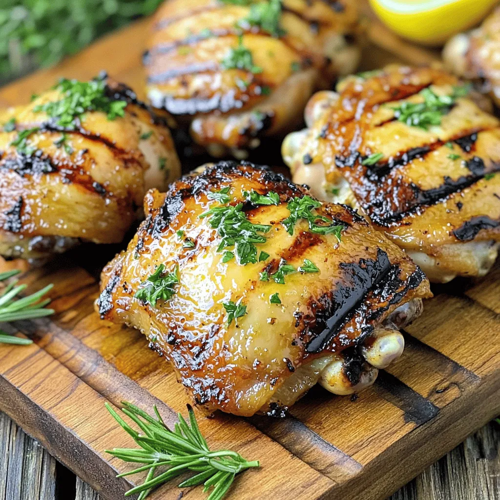 Für dieses leckere Rezept benötigst du folgende Zutaten: - 4 Hähnchenschenkel mit Knochen und Haut - 60 ml Olivenöl - Abgeriebene Schale und Saft von 2 Zitronen - 4 Knoblauchzehen, fein gehackt - 2 Esslöffel frischer Rosmarin, gehackt (oder 1 Esslöffel getrockneter) - 2 Esslöffel frischer Thymian, gehackt (oder 1 Esslöffel getrockneter) - Salz und Pfeffer nach Geschmack - Frische Petersilie, gehackt (zur Garnitur) Wenn du die besten Ergebnisse erzielen willst, wähle frische Zutaten. Achte auf: - Bio-Hähnchen für besseren Geschmack - Hochwertiges Olivenöl für die Marinade - Frische Kräuter, die stark riechen und gut aussehen - Zitrusfrüchte, die fest und schwer in der Hand liegen Einige Utensilien machen das Kochen einfacher: - Grillzange, um das Hähnchen zu wenden - Marinade-Schüssel oder Reißverschlussbeutel für das Marinieren - Fleischthermometer zur genauen Temperaturkontrolle - Grillplatte, falls du die Haut besonders knusprig magst Für die vollständige Anleitung, schau dir das [Full Recipe] an. Um die Marinade zu machen, nimm eine große Schüssel. Gib 60 ml Olivenöl hinein. Füge den Saft und die Schale von 2 Zitronen hinzu. Dann kommen die 4 fein gehackten Knoblauchzehen dazu. Jetzt sind 2 Esslöffel frischer Rosmarin und 2 Esslöffel frischer Thymian an der Reihe. Vergiss nicht, Salz und Pfeffer nach Geschmack hinzuzufügen. Mische alles gut. Die Marinade sollte frisch und aromatisch riechen. Nimm die 4 Hähnchenschenkel und lege sie in die Marinade. Achte darauf, dass sie gut bedeckt sind. Decke die Schüssel mit Frischhaltefolie ab oder lege die Hähnchenschenkel in einen Reißverschlussbeutel. Lass sie mindestens 1 Stunde im Kühlschrank marinieren. Wenn du mehr Geschmack willst, lass sie bis zu 4 Stunden marinieren. So ziehen die Aromen besser ein. Heize den Grill auf mittlere bis hohe Hitze vor, etwa 190°C. Nimm die Hähnchenschenkel aus der Marinade. Lass überschüssige Marinade abtropfen und wirf die restliche Marinade weg. Lege die Hähnchenschenkel mit der Hautseite nach unten auf den Grill. Grill sie 6-8 Minuten, bis die Haut knusprig ist. Wende die Hähnchenschenkel und reduziere die Hitze auf mittel. Schließe den Grilldeckel und grille weitere 10-12 Minuten. Achte darauf, dass die Innentemperatur 75°C erreicht. Lass das Hähnchen 5 Minuten ruhen, bevor du es servierst. Garniere es mit frischer Petersilie und genieße dein Gericht. Du findest das vollständige Rezept auf der Seite. Um den besten Geschmack zu erreichen, marinieren Sie die Hähnchenschenkel mindestens eine Stunde. Für intensivere Aromen empfehle ich, sie bis zu vier Stunden im Kühlschrank zu lassen. Die Marinade dringt tief in das Fleisch ein und macht es zart und saftig. Wenn Sie die Zeit haben, lassen Sie das Hähnchen über Nacht marinieren. So wird der Geschmack wirklich kräftig. Die Haut der Hähnchenschenkel wird am besten knusprig, wenn Sie sie zuerst mit der Hautseite nach unten auf den Grill legen. Grillen Sie sie bei mittlerer bis hoher Hitze für etwa 6–8 Minuten. Achten Sie darauf, die Haut nicht zu früh zu wenden. Wenn die Haut gut anbräunt, wird sie knusprig und köstlich. Auch das Reduzieren der Hitze nach dem Wenden sorgt dafür, dass das Fleisch gleichmäßig durchgart. Halten Sie ein Grillthermometer bereit, um die Temperatur des Hähnchens zu prüfen. Die Innentemperatur sollte mindestens 75°C erreichen. Dies stellt sicher, dass das Hähnchen sicher zu essen ist. Nutzen Sie die Zeit während des Grillens, um den Grilldeckel zu schließen. So bleibt die Hitze im Grill und das Hähnchen gart gleichmäßiger. Dies sind wichtige Schritte, um perfekte Zitronen-Kräuter-gegrillte Hähnchenschenkel zuzubereiten, die jeder lieben wird. {{image_4}} Du kannst die Kräuter und Gewürze nach deinem Geschmack ändern. Probiere Basilikum für einen süßen Geschmack oder Oregano für mehr Robustheit. Frischer Schnittlauch gibt einen milden Zwiebelgeschmack. Wenn du es scharf magst, füge etwas Cayennepfeffer oder Paprika hinzu. Diese Anpassungen machen dein Gericht einzigartig. Wenn du keinen Grill hast, kannst du die Hähnchenschenkel auch im Backofen zubereiten. Heize den Ofen auf 200°C vor. Lege die marinierten Hähnchenschenkel auf ein Backblech. Backe sie für 30 bis 35 Minuten. Die Haut wird knusprig und das Fleisch bleibt saftig. Überprüfe die Innentemperatur, um sicherzustellen, dass sie 75°C erreicht. Serviere die Hähnchenschenkel mit einem frischen Salat oder geröstetem Gemüse. Ein leichter Couscous-Salat passt gut dazu. Du kannst auch Reis oder Kartoffeln als Beilage wählen. Eine Zitronen-Knoblauch-Sauce ergänzt das Gericht perfekt. Für einen Farbtupfer kannst du frische Petersilie oder Zitronenscheiben darüber streuen. So wird dein Gericht nicht nur lecker, sondern auch schön präsentiert. Um deine Zitronen-Kräuter-gegrillten Hähnchenschenkel frisch zu halten, lege sie in einen luftdichten Behälter. Achte darauf, dass die Hähnchenschenkel gut abgekühlt sind, bevor du sie lagerst. So vermeidest du Kondenswasser und matschiges Fleisch. Du kannst sie auch in Frischhaltefolie einwickeln. Diese Methode schützt sie vor Gerüchen im Kühlschrank. Bevor du die Reste aufwärmst, lass sie bei Raumtemperatur stehen. So erwärmen sie sich gleichmäßiger. Du kannst die Hähnchenschenkel in der Mikrowelle auf niedriger Stufe erwärmen. Alternativ kannst du sie im Ofen bei 180°C für etwa 10-15 Minuten aufwärmen. Decke sie mit Alufolie ab, um das Austrocknen zu verhindern. Im Kühlschrank bleiben die Hähnchenschenkel bis zu drei Tage frisch. Stelle sicher, dass sie gut verpackt sind. Wenn du sie länger aufbewahren möchtest, friere sie ein. In der Gefriertruhe halten sie bis zu drei Monate. Vergiss nicht, sie vor dem Einfrieren in Portionen zu teilen. So kannst du nur das auftauen, was du wirklich brauchst. Für das vollständige Rezept, schau dir die [Full Recipe] an. Ich empfehle, die Hähnchenschenkel mindestens eine Stunde zu marinieren. So ziehen die Aromen gut ein. Für einen noch besseren Geschmack, marinieren Sie die Hähnchenschenkel bis zu vier Stunden. So wird das Hähnchen zart und voller Geschmack. Zu gegrilltem Hähnchen passen viele Beilagen. Hier sind einige meiner Favoriten: - Gegrilltes Gemüse wie Zucchini und Paprika - Ein frischer Salat mit Zitronendressing - Knoblauchbrot für etwas Extra-Flavor - Kartoffelsalat für eine herzhafte Option Diese Beilagen ergänzen den Geschmack des Hähnchens perfekt und machen das Essen rundum lecker. Ja, die Marinade ist sehr vielseitig! Sie passt gut zu: - Schweinefleisch - Rindfleisch - Lamm Die frischen Kräuter und der Zitronensaft bringen einen tollen Geschmack. Probieren Sie es aus, um Ihre anderen Fleischgerichte zu verfeinern. Für das vollständige Rezept, schauen Sie sich die [Full Recipe] an. Zitronen-Kräuter-gegrillte Hähnchenschenkel sind ein echter Genuss. Wir haben die besten Zutaten und Kurzanleitungen geteilt. Marinieren, grillen, und servieren sind einfache Schritte. Tipps helfen dir, das Grillen perfekt zu meistern. Vergiss nicht, die Reste richtig zu lagern. Diese Technik ist einfach und macht Spaß. Nutze unsere Antworten auf häufige Fragen. Experimentiere mit Variationen und finde deinen eigenen Stil. So wird dein Grillabend ein Erfolg.