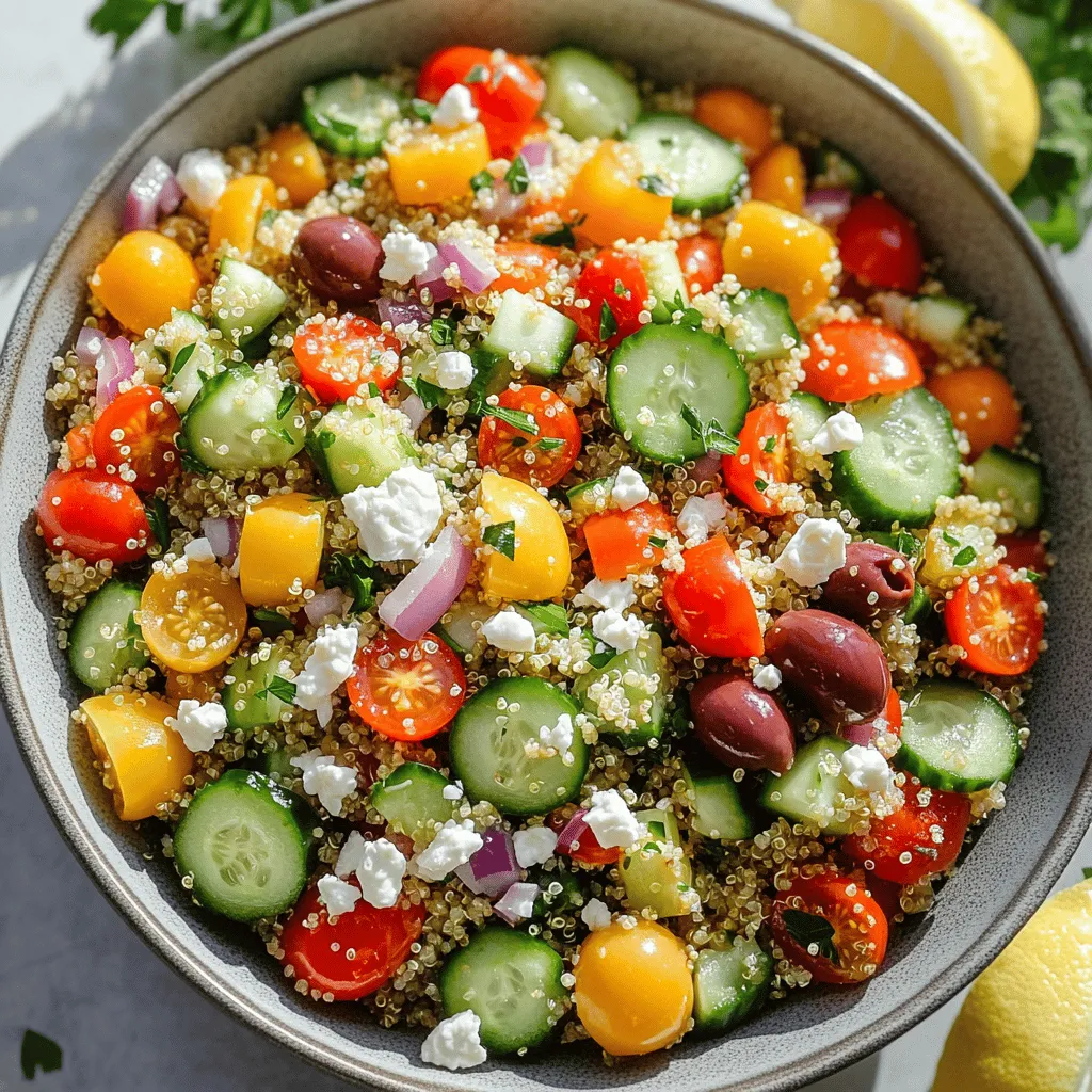 Die Hauptzutaten machen diesen Salat bunt und gesund. Sie sind einfach zu finden und lecker. Hier sind die Zutaten: - 1 Tasse Quinoa, gründlich abgespült und abgetropft - 2 Tassen Wasser oder Gemüsebrühe - 1 Tasse Gurke, gewürfelt - 1 Tasse Cherrytomaten, halbiert - 1/2 Tasse rote Paprika, gewürfelt - 1/2 Tasse rote Zwiebel, fein gehackt - 1/2 Tasse Kalamata-Oliven, entsteint und halbiert - 1/4 Tasse Feta-Käse, zerbröselt (optional) - 1/4 Tasse frische Petersilie, gehackt Quinoa ist eine tolle Basis. Sie ist voll von Proteinen und Ballaststoffen. Das Gemüse bringt frische Farben und Nährstoffe. Kalamata-Oliven und Feta geben einen salzigen Kick. Das Dressing macht den Salat besonders. Es verbindet die Aromen. Hier sind die Gewürze und das Dressing: - 3 Esslöffel Olivenöl - 2 Esslöffel Zitronensaft - 1 Teelöffel getrockneter Oregano - Salz und Pfeffer nach Geschmack Olivenöl sorgt für gesunde Fette. Zitronensaft bringt Frische und Säure. Oregano fügt einen mediterranen Geschmack hinzu. Der Salat hat viele Vorteile. Eine Portion von 1 Tasse hat ungefähr: - Kalorien: 250 - Proteine: 8 g - Fette: 10 g - Kohlenhydrate: 30 g Der Salat ist perfekt für 4 bis 6 Personen. Er ist ideal für ein leichtes Mittagessen oder als Beilage. Du kannst die Nährwerte leicht anpassen, je nach den Zutaten, die du verwendest. Für das vollständige Rezept schau dir die [Full Recipe] an. Um Quinoa perfekt zuzubereiten, beginne mit einer Tasse Quinoa. Spüle sie gründlich ab. Dies entfernt Bitterstoffe. Mische die Quinoa mit zwei Tassen Wasser oder Gemüsebrühe in einem mittelgroßen Topf. Stelle die Hitze auf hoch und bringe die Mischung zum Kochen. Wenn es kocht, reduziere die Hitze auf niedrig. Setze den Deckel auf und lasse es 15 Minuten köcheln. Achte darauf, dass die gesamte Flüssigkeit absorbiert ist. Nimm den Topf dann vom Herd. Lass den Quinoa fünf Minuten abgedeckt ruhen. Zum Schluss lockere ihn mit einer Gabel auf und stelle ihn beiseite, um abzukühlen. Jetzt ist es Zeit, das Gemüse vorzubereiten. Nimm eine Gurke und schneide sie in kleine Würfel. Halbiere die Cherrytomaten und schneide die rote Paprika in Würfel. Hacke die rote Zwiebel fein. Mische das geschnittene Gemüse in einer großen Schüssel. Füge auch die entsteinten und halbierten Kalamata-Oliven hinzu. Wenn du magst, streue etwas zerbröselten Feta-Käse darüber. Das bringt einen tollen Geschmack in den Salat. Für das Dressing vermische in einer kleinen Schüssel drei Esslöffel Olivenöl, zwei Esslöffel Zitronensaft und einen Teelöffel getrockneten Oregano. Schmecke das Dressing mit Salz und Pfeffer ab. Gieße das Dressing über den vorbereiteten Salat. Mische alles gründlich, bis der Salat gut bedeckt ist. Für einen frischen Kick füge zum Schluss etwas gehackte Petersilie hinzu. Jetzt ist dein Mediterraner Quinoa-Salat bereit. Du findest die vollständige Anleitung im [Full Recipe]. Um Quinoa fluffig zu machen, ist es wichtig, ihn gut zu spülen. Spüle die Quinoa in einem feinen Sieb unter kaltem Wasser. Dies entfernt Bitterstoffe. Koche die Quinoa dann in zwei Teilen Wasser oder Gemüsebrühe. Achte darauf, dass du die Hitze nach dem Kochen sofort reduzierst. Lass die Quinoa 15 Minuten lang köcheln. Danach lasse sie 5 Minuten ruhen. So wird sie locker und leicht. Um den Geschmack deines Quinoa-Salats zu verbessern, kannst du Gewürze anpassen. Ich empfehle, frische Kräuter wie Basilikum oder Minze hinzuzufügen. Das gibt dem Salat eine frische Note. Experimentiere auch mit verschiedenen Ölen. Avocado- oder Walnussöl können interessante Aromen bringen. Probiere auch andere Essigsorten wie Balsamico. Sie können dem Dressing einen zusätzlichen Kick geben. Eine schöne Präsentation macht den Salat noch ansprechender. Serviere den Quinoa-Salat in einer großen Schüssel. Garniere ihn mit frischer Petersilie und ein paar Feta-Bröseln. Zitronenschnitze sind eine tolle Ergänzung. Sie sehen nicht nur gut aus, sondern geben auch einen frischen Geschmack. Du kannst den Salat auch in kleinen Gläsern anrichten. So wird jeder Bissen zu einem kleinen Genuss. Wenn du mehr Details möchtest, schau dir das Full Recipe an. {{image_4}} Für deinen Mediterranen Quinoa Salat kannst du verschiedene Gemüsearten verwenden. Du könntest zum Beispiel: - Zucchini anstelle von Gurke - Spinat oder Rucola für mehr Frische - Karotten für einen süßen Crunch Zusätzlich kannst du andere Käsesorten probieren. Feta ist toll, aber auch: - Ziegenkäse für einen intensiveren Geschmack - Mozzarella für eine cremige Textur Um den Salat nahrhafter zu machen, füge proteinreiche Zutaten hinzu. Einige gute Optionen sind: - Kichererbsen für mehr Ballaststoffe - Gegrilltes Hähnchen oder Tofu für mehr Protein Suchst du vegane Alternativen? Lass den Käse weg oder ersetze ihn durch: - Nusskäse für einen cremigen Geschmack - Hefeflocken für einen käsigen Effekt Serviere deinen Mediterranen Quinoa Salat mit passenden Beilagen. Hier sind einige Ideen: - Gegrilltes Gemüse für einen herzhaften Kontrast - Fladenbrot oder Pita für einen tollen Snack Du kannst auch eine Suppe dazu reichen, wie: - Eine leichte Tomatensuppe - Eine frische Gazpacho für mehr Geschmack Für das komplette Rezept und die Zubereitung schau dir die [Full Recipe] an. Bewahre den Mediterranen Quinoa Salat im Kühlschrank auf. Verwende einen luftdichten Behälter. So bleibt der Salat frisch und lecker. Bei Raumtemperatur sollte der Salat nicht länger als zwei Stunden stehen. Wärme und Feuchtigkeit können die Qualität beeinträchtigen. Wie lange bleibt der Salat frisch? Im Kühlschrank hält er sich bis zu drei Tage. Achte darauf, die Zutaten gut zu mischen, bevor du ihn servierst. So bleibt der Geschmack besser erhalten. Wenn du den Salat länger aufbewahren möchtest, lagere die Dressing-Zutaten getrennt. Du kannst den Salat im Voraus zubereiten. Mache ihn am Vortag und stelle ihn in den Kühlschrank. Das gibt den Aromen Zeit, sich zu verbinden. Serviere ihn kalt oder bei Zimmertemperatur. Eine schöne Schüssel macht das Servieren einfach. Garniere ihn mit frischer Petersilie und Feta, wenn gewünscht. Das bringt Farbe auf den Tisch. Der Salat hält sich gut im Kühlschrank. Du kannst ihn bis zu drei Tage lagern. Achte darauf, ihn in einem luftdichten Behälter zu verstauen. So bleibt er frisch und lecker. Nach ein paar Tagen kann das Gemüse weich werden. Wenn das passiert, schmeckt er nicht mehr so gut. Ja, du kannst Quinoa im Voraus kochen. Koche einfach die Quinoa, lass sie abkühlen und bewahre sie im Kühlschrank auf. Sie bleibt bis zu fünf Tage frisch. So sparst du Zeit, wenn du den Salat zubereitest. Du kannst die gekochte Quinoa auch einfrieren. Das ist eine tolle Möglichkeit, um Zeit zu sparen! Es gibt viele Dressings, die gut zu diesem Salat passen. Du kannst einen Balsamico-Dressing verwenden. Auch ein Joghurtdressing gibt dem Salat einen anderen Geschmack. Wenn du es würziger magst, probiere ein Tahini-Dressing. Das sorgt für einen tollen, nussigen Geschmack. Diese Alternativen machen deinen Salat noch interessanter! Zusammenfassend hast du gelernt, wie man einen leckeren Quinoa-Salat zubereitet. Ich habe dir gezeigt, welche Zutaten du brauchst, wie du sie zubereitest und welche Tipps dir helfen können. Auch die Variationen und Lagerungsinfos sind wichtig. Dieser Salat ist nicht nur gesund, sondern auch einfach anpassbar. Du kannst ihn nach deinem Geschmack gestalten. Experimentiere mit verschiedenen Zutaten und Dressings. So bleibt das Rezept frisch und spannend. Jetzt liegt es an dir, diesen Salat zu probieren und zu genießen!
