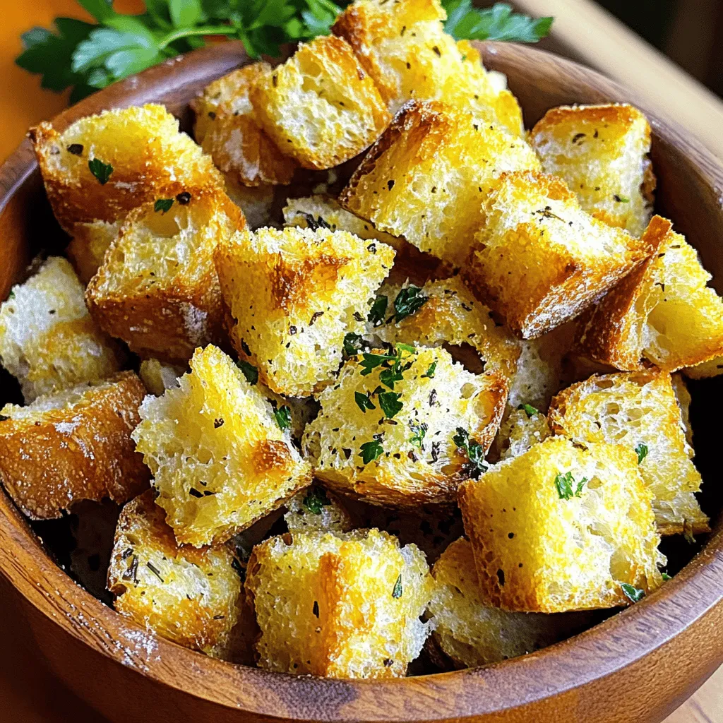 Für die perfekten Knoblauch-Parmesan-Croutons benötigst du einige Hauptzutaten. Diese Zutaten sorgen für den tollen Geschmack und die knusprige Textur. Hier sind die wichtigsten: - 4 Tassen altbackenes Brot (Baguette oder Sauerteig), in Würfel geschnitten - 1/3 Tasse Olivenöl - 4 Knoblauchzehen, fein gehackt - 1/2 Tasse geriebener Parmesan-Käse - Salz und Pfeffer nach Geschmack Diese Zutaten sind leicht zu finden. Ich empfehle, frisches Brot zu nutzen, das ein paar Tage alt ist. Es wird beim Backen schön knusprig. Kräuter und Gewürze sind der Schlüssel zu jedem tollen Rezept. Für die Knoblauch-Parmesan-Croutons sind folgende Zutaten wichtig: - 1 Teelöffel getrocknete italienische Kräuter (Oregano, Basilikum, Thymian) Diese Kräuter geben den Croutons einen besonderen Geschmack. Du kannst auch frische Kräuter verwenden, wenn du willst. Das gibt einen noch besseren Geschmack. Die Wahl des Brotes ist entscheidend für gute Croutons. Hier sind einige Tipps, die dir helfen: - Wähle ein Brot, das gut altbacken ist. - Baguette und Sauerteig sind hervorragend für Croutons. - Vermeide weiches Brot, da es nicht knusprig wird. Das richtige Brot macht einen großen Unterschied. Wenn du die Hauptzutaten und Gewürze kombinierst, bekommst du einen tollen Snack oder eine Beilage. Du kannst das gesamte Rezept in der [Full Recipe] nachlesen. Zuerst heizen Sie den Ofen auf 190°C vor. Dies ist wichtig, damit die Croutons gleichmäßig knusprig werden. Während der Ofen vorheizt, können Sie das Brot vorbereiten. Nehmen Sie altbackenes Brot, wie Baguette oder Sauerteig. Frisch gebackenes Brot kann auch verwendet werden, aber altbackenes Brot ist ideal. Jetzt schneiden Sie das Brot in kleine Würfel. Die Würfel sollten etwa einen Zoll groß sein. Geben Sie die Brotwürfel in eine große Schüssel. Fügen Sie dann das Olivenöl hinzu. Mischen Sie alles gut, bis das Brot gleichmäßig mit Öl bedeckt ist. Danach kommen die gehackten Knoblauchzehen und der geriebene Parmesan dazu. Geben Sie auch die italienischen Kräuter sowie Salz und Pfeffer hinzu. Vermengen Sie alles gründlich. So werden alle Brotwürfel schön gewürzt. Verteilen Sie die gewürzten Brotwürfel auf ein mit Backpapier ausgelegtes Blech. Achten Sie darauf, dass sie sich nicht überlappen. Backen Sie die Croutons für 15 bis 20 Minuten. Rühren Sie sie einmal um, damit sie gleichmäßig bräunen. Wenn sie goldbraun sind, nehmen Sie das Blech aus dem Ofen. Lassen Sie die Croutons ein paar Minuten abkühlen. Optional können Sie frische Petersilie darüber streuen. Jetzt sind Ihre Knoblauch-Parmesan-Croutons bereit! Sie eignen sich perfekt als knusprige Ergänzung zu Salaten oder Suppen. Für die vollständige Zubereitung schauen Sie sich das [Full Recipe] an. Um perfekte knusprige Croutons zu machen, ist es wichtig, das Brot richtig vorzubereiten. Ich empfehle, altbackenes Brot zu verwenden. Es hat die richtige Textur. Frisches Brot kann zu weich sein. Schneiden Sie das Brot in gleichmäßige Würfel. Das sorgt für gleichmäßiges Backen. Stellen Sie sicher, dass Sie die Brotwürfel gut mit Olivenöl bedecken. Zu wenig Öl kann dazu führen, dass die Croutons nicht knusprig werden. Backen Sie sie bei 190°C für 15 bis 20 Minuten. Vergessen Sie nicht, sie in der Mitte umzurühren. So bräunen sie gleichmäßig. Die Gewürze sind der Schlüssel zu Ihrem Geschmack. Fühlen Sie sich frei, die italienischen Kräuter nach Ihrem Wunsch zu ändern. Zum Beispiel können Sie mehr Oregano oder weniger Thymian verwenden. Wenn Sie es schärfer mögen, fügen Sie etwas Cayennepfeffer hinzu. Experimentieren Sie mit frischen Kräutern wie Rosmarin oder Dill. Sie können auch Parmesan durch einen anderen Käse ersetzen. Das gibt den Croutons einen neuen Geschmack. Ein häufiger Fehler ist, das Brot nicht gleichmäßig zu schneiden. Ungleichmäßige Würfel backen unterschiedlich. Ein weiterer Fehler ist, die Croutons nicht zu würzen. Salz und Pfeffer sind wichtig für den Geschmack. Achten Sie darauf, das Öl gut zu verteilen. Wenn die Croutons zu nah beieinander liegen, werden sie nicht knusprig. Achten Sie darauf, sie auf einem Backblech zu verteilen. Zu lange Backen kann sie verbrennen. Überwachen Sie sie gut, besonders gegen Ende der Backzeit. Für die vollständige Anleitung und alle Schritte, schauen Sie sich das Full Recipe an. {{image_4}} Möchten Sie eine vegane Version der Knoblauch-Parmesan-Croutons? Das ist einfach! Ersetzen Sie den Parmesan-Käse durch einen pflanzlichen Käse oder einen würzigen Nussmix. Achten Sie darauf, dass das Brot auch vegan ist. Viele Bäcker bieten jetzt veganes Brot an. So bleiben die Croutons lecker und tierfreundlich. Die Basisrezeptur für die Croutons ist flexibel. Sie können verschiedene Kräuter ausprobieren. Fügen Sie zum Beispiel etwas Paprika oder Chili hinzu, um eine scharfe Note zu bekommen. Oder verwenden Sie frische Kräuter wie Rosmarin oder Thymian für mehr Aroma. Experimentieren Sie mit geräuchertem Salz für einen besonderen Geschmack. Die Möglichkeiten sind endlos! Wenn Sie glutenfrei essen, können Sie auch glutenfreies Brot verwenden. Es gibt viele Sorten, die gut für Croutons geeignet sind. Achten Sie darauf, dass das Brot fest genug ist, um die Knusprigkeit zu behalten. Glutenfreies Brot kann etwas anders reagieren, also beobachten Sie die Backzeit genau. Verpassen Sie nicht, das Rezept zu probieren! Die Croutons sind auch ohne Gluten köstlich. Für das komplette Rezept schauen Sie sich die [Full Recipe] an! Um die Knoblauch-Parmesan-Croutons frisch zu halten, lege sie in einen luftdichten Behälter. Stelle sicher, dass der Behälter trocken ist. Feuchtigkeit macht die Croutons weich. Bewahre sie an einem kühlen, dunklen Ort auf. Eine Speisekammer eignet sich gut dafür. Die Croutons sind bis zu zwei Wochen haltbar. Wenn sie richtig gelagert werden, bleibt ihr Geschmack erhalten. Du kannst sie auch in Salaten, Suppen oder als Snack verwenden. Für einen schnellen Snack, genieße sie einfach so, wie sie sind. Um die Croutons wieder knusprig zu machen, heize den Ofen auf 150°C vor. Lege die Croutons auf ein Backblech und backe sie für 5-7 Minuten. Das gibt ihnen die gewünschte Knusprigkeit zurück. Alternativ kannst du sie in der Pfanne ohne Öl kurz anrösten. So bleiben sie lecker. Wenn du mehr über das Rezept erfahren möchtest, schau dir die vollständige Anleitung hier an: [Full Recipe]. Die Croutons sind in einem luftdichten Behälter bis zu einer Woche haltbar. Lagern Sie sie an einem kühlen, trockenen Ort. So bleiben sie knusprig und frisch. Wenn Sie sie länger aufbewahren möchten, sollten Sie die Croutons in den Kühlschrank legen. Dort halten sie sich etwa zwei Wochen. Ja, Sie können die Croutons einfrieren. Lassen Sie sie zuerst vollständig abkühlen. Legen Sie die Croutons dann in einen gefrierfesten Beutel. Stellen Sie sicher, dass Sie die Luft herausdrücken, bevor Sie den Beutel verschließen. So verhindern Sie Gefrierbrand. Die Croutons bleiben bis zu drei Monate frisch. Zum Aufwärmen legen Sie sie einfach auf ein Backblech und backen sie bei 180°C bis sie wieder knusprig sind. Die Croutons passen perfekt zu vielen Salaten. Sie bringen einen tollen Crunch und Geschmack. Probieren Sie sie in einem Caesar-Salat für eine klassische Kombination. Sie passen auch gut zu einem gemischten grünen Salat oder einem Tomatensalat. Fügen Sie die Croutons kurz vor dem Servieren hinzu, damit sie knusprig bleiben. Wenn Sie mehr Inspiration suchen, schauen Sie sich die [Full Recipe] für verschiedene Salatideen an. Knoblauch-Parmesan-Croutons sind einfach zuzubereiten und sehr lecker. Sie bestehen aus frischen Zutaten und wichtigen Kräutern. Die passende Brotauswahl macht einen großen Unterschied. In meiner Anleitung habe ich alle Schritte klar erklärt. Denke daran, die Croutons knusprig zu machen und kreative Variationen auszuprobieren. Lagere sie gut, damit sie lange frisch bleiben. Mit diesen Tipps wird jedes Gericht besser. Jetzt bist du bereit, köstliche Croutons selbst zu machen!