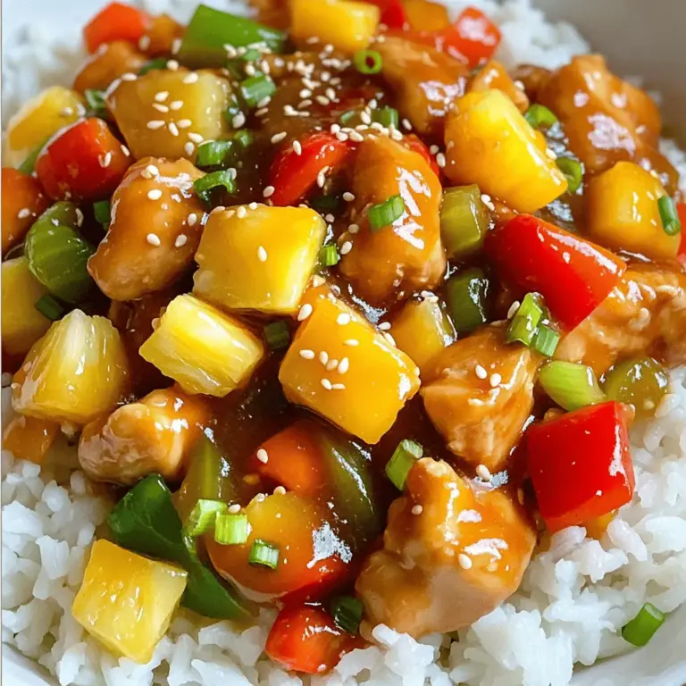 Für dein leckeres Sweet and Sour Chicken brauchst du: - 450 g Hähnchenbrustfilet, in mundgerechte Würfel geschnitten - 1 Tasse Paprika (rot und grün), grob gehackt - 1 Tasse Ananasstücke (frisch oder aus der Dose) - 1 mittlere Zwiebel, grob gehackt - 3 Knoblauchzehen, fein gehackt - 60 ml Sojasauce - 60 ml Apfelessig - 60 ml Honig - 2 Esslöffel Speisestärke (mit 2 Esslöffeln Wasser verrührt, um eine Slurry zu erstellen) - 2 Esslöffel Pflanzenöl - Salz und Pfeffer nach Geschmack - Gekochter weißer Reis oder gedämpfter Reis zum Servieren Achte darauf, frisches Hähnchen zu wählen. Es sorgt für den besten Geschmack. Die Paprika bringt Farbe und Crunch ins Gericht. Ich empfehle, reife Ananas zu verwenden, wenn du frische Ananas wählst. So bekommst du das beste Aroma. Verwende Sojasauce und Apfelessig für den süß-sauren Geschmack. Honig hilft, die Aromen auszugleichen und macht die Sauce schön glänzend. Wenn du kein Hähnchen magst, kannst du Tofu verwenden. Es nimmt die Aromen gut auf. Für eine glutenfreie Version nutze Tamari statt Sojasauce. Du kannst auch Mangostücke anstelle von Ananas verwenden, wenn du eine andere Note möchtest. Wenn du kein Öl hast, kannst du auch Butter nehmen, um das Hähnchen zu braten. Für eine schärfere Version füge etwas Chili hinzu. Diese Rezeptideen helfen dir, dein Sweet and Sour Chicken ganz nach deinem Geschmack zu gestalten. Um die Marinade zu machen, mische in einer Schüssel die Sojasauce, den Apfelessig und den Honig. Füge etwas Salz und Pfeffer hinzu. Diese Mischung wird das Hähnchen würzen und ihm viel Geschmack geben. Lass die Hähnchenwürfel in der Marinade mindestens 30 Minuten ziehen. Dies ist wichtig, damit das Hähnchen die Aromen gut aufnehmen kann. Erhitze in einer großen Pfanne oder einem Wok das Pflanzenöl auf mittlerer bis hoher Hitze. Gib die marinierten Hähnchenwürfel in die Pfanne, aber bewahre die Marinade auf. Brate das Hähnchen 5 bis 7 Minuten lang, bis es goldbraun und durchgegart ist. Achte darauf, das Hähnchen regelmäßig zu wenden, damit es gleichmäßig bräunt. Nimm das Hähnchen aus der Pfanne und stelle es beiseite. In der gleichen Pfanne fügst du die grob gehackte Zwiebel, den fein gehackten Knoblauch und die Paprika hinzu. Brate sie für 3 bis 4 Minuten. Achte darauf, dass das Gemüse leicht weich wird, aber noch knackig bleibt. Dann gib die Ananasstücke dazu. Diese bringen eine süße Frische in das Gericht. Jetzt ist es Zeit, das Hähnchen zurück in die Pfanne zu geben. Füge die aufbewahrte Marinade und die Speisestärke-Slurry hinzu. Rühre alles gut um. Lass die Mischung weitere 2 bis 3 Minuten köcheln, bis die Sauce leicht eindickt. Prüfe den Geschmack und passe die Gewürze nach Bedarf an. Das Gericht sollte nun bereit zum Servieren sein. Für eine tolle Präsentation serviere das süß-saure Hähnchen auf einem Bett aus gekochtem weißen Reis. Garniere es mit Sesamkörnern oder fein gehackten Frühlingszwiebeln. Finde die vollständige Anleitung im Full Recipe. Um das Hähnchen perfekt anzubraten, sollten Sie einige Dinge beachten: - Öl richtig erhitzen: Erhitzen Sie das Pflanzenöl gut. Es sollte heiß, aber nicht rauchend sein. - Hähnchen in kleinen Portionen anbraten: Braten Sie das Hähnchen in kleinen Mengen. So hat es genug Platz und wird gleichmäßig gar. - Nicht zu früh wenden: Lassen Sie das Hähnchen in Ruhe, bis es goldbraun ist. Dann können Sie es leicht wenden. Diese Methoden sorgen dafür, dass das Hähnchen außen knusprig und innen saftig bleibt. Eine gute Sauce macht das Gericht besonders. Hier sind meine Tipps: - Aromen anpassen: Probieren Sie die Sauce vor dem Servieren. Fügen Sie mehr Honig für Süße oder mehr Essig für Säure hinzu. - Stärke gut vermischen: Stellen Sie sicher, dass die Speisestärke gut mit Wasser verrührt ist. So klumpt die Sauce nicht. - Kochzeit beachten: Lassen Sie die Sauce nur kurz kochen, damit sie nicht zu dick wird. Sie sollte schön glänzen und leicht eindicken. Mit diesen Tipps wird Ihre Sauce ein Hit! Ein paar häufige Fehler können das Gericht ruinieren: - Zu viel Marinade verwenden: Bewahren Sie die Marinade gut auf, aber verwenden Sie nicht zu viel. Es könnte das Gericht wässrig machen. - Hähnchen nicht richtig marinieren: Lassen Sie das Hähnchen mindestens 30 Minuten in der Marinade. So nimmt es die Aromen gut auf. - Gemüse zu lange braten: Gemüse sollte knackig bleiben. Braten Sie es nur kurz an, um die Farbe und den Geschmack zu erhalten. Indem Sie diese Fehler vermeiden, gelingt Ihnen das perfekte Sweet and Sour Chicken. Für mehr Details schauen Sie sich das Full Recipe an. {{image_4}} Wenn du eine pflanzliche Option suchst, probiere Tofu. Tofu nimmt den Geschmack gut auf. Du kannst auch Tempeh verwenden, wenn du etwas mit mehr Textur magst. Schneide den Tofu in Würfel und mariniere ihn wie das Hähnchen. Brate ihn dann in der Pfanne an, bis er goldbraun ist. Für eine vegane Variante, ersetze Honig durch Agavendicksaft oder Ahornsirup. Wenn du es schärfer magst, füge rote Chiliflocken oder frische Chilis hinzu. Eine kleine Menge Sriracha oder Sambal Oelek kann viel Geschmack bringen. Mische diese scharfen Zutaten in die Marinade. Du kannst auch ein paar Scheiben frischen Ingwer für zusätzlichen Kick hinzufügen. Diese Variationen geben deinem Gericht einen aufregenden Twist. Zu süß-saurer Hähnchen passt gekochter Reis sehr gut. Du kannst auch Quinoa oder gebratene Nudeln als Beilage wählen. Für mehr Farbe und Geschmack, serviere gedämpftes Gemüse wie Brokkoli oder Zucchini dazu. Garnieren mit Sesamkörnern und Frühlingszwiebeln macht das Gericht noch schöner. Wenn du magst, kannst du auch einen frischen Salat servieren, um das Essen zu ergänzen. Bewahre dein süß-saures Hähnchen in einem luftdichten Behälter auf. So bleibt es frisch. Im Kühlschrank hält es sich bis zu drei Tage. Stelle sicher, dass die Temperatur unter 4 °C liegt. Wenn du es länger aufbewahren willst, nutze die Tiefkühlmethode. Du kannst das süß-sauren Hähnchen auch einfrieren. Teile es in Portionen auf und lege es in Gefrierbeutel. Drücke die Luft heraus, um Frost zu vermeiden. Im Gefrierfach bleibt es bis zu drei Monate gut. Achte darauf, das Datum auf die Tüte zu schreiben. Um das Gericht aufzuwärmen, kannst du die Mikrowelle oder den Herd nutzen. In der Mikrowelle erwärmst du es bei mittlerer Hitze für etwa zwei bis drei Minuten. Rühre das Hähnchen zwischendurch um. Auf dem Herd kannst du es in einer Pfanne bei schwacher Hitze aufwärmen. Füge etwas Wasser oder Brühe hinzu, um die Feuchtigkeit zu erhalten. So bleibt das Gericht saftig und lecker. Ja, du kannst das Hähnchen im Voraus marinieren. Das gibt dem Fleisch mehr Geschmack. Ich empfehle, es mindestens 30 Minuten zu marinieren. Du kannst es auch über Nacht im Kühlschrank lassen. So wird das Hähnchen besonders zart und saftig. Wenn du keine Ananas magst, kannst du auch andere Früchte verwenden. Mango oder Pfirsiche passen gut zu diesem Gericht. Sie bringen eine süße Note und einen frischen Geschmack. Du kannst auch Paprika oder Karotten anstelle von Ananas nutzen, wenn du mehr Gemüse möchtest. Ja, das Rezept kann glutenfrei sein. Du musst nur glutenfreie Sojasauce verwenden. Viele Marken bieten glutenfreie Optionen an. Achte darauf, dass alle anderen Zutaten ebenfalls glutenfrei sind. So kannst du das Gericht ohne Bedenken genießen. Für mehr Details schau dir das [Full Recipe] an. Zusammenfassend haben wir die Zutaten für dein Gericht besprochen. Ich habe dir gezeigt, wie du es Schritt für Schritt zubereitest. Beachte die Tipps, um häufige Fehler zu vermeiden. Du kannst auch Variationen ausprobieren, um das Rezept anzupassen. Denke daran, die Reste richtig zu lagern. Mit diesen Ideen hast du alles, um dein Gericht perfekt zu machen. Viel Spaß beim Kochen und Genießen!