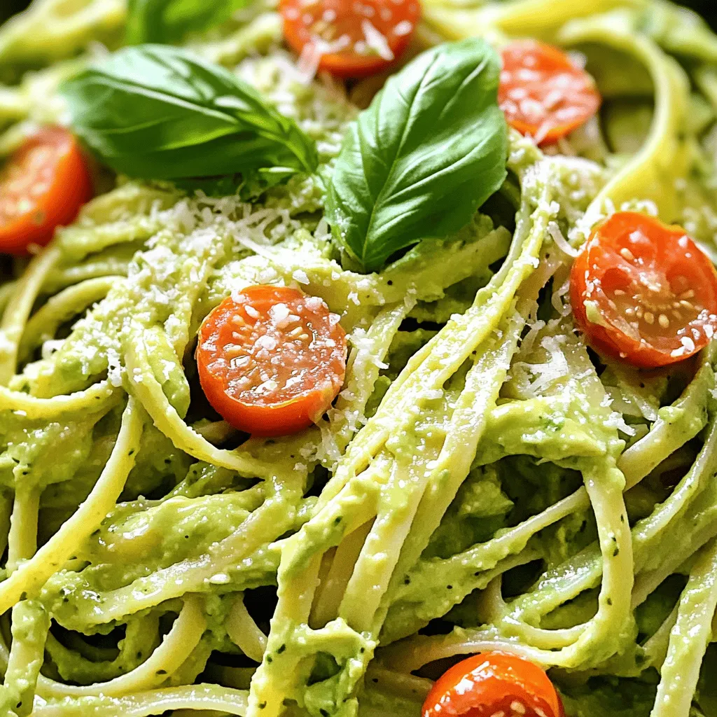 - Nudeltyp: Spaghetti oder Linguine - 2 reife Avocados, entkernt und geschält - 2 Knoblauchzehen, fein gehackt - 2 Esslöffel Zitronensaft - 60 g frische Basilikumblätter, fest gepackt - 60 ml natives Olivenöl extra - Salz und Pfeffer nach Geschmack - 1/2 Tasse Kirschtomaten, halbiert (zum Garnieren) - Geriebener Parmesan (optional, zum Servieren) Die Wahl des Nudeltyps ist wichtig. Spaghetti oder Linguine passen perfekt zur cremigen Avocado-Sauce. Ich empfehle, reife Avocados zu verwenden. Diese haben die beste Textur und den besten Geschmack. Achte darauf, dass die Avocados weich sind, aber nicht überreif. Zusätzlich brauchst du Knoblauch für den Geschmack. Er gibt der Sauce einen tollen Kick. Zitronensaft bringt Frische und hilft, die Avocado hellgrün zu halten. Frische Basilikumblätter machen die Sauce aromatisch und lecker. Die Qualität des Olivenöls ist ebenfalls entscheidend. Natives Olivenöl extra gibt der Sauce einen reichhaltigen Geschmack. Du kannst auch Salz und Pfeffer nach Geschmack hinzufügen. Diese Zutaten sind einfach zu finden, aber sie machen einen großen Unterschied. Für die Garnierung sind Kirschtomaten ideal. Sie bringen Farbe und Frische auf den Teller. Geriebener Parmesan ist optional, fügt aber einen leckeren, salzigen Geschmack hinzu. Insgesamt brauchst du nur diese Zutaten, um eine köstliche cremige Avocado-Pasta zuzubereiten. Du kannst die volle Rezeptanleitung für mehr Details nutzen. Um die Nudeln perfekt zuzubereiten, bringe einen großen Topf mit gesalzenem Wasser zum Kochen. Achte darauf, dass das Wasser sprudelnd kocht, bevor du die Spaghetti oder Linguine hinzufügst. Koche die Nudeln laut Verpackung bis sie al dente sind. Das bedeutet, sie sollten weich, aber noch etwas fest sein. Bevor du die Nudeln abgießt, hebe 240 ml des Nudelwassers auf. Dieses Wasser ist wichtig, um die Sauce später zu binden und cremiger zu machen. Für die Avocado-Sauce benötigst du einen Mixer. Gib die Avocados, den gehackten Knoblauch, den Zitronensaft und die Basilikumblätter in die Schüssel. Püriere alles gut, bis die Mischung schön glatt und cremig ist. Lass den Mixer laufen und gieße langsam das Olivenöl dazu. Wenn die Sauce zu dick ist, füge nach Bedarf etwas von dem aufbewahrten Nudelwasser hinzu. So erreichst du die perfekte Cremigkeit, die die Pasta umhüllt. Jetzt ist es Zeit, die Pasta und die Avocado-Sauce zu vermengen. Gib die abgetropften Nudeln in den Topf zurück, in dem du sie gekocht hast. Füge die Sauce hinzu und vermische alles gut. Die Nudeln sollten gleichmäßig bedeckt sein. Wenn die Sauce zu dick ist, kannst du mehr Nudelwasser hinzufügen, um die gewünschte Konsistenz zu erreichen. Serviere die Pasta sofort auf Tellern. Garniere jede Portion mit halbierten Kirschtomaten und, wenn du magst, etwas geriebenem Parmesan. Für das vollständige Rezept schaue in die Anleitung. Um die perfekte Cremigkeit der Sauce zu erreichen, ist das Nudelwasser wichtig. Es hat Stärke, die die Sauce bindet. Heben Sie vor dem Abgießen der Pasta etwas Nudelwasser auf. Fügen Sie es nach Bedarf zur Sauce hinzu. So wird die Konsistenz ideal. Sie können auch die Zutaten variieren, um den Geschmack zu ändern. Probieren Sie zum Beispiel verschiedene Kräuter wie Petersilie oder Schnittlauch. Ein Hauch von Chili kann für etwas Schärfe sorgen. Experimentieren Sie mit diesen Aromen, um Ihre eigene Note zu finden. Ein häufiger Fehler ist eine zu dicke Sauce. Wenn die Sauce zu fest ist, schmeckt sie nicht gut. Achten Sie darauf, genug Nudelwasser hinzuzufügen, um die richtige Konsistenz zu erreichen. Richtiges Salzen der Pasta ist ebenfalls wichtig. Salzen Sie das Wasser, bevor Sie die Nudeln kochen. So geben Sie den Nudeln Geschmack. Unterschätzen Sie diesen Schritt nicht, denn er macht einen großen Unterschied. {{image_4}} Möchtest du deiner cremigen Avocado-Pasta mehr Protein hinzufügen? Es gibt viele Optionen. Du kannst Hähnchen, Garnelen oder Tofu verwenden. - Hähnchen: Gegrilltes oder gebratenes Hähnchen passt gut. Schneide es in Stücke und mische es unter die Pasta. - Garnelen: Brate die Garnelen kurz an, bis sie rosa sind. Sie verleihen der Pasta einen köstlichen Meeresgeschmack. - Tofu: Für eine vegetarische Option, nutze festen Tofu. Würze ihn und brate ihn an, bevor du ihn hinzufügst. Jede dieser Proteinquellen macht dein Gericht sättigender und nährstoffreicher. Du kannst das Aroma deiner Pasta leicht verändern. Die richtigen Gewürze machen einen großen Unterschied. - Chili: Füge eine Prise Chili-Flocken hinzu, um etwas Schärfe zu geben. - Zitronenabrieb: Der Abrieb einer Zitrone bringt Frische und Lebhaftigkeit in die Sauce. - Kräuter: Experimentiere mit frischen Kräutern wie Petersilie oder Koriander. Sie geben dem Gericht mehr Tiefe. Klicke auf [Full Recipe], um die Basis zu sehen und deine Variationen auszuprobieren. Wenn du die Pasta vegetarisch oder vegan machen möchtest, gibt es großartige Alternativen. - Pflanzliche Käsesorten: Nutze veganen Parmesan oder andere pflanzliche Käse. Diese Produkte sind lecker und schmelzen gut. - Nussalternativen: Cashew-Creme ist eine tolle Wahl. Sie sorgt für eine cremige Textur ohne Milchprodukte. Diese Optionen machen dein Gericht für alle essbar und bewahren den köstlichen Geschmack. Um die Reste der cremigen Avocado-Pasta frisch zu halten, lege die Pasta in einen luftdichten Behälter. So bleibt die Sauce länger gut. Du kannst die Reste im Kühlschrank aufbewahren. Sie sind 1 bis 2 Tage haltbar. Die Avocado kann schnell braun werden. Damit dies nicht passiert, füge etwas Zitronensaft hinzu, bevor du die Pasta lagerst. Das hilft, die Farbe zu erhalten. Die beste Methode zur Wiedererwärmung ist die Mikrowelle. Stelle die Pasta in eine Schüssel und füge einen Spritzer Wasser hinzu. Decke die Schüssel ab, um die Feuchtigkeit zu halten. Erwärme die Pasta in kurzen Intervallen und rühre sie, bis sie warm ist. So bleibt die Sauce nicht trocken. Alternativ kannst du die Pasta in einer Pfanne bei niedriger Hitze erwärmen. Füge etwas Olivenöl oder Nudelwasser hinzu, um die Sauce wieder cremig zu machen. Die Avocado-Sauce bleibt im Kühlschrank für etwa 1 bis 2 Tage frisch. Es ist wichtig, die Sauce luftdicht zu verpacken. Das verhindert, dass sie schnell braun wird. Um die Haltbarkeit zu verlängern, können Sie etwas Zitronensaft hinzufügen. Der Zitronensaft wirkt als Konservierungsmittel und hält die Farbe schön. Achten Sie darauf, die Sauce nicht zu lange stehen zu lassen. Je frischer sie ist, desto besser schmeckt sie. Ja, Sie können die Pasta im Voraus zubereiten. Kochen Sie die Nudeln und lassen Sie sie abkühlen. Lagern Sie sie in einem luftdichten Behälter im Kühlschrank. Wenn Sie bereit sind, sie zu essen, können Sie die Nudeln einfach aufwärmen. Die Avocado-Sauce sollte jedoch frisch zubereitet werden. So bleibt der Geschmack und die Textur perfekt. Vermengen Sie die Sauce erst kurz vor dem Servieren mit der Pasta. Wenn Sie keine Avocados haben, gibt es Alternativen. Sie können Cashewkerne oder Erbsen verwenden, um eine cremige Sauce zu machen. Weichen Sie die Cashewkerne vorher ein, damit sie weich sind. Für Erbsen können Sie gefrorene verwenden. Kochen Sie die Erbsen kurz und pürieren Sie sie dann. Diese Optionen bieten ähnliche Cremigkeit und Geschmack. Experimentieren Sie mit diesen Zutaten, um neue Aromen zu entdecken. Zusammenfassend haben wir besprochen, wie man köstliche Avocado-Pasta zubereitet. Wir haben die Hauptzutaten, das Kochen der Nudeln und die Zubereitung der Sauce behandelt. Wichtig sind das richtige Nudelwasser und die perfekte Textur. Tipps zu Variationen und Lagerung helfen dir, die Mahlzeit zu genießen. Trau dich, mit Aromen zu spielen und Fehler zu vermeiden. Genieß jeden Bissen und entdecke neue Kombinationen, um deine Pasta noch spannender zu machen.