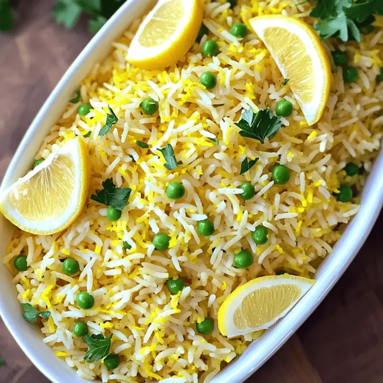 - 1 Tasse Basmati-Reis - 2 Tassen Gemüsebrühe - 2 Esslöffel Olivenöl Die Hauptzutaten sind einfach und leicht zu finden. Der Basmati-Reis hat eine feine Textur. Gemüsebrühe bringt Geschmack und Tiefe. Das Olivenöl sorgt für eine sanfte Basis. - 1 kleine Zwiebel, fein gehackt - 2 Knoblauchzehen, gehackt - 1 Teelöffel abgeriebene Zitronenschale - 2 Esslöffel Zitronensaft - 1 Teelöffel Kurkumapulver - ½ Teelöffel Kreuzkümmelsamen - Salz nach Geschmack - ½ Tasse Erbsen (frisch oder tiefgefroren) - ¼ Tasse frische Petersilie, gehackt - Zitronenschnitze zum Servieren Diese weiteren Zutaten machen den Reis-Pilaf lebendig. Zwiebel und Knoblauch bringen Aroma. Zitronenschale und Zitronensaft geben den frischen, zesty Geschmack. Kurkuma und Kreuzkümmel fügen Tiefe hinzu. Erbsen bringen Farbe und Süße. Die Petersilie macht das Gericht frisch. Servieren Sie es mit Zitronenschnitzen für einen zusätzlichen Kick. Für das vollständige Rezept schauen Sie sich das [Full Recipe] an! Beginne mit dem Abspülen des Basmati-Reises. Verwende kaltes Wasser und spüle den Reis, bis das Wasser klar bleibt. Dies entfernt die überschüssige Stärke. Lasse ihn gut abtropfen und stelle ihn beiseite. Erhitze in einem mittleren Topf das Olivenöl bei mittlerer Hitze. Füge die gehackte Zwiebel hinzu und brate sie für etwa 3-4 Minuten an, bis sie durchsichtig ist. Dann gib den gehackten Knoblauch dazu. Brate ihn für eine weitere Minute, bis er aromatisch wird. Gib den abgetropften Reis in die Pfanne. Rühre sanft, damit der Reis gleichmäßig mit Öl und Aromaten bedeckt wird. Röste den Reis für 2-3 Minuten, bis er leicht durchscheinend wird. Jetzt füge die abgeriebene Zitronenschale, den Zitronensaft, das Kurkumapulver, die Kreuzkümmelsamen und das Salz hinzu. Mische alles gut, damit die Gewürze gleichmäßig verteilt sind. Gieße die Gemüsebrühe in die Pfanne. Bringe die Mischung zum sanften Kochen. Reduziere die Hitze, decke den Topf ab und lasse alles 15-18 Minuten köcheln. Der Reis sollte zart sein und die gesamte Flüssigkeit aufnehmen. In den letzten 5 Minuten der Garzeit füge die Erbsen hinzu. Sie werden während des Dämpfens warm. Nimm den Topf vom Herd, lasse ihn 5 Minuten abgedeckt ruhen. Locke den Reis mit einer Gabel auf und hebe die gehackte Petersilie vorsichtig unter. Serviere den Zesty Lemon Rice Pilaf heiß. Garniere ihn mit Zitronenschnitzen für zusätzlichen Geschmack. Um den perfekten Reis zu kochen, ist das Wasser-Reis-Verhältnis wichtig. Für Basmati-Reis empfehle ich, 1 Tasse Reis mit 2 Tassen Gemüsebrühe zu kombinieren. Diese Mischung sorgt für fluffigen Reis. Das Abspülen des Reises entfernt überschüssige Stärke. Das hilft, die Körner locker zu halten. Lassen Sie den Reis gut abtropfen, bevor Sie ihn weiterverarbeiten. Die Gewürze in Ihrem Zesty Lemon Rice Pilaf können Sie nach Ihrem Geschmack anpassen. Probieren Sie verschiedene Kräuter wie Dill oder Basilikum aus. Für mehr Schärfe können Sie rote Paprika oder Cayennepfeffer hinzufügen. Diese Anpassungen machen das Gericht persönlicher und aufregender. Zesty Lemon Rice Pilaf passt gut zu vielen Gerichten. Kombinieren Sie ihn mit gegrilltem Hähnchen oder Fisch für eine vollwertige Mahlzeit. Auch ein frischer Salat ist eine tolle Beilage. Für eine vegane Option können Sie den Reis mit geröstetem Gemüse servieren. So schaffen Sie eine ausgewogene und schmackhafte Kombination. Für die vollständige Zubereitung, schauen Sie sich die [Full Recipe] an. {{image_4}} Für eine vegetarische oder vegane Variante können Sie die Gemüsebrühe durch Wasser ersetzen. Das gibt einen neutralen Geschmack. Sie können auch pflanzliche Butter oder Öl verwenden. Diese Optionen sind einfach und lecker. Um den Geschmack zu verbessern, fügen Sie Nüsse oder getrocknete Früchte hinzu. Mandeln oder Cashews geben Crunch. Trockenfrüchte wie Rosinen oder Aprikosen fügen Süße hinzu. Auch andere Gemüse wie Paprika oder Zucchini passen gut. Sie bringen Farbe und Frische in den Pilaf. Zesty Lemon Rice Pilaf kann von verschiedenen Kulturen inspiriert werden. Zum Beispiel können Sie indische Gewürze wie Garam Masala verwenden. Das bringt einen neuen Geschmack. Oder fügen Sie italienische Kräuter wie Basilikum und Oregano hinzu. Diese Änderungen machen das Gericht interessant und vielseitig. Lagern Sie Zesty Lemon Rice Pilaf in einem luftdichten Behälter. So bleibt der Reis frisch. Im Kühlschrank hält er sich bis zu drei Tage. Achten Sie darauf, den Reis gut abzukühlen, bevor Sie ihn wegstellen. Um den Pilaf einzufrieren, teilen Sie ihn in Portionen. Nutzen Sie gefriergeeignete Behälter oder Beutel. Der Reis bleibt bis zu drei Monate frisch. Zum Auftauen legen Sie den Behälter einfach in den Kühlschrank. Lassen Sie ihn über Nacht auftauen. Für die beste Konsistenz und Geschmack, erwärmen Sie den Pilaf in einer Pfanne. Fügen Sie etwas Gemüsebrühe hinzu, um ihn feucht zu halten. Erwärmen Sie ihn bei mittlerer Hitze und rühren Sie gut um. So bleibt der Reis locker und schmackhaft. Alternativ können Sie ihn auch in der Mikrowelle aufwärmen. Decken Sie ihn mit einem feuchten Tuch ab, damit er nicht austrocknet. Die Zubereitung dauert insgesamt etwa 30 Minuten. Die Vorbereitungszeit beträgt 10 Minuten. Die Kochzeit liegt bei 20 Minuten. Dies macht es einfach, eine leckere Beilage schnell zu zubereiten. Ja, du kannst den Reis im Voraus zubereiten. Koche den Pilaf und lasse ihn abkühlen. Lagere ihn dann in einem luftdichten Behälter im Kühlschrank. Der Reis bleibt so bis zu drei Tage frisch. Vor dem Servieren einfach wieder aufwärmen. Zesty Lemon Rice Pilaf ist vielseitig. Es passt gut zu vielen Gerichten. Hier sind einige Ideen: - Gegrilltes Hähnchen - Gebratener Fisch - Gemüsepfannen - Salate Diese Kombinationen machen dein Essen bunt und lecker. Um den Reis würziger zu machen, füge zusätzliche Gewürze hinzu. Hier sind einige Vorschläge: - Paprika für eine süßliche Note - Zimt für eine warme Tiefe - Frische Kräuter wie Basilikum oder Koriander Experimentiere mit den Gewürzen, um den perfekten Geschmack für dich zu finden. In diesem Blogbeitrag haben wir die Hauptzutaten und Schritte für ein köstliches Zitronenreis-Pilaf betrachtet. Dazu gehören Basmati-Reis, Gemüsebrühe und frische Kräuter. Ich habe Tipps für die perfekte Konsistenz und Variationen geteilt. Die Möglichkeiten sind vielfältig, um das Gericht nach deinem Geschmack anzupassen. Denke an die richtige Lagerung und Aufwärm-Methoden, um den besten Geschmack zu erhalten. Dieses Rezept ist einfach und macht Freude beim Kochen. Probiere es aus und genieße jeden Bissen!