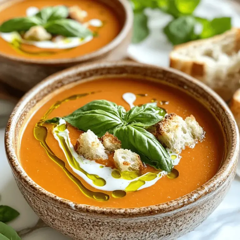Die Basis für diese köstliche Suppe sind frische und hochwertige Zutaten. Hier sind die Hauptzutaten, die du benötigst: - 2 Esslöffel Olivenöl - 1 mittelgroße Zwiebel, gewürfelt - 3 Knoblauchzehen, fein gehackt - 2 Dosen (je 400g) gewürfelte Tomaten (mit Saft) - 250ml Gemüsebrühe - 240ml Schlagsahne (oder Kokoscreme für eine vegane Version) - 125g frische Basilikumblätter, grob gehackt Diese Zutaten bringen reichhaltige Aromen in die Suppe. Die Tomaten geben eine süße und saftige Grundlage. Olivenöl sorgt für einen feinen Geschmack. Zwiebeln und Knoblauch fügen Tiefe hinzu. Gewürze sind der Schlüssel, um den Geschmack zu intensivieren. Hier sind die Gewürze, die du brauchst: - 1/2 Teelöffel Zucker - Salz und schwarzer Pfeffer nach Geschmack - 1 Esslöffel Balsamico-Essig Zucker hilft, die Säure der Tomaten auszugleichen. Balsamico-Essig bringt eine schöne Säure und Tiefe. Salz und Pfeffer runden das Ganze ab. Du kannst die Suppe nach deinem Geschmack anpassen. Hier sind einige optionale Zutaten: - Croutons zum Garnieren - Weitere frische Basilikumblätter für den extra Kick Croutons fügen einen knusprigen Biss hinzu. Frische Basilikumblätter bringen mehr Aroma und Farbe. Du kannst auch andere Kräuter verwenden, wie Thymian oder Oregano, um neue Geschmäcker zu entdecken. Für die vollständige Zubereitung und weitere Details, schau dir das [Full Recipe] an. Um die Cremige Tomaten-Basilikum-Suppe zu machen, brauchst du frische und gute Zutaten. Hier sind die Schritte für die Vorbereitung: - Olivenöl - 1 mittelgroße Zwiebel, gewürfelt - 3 Knoblauchzehen, fein gehackt - 2 Dosen (je 400g) gewürfelte Tomaten (mit Saft) - 250ml Gemüsebrühe - 1/2 Teelöffel Zucker - Salz und schwarzer Pfeffer nach Geschmack - 240ml Schlagsahne (oder Kokoscreme für eine vegane Version) - 125g frische Basilikumblätter, grob gehackt - 1 Esslöffel Balsamico-Essig - Optional: Croutons oder frische Basilikumblätter zum Garnieren Sorge dafür, dass alles bereit ist, bevor du anfängst. Das macht den Kochprozess einfacher und schneller. Erhitze das Olivenöl in einem großen Topf bei mittlerer Hitze. Wenn das Öl heiß ist, füge die gewürfelte Zwiebel hinzu. Dünste die Zwiebel etwa 5 Minuten, bis sie weich und durchsichtig ist. Jetzt kommt der Knoblauch dazu. Brate ihn für etwa 1 Minute an, bis er duftet. Das gibt der Suppe einen tollen Geschmack. Gieße die gewürfelten Tomaten und die Gemüsebrühe in den Topf. Füge Zucker, Salz und Pfeffer hinzu. Rühre alles gut um. Lass die Mischung bei niedriger Hitze 15 bis 20 Minuten köcheln. So können sich die Aromen gut entfalten. Nimm den Topf vom Herd. Jetzt pürierst du die Suppe. Nutze einen Stabmixer, bis sie schön glatt ist. Alternativ kannst du die Suppe vorsichtig in einem Mixer pürieren und dann zurück in den Topf geben. Stelle den Topf wieder auf niedrige Hitze. Rühre die Schlagsahne (oder Kokoscreme) und das gehackte Basilikum ein. Erwärme alles, aber lass die Suppe nicht kochen. Schmecke die Suppe ab. Füge bei Bedarf mehr Salz und Pfeffer hinzu. Der Balsamico-Essig sorgt für einen tollen Frischekick. Serviere die Suppe heiß und garniere sie nach Wunsch. Du findest das vollständige Rezept [hier](#). Um die Aromen in dieser Suppe zu intensivieren, nutze frische Zutaten. Frische Kräuter wie Basilikum machen einen großen Unterschied. Du kannst auch die Zwiebeln und den Knoblauch etwas länger anbraten. Dadurch karamellisieren sie und geben mehr Geschmack ab. Ein Spritzer Zitronensaft am Ende verstärkt die Frische. Ein häufiger Fehler ist, die Suppe zu lange zu kochen. Du solltest sie nur sanft köcheln lassen. Dadurch bleibt die Farbe und der Geschmack frisch. Achte darauf, die Sahne nicht zu kochen, sondern nur zu erwärmen. So bleibt die Struktur schön cremig. Serviere die Suppe in tiefen Schalen. Garniere sie mit frischem Basilikum und ein paar Croutons. Ein Spritzer gutes Olivenöl obenauf macht die Suppe noch besser. Du kannst auch ein Stück knuspriges Brot dazu reichen. Das passt perfekt zu dieser cremigen Tomaten-Basilikum-Suppe. Für das vollständige Rezept, schau dir die Details an. {{image_4}} Für eine vegane Cremige Tomaten-Basilikum-Suppe lasse die Schlagsahne weg. Verwende stattdessen Kokoscreme. Sie gibt der Suppe eine tolle, cremige Textur. Kokoscreme hat auch einen leichten Geschmack, der gut mit Tomaten harmoniert. Du kannst auch pflanzliche Brühe nutzen, um den Geschmack zu vertiefen. Das Rezept bleibt einfach und lecker. Du kannst das Rezept anpassen, um verschiedene regionale Geschmäcker zu treffen. In Italien zum Beispiel, füge eine Prise Oregano oder Thymian hinzu. Das gibt der Suppe eine besondere Note. In der Provence kannst du mit Kräutern der Provence experimentieren. Sie bringen ein tolles Aroma. Wenn du in Asien bist, probiere ein wenig Ingwer oder Zitronengras für einen frischen Geschmack. Hast du Reste von der Suppe? Das ist kein Problem! Du kannst die übrig gebliebene Suppe leicht aufwärmen. Sie schmeckt auch super als Sauce über Pasta. Füge ein paar frische Kräuter hinzu, um den Geschmack aufzufrischen. Oder verwende die Suppe als Basis für ein schnelles Risotto. Die Möglichkeiten sind endlos! Um die cremige Tomaten-Basilikum-Suppe richtig zu lagern, lasse sie zuerst abkühlen. Fülle die Suppe dann in einen luftdichten Behälter. Verwende ein Glas oder eine Plastikdose mit Deckel. Stelle sicher, dass keine Luft in den Behälter gelangt. So bleibt die Suppe frisch und lecker. Im Kühlschrank bleibt die Suppe bis zu fünf Tage haltbar. Achte darauf, sie gut zu verschließen. Wenn du die Suppe länger aufbewahren möchtest, friere sie ein. In einem gefrierfesten Behälter hält sie bis zu drei Monate. So hast du immer eine schnelle Mahlzeit zur Hand. Die beste Methode, die Suppe aufzuwärmen, ist auf dem Herd. Gieße die Suppe in einen Topf und erhitze sie bei mittlerer Hitze. Rühre regelmäßig um, damit die Suppe gleichmäßig warm wird. Du kannst auch die Mikrowelle nutzen. Fülle die Suppe in eine mikrowellengeeignete Schüssel und decke sie ab. Erwärme sie in kurzen Intervallen, um Überkochen zu vermeiden. Für das vollständige Rezept der cremigen Tomaten-Basilikum-Suppe, schaue dir die Rezeptseite an. Um die Suppe dicker zu machen, kannst du einfach mehr Gemüsebrühe verwenden. Ein anderes gutes Mittel ist, etwas mehr Schlagsahne oder Kokoscreme hinzuzufügen. Du kannst auch die Tomaten länger köcheln lassen, damit sie mehr Flüssigkeit verlieren. Eine weitere Methode ist, etwas Maisstärke mit Wasser zu mischen und in die Suppe zu rühren. So erhältst du eine cremigere Konsistenz. Ja, frische Tomaten sind eine tolle Wahl! Du kannst sie einfach blanchieren, um die Haut zu entfernen. Verwende etwa 1 kg frische Tomaten. Achte darauf, die Tomaten gut zu pürieren, damit die Suppe schön glatt wird. Frische Tomaten haben einen tollen Geschmack und geben der Suppe eine schöne Frische. Zu dieser cremigen Tomaten-Basilikum-Suppe passt am besten ein knuspriges Baguette oder ein rustikales Bauernbrot. Die knusprige Kruste ergänzt die weiche Suppe perfekt. Du kannst das Brot auch leicht rösten, um den Geschmack noch zu intensivieren. Crostini oder geröstete Brotscheiben mit etwas Knoblauch sind ebenfalls eine gute Wahl. Das vollständige Rezept der cremigen Tomaten-Basilikum-Suppe findest du in der Rezeptbeschreibung. Dort stehen alle Zutaten und Schritte, die du benötigst, um diese leckere Suppe zuzubereiten. Diese Blogpost behandelte alles zu einer leckeren und cremigen Tomaten-Basilikum-Suppe. Wir schauten uns die Hauptzutaten, Gewürze und optionale Zutaten an. Die Schritt-für-Schritt-Anleitung zeigte den Weg vom Vorbereiten bis zum Pürieren. Tipps halfen, Aromen zu intensivieren und häufige Fehler zu vermeiden. Auch Variationen und Lagerungshinweise fanden Platz. Sei kreativ mit dem Rezept und passe es deinem Geschmack an. Genuss kennt keine Grenzen!