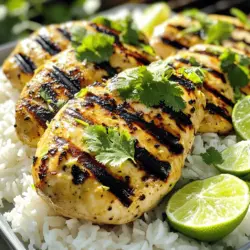 Für Kokos-Limetten-Hühnchen brauchen Sie folgende Zutaten: - 4 Hähnchenbrustfilets ohne Haut und Knochen - 1 Tasse Kokosmilch - Abrieb und Saft von 2 Limetten - 2 Esslöffel Honig - 2 Knoblauchzehen, fein gehackt - 1 Teelöffel frisch geriebener Ingwer - 1 Teelöffel Salz - 1/2 Teelöffel schwarzer Pfeffer - 1 Esslöffel Olivenöl - Frische Korianderblätter zum Garnieren - Limettenschnitze zum Servieren Diese Zutaten sind frisch und leicht. Sie geben dem Gericht einen tollen Geschmack. Die Hähnchenbrust ist proteinreich, während die Kokosmilch eine cremige Textur bietet. Limetten machen das Gericht frisch und spritzig. Kokos-Limetten-Hühnchen bietet viele Nährstoffe. Hähnchenbrust ist eine gute Quelle für mageres Protein. Es fördert den Muskelaufbau und die Gesundheit. Kokosmilch enthält gesunde Fette, die gut für das Herz sind. Limetten sind reich an Vitamin C. Sie stärken das Immunsystem und sind gut für die Haut. Knoblauch hat viele Vorteile. Er kann den Blutdruck senken und wirkt entzündungshemmend. Wenn Sie keine Kokosmilch mögen, können Sie auch Mandelmilch verwenden. Sie gibt dem Gericht einen anderen, aber leckeren Geschmack. Für eine vegane Variante können Sie Tofu anstelle von Hähnchen verwenden. Marinieren Sie den Tofu genauso wie das Hähnchen. Auch Honig kann durch Agavendicksaft ersetzt werden, wenn Sie vegan bleiben möchten. So können Sie das Rezept an Ihre Vorlieben anpassen. Für die vollständige Anleitung, schauen Sie sich das Full Recipe an. Um die Marinade perfekt zu machen, nehmen Sie eine große Schüssel. Geben Sie die Kokosmilch hinein. Fügen Sie den Abrieb und den Saft von zwei Limetten hinzu. Dann kommen zwei Esslöffel Honig dazu. Jetzt hacken Sie zwei Knoblauchzehen fein und geben sie in die Schüssel. Frisch geriebener Ingwer verleiht dem Gericht einen tollen Geschmack. Fügen Sie auch einen Teelöffel Salz und einen halben Teelöffel schwarzen Pfeffer hinzu. Rühren Sie alles gut um, bis es gut vermischt ist. Diese Marinade gibt dem Hühnchen seinen frischen und leckeren Geschmack. Legen Sie die Hähnchenbrustfilets in einen wieder verschließbaren Plastikbeutel oder in eine flache Schale. Gießen Sie die Marinade gleichmäßig über das Hühnchen. Verschließen Sie den Beutel oder decken Sie die Schale ab. Lassen Sie das Hühnchen mindestens eine Stunde im Kühlschrank marinieren. Wenn Sie Zeit haben, lassen Sie es besser über Nacht marinieren. So zieht der Geschmack tief ins Fleisch ein. Heizen Sie den Grill oder eine Grillpfanne bei mittlerer bis hoher Hitze vor. Wenn Sie einen Grill benutzen, bestreichen Sie die Roste mit Olivenöl. Nehmen Sie das Hähnchen aus der Marinade und lassen Sie die überschüssige Marinade abtropfen. Die restliche Marinade entsorgen Sie. Grillen Sie das Hähnchen etwa 6-7 Minuten auf jeder Seite. Es ist fertig, wenn eine Kerntemperatur von 75°C erreicht ist. Nach dem Grillen lassen Sie das Hühnchen fünf Minuten ruhen. Schneiden Sie es in Scheiben und richten Sie es schön an. Garnieren Sie es mit frischen Korianderblättern und servieren Sie Limettenschnitze dazu. Für die genaue Zubereitung können Sie die [Full Recipe] ansehen. Um perfektes Grill-Hühnchen zu erreichen, marinieren Sie es gut. Die Marinade aus Kokosmilch und Limette macht das Fleisch zart. Lassen Sie das Hühnchen mindestens eine Stunde marinieren. Über Nacht sorgt für mehr Geschmack. Grillen Sie das Hühnchen bei mittlerer Hitze. Wenden Sie das Fleisch nur einmal. So bleibt es saftig und wird gleichmäßig gar. Für Kokos-Limetten-Hühnchen empfehle ich Jasminreis. Er passt gut zur Marinade. Auch ein frischer Salat ist eine tolle Beilage. Ein einfacher Gurkensalat mit Limette erfrischt das Gericht. Gegrilltes Gemüse bringt zusätzliche Aromen. Vermeiden Sie, das Hühnchen zu lange zu grillen. Es wird trocken, wenn es übergart. Eine zu kurze Marinierzeit schränkt den Geschmack ein. Achten Sie darauf, die Marinade vor dem Grillen abzutropfen. Zu viel Marinade führt zu Flammen und ungleichmäßiger Garung. Wenn Sie diese Tipps befolgen, gelingt Ihr Kokos-Limetten-Hühnchen perfekt. {{image_4}} Wenn du keine Grillmöglichkeit hast, kannst du das Kokos-Limetten-Hühnchen auch im Ofen zubereiten. Heize deinen Ofen auf 200°C vor. Lege die marinierten Hähnchenbrustfilets in eine Auflaufform. Gieße die restliche Marinade darüber. Backe das Hühnchen etwa 25-30 Minuten, bis es durchgegart ist. Es bleibt saftig und nimmt den vollsten Geschmack auf. Für eine vegetarische Option verwende Tofu anstelle von Hühnchen. Wähle festen Tofu und schneide ihn in Würfel. Mariniere den Tofu wie das Hühnchen. Lasse ihn mindestens eine Stunde lang ziehen. Du kannst den marinierten Tofu dann grillen oder im Ofen backen. Der Geschmack von Kokos und Limette passt hervorragend zu Tofu und macht das Gericht leicht und frisch. Du kannst die Aromen in diesem Gericht leicht ändern. Füge etwas Chili für Schärfe hinzu. Ein Teelöffel Kreuzkümmel gibt einen warmen, erdigen Geschmack. Probiere auch frische Kräuter wie Basilikum oder Minze für einen anderen Twist. Diese Gewürze bringen neue Geschmäcker, die das Gericht noch interessanter machen. Übrig gebliebenes Kokos-Limetten-Hühnchen braucht eine gute Lagerung. Lassen Sie das Hühnchen zuerst auf Raumtemperatur abkühlen. Dann legen Sie es in einen luftdichten Behälter. Es bleibt im Kühlschrank bis zu drei Tage frisch. Achten Sie darauf, dass es gut verschlossen ist, damit es nicht austrocknet. Das Einfrieren ist eine tolle Option für lange Lagerung. Schneiden Sie das Hühnchen in Stücke oder lassen Sie es ganz. Wickeln Sie es fest in Frischhaltefolie oder in einen Gefrierbeutel. So bleibt der Geschmack bis zu drei Monate erhalten. Denken Sie daran, das Hühnchen vor dem Einfrieren abzukühlen. So vermeiden Sie Eiskristalle. Um das Hühnchen wieder warm zu machen, nutzen Sie eine Pfanne oder den Ofen. In der Pfanne, bei mittlerer Hitze, erwärmen Sie das Hühnchen langsam. Fügen Sie etwas Kokosmilch oder Brühe hinzu, um es saftig zu halten. Im Ofen können Sie das Hühnchen bei 180 Grad Celsius für 15-20 Minuten aufwärmen. Servieren Sie es mit frischem Koriander und Limettenschnitzen. So bleibt es lecker und frisch. Du solltest das Hühnchen mindestens 1 Stunde marinieren. Für besseren Geschmack lasse es über Nacht im Kühlschrank. So zieht die Marinade tief in das Fleisch ein. Das macht das Hühnchen saftig und voller Aromen. Ja, du kannst Limettensaft verwenden. Frischer Limettensaft hat jedoch den besten Geschmack. Wenn du Limettensaft nimmst, achte auf die Menge. Verwende etwa die gleiche Menge wie im Rezept angegeben. Frische Limetten geben mehr Frische und Aroma. Zu Kokos-Limetten-Hühnchen passen viele Gemüsesorten gut. Du kannst zum Beispiel wählen: - Paprika - Zucchini - Brokkoli - Karotten - Spargel Diese Gemüsesorten bringen Farbe und Nährstoffe auf deinen Teller. Sie ergänzen den Geschmack des Hühnchens perfekt. Serviere das Gemüse einfach gedämpft oder gegrillt. Kokos-Limetten-Hühnchen vereint leckere Zutaten und einfache Zubereitung. Du hast gelernt, wie du eine Marinade machst, das Hühnchen grillst und häufige Fehler vermeidest. Variationen wie Ofenzubereitung oder vegetarische Alternativen sorgen für Abwechslung. Denke daran, dass die Lagerung wichtig ist, um Reste frisch zu halten. Jetzt bist du bereit, dein eigenes köstliches Gericht zuzubereiten. Mach dich ans Werk und genieße die Aromen!