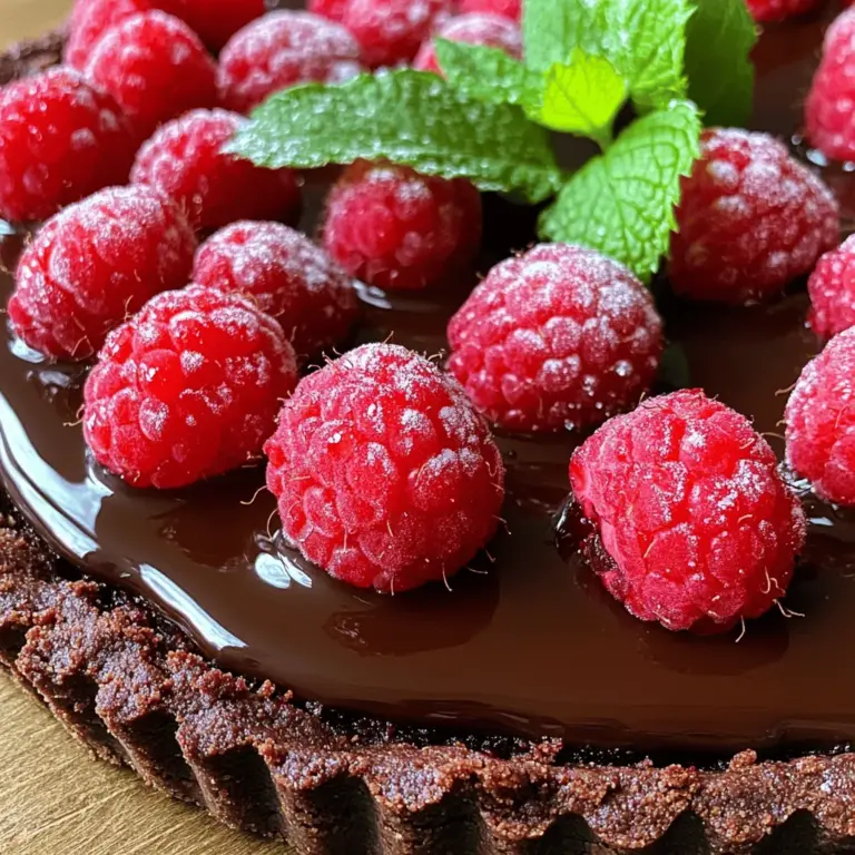 Um eine perfekte Schokoladen-Himbeer-Tarte zu machen, brauchst du einige Hauptzutaten. Hier ist, was du benötigst: - 1 ½ Tassen Allzweckmehl - ½ Tasse ungesüßtes Kakaopulver - ½ Tasse Puderzucker - ½ Teelöffel Salz - ½ Tasse ungesalzene Butter, kalt und gewürfelt - 1 großes Eigelb - 3 Esslöffel kaltes Wasser - 1 Tasse Schlagsahne - 225 g Zartbitter-Schokolade (70% Kakao), grob gehackt - 2 Tassen frische Himbeeren - 1 Esslöffel Zucker (zum Bestreuen) - Minzblätter (zur Garnitur) Diese Zutaten sind wichtig für den Geschmack der Tarte. Sie sorgen für die richtige Textur und die süße Frische. Falls du einige Zutaten nicht hast, gibt es Alternativen. Anstatt Allzweckmehl kannst du Dinkel- oder Mandelmehl verwenden. Für die Schokolade, wähle eine vegane Option, wenn gewünscht. Verwende Kokosöl statt Butter, um das Rezept vegan zu machen. Für die Himbeeren kannst du gefrorene verwenden, aber frisch schmeckt es besser. Du kannst auch andere Beeren wie Erdbeeren oder Blaubeeren ausprobieren. Um diese Tarte zu backen, brauchst du einige wichtige Geräte: - Küchenmaschine - Tarteform (23 cm) - Rührschüssel - Topf für die Ganache - Gabel zum Einstechen des Teigs - Teigrolle Mit diesen Utensilien wird das Backen einfach. Sie helfen dir, die Schritte leicht zu befolgen und ein tolles Ergebnis zu erzielen. Du kannst die vollständige Anleitung im Full Recipe nachlesen. Um den perfekten Tarteboden zu machen, vermenge ich zuerst das Mehl, Kakaopulver, Puderzucker und Salz in einer Küchenmaschine. Dann füge ich die kalte Butter hinzu. Ich pulsier die Mischung, bis sie krümelig aussieht. In einer kleinen Schüssel verrühre ich das Eigelb mit kaltem Wasser. Diese Mischung gebe ich langsam in die Krümel. Ich pulsier weiter, bis der Teig zusammenkommt. Danach forme ich den Teig zu einer Scheibe, wickle ihn in Frischhaltefolie und lasse ihn 30 Minuten im Kühlschrank ruhen. Während ich darauf warte, heize ich den Ofen auf 175°C vor. Jetzt rolle ich den gekühlten Teig auf einer bemehlten Fläche aus. Er sollte in meine Tarteform passen. Ich drücke den Teig in die Form und trimme den überschüssigen Teig ab. Um Blasenbildung zu vermeiden, steche ich den Boden mit einer Gabel ein. Die Tarte backe ich 15 Minuten und lasse sie dann abkühlen. Für die Ganache erwärme ich die Schlagsahne in einem Topf bei niedriger Hitze. Sobald sie zu köcheln beginnt, nehme ich sie vom Herd. Ich gieße die heiße Sahne über die gehackte Zartbitter-Schokolade in einer Schüssel. Nach 2-3 Minuten rühre ich die Mischung gut um, bis sie glatt und glänzend ist. Sobald der Tarteboden abgekühlt ist, lege ich ihn auf einen Servierteller. Ich gieße die Schokoladenganache gleichmäßig in den Boden und streiche die Oberfläche glatt. Danach stelle ich die Tarte für eine Stunde in den Kühlschrank, damit die Ganache fest wird. Wenn die Ganache fest ist, dekoriere ich die Tarte mit frischen Himbeeren. Ich streue etwas Zucker darüber, um einen schönen Glanz zu erzeugen. Zum Schluss garnieren ich die Tarte mit frischen Minzblättern. Jedes Stück dieser köstlichen Schokoladen-Himbeer-Tarte bringt Freude! Um eine perfekte Tarte zu backen, achte auf die Temperatur. Kalte Butter ist wichtig. Sie sorgt für einen knusprigen Teig. Mische die Zutaten nur so lange, bis der Teig zusammenkommt. Überarbeite ihn nicht, sonst wird er zäh. Nach dem Formen des Teigs, lass ihn im Kühlschrank ruhen. Das macht ihn leichter zu verarbeiten. Frische Himbeeren sind der Schlüssel zu einem tollen Geschmack. Wähle reife, feste Beeren ohne Druckstellen. Vor der Verwendung solltest du sie gründlich abspülen. Trockne sie vorsichtig mit einem Küchentuch. So bleibt der Boden der Tarte knusprig. Du kannst die Himbeeren auch leicht mit Zucker bestreuen. Das intensiviert den Geschmack und gibt einen schönen Glanz. Die Ganache sollte glatt und glänzend sein. Erhitze die Sahne langsam, um ein Anbrennen zu vermeiden. Achte darauf, dass die Schokolade gut gehackt ist. So schmilzt sie gleichmäßig. Lass die Mischung nach dem Gießen für 2-3 Minuten ruhen. Dann rühre gut um, bis sie cremig ist. Wenn die Ganache zu dick wird, kann etwas Sahne helfen. Folge diesen Tipps, und du wirst die perfekte Schokoladen-Himbeer-Tarte genießen. Für das gesamte Rezept, schau dir die [Full Recipe]. {{image_4}} Eine Schokoladen-Himbeer-Tarte kann mit verschiedenen Teigen gemacht werden. Sie können einen klassischen Mürbeteig nutzen oder einen Keksboden machen. Ein Keksboden aus zerbröselten Butterkeksen gibt der Tarte eine knusprige Basis. Sie können auch einen glutenfreien Teig ausprobieren. Verwenden Sie einfach glutenfreies Mehl. Probieren Sie, die Butter durch Kokosöl zu ersetzen. So erhalten Sie einen anderen Geschmack. Die Füllung ist auch variabel. Sie können weiße Schokolade statt Zartbitter verwenden. Diese Füllung wird süßer und cremiger. Fügen Sie Aromen wie Vanille oder Espresso hinzu, um die Tiefe zu erhöhen. Eine Schicht Himbeermus unter der Ganache ist eine tolle Idee. Sie können auch andere Beeren wie Erdbeeren oder Blaubeeren verwenden. So bleibt die Tarte frisch und spannend. Die Tarte sieht toll aus, wenn Sie sie garnieren. Frische Himbeeren sind ein Muss. Sie geben einen tollen Farbkontrast. Minzblätter sind auch eine schöne Option. Sie fügen Frische hinzu. Servieren Sie die Tarte mit einer Kugel Vanilleeis. Das macht das Dessert perfekt. Für einen besonderen Touch können Sie Puderzucker darüber streuen. So wird die Tarte nicht nur lecker, sondern auch schön anzusehen. Sie können die vollständige Anleitung in dem [Full Recipe] finden. Um die Schokoladen-Himbeer-Tarte frisch zu halten, lege sie in einen luftdichten Behälter. Dies hilft, Feuchtigkeit und Gerüche fernzuhalten. Wenn du keinen Behälter hast, decke die Tarte einfach gut mit Frischhaltefolie ab. So bleibt sie länger lecker. Stelle die Tarte in den Kühlschrank, um die Frische zu bewahren. Im Kühlschrank bleibt die Tarte bis zu drei Tage frisch. Nach dieser Zeit kann der Geschmack nachlassen. Die Himbeeren könnten auch matschig werden. Um die beste Qualität zu genießen, iss die Tarte innerhalb der ersten zwei Tage. Falls du die Tarte länger aufbewahren möchtest, kannst du sie auch einfrieren. Lass die Tarte zuerst vollständig abkühlen. Schneide sie dann in Stücke. Wickele jedes Stück fest in Frischhaltefolie. Lege die Stücke in einen Gefrierbeutel und drücke die Luft heraus. Im Gefrierfach hält sie bis zu zwei Monate. Zum Auftauen, lasse die Tarte einfach über Nacht im Kühlschrank. So bleibt sie saftig und lecker. Um die Tarte frisch zu halten, lege sie in den Kühlschrank. Bewahre sie in einem luftdichten Behälter auf. So bleibt die Ganache cremig und die Himbeeren frisch. Wenn du die Tarte länger aufbewahren möchtest, kannst du sie auch einfrieren. Wickele sie fest in Frischhaltefolie und lege sie in einen Gefrierbeutel. So bleibt sie bis zu drei Monate gut. Ja, du kannst die Schokoladenganache vegan machen. Ersetze die Schlagsahne durch eine pflanzliche Alternative, wie Kokoscreme oder Soja-Sahne. Diese Optionen geben der Ganache eine ähnliche Textur und einen tollen Geschmack. Achte darauf, dass die Schokolade vegan ist. Sie sollte keine Milchbestandteile enthalten. Die besten Beilagen sind frische Früchte, wie Erdbeeren oder Himbeeren. Ein Klecks pflanzliche Sahne passt auch gut dazu. Du kannst auch eine Kugel Vanilleeis servieren. Das Eis ergänzt die Schokolade perfekt. Für einen besonderen Touch füge etwas Minze hinzu. Sie bringt Frische und Farbe auf den Teller. Die Schokoladen-Himbeer-Tarte ist ein wahrer Genuss. Wir haben die Hauptzutaten und Alternativen besprochen. Die Schritt-für-Schritt-Anleitung zeigt dir, wie du Boden, Ganache und Deko machst. Mit unseren Tipps und Tricks backst du die perfekte Tarte. Zudem kannst du deine Tarte auf verschiedene Arten variieren und richtig lagern. Achte auf die häufigen Fragen, um mögliche Probleme zu vermeiden. Jetzt bist du bereit, deine eigene Tarte zu kreieren. Lass deiner Kreativität freien Lauf und genieße jeden Biss!