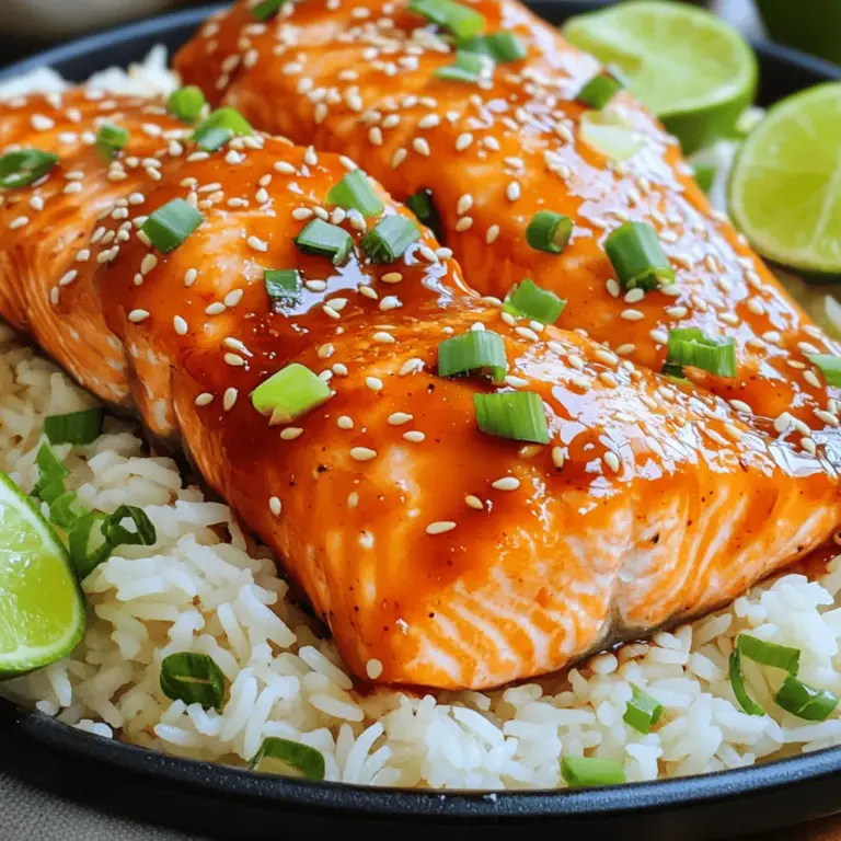 Für dieses köstliche Gericht brauchst du einige einfache Zutaten. Hier ist die Liste: - 4 Lachsfilets (je 170 g) - 3 Esslöffel Sriracha-Sauce - 2 Esslöffel Honig - 1 Esslöffel Sojasauce - 1 Esslöffel Olivenöl - 2 Knoblauchzehen, fein gehackt - Saft von 1 Limette - Salz und Pfeffer nach Geschmack Diese Zutaten machen deinen Lachs besonders lecker. Sriracha bringt eine feurige Note, während Honig die Süße hinzufügt. Salz und Pfeffer sind wichtig für den Geschmack. Sie heben die Aromen des Lachses hervor. Der Limettensaft sorgt für Frische. Der Knoblauch gibt einen tollen, herzhaften Geschmack. Diese Gewürze zusammen machen die Glasur einzigartig. Um dein Gericht zu vollenden, kannst du ein paar einfache Garnierungen verwenden: - Sesamkörner zum Garnieren - Gehackte Frühlingszwiebeln zum Garnieren Diese Garnierungen fügen Farbe und Textur hinzu. Sie machen das Gericht nicht nur schmackhafter, sondern auch schöner. Du kannst die garnierte Portion auf einem Bett aus Jasminreis oder Quinoa servieren. Optional kannst du auch Limettenschnitze dazugeben, um das Geschmackserlebnis zu verbessern. Zuerst mache ich die Glasur. Ich nehme eine kleine Schüssel. Dort füge ich 3 Esslöffel Sriracha-Sauce, 2 Esslöffel Honig, 1 Esslöffel Sojasauce, 1 Esslöffel Olivenöl, 2 fein gehackte Knoblauchzehen und den Saft von 1 Limette hinzu. Dann verrühre ich alles gut mit einem Schneebesen. Die Mischung sollte gleichmäßig und glatt sein. Jetzt würze ich die Lachsfilets. Ich nehme 4 Lachsfilets und streue großzügig Salz und Pfeffer auf beide Seiten. Dann stelle ich eine beschichtete Pfanne auf den Herd und erhitze sie. Wenn die Pfanne heiß ist, lege ich die Lachsfilets mit der Hautseite nach unten hinein. Ich brate sie etwa 4-5 Minuten lang, bis die Haut knusprig ist. Nach dem Braten wende ich die Lachsfilets vorsichtig. Ich gieße die Sriracha-Honig-Glasur gleichmäßig über die Oberseite der Filets. Ich brate die Filets dann weitere 3-4 Minuten. Während des Bratens löffle ich die Glasur mehrmals über den Lachs. Das sorgt für einen tollen Geschmack. Der Lachs ist fertig, wenn er ganz gar ist und die Glasur klebrig geworden ist. Dann lasse ich ihn ein bis zwei Minuten ruhen, bevor ich ihn serviere. Für die vollständige Anleitung und genauen Schritte, siehe [Full Recipe]. Die Kochzeit für Lachs ist wichtig. Zu lange kochen macht ihn trocken. Brate den Lachs etwa 4-5 Minuten auf der Hautseite. Warte, bis die Haut knusprig ist. Dann wende den Lachs und koche ihn weitere 3-4 Minuten. Die Innentemperatur sollte 63 Grad Celsius erreichen. So bleibt der Lachs saftig und zart. Die Glasur ist das Geheimnis für den tollen Geschmack. Mische Sriracha, Honig und Sojasauce gut. Achte darauf, dass die Mischung gleichmäßig ist. Löffle die Glasur während des Kochens über den Lachs. Dies hilft, die Aromen zu intensivieren. Die Hitze macht die Glasur klebrig und lecker. So wird dein Gericht unwiderstehlich. Vermeide es, den Lachs zu früh zu wenden. Das kann die Haut beschädigen. Auch zu viel Hitze ist nicht gut. Wenn die Pfanne zu heiß ist, kann der Lachs anbrennen. Achte darauf, die richtige Menge Salz und Pfeffer zu verwenden. Zu viel kann den Geschmack überdecken. So bleibt dein Sriracha Honey Glazed Salmon perfekt. {{image_4}} Sriracha Honey Glazed Salmon passt perfekt zu Gemüse. Sie können zum Beispiel Brokkoli, Karotten oder Paprika nehmen. Schneiden Sie das Gemüse klein und braten Sie es in der Pfanne an. Geben Sie etwas Öl und Salz hinzu. Braten Sie das Gemüse, während der Lachs kocht. Das Gemüse wird knackig und nimmt die Aromen auf. Legen Sie das Gemüse auf den Teller und darauf die glasierten Lachsstücke. So sieht das Gericht toll aus und schmeckt noch besser. Wenn Sie Lachs nicht mögen, probieren Sie andere Fische. Forelle oder Dorade sind gute Alternativen. Sie haben einen milden Geschmack und nehmen die Glasur gut auf. Achten Sie darauf, die Garzeit anzupassen. Dünnere Fische brauchen weniger Zeit. Der Schlüssel ist, dass der Fisch zart und saftig bleibt. So genießen Sie den gleichen tollen Geschmack mit einem anderen Fisch. Wenn Sie glutenfrei essen, ersetzen Sie die Sojasauce. Verwenden Sie stattdessen Tamari. Es hat den gleichen Geschmack und ist glutenfrei. Achten Sie auch auf den Honig. Bevorzugen Sie einen reinen Honig ohne Zusatzstoffe. So bleibt das Rezept gesund und lecker. Sie können die Sriracha-Sauce ebenfalls überprüfen. Viele Marken sind glutenfrei, aber nicht alle. Achten Sie auf die Zutatenliste, um sicherzugehen. Wenn du Reste von Sriracha Honey Glazed Salmon hast, bewahre sie in einem luftdichten Behälter auf. Achte darauf, dass die Reste vollständig abgekühlt sind, bevor du sie einpackst. So bleibt der Lachs frisch und lecker. Du kannst den Lachs bis zu drei Tage im Kühlschrank aufbewahren. Um glasierten Lachs einzufrieren, schneide ihn in Portionen. Wickele jede Portion in Frischhaltefolie und lege sie in einen Gefrierbeutel. Drücke die Luft heraus, um Gefrierbrand zu vermeiden. Der Lachs hält sich bis zu drei Monate im Gefrierschrank. Denke daran, die Portionen zu beschriften und das Datum hinzuzufügen. Um den Lachs wieder aufzuwärmen, benutze den Ofen. Heize ihn auf 180 Grad Celsius vor. Lege den Lachs auf ein Backblech und decke ihn mit Folie ab. Erwärme ihn etwa 10 bis 15 Minuten. So bleibt der Lachs saftig. Du kannst auch eine Mikrowelle verwenden, aber achte darauf, die Hitze niedrig zu halten. Das verhindert, dass der Lachs trocken wird. Um die Sriracha-Honig-Glasur selbst zu machen, mische einfach die folgenden Zutaten in einer Schüssel: - 3 Esslöffel Sriracha-Sauce - 2 Esslöffel Honig - 1 Esslöffel Sojasauce - 1 Esslöffel Olivenöl - 2 fein gehackte Knoblauchzehen - Saft von 1 Limette Rühre die Mischung, bis sie gut vermengt ist. Diese Glasur gibt dem Lachs einen tollen süß-scharfen Geschmack. Ja, du kannst frischen Lachs verwenden! Frischer Lachs hat einen tollen Geschmack und eine schöne Textur. Wenn du frischen Lachs wählst, achte darauf, dass er fest ist und nicht fischig riecht. Das sorgt für ein besseres Essen. Sriracha Honey Glazed Salmon passt gut zu vielen Beilagen. Hier sind einige Ideen: - Jasminreis oder Quinoa - Gedünstetes Gemüse wie Brokkoli oder Spargel - Ein frischer Salat mit Limettendressing - Knusprige Kartoffeln oder Süßkartoffeln Diese Optionen ergänzen den Lachs und machen das Gericht noch leckerer. Für das vollständige Rezept sieh dir bitte den [Full Recipe] an. In diesem Blogbeitrag haben wir die Hauptzutaten für Sriracha Honey Glazed Salmon erkundet. Ich habe dir eine einfache Schritt-für-Schritt-Anleitung gegeben, um leckeren Lachs zuzubereiten. Zudem haben wir Tipps geteilt, um Fehler zu vermeiden und die perfekte Glasur zu erreichen. Variationen mit Gemüse und anderen Fischen bieten noch mehr Möglichkeiten. Denke daran, wie wichtig die Lagerung ist, damit der Lachs frisch bleibt. Mit diesen Informationen kannst du jetzt selbst ein tolles Gericht zaubern, das allen schmeckt. Viel Spaß beim Kochen!