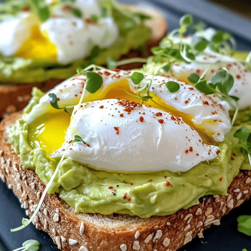 - 2 reife Avocados - 4 Scheiben Vollkornbrot - 4 große Eier Die Hauptzutaten sind einfach zu finden. Reife Avocados sind cremig und voller Geschmack. Vollkornbrot gibt deinem Toast eine nahrhafte Basis. Die Eier sind das Herzstück, wenn du sie pochierst. - 1 Esslöffel Essig (weiß oder Apfelwein) - Salz und Pfeffer nach Geschmack - Rote Pfefferflocken zum Garnieren Der Essig hilft beim Pochieren der Eier. Er sorgt dafür, dass das Eiweiß schön zusammenhält. Salz und Pfeffer verleihen deinem Gericht das richtige Aroma. Rote Pfefferflocken bringen einen kleinen Kick, den viele lieben. - Frische Mikrogreens zur Dekoration (optional) - 1 Esslöffel Olivenöl - Saft von 1 Limette Mikrogreens machen dein Gericht bunt und frisch. Das Olivenöl gibt dem Toast eine feine Note. Der Limettensaft sorgt für eine spritzige Frische und ergänzt die Avocado perfekt. Du kannst die komplette Anleitung in der [Full Recipe] finden. Um Brot perfekt zu toasten, wähle frisches Vollkornbrot. Ich empfehle, die Scheiben etwa 1,5 cm dick zu schneiden. Lege die Brotscheiben in den Toaster und stelle ihn auf eine mittlere Stufe. Toasten dauert etwa 3-4 Minuten. Überprüfe das Brot, bis es goldbraun und knusprig ist. Lass es dann kurz abkühlen. Nimm die reifen Avocados und schneide sie in zwei Hälften. Entferne den Kern vorsichtig. Löffle das Fruchtfleisch in eine Schüssel. Füge den Saft von 1 Limette und eine Prise Salz hinzu. Mit einer Gabel zerdrücke die Avocado, bis sie cremig aber leicht stückig ist. Achte darauf, die richtige Konsistenz zu finden. So bleibt der Geschmack frisch und lecker. Für das perfekte Pochieren bringe einen mittleren Topf mit Wasser zum Simmern. Füge 1 Esslöffel Essig hinzu. Rühre das Wasser sanft, um einen Wirbel zu erzeugen. Breche ein Ei in eine kleine Schüssel und lasse es vorsichtig ins Wasser gleiten. Pochiere es 3-4 Minuten für ein flüssiges Eigelb. Wenn du ein festeres Eigelb möchtest, lasse es länger im Wasser. Nutze einen Schaumlöffel, um die Eier vorsichtig herauszunehmen. Lass sie kurz auf einem Papiertuch abtropfen. Jetzt sind deine Zutaten bereit für das Avocado-Toast mit pochiertem Ei. Folge dem [Full Recipe] für ein komplettes Kocherlebnis! Pochierte Eier sind ein wichtiger Teil des Rezepts. Verwenden Sie Essig, um die Eiweiße zusammenzuhalten. Ein Esslöffel Essig hilft, das Ei schneller zu binden. So wird es schön und rund. Um zerbrochene Eier zu vermeiden, schlagen Sie jedes Ei in eine Schüssel. So können Sie es sanft ins Wasser geben. Lassen Sie das Wasser leicht köcheln. Zu starkes Kochen macht die Eier unruhig. Ein sanfter Wirbel im Wasser hilft, die Form zu halten. Die Avocado sollte cremig, aber noch stückig sein. Mischen Sie die Avocado mit einer Gabel. Fügen Sie Limettensaft und Salz hinzu. Dies gibt Geschmack und verhindert Braunwerden. Wählen Sie reife Avocados, die leicht auf Druck nachgeben. Vermeiden Sie Überreife, denn das Fruchtfleisch wird matschig. Präsentation ist wichtig! Nutzen Sie große, flache Teller. Verteilen Sie die Avocado gleichmäßig auf dem Toast. Legen Sie das pochierte Ei mittig darauf. Streuen Sie rote Pfefferflocken für Farbe und Geschmack. Für kreative Ideen können Sie Mikrogreens oder Kresse oben drauf geben. Das sieht toll aus und gibt einen frischen Geschmack. Weitere Toppings wie Feta oder frische Kräuter können ebenfalls hinzugefügt werden. Lassen Sie Ihrer Kreativität freien Lauf! {{image_4}} Für Avocado Toast kann man viele Brotsorten wählen. Vollkornbrot ist nahrhaft und gibt einen tollen Geschmack. Glutenfreies Brot ist für alle, die kein Gluten essen. Man kann auch Sauerteigbrot oder Ciabatta verwenden. Jedes Brot hat seinen eigenen Charme und schmeckt anders. Um den Toast aufregender zu machen, füge einige Toppings hinzu. Feta-Käse bringt einen salzigen Kick. Tomaten sind saftig und frisch. Sprossen geben einen knackigen Biss. Wenn du eine Ei-Alternative suchst, probiere geräucherten Tofu. Er hat einen tollen Geschmack und passt gut zur Avocado. Du kannst die Avocado-Mischung leicht variieren. Füge Gewürze wie Knoblauchpulver oder Paprika hinzu. Frische Kräuter wie Koriander oder Petersilie sorgen für ein neues Aroma. Auch Zitrusfrüchte sind eine tolle Idee. Limette gibt Frische, während Orange und Zitrone einen süßen Twist bringen. So wird dein Avocado Toast immer spannend und lecker. Für das komplette Rezept schau dir den [Full Recipe] an. Um Avocado Toast gut aufzubewahren, lege die Reste in einen luftdichten Behälter. Achte darauf, die Avocado gut abzudecken. Das hilft, die Frische zu bewahren. Du kannst den Toast auch in Frischhaltefolie wickeln. Lagere ihn im Kühlschrank. So bleibt er über Nacht genießbar. Um braune Avocados zu vermeiden, gibt es einfache Methoden. Verwende den Saft von Limetten oder Zitronen. Der Saft hilft, die Farbe zu bewahren. Du kannst auch die Kerne in die Schüssel legen. Das reduziert die Luft, die mit der Avocado in Kontakt kommt. Eine andere Methode ist, die Avocado mit Öl zu bestreichen. So bleibt sie länger frisch. Wenn du das Frühstück planen möchtest, bereite die Avocado am Abend vorher vor. Zerdrücke die Avocado und füge Limettensaft hinzu. Bewahre die Mischung in einem luftdichten Behälter auf. Du kannst auch das Brot toasten und im Ofen warm halten. Am Morgen brauchst du nur das Ei zu pochieren. So sparst du Zeit und bekommst ein schnelles Frühstück. Für das vollständige Rezept schaue dir die Anleitung zu Avocado-Toast mit pochiertem Ei an. Die Zubereitung von Avocado Toast dauert insgesamt etwa 20 Minuten. Die Vorbereitungszeit beträgt rund 10 Minuten, während das Toasten und Pochieren der Eier etwa 10 Minuten in Anspruch nimmt. Diese schnelle Zubereitung macht es einfach, dieses köstliche Gericht im Handumdrehen zu genießen. Ja, du kannst Avocado Toast im Voraus zubereiten, aber mit einigen Tipps. Bereite die Avocado-Mischung vor und bewahre sie in einem luftdichten Behälter auf. Um die Avocados frisch zu halten, füge etwas Limettensaft hinzu. Toast das Brot kurz vor dem Servieren, um die Knusprigkeit zu erhalten. Pochiere die Eier ebenfalls frisch, um die beste Textur zu erreichen. Ja, Avocado Toast ist sehr gesund. Es ist reich an gesunden Fetten, Ballaststoffen und Vitaminen. Avocados enthalten einfach ungesättigte Fette, die gut für das Herz sind. Vollkornbrot liefert Ballaststoffe, die die Verdauung unterstützen. Dieses Gericht ist auch eine großartige Energiequelle und eignet sich hervorragend als Frühstück oder Snack. Avocado Toast ist einfach und lecker. Wir haben die besten Zutaten und Tipps durchgegangen. Du kannst dein Brot toasten, Avocados richtig zubereiten und perfekte Eier pochieren. Variiere mit Brotsorten und Toppings für neuen Geschmack. Denk daran, Avocado Toast frisch zu lagern, damit er lange hält. Die Zubereitung kann schnell gehen und ist gesund. Nutze diese Tipps, um dein Frühstück zu verbessern. Genieße deine kreativen Versionen!