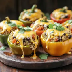 Um gefüllte Paprika mit Quinoa zuzubereiten, benötigen Sie: - 4 große Paprika (nach Wahl der Farbe) - 1 Tasse Quinoa, gründlich gewaschen - 2 Tassen Gemüsebrühe - 1 Dose (425 g) schwarze Bohnen, abgetropft und gewaschen - 1 Tasse Maiskörner (frisch oder tiefgekühlt) - 1 kleine rote Zwiebel, fein gehackt - 2 Knoblauchzehen, gehackt - 1 Teelöffel Kreuzkümmel - 1 Teelöffel geräuchertes Paprikapulver - 1 Teelöffel Chilipulver - Salz und Pfeffer nach Geschmack - 1 Tasse gewürfelte Tomaten (frisch oder aus der Dose) - 1/2 Tasse geriebener Käse (Cheddar oder Mozzarella) - Frische Koriander- oder Petersilienblätter zur Garnitur Wählen Sie frische Paprika, die fest und glänzend sind. Achten Sie darauf, dass sie keine Druckstellen oder Flecken haben. Die Quinoa sollte klar und frei von kleinen Steinen sein. Verwenden Sie frische Bohnen und Mais für den besten Geschmack. Wenn Sie tiefgekühlten Mais verwenden, achten Sie darauf, dass er ungesüßt ist. Frische Kräuter bringen mehr Aroma und Farbe in Ihr Gericht. Quinoa ist eine großartige Proteinquelle und enthält alle neun essentiellen Aminosäuren. Sie ist reich an Ballaststoffen und sorgt für ein langanhaltendes Sättigungsgefühl. Paprika liefert viel Vitamin C und Antioxidantien. Schwarze Bohnen sind voller Eiweiß, Eisen und Folsäure. Mais bringt natürliche Süße und zusätzliche Ballaststoffe. Zusammen ergeben diese Zutaten eine gesunde, ausgewogene Mahlzeit. Wenn Sie mehr über die Zubereitung erfahren möchten, finden Sie die vollständige Anleitung in der [Full Recipe]. Zuerst heizen Sie den Ofen auf 190°C vor. Nehmen Sie die großen Paprika und schneiden Sie die Oberseite ab. Entfernen Sie die Samen und die weißen Membranen. Stellen Sie die Paprika aufrecht in eine Auflaufform. Das sorgt dafür, dass sie beim Backen gut stehen. Kochen Sie die Gemüsebrühe in einem Topf. Wenn sie kocht, fügen Sie die gewaschene Quinoa hinzu. Decken Sie den Topf ab und senken Sie die Hitze. Lassen Sie die Quinoa etwa 15 Minuten köcheln, bis die Brühe ganz aufgesogen ist. Danach nehmen Sie den Topf vom Herd und lockern die Quinoa mit einer Gabel auf. In einer großen Schüssel vermengen Sie die Quinoa mit den schwarzen Bohnen, dem Mais, der gehackten Zwiebel, dem Knoblauch, dem Kreuzkümmel, dem Paprikapulver, dem Chilipulver, den gewürfelten Tomaten sowie Salz und Pfeffer. Rühren Sie alles gut um, damit die Zutaten gleichmäßig verteilt sind. Füllen Sie jede Paprika mit der Quinoa-Mischung. Drücken Sie die Füllung sanft zusammen, damit alles gut passt. Streuen Sie den geriebenen Käse über die gefüllten Paprika. Gießen Sie etwas Gemüsebrühe oder Wasser in die Auflaufform. Decken Sie die Form mit Aluminiumfolie ab. Backen Sie die gefüllten Paprika für 25-30 Minuten im Ofen. Nehmen Sie dann die Folie ab und backen Sie sie weitere 10-15 Minuten, bis sie weich sind und der Käse schön goldbraun aussieht. Lassen Sie die Paprika nach dem Backen ein paar Minuten abkühlen. Vor dem Servieren garnieren Sie sie mit frischen Koriander- oder Petersilienblättern. Für die vollständige Anleitung schauen Sie sich das Rezept für Quinoa-Gefüllte Paprika Delikatesse an. Um gefüllte Paprika perfekt zuzubereiten, gibt es einige einfache Tipps. Wählen Sie große, feste Paprika, die gleichmäßig reif sind. Diese bleiben beim Backen schön saftig. Achten Sie darauf, die Quinoa gut zu waschen. Dies entfernt Bitterstoffe und verbessert den Geschmack. Kochen Sie die Quinoa in Gemüsebrühe, damit sie zusätzlichen Geschmack aufnimmt. Füllen Sie die Paprika nicht zu voll, da sie beim Backen aufgehen können. Ein häufiger Fehler ist, die Paprika nicht richtig vorzubereiten. Entfernen Sie die Samen und die Membranen vollständig. Andernfalls kann die Füllung bitter werden. Ein weiterer Fehler ist, die Quinoa nicht genug zu würzen. Verwenden Sie genügend Salz und Pfeffer in der Mischung. Auch das Backen ohne Abdeckung kann die Paprika austrocknen. Stellen Sie sicher, dass Sie sie gut abdecken, bevor Sie sie in den Ofen geben. Die Präsentation macht viel aus. Servieren Sie die gefüllten Paprika auf einer bunten Platte. Ein Spritzer hochwertiges Olivenöl verleiht dem Gericht Glanz. Garnieren Sie die Paprika mit frischem Koriander oder Petersilie. Das bringt Farbe und Frische ins Spiel. Sie können auch einen Dip aus Joghurt oder Avocado dazu reichen. Dies macht das Essen noch aufregender. Für mehr Ideen schauen Sie sich das Full Recipe an. {{image_4}} Wenn Sie die gefüllten Paprika noch bunter und gesünder machen möchten, gibt es tolle Alternativen. Zum Beispiel können Sie die schwarze Bohnen ganz einfach durch Kichererbsen ersetzen. Kichererbsen liefern viel Protein und Ballaststoffe. Für eine vegane Option lassen Sie den Käse einfach weg oder verwenden Sie pflanzlichen Käse. Das macht das Gericht leicht und frisch. Die Gewürze sind der Schlüssel zu einem großartigen Geschmack. Sie können die Gewürze nach Ihrem Geschmack anpassen. Mögen Sie es scharf? Fügen Sie mehr Chilipulver oder frische Chilis hinzu. Für eine italienische Note probieren Sie italienische Kräuter wie Oregano oder Basilikum. Fühlen Sie sich frei, kreativ zu sein! Experimentieren Sie mit anderen Füllungen, wie zum Beispiel Spinat, Pilzen oder Zucchini. Gefüllte Paprika sind nur der Anfang. Sie können viele andere Gemüsesorten verwenden. Zucchini oder Auberginen sind tolle Alternativen. Schneiden Sie sie einfach in Hälften und füllen Sie sie wie die Paprika. Das bringt neue Aromen und Farben auf den Tisch. Bedenken Sie, dass die Garzeit je nach Gemüse variieren kann. Prüfen Sie das Gemüse beim Backen, um sicherzustellen, dass es zart ist. Um gefüllte Paprika frisch zu halten, lassen Sie sie zuerst abkühlen. Danach legen Sie sie in einen luftdichten Behälter. Sie können die Paprika bis zu drei Tage im Kühlschrank aufbewahren. Achten Sie darauf, die Paprika nicht übereinander zu stapeln. So bleibt die Füllung intakt. Wenn Sie Reste haben, können Sie die gefüllten Paprika auch einfrieren. Wickeln Sie jede Paprika in Frischhaltefolie. Legen Sie die eingewickelten Paprika in einen Gefrierbeutel. So bleibt die Frische bis zu drei Monate erhalten. Beschriften Sie den Beutel mit dem Datum, damit Sie wissen, wann Sie sie eingefroren haben. Um gefüllte Paprika aufzuwärmen, nehmen Sie sie aus dem Kühlschrank oder Gefrierfach. Für die Kühlschrankversion heizen Sie den Ofen auf 180°C vor. Stellen Sie die Paprika in eine Auflaufform und decken Sie sie mit Aluminiumfolie ab. Backen Sie sie etwa 20 Minuten lang. Für gefrorene Paprika verlängern Sie die Backzeit auf 30 bis 40 Minuten. Stellen Sie sicher, dass sie heiß sind, bevor Sie sie servieren. Für mehr Informationen zu den gefüllten Paprika, schauen Sie sich das Full Recipe an. Die Zubereitung der gefüllten Paprika dauert etwa eine Stunde. Die Vorbereitungszeit beträgt rund 15 Minuten. Das Kochen der Quinoa und das Füllen der Paprika dauert nicht lange. Dann backen Sie die gefüllten Paprika für 25 bis 30 Minuten im Ofen. Es ist einfach und schnell. Ja, Sie können Quinoa durch Reis ersetzen. Reis ist eine gute Alternative. Er hat einen ähnlichen Geschmack und passt gut zu den anderen Zutaten. Achten Sie darauf, den Reis entsprechend der Packungsanweisung zu kochen. Basmati- oder Jasminreis sind besonders lecker in diesem Gericht. Ja, gefüllte Paprika sind sehr gesund. Sie enthalten viele wichtige Nährstoffe. Paprika ist reich an Vitaminen, besonders Vitamin C. Quinoa ist eine gute Quelle für Protein und Ballaststoffe. Die Kombination aus Gemüse und Hülsenfrüchten macht dieses Gericht nahrhaft. Es ist eine tolle Wahl für eine ausgewogene Mahlzeit. Nutzen Sie die [Full Recipe], um alle Vorteile zu genießen. Die gefüllten Paprika sind einfach und lecker. Wir haben die besten Zutaten, die Zubereitung und praktische Tipps behandelt. Du kannst sogar Variationen ausprobieren, um den Geschmack zu ändern. Denke an die Aufbewahrung, damit nichts verschwendet wird. Diese Methode macht dein Essen frisch und nahrhaft. Probiere es aus und entdecke, wie vielfältig gefüllte Paprika sein können!