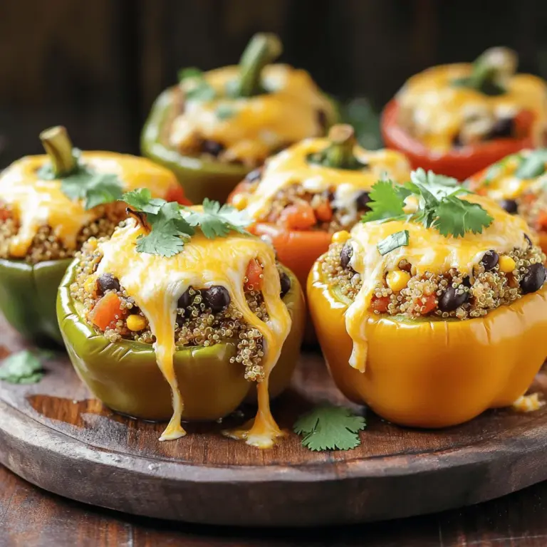 Um gefüllte Paprika mit Quinoa zuzubereiten, benötigen Sie: - 4 große Paprika (nach Wahl der Farbe) - 1 Tasse Quinoa, gründlich gewaschen - 2 Tassen Gemüsebrühe - 1 Dose (425 g) schwarze Bohnen, abgetropft und gewaschen - 1 Tasse Maiskörner (frisch oder tiefgekühlt) - 1 kleine rote Zwiebel, fein gehackt - 2 Knoblauchzehen, gehackt - 1 Teelöffel Kreuzkümmel - 1 Teelöffel geräuchertes Paprikapulver - 1 Teelöffel Chilipulver - Salz und Pfeffer nach Geschmack - 1 Tasse gewürfelte Tomaten (frisch oder aus der Dose) - 1/2 Tasse geriebener Käse (Cheddar oder Mozzarella) - Frische Koriander- oder Petersilienblätter zur Garnitur Wählen Sie frische Paprika, die fest und glänzend sind. Achten Sie darauf, dass sie keine Druckstellen oder Flecken haben. Die Quinoa sollte klar und frei von kleinen Steinen sein. Verwenden Sie frische Bohnen und Mais für den besten Geschmack. Wenn Sie tiefgekühlten Mais verwenden, achten Sie darauf, dass er ungesüßt ist. Frische Kräuter bringen mehr Aroma und Farbe in Ihr Gericht. Quinoa ist eine großartige Proteinquelle und enthält alle neun essentiellen Aminosäuren. Sie ist reich an Ballaststoffen und sorgt für ein langanhaltendes Sättigungsgefühl. Paprika liefert viel Vitamin C und Antioxidantien. Schwarze Bohnen sind voller Eiweiß, Eisen und Folsäure. Mais bringt natürliche Süße und zusätzliche Ballaststoffe. Zusammen ergeben diese Zutaten eine gesunde, ausgewogene Mahlzeit. Wenn Sie mehr über die Zubereitung erfahren möchten, finden Sie die vollständige Anleitung in der [Full Recipe]. Zuerst heizen Sie den Ofen auf 190°C vor. Nehmen Sie die großen Paprika und schneiden Sie die Oberseite ab. Entfernen Sie die Samen und die weißen Membranen. Stellen Sie die Paprika aufrecht in eine Auflaufform. Das sorgt dafür, dass sie beim Backen gut stehen. Kochen Sie die Gemüsebrühe in einem Topf. Wenn sie kocht, fügen Sie die gewaschene Quinoa hinzu. Decken Sie den Topf ab und senken Sie die Hitze. Lassen Sie die Quinoa etwa 15 Minuten köcheln, bis die Brühe ganz aufgesogen ist. Danach nehmen Sie den Topf vom Herd und lockern die Quinoa mit einer Gabel auf. In einer großen Schüssel vermengen Sie die Quinoa mit den schwarzen Bohnen, dem Mais, der gehackten Zwiebel, dem Knoblauch, dem Kreuzkümmel, dem Paprikapulver, dem Chilipulver, den gewürfelten Tomaten sowie Salz und Pfeffer. Rühren Sie alles gut um, damit die Zutaten gleichmäßig verteilt sind. Füllen Sie jede Paprika mit der Quinoa-Mischung. Drücken Sie die Füllung sanft zusammen, damit alles gut passt. Streuen Sie den geriebenen Käse über die gefüllten Paprika. Gießen Sie etwas Gemüsebrühe oder Wasser in die Auflaufform. Decken Sie die Form mit Aluminiumfolie ab. Backen Sie die gefüllten Paprika für 25-30 Minuten im Ofen. Nehmen Sie dann die Folie ab und backen Sie sie weitere 10-15 Minuten, bis sie weich sind und der Käse schön goldbraun aussieht. Lassen Sie die Paprika nach dem Backen ein paar Minuten abkühlen. Vor dem Servieren garnieren Sie sie mit frischen Koriander- oder Petersilienblättern. Für die vollständige Anleitung schauen Sie sich das Rezept für Quinoa-Gefüllte Paprika Delikatesse an. Um gefüllte Paprika perfekt zuzubereiten, gibt es einige einfache Tipps. Wählen Sie große, feste Paprika, die gleichmäßig reif sind. Diese bleiben beim Backen schön saftig. Achten Sie darauf, die Quinoa gut zu waschen. Dies entfernt Bitterstoffe und verbessert den Geschmack. Kochen Sie die Quinoa in Gemüsebrühe, damit sie zusätzlichen Geschmack aufnimmt. Füllen Sie die Paprika nicht zu voll, da sie beim Backen aufgehen können. Ein häufiger Fehler ist, die Paprika nicht richtig vorzubereiten. Entfernen Sie die Samen und die Membranen vollständig. Andernfalls kann die Füllung bitter werden. Ein weiterer Fehler ist, die Quinoa nicht genug zu würzen. Verwenden Sie genügend Salz und Pfeffer in der Mischung. Auch das Backen ohne Abdeckung kann die Paprika austrocknen. Stellen Sie sicher, dass Sie sie gut abdecken, bevor Sie sie in den Ofen geben. Die Präsentation macht viel aus. Servieren Sie die gefüllten Paprika auf einer bunten Platte. Ein Spritzer hochwertiges Olivenöl verleiht dem Gericht Glanz. Garnieren Sie die Paprika mit frischem Koriander oder Petersilie. Das bringt Farbe und Frische ins Spiel. Sie können auch einen Dip aus Joghurt oder Avocado dazu reichen. Dies macht das Essen noch aufregender. Für mehr Ideen schauen Sie sich das Full Recipe an. {{image_4}} Wenn Sie die gefüllten Paprika noch bunter und gesünder machen möchten, gibt es tolle Alternativen. Zum Beispiel können Sie die schwarze Bohnen ganz einfach durch Kichererbsen ersetzen. Kichererbsen liefern viel Protein und Ballaststoffe. Für eine vegane Option lassen Sie den Käse einfach weg oder verwenden Sie pflanzlichen Käse. Das macht das Gericht leicht und frisch. Die Gewürze sind der Schlüssel zu einem großartigen Geschmack. Sie können die Gewürze nach Ihrem Geschmack anpassen. Mögen Sie es scharf? Fügen Sie mehr Chilipulver oder frische Chilis hinzu. Für eine italienische Note probieren Sie italienische Kräuter wie Oregano oder Basilikum. Fühlen Sie sich frei, kreativ zu sein! Experimentieren Sie mit anderen Füllungen, wie zum Beispiel Spinat, Pilzen oder Zucchini. Gefüllte Paprika sind nur der Anfang. Sie können viele andere Gemüsesorten verwenden. Zucchini oder Auberginen sind tolle Alternativen. Schneiden Sie sie einfach in Hälften und füllen Sie sie wie die Paprika. Das bringt neue Aromen und Farben auf den Tisch. Bedenken Sie, dass die Garzeit je nach Gemüse variieren kann. Prüfen Sie das Gemüse beim Backen, um sicherzustellen, dass es zart ist. Um gefüllte Paprika frisch zu halten, lassen Sie sie zuerst abkühlen. Danach legen Sie sie in einen luftdichten Behälter. Sie können die Paprika bis zu drei Tage im Kühlschrank aufbewahren. Achten Sie darauf, die Paprika nicht übereinander zu stapeln. So bleibt die Füllung intakt. Wenn Sie Reste haben, können Sie die gefüllten Paprika auch einfrieren. Wickeln Sie jede Paprika in Frischhaltefolie. Legen Sie die eingewickelten Paprika in einen Gefrierbeutel. So bleibt die Frische bis zu drei Monate erhalten. Beschriften Sie den Beutel mit dem Datum, damit Sie wissen, wann Sie sie eingefroren haben. Um gefüllte Paprika aufzuwärmen, nehmen Sie sie aus dem Kühlschrank oder Gefrierfach. Für die Kühlschrankversion heizen Sie den Ofen auf 180°C vor. Stellen Sie die Paprika in eine Auflaufform und decken Sie sie mit Aluminiumfolie ab. Backen Sie sie etwa 20 Minuten lang. Für gefrorene Paprika verlängern Sie die Backzeit auf 30 bis 40 Minuten. Stellen Sie sicher, dass sie heiß sind, bevor Sie sie servieren. Für mehr Informationen zu den gefüllten Paprika, schauen Sie sich das Full Recipe an. Die Zubereitung der gefüllten Paprika dauert etwa eine Stunde. Die Vorbereitungszeit beträgt rund 15 Minuten. Das Kochen der Quinoa und das Füllen der Paprika dauert nicht lange. Dann backen Sie die gefüllten Paprika für 25 bis 30 Minuten im Ofen. Es ist einfach und schnell. Ja, Sie können Quinoa durch Reis ersetzen. Reis ist eine gute Alternative. Er hat einen ähnlichen Geschmack und passt gut zu den anderen Zutaten. Achten Sie darauf, den Reis entsprechend der Packungsanweisung zu kochen. Basmati- oder Jasminreis sind besonders lecker in diesem Gericht. Ja, gefüllte Paprika sind sehr gesund. Sie enthalten viele wichtige Nährstoffe. Paprika ist reich an Vitaminen, besonders Vitamin C. Quinoa ist eine gute Quelle für Protein und Ballaststoffe. Die Kombination aus Gemüse und Hülsenfrüchten macht dieses Gericht nahrhaft. Es ist eine tolle Wahl für eine ausgewogene Mahlzeit. Nutzen Sie die [Full Recipe], um alle Vorteile zu genießen. Die gefüllten Paprika sind einfach und lecker. Wir haben die besten Zutaten, die Zubereitung und praktische Tipps behandelt. Du kannst sogar Variationen ausprobieren, um den Geschmack zu ändern. Denke an die Aufbewahrung, damit nichts verschwendet wird. Diese Methode macht dein Essen frisch und nahrhaft. Probiere es aus und entdecke, wie vielfältig gefüllte Paprika sein können!