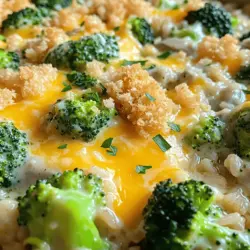 - 2 Tassen gekochter Vollkornreis - 2 Tassen frische Brokkoliröschen - 1 Tasse geriebener Cheddar-Käse Die Hauptzutaten bilden die Basis für den Auflauf. Der Vollkornreis gibt dem Gericht eine nahrhafte Grundlage. Er ist gesund und sättigend. Die Brokkoliröschen fügen nicht nur Farbe hinzu, sondern auch viele Nährstoffe. Der Cheddar-Käse sorgt für den köstlichen, cremigen Geschmack, den wir alle lieben. - 1 Tasse Pilzsuppe (aus der Dose oder selbstgemacht) - 1/2 Tasse Milch - 1/2 Tasse gewürfelte Zwiebel Die Pilzsuppe bringt eine herzhafte Note in den Auflauf. Sie kann aus der Dose oder selbstgemacht sein. Die Milch macht das Gericht noch cremiger und die Zwiebel sorgt für einen tollen Geschmack. Diese Zutaten verbinden sich perfekt und machen das Gericht noch schmackhafter. - 1/2 Teelöffel Knoblauchpulver - 1/4 Teelöffel schwarzer Pfeffer - 1/4 Teelöffel Salz - 1/2 Tasse Semmelbrösel - 2 Esslöffel Olivenöl Die Gewürze geben dem Auflauf den letzten Schliff. Knoblauchpulver, Pfeffer und Salz bringen die Aromen zum Leben. Die Semmelbrösel bilden eine knusprige Kruste, die das Gericht aufwertet. Mit Olivenöl vermischt, wird die Kruste goldbraun und lecker. Diese Kombination macht den Käse-Brokkoli-Reis-Auflauf zu einem echten Hit. Für das vollständige Rezept schauen Sie bitte in den Abschnitt "Full Recipe". Heizen Sie Ihren Ofen auf 175 °C vor. Nehmen Sie einen großen Topf und bringen Sie Wasser zum Kochen. Fügen Sie eine Prise Salz hinzu. Dämpfen Sie die Brokkoliröschen etwa 3-4 Minuten. Der Brokkoli sollte hellgrün und zart sein. Lassen Sie ihn gut abtropfen und stellen Sie ihn beiseite. So bleibt der Brokkoli knackig und frisch. In einer großen Rührschüssel geben Sie den gekochten Vollkornreis, den gedämpften Brokkoli und den geriebenen Cheddar-Käse. Fügen Sie die Pilzsuppe, die Milch und die gewürfelte Zwiebel hinzu. Geben Sie das Knoblauchpulver, den schwarzen Pfeffer und das Salz dazu. Rühren Sie alles gut um, bis die Mischung gleichmäßig aussieht. Diese Schritte sind wichtig für den Geschmack und die Textur des Auflaufs. Gießen Sie die Mischung in eine gefettete Auflaufform. Verteilen Sie sie gleichmäßig. In einer kleinen Schüssel mischen Sie die Semmelbrösel mit Olivenöl. Streuen Sie diese Mischung über den Auflauf. Jetzt ist er bereit für den Ofen. Backen Sie ihn 25-30 Minuten. Achten Sie darauf, dass der Auflauf sprudelnd und die Oberfläche goldbraun ist. So wird Ihr Käse-Brokkoli-Reis-Auflauf perfekt. Für das vollständige Rezept und weitere Details schauen Sie sich das Rezept an. Um einen matschigen Auflauf zu verhindern, gibt es einige einfache Schritte. Dämpfen Sie den Brokkoli nur kurz, etwa 3-4 Minuten. Er sollte leuchtend grün und zart-knackig sein. Überkochen Sie ihn nicht, da er sonst matschig wird. Lassen Sie den Brokkoli nach dem Dämpfen gut abtropfen. So bleibt er knusprig. Die Kochzeit kann je nach Ofen variieren. Einige Öfen heizen schneller als andere. Wenn Ihr Ofen älter ist, kann es länger dauern. Achten Sie darauf, den Auflauf nach 25 Minuten zu prüfen. Die Oberseite sollte goldbraun sein und die Mischung sprudeln. Zusätzliche Toppings können den Auflauf aufpeppen. Fügen Sie frisch geriebenen Parmesan hinzu, um noch mehr Käsegeschmack zu erhalten. Auch frische Kräuter wie Petersilie oder Schnittlauch geben einen tollen Geschmack. Walnüsse oder Mandeln sorgen für einen knusprigen Biss. Experimentieren Sie, um Ihren perfekten Auflauf zu finden. {{image_4}} Für eine vegetarische Version des Käse-Brokkoli-Reis-Auflaufs können Sie das Fleisch weglassen. Stattdessen fügen Sie mehr Gemüse hinzu. Zucchini, Paprika oder Karotten passen gut. Diese Zutaten bringen frische Aromen und Farben ins Gericht. Sie machen das Essen nahrhaft und lecker. Um den Auflauf glutenfrei zu machen, ersetzen Sie die Semmelbrösel. Verwenden Sie stattdessen glutenfreie Brösel oder Haferflocken. Auch die Pilzsuppe kann durch eine glutenfreie Variante ersetzt werden. So bleibt der Geschmack gleich, aber ohne Gluten. Wenn Sie mehr Proteine möchten, fügen Sie Hühnchen hinzu. Gekochtes, gewürfeltes Hühnchen passt gut in den Auflauf. Auch Tofu oder Kichererbsen sind tolle Alternativen. Diese Optionen erhöhen den Eiweißgehalt und machen das Gericht sättigender. Um Reste des Käse-Brokkoli-Reis-Auflaufs optimal zu lagern, lassen Sie ihn zuerst abkühlen. Danach füllen Sie ihn in einen luftdichten Behälter. Stellen Sie sicher, dass der Behälter gut verschlossen ist. So bleibt der Auflauf frisch und lecker. Im Kühlschrank hält er sich etwa 3 bis 5 Tage. Wenn Sie ihn länger aufbewahren möchten, denken Sie an das Einfrieren. Für die Langzeitlagerung frieren Sie den Auflauf am besten in Portionen ein. Teilen Sie den abgekühlten Auflauf in kleinere Behälter auf. So können Sie nur die Menge auftauen, die Sie brauchen. Sie können auch den gesamten Auflauf einfrieren. Decken Sie ihn gut mit Frischhaltefolie und dann mit Alufolie ab. So schützen Sie ihn vor Frostbrand. Der Auflauf bleibt im Gefrierfach etwa 2 bis 3 Monate genießbar. Um den Auflauf nach dem Einfrieren frisch zu genießen, lassen Sie ihn zuerst im Kühlschrank auftauen. Dies dauert in der Regel eine Nacht. Heizen Sie dann Ihren Ofen auf 175 °C (350 °F) vor. Stellen Sie den Auflauf in eine Auflaufform und decken Sie ihn mit Alufolie ab. Backen Sie ihn etwa 25 Minuten. Entfernen Sie die Folie für die letzten 10 Minuten. So wird die Oberseite schön knusprig. Jetzt können Sie ihn heiß servieren. Genießen Sie Ihren Auflauf wie frisch aus dem Ofen! Der Käse-Brokkoli-Reis-Auflauf hält sich gut im Kühlschrank. Er bleibt frisch für etwa 3 bis 5 Tage. Achte darauf, ihn in einem luftdichten Behälter zu lagern. So bleibt er saftig und lecker. Vor dem Verzehr kannst du ihn kurz in der Mikrowelle oder im Ofen aufwärmen. Ja, du kannst viele andere Gemüsesorten verwenden. Karotten, Blumenkohl oder Erbsen passen gut zu diesem Auflauf. Schneide das Gemüse klein und dämpfe es kurz. So bleibt es knackig und behält den Geschmack. Experimentiere mit verschiedenen Kombinationen, um deinen perfekten Auflauf zu finden. Der Käse-Brokkoli-Reis-Auflauf ist sehr kinderfreundlich. Wenn deine Kinder Brokkoli nicht mögen, kannst du den Brokkoli durch Spinat oder Zucchini ersetzen. Auch weniger Käse kann den Geschmack milder machen. Mache den Auflauf bunter, indem du verschiedene Gemüse hinzufügst. So wird es für die Kleinen interessanter. Der Käse-Brokkoli-Reis-Auflauf ist leicht zuzubereiten und sehr flexibel. Wir haben die Hauptzutaten, die Vorbereitung, das Backen und die Aufbewahrung besprochen. Mit Tipps zur Textur und Anpassungen für verschiedene Bedürfnisse wird dieses Gericht jedem schmecken. Probieren Sie verschiedene Variationen aus. So wird das Rezept immer wieder spannend. Genießen Sie Ihren Auflauf und die Freude am Kochen!
