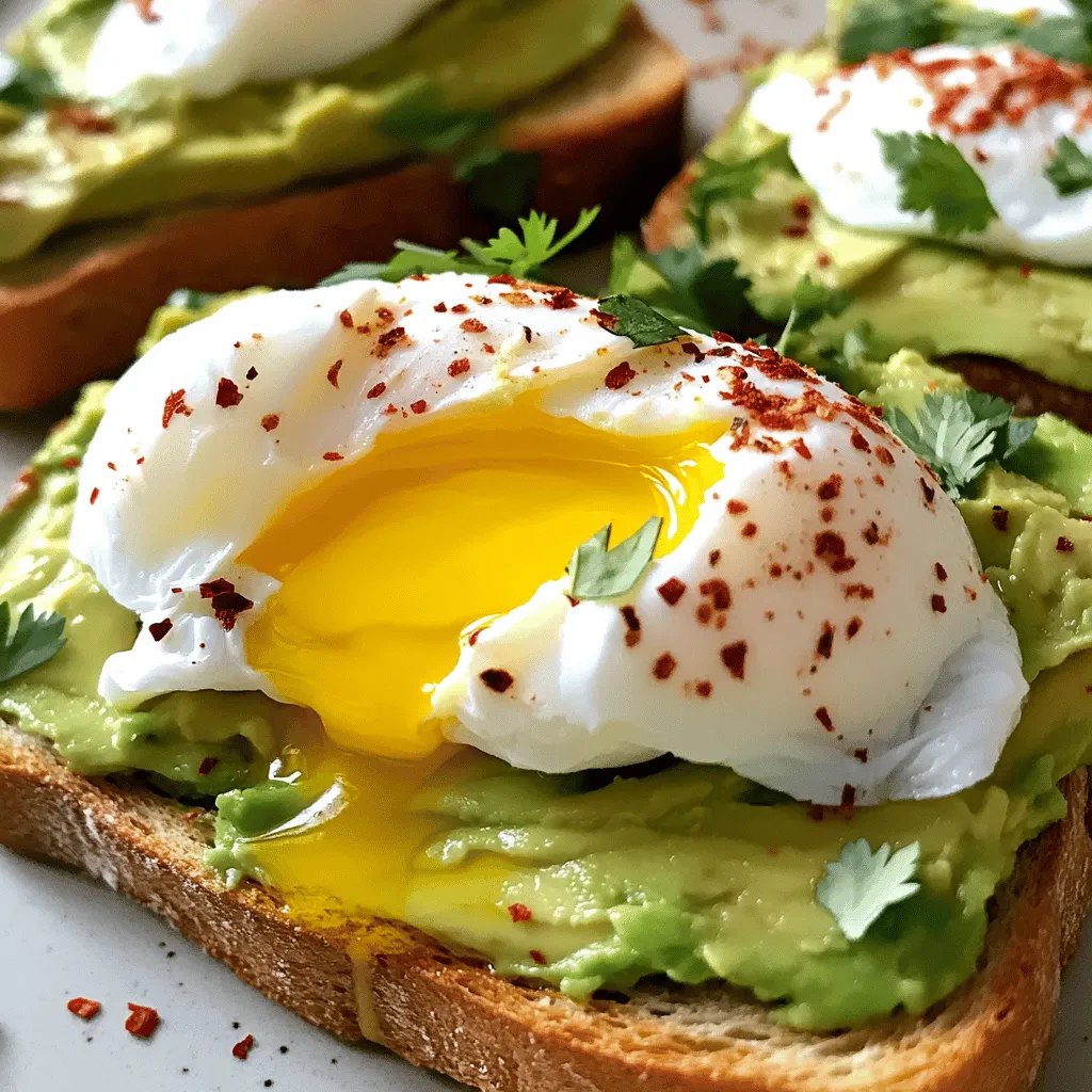 - 2 reife Avocados - 4 Scheiben Vollkorn- oder Sauerteigbrot - 4 große Eier - 1 Esslöffel weißer Essig - Salz und Pfeffer nach Geschmack - 1 Teelöffel rote Pfefferflocken (optional) - Saft von 1 Zitrone - Frische Kräuter (wie Koriander oder Petersilie) - Natives Olivenöl extra Die Hauptzutaten bilden die Basis für deinen Avocado Toast. Die Avocados sollten reif sein. Du erkennst das, wenn sie leicht auf Druck nachgeben. Vollkornbrot oder Sauerteigbrot sorgt für einen tollen Geschmack und eine knusprige Textur. Der weiße Essig hilft, das Ei beim Pochieren zusammenzuhalten. Achte darauf, frische Eier zu verwenden, denn sie geben das beste Ergebnis. Für den Geschmack sind die Gewürze wichtig. Salz und Pfeffer bringen die Aromen zum Leben. Rote Pfefferflocken geben einen zusätzlichen Kick, falls du es scharf magst. Der Zitronensaft macht die Avocado frisch und hilft, die Farbe zu erhalten. Frische Kräuter wie Koriander oder Petersilie sind das i-Tüpfelchen. Sie verleihen deinem Toast Farbe und Geschmack. Zu guter Letzt kommt ein Spritzer natives Olivenöl, um alles zu vollenden. Wenn du die Zutaten so kombinierst, erhältst du ein einfaches, aber köstliches Gericht. Für die vollständige Zubereitung schau dir das [Full Recipe] an. - Fülle einen großen Topf mit Wasser. Bringe das Wasser bei mittlerer Hitze zum Simmern. - Füge 1 Esslöffel weißen Essig hinzu. Dies hilft, das Eiweiß zu binden. - Schlage ein Ei in eine kleine Schüssel. Erzeuge mit einem Löffel einen sanften Strudel im Wasser. - Gleite vorsichtig mit dem Ei in die Mitte des Strudels. - Pochiere das Ei 3-4 Minuten. Das Eiweiß sollte fest, das Eigelb jedoch flüssig sein. - Entferne das Ei mit einem Schaumlöffel. Lege es auf Küchenpapier. Wiederhole diesen Schritt für die restlichen Eier. - Halbiere die Avocados und entferne den Kern. - Löffle das Fruchtfleisch in eine Schüssel. - Füge den Saft von 1 Zitrone, Salz und Pfeffer hinzu. - Zerdrücke die Avocado mit einer Gabel. Die Konsistenz sollte cremig, aber etwas stückig sein. - Wähle 4 Scheiben Vollkorn- oder Sauerteigbrot. - Toaste die Brotscheiben in einem Toaster oder in einer Pfanne. - Roste das Brot, bis es goldbraun und knusprig ist. Mit dieser Anleitung bereitest du ein köstliches Avocado Toast mit pochiertem Ei zu. Du kannst das gesamte Rezept [hier finden](#). Um ein perfektes pochiertes Ei zu machen, drehe das Ei vorsichtig in einen Strudel. Nimm einen Löffel, rühre das Wasser in eine Richtung und gieße dann das Ei in die Mitte. So bleibt das Eiweiß schön um das Eigelb. Die ideale Kochzeit liegt bei drei bis vier Minuten. Das Eiweiß sollte fest, das Eigelb jedoch flüssig sein. Wenn du das Ei aus dem Wasser nimmst, verwende einen Schaumlöffel. So bleibt das Ei ganz. Die perfekte Avocado ist reif, wenn sie leicht druckempfindlich ist. Suche nach einer Avocado mit einer glatten Haut, die nicht zu fest ist. Wenn du eine Avocado übrig hast, lege den Kern zurück in die Hälfte, um Oxidation zu verhindern. Wickele die Avocado in Frischhaltefolie und lege sie in den Kühlschrank. So bleibt sie länger frisch. Um den Geschmack deines Avocado Toasts zu verbessern, kannst du zusätzliche Toppings hinzufügen. Probiere Feta-Käse, Tomaten oder Radieschen. Diese geben dem Gericht Farbe und Geschmack. Eine Alternative zum klassischen Olivenöl ist Avocadoöl. Es hat einen milden Geschmack und passt gut zur Avocado. Du kannst auch etwas Balsamico oder Zitronensaft verwenden, um das Gericht aufzupeppen. Für die vollständige Zubereitung schau dir das [Full Recipe] an. {{image_4}} Für einen nahrhaften Kick füge Protein hinzu. Du kannst Hähnchenbrust oder Räucherlachs verwenden. Diese Optionen verbessern den Geschmack und die Nährstoffe. Pflanzliche Quellen sind auch toll. Kichererbsen oder schwarze Bohnen passen gut zur Avocado. Wenn du verschiedene Eiersorten magst, probiere Rührei oder Spiegelei. Diese Varianten bieten andere Texturen. Ein weich gekochtes Ei ergibt eine cremige Konsistenz. Für eine vegane Version lass das Ei weg. Stattdessen kannst du gebratene Tofu-Scheiben verwenden. Sie geben eine ähnliche Textur. Auch ein Avocado-Creme aus pürierter Avocado und Nüssen ist lecker. Verwende verschiedene Brot-Toppings wie Tomaten oder Radieschen. Diese bringen Frische und Farbe. Du kannst auch Hummus oder veganen Frischkäse auftragen. Nutze regionale Zutaten für mehr Geschmack. In den Sommermonaten sind frische Tomaten oder Gurken ideal. Im Herbst kannst du Kürbisse oder gebratene Pilze hinzufügen. Saisonale Variationen machen das Gericht spannend. Im Frühling probiere frische Kräuter wie Bärlauch. Im Winter passen geröstete Nüsse oder Samen gut. Für das vollständige Rezept besuche [Full Recipe]. Um Avocado Toast richtig aufzubewahren, lege die Reste in einen luftdichten Behälter. Das hält sie frisch. Bewahre das Brot getrennt von der Avocado auf. So bleibt beides in gutem Zustand. Wenn du die Avocado nicht sofort isst, reibe etwas Zitronensaft darauf. Das hilft, die Farbe zu erhalten. Hier sind einige Tipps zur Frische: - Brot: Wickel die Brotscheiben in ein Küchentuch. Das hält sie weich. - Avocado: Lagere die Avocado mit dem Kern in einem Behälter. So bleibt sie länger frisch. Meal-Prep ist eine großartige Idee für schnelles Frühstück. Du kannst die Avocado bereits am Sonntag vorbereiten. Zerdrücke sie und fülle sie in kleine Behälter. So sparst du Zeit an Wochentagen. Wenn du Brotscheiben einfrieren möchtest, halte sie ganz. Wickel sie gut ein, um Gefrierbrand zu vermeiden. Du kannst sie dann schnell toasten, wenn du bereit bist. Die Haltbarkeit von Avocados ist kurz. Reife Avocados halten sich etwa 2 bis 3 Tage im Kühlschrank. Lagere sie am besten bei Raumtemperatur, bis sie reif sind. Eier können in der Regel 3 bis 5 Wochen im Kühlschrank bleiben. Lagere sie in der Originalverpackung. Das schützt sie gut. Mit diesen Tipps bleibt dein Avocado Toast immer frisch und lecker. Wenn du mehr Ideen brauchst, schau dir das [Full Recipe] an. Um dein Frühstück gesünder zu machen, kannst du einige leichte Alternativen nutzen. Ersetze das Vollkornbrot durch ein dünneres Brot oder verwende Knäckebrot. Du kannst auch weniger Öl verwenden oder sogar ganz auf Öl verzichten. Eine tolle Idee ist, frische Tomaten oder Gurken hinzuzufügen. Sie bringen mehr Vitamine und wenig Kalorien. Ein paar frische Sprossen oder Radieschen können auch gut schmecken. Ja, du kannst das Rezept leicht anpassen. Wenn du mehr Portionen brauchst, verdopple einfach die Zutaten. Für vier Personen benötigst du zwei Avocados und vier Scheiben Brot. Wenn du mehr Gäste hast, erhöhe die Menge. Achte darauf, genug Eier zu pochieren. Plane genug Zeit ein, damit alles frisch und warm bleibt. Um die Avocado frisch zu halten, verwende Zitronensaft. Die Säure im Zitronensaft hilft, die Oxidation zu stoppen. Du kannst die Avocado auch mit Frischhaltefolie abdecken. Achte darauf, dass die Folie direkt auf der Avocado liegt. So kommt weniger Luft daran. Eine andere Möglichkeit ist, die Avocado mit Zwiebeln zu lagern. Zwiebeln helfen auch, die Farbe der Avocado zu bewahren. Avocado Toast hat seinen Ursprung in den USA und Australien. Die Kombination aus Avocado und Brot wurde in den 1990er Jahren populär. Es wurde schnell zu einem Trendgericht. Heute ist es weltweit bekannt und beliebt. Viele Restaurants bieten es in verschiedenen Variationen an. Es ist einfach, lecker und gesund. Ein Avocado Toast mit pochiertem Ei hat etwa 300 bis 400 Kalorien pro Portion. Die genaue Zahl hängt von den Zutaten ab. Die Avocado liefert gesunde Fette, während das Ei Proteine hinzufügt. Vollkornbrot sorgt für Ballaststoffe. Diese Kombination macht das Frühstück nahrhaft und sättigend. Avocado Toast ist einfach zuzubereiten und voller Geschmack. Mit reifen Avocados, frischen Eiern und vollwertigem Brot hast du ein schnelles, gesundes Frühstück. Die Auswahl an Toppings und Variationen ermöglicht dir, es nach deinem Geschmack anzupassen. Achte beim Lagern auf Frische, damit du das Beste aus deinen Zutaten herausholst. Mit diesen Tipps und Techniken wirst du zum Avocado Toast-Profi. Genieße die Vielfalt und experimentiere mit neuen Kombinationen!