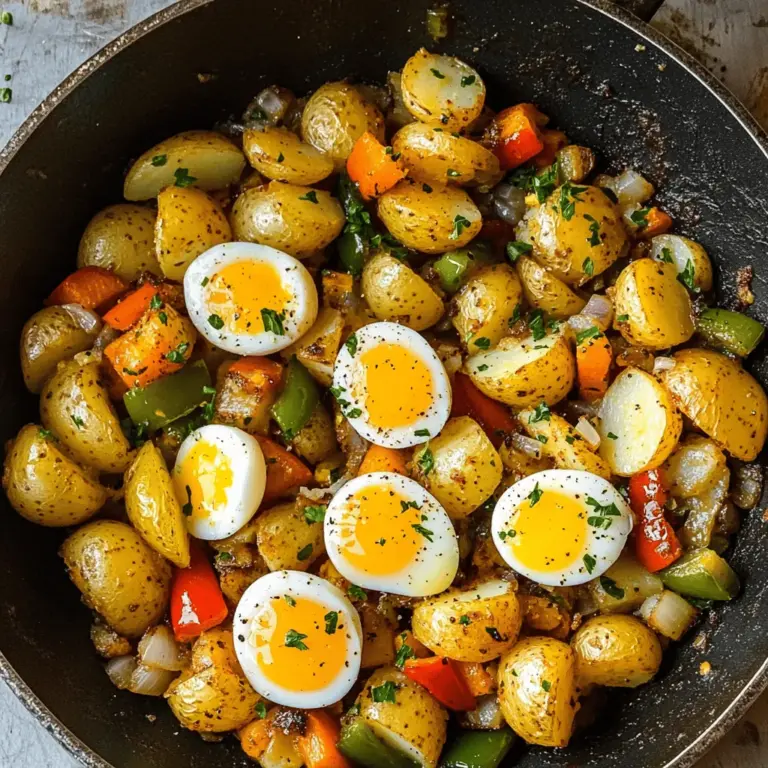 Für einen köstlichen Frühstücks-Hash brauche ich folgende Hauptzutaten: - 2 große Russet-Kartoffeln, gewürfelt - 1 rote Paprika, gewürfelt - 1 grüne Paprika, gewürfelt - 1 kleine Zwiebel, fein gehackt - 2 Knoblauchzehen, gehackt - 4 große Eier - 1 Teelöffel geräucherter Paprika - 1 Teelöffel getrockneter Oregano - Salz und Pfeffer nach Geschmack - 2 Esslöffel Olivenöl - Frische Petersilie, gehackt, zum Garnieren Diese Zutaten geben dem Hash seine schöne Farbe und tollen Geschmack. Die Kartoffeln sorgen für die Basis. Paprika und Zwiebel bringen Süße und Crunch. Knoblauch fügt einen herzhaften Kick hinzu. Wenn ich etwas Abwechslung möchte, kann ich die Zutaten leicht ändern. Zum Beispiel: - Verwende Süßkartoffeln für mehr Süße. - Füge Spinat oder Grünkohl für mehr Grün hinzu. - Nutze Wurst oder Speck für zusätzliche Würze. - Ersetze Eier durch Tofu für eine vegane Option. Diese Anpassungen machen das Gericht interessanter und passen zu meinem Geschmack. Frische Zutaten machen einen großen Unterschied. Hier sind meine Tipps: - Wähle Kartoffeln, die fest und frei von Flecken sind. - Achte auf bunte, pralle Paprika ohne Falten. - Wähle Zwiebeln, die hart und trocken sind. - Knoblauch sollte fest und ohne Schimmel sein. - Kaufe frische Kräuter, die voller Geschmack sind. Frische Zutaten bringen den besten Geschmack in meinen Frühstücks-Hash. Wenn ich die richtigen wähle, wird jede Mahlzeit ein Genuss. Wenn du mehr über die Zubereitung erfahren möchtest, schaue dir das [Full Recipe] an. Um einen herzhaften Frühstücks-Hash zu machen, brauchst du frische Zutaten. Hier sind die Hauptzutaten: - 2 große Russet-Kartoffeln, gewürfelt - 1 rote Paprika, gewürfelt - 1 grüne Paprika, gewürfelt - 1 kleine Zwiebel, fein gehackt - 2 Knoblauchzehen, gehackt - 4 große Eier - 1 Teelöffel geräucherter Paprika - 1 Teelöffel getrockneter Oregano - Salz und Pfeffer nach Geschmack - 2 Esslöffel Olivenöl - Frische Petersilie, gehackt, zum Garnieren Beginne mit dem Waschen der Kartoffeln und dem Schneiden aller Zutaten. Je kleiner die Würfel, desto schneller garen sie. Halte alles bereit, damit du schnell arbeiten kannst. Erhitze das Olivenöl in einer großen Pfanne bei mittlerer Hitze. Füge die Kartoffeln hinzu und würze sie mit Salz und Pfeffer. Brate sie etwa 10 Minuten lang an. Rühre gelegentlich um, bis sie weich und goldbraun sind. Das Aroma wird bereits jetzt toll sein! Jetzt kommen die Zwiebel und der Knoblauch in die Pfanne. Brate sie für 3-4 Minuten, bis die Zwiebel glasig wird. Danach gib die gewürfelten Paprika, den geräucherten Paprika und den Oregano dazu. Koche alles zusammen für 5-7 Minuten. Achte darauf, dass die Paprika zart sind und die Kartoffeln gut durchgegart sind. Jetzt kommt das Beste: die Eier! Drücke mit einem Löffel vier kleine Vertiefungen in den Hash. Schlage in jede Vertiefung ein Ei. Decke die Pfanne ab und lasse die Eier 4-5 Minuten garen. So hast du die Wahl zwischen flüssigen oder festen Eigelben. Wenn die Eier fertig sind, nimm die Pfanne vom Herd. Garniere den Hash mit frischer Petersilie. Serviere ihn direkt aus der Pfanne oder auf Tellern angerichtet. Das sieht nicht nur gut aus, sondern schmeckt auch köstlich! Für das ganze Rezept, schau dir den Abschnitt "Full Recipe" an. Um deinem Frühstücks-Hash mehr Geschmack zu geben, füge ein paar geheime Zutaten hinzu. Geräucherter Paprika gibt eine rauchige Note. Ein Spritzer Worcestersauce kann auch helfen. Du kannst auch etwas frischen Thymian oder Rosmarin ausprobieren. Diese Kräuter bringen einen frischen Geschmack in dein Gericht. Ein häufiger Fehler ist, die Kartoffeln nicht genug zu braten. Achte darauf, dass sie goldbraun sind. Wenn du die Eier zu lange kochst, werden sie hart. Überwache die Garzeit genau. Verwende auch eine große Pfanne, damit alles gleichmäßig gart. Und vergiss nicht, die Zutaten gut zu würzen. Salz und Pfeffer sind wichtig! Die Garzeit der Eier ist entscheidend. Für weiche Eigelbe sind 4-5 Minuten genug. Wenn du feste Eigelbe magst, lass sie länger in der Pfanne. Ein Trick ist, die Pfanne abzudecken. So garen die Eier schneller. Probiere verschiedene Zeiten aus, um deinen perfekten Stil zu finden. {{image_4}} Ein Frühstücks-Hash kann ganz einfach vegetarisch oder vegan sein. Statt Eier können Sie Tofu verwenden. Tofu bietet eine tolle Textur und wird leicht gewürzt. Sie können auch andere Gemüse hinzufügen, wie Zucchini oder Spinat. Diese Optionen bringen frische Aromen und machen das Gericht bunt. Um einen zusätzlichen Kick zu bekommen, probieren Sie vegane Käsealternativen oder eine Avocado als Topping. Jeder hat andere Vorlieben. Sie können Ihr Hash mit verschiedenen Gewürzen anpassen. Etwas Kreuzkümmel oder Chili-Pulver bringt Wärme. Mögen Sie es herzhaft? Fügen Sie Speck oder Wurst hinzu. Auch Käse macht den Hash cremig und lecker. Wenn Sie etwas Süßes mögen, probieren Sie Süßkartoffeln anstelle von normalen Kartoffeln. Das gibt eine tolle Süße und passt gut zu den anderen Zutaten. Saisonale Zutaten machen Ihr Frühstücks-Hash besonders. Im Frühling fügen Sie Spargel hinzu. Im Sommer können frische Tomaten und Zucchini das Gericht aufpeppen. Im Herbst sind Kürbis oder Rosenkohl fantastisch. Während des Winters sind Karotten und Rüben großartige Ergänzungen. Diese Zutaten geben nicht nur Geschmack, sondern auch Nährstoffe. So bleibt Ihr Gericht frisch und aufregend. Für eine vollständige Anleitung besuchen Sie die [Full Recipe]. Um dein Frühstücks-Hash frisch zu halten, lasse es zuerst abkühlen. Fülle es dann in einen luftdichten Behälter. Stelle sicher, dass der Behälter gut verschlossen ist. So bleibt der Geschmack erhalten. Lagere es im Kühlschrank. Es sollte nicht länger als vier Tage dort bleiben. Wenn du die Reste aufwärmen möchtest, nutze eine Pfanne oder die Mikrowelle. In der Pfanne solltest du etwas Öl verwenden, um das Hash wieder knusprig zu machen. Erhitze das Hash langsam, um gleichmäßige Wärme zu gewährleisten. In der Mikrowelle kannst du es in Intervallen von 30 Sekunden aufwärmen. Rühre zwischendurch um, damit es nicht austrocknet. Im Kühlschrank hält sich dein Hash bis zu vier Tage. Wenn du es länger aufbewahren möchtest, friere es ein. Im Gefrierschrank bleibt es bis zu drei Monate frisch. Achte darauf, es in einem gefrierfesten Behälter zu lagern. Wenn du es wieder auftauen möchtest, lasse es über Nacht im Kühlschrank. So bleibt die Textur besser erhalten. Die Zubereitung eines herzhaften Frühstücks-Hashes dauert insgesamt etwa 30 Minuten. Davon entfallen 10 Minuten auf die Vorbereitung der Zutaten und 20 Minuten auf das Kochen. Die Zeit kann je nach Herd und Pfanne leicht variieren. Ja, du kannst den Hash im Voraus zubereiten. Koche ihn einfach und lasse ihn abkühlen. Danach kannst du ihn in einem luftdichten Behälter im Kühlschrank aufbewahren. So bleibt er bis zu drei Tage frisch. Wenn du ihn wieder aufwärmst, füge die Eier frisch hinzu, um die beste Textur zu erhalten. Zu einem herzhaften Frühstücks-Hash passen viele Beilagen. Hier sind einige leckere Vorschläge: - Avocado-Scheiben für Cremigkeit - Toast oder Brötchen für Knusprigkeit - Scharfe Soße für einen zusätzlichen Kick - Frischer Salat für einen knackigen Kontrast Du kannst auch mit Käse oder Joghurt experimentieren, um dein Gericht noch interessanter zu machen. Zusammenfassend haben wir wichtige Zutaten für den herzhaften Frühstücks-Hash entdeckt. Wir haben auch eine klare Schritt-für-Schritt-Anleitung zur perfekten Zubereitung besprochen. Tipps und Tricks helfen, häufige Fehler zu vermeiden und den Geschmack zu erhöhen. Ihr könnt auch Variationen ausprobieren, um es jedem Recht zu machen. Denkt daran, die Reste richtig zu lagern, sodass ihr später genießen könnt. Ein herzhaftes Frühstück ist ein großartiger Start in den Tag, der sowohl einfach als auch lecker sein kann. Viel Spaß beim Kochen!