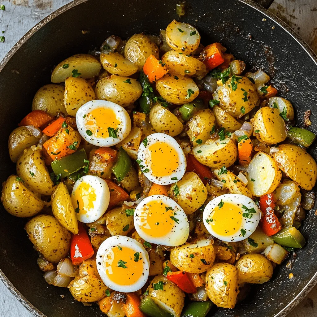Für einen köstlichen Frühstücks-Hash brauche ich folgende Hauptzutaten: - 2 große Russet-Kartoffeln, gewürfelt - 1 rote Paprika, gewürfelt - 1 grüne Paprika, gewürfelt - 1 kleine Zwiebel, fein gehackt - 2 Knoblauchzehen, gehackt - 4 große Eier - 1 Teelöffel geräucherter Paprika - 1 Teelöffel getrockneter Oregano - Salz und Pfeffer nach Geschmack - 2 Esslöffel Olivenöl - Frische Petersilie, gehackt, zum Garnieren Diese Zutaten geben dem Hash seine schöne Farbe und tollen Geschmack. Die Kartoffeln sorgen für die Basis. Paprika und Zwiebel bringen Süße und Crunch. Knoblauch fügt einen herzhaften Kick hinzu. Wenn ich etwas Abwechslung möchte, kann ich die Zutaten leicht ändern. Zum Beispiel: - Verwende Süßkartoffeln für mehr Süße. - Füge Spinat oder Grünkohl für mehr Grün hinzu. - Nutze Wurst oder Speck für zusätzliche Würze. - Ersetze Eier durch Tofu für eine vegane Option. Diese Anpassungen machen das Gericht interessanter und passen zu meinem Geschmack. Frische Zutaten machen einen großen Unterschied. Hier sind meine Tipps: - Wähle Kartoffeln, die fest und frei von Flecken sind. - Achte auf bunte, pralle Paprika ohne Falten. - Wähle Zwiebeln, die hart und trocken sind. - Knoblauch sollte fest und ohne Schimmel sein. - Kaufe frische Kräuter, die voller Geschmack sind. Frische Zutaten bringen den besten Geschmack in meinen Frühstücks-Hash. Wenn ich die richtigen wähle, wird jede Mahlzeit ein Genuss. Wenn du mehr über die Zubereitung erfahren möchtest, schaue dir das [Full Recipe] an. Um einen herzhaften Frühstücks-Hash zu machen, brauchst du frische Zutaten. Hier sind die Hauptzutaten: - 2 große Russet-Kartoffeln, gewürfelt - 1 rote Paprika, gewürfelt - 1 grüne Paprika, gewürfelt - 1 kleine Zwiebel, fein gehackt - 2 Knoblauchzehen, gehackt - 4 große Eier - 1 Teelöffel geräucherter Paprika - 1 Teelöffel getrockneter Oregano - Salz und Pfeffer nach Geschmack - 2 Esslöffel Olivenöl - Frische Petersilie, gehackt, zum Garnieren Beginne mit dem Waschen der Kartoffeln und dem Schneiden aller Zutaten. Je kleiner die Würfel, desto schneller garen sie. Halte alles bereit, damit du schnell arbeiten kannst. Erhitze das Olivenöl in einer großen Pfanne bei mittlerer Hitze. Füge die Kartoffeln hinzu und würze sie mit Salz und Pfeffer. Brate sie etwa 10 Minuten lang an. Rühre gelegentlich um, bis sie weich und goldbraun sind. Das Aroma wird bereits jetzt toll sein! Jetzt kommen die Zwiebel und der Knoblauch in die Pfanne. Brate sie für 3-4 Minuten, bis die Zwiebel glasig wird. Danach gib die gewürfelten Paprika, den geräucherten Paprika und den Oregano dazu. Koche alles zusammen für 5-7 Minuten. Achte darauf, dass die Paprika zart sind und die Kartoffeln gut durchgegart sind. Jetzt kommt das Beste: die Eier! Drücke mit einem Löffel vier kleine Vertiefungen in den Hash. Schlage in jede Vertiefung ein Ei. Decke die Pfanne ab und lasse die Eier 4-5 Minuten garen. So hast du die Wahl zwischen flüssigen oder festen Eigelben. Wenn die Eier fertig sind, nimm die Pfanne vom Herd. Garniere den Hash mit frischer Petersilie. Serviere ihn direkt aus der Pfanne oder auf Tellern angerichtet. Das sieht nicht nur gut aus, sondern schmeckt auch köstlich! Für das ganze Rezept, schau dir den Abschnitt "Full Recipe" an. Um deinem Frühstücks-Hash mehr Geschmack zu geben, füge ein paar geheime Zutaten hinzu. Geräucherter Paprika gibt eine rauchige Note. Ein Spritzer Worcestersauce kann auch helfen. Du kannst auch etwas frischen Thymian oder Rosmarin ausprobieren. Diese Kräuter bringen einen frischen Geschmack in dein Gericht. Ein häufiger Fehler ist, die Kartoffeln nicht genug zu braten. Achte darauf, dass sie goldbraun sind. Wenn du die Eier zu lange kochst, werden sie hart. Überwache die Garzeit genau. Verwende auch eine große Pfanne, damit alles gleichmäßig gart. Und vergiss nicht, die Zutaten gut zu würzen. Salz und Pfeffer sind wichtig! Die Garzeit der Eier ist entscheidend. Für weiche Eigelbe sind 4-5 Minuten genug. Wenn du feste Eigelbe magst, lass sie länger in der Pfanne. Ein Trick ist, die Pfanne abzudecken. So garen die Eier schneller. Probiere verschiedene Zeiten aus, um deinen perfekten Stil zu finden. {{image_4}} Ein Frühstücks-Hash kann ganz einfach vegetarisch oder vegan sein. Statt Eier können Sie Tofu verwenden. Tofu bietet eine tolle Textur und wird leicht gewürzt. Sie können auch andere Gemüse hinzufügen, wie Zucchini oder Spinat. Diese Optionen bringen frische Aromen und machen das Gericht bunt. Um einen zusätzlichen Kick zu bekommen, probieren Sie vegane Käsealternativen oder eine Avocado als Topping. Jeder hat andere Vorlieben. Sie können Ihr Hash mit verschiedenen Gewürzen anpassen. Etwas Kreuzkümmel oder Chili-Pulver bringt Wärme. Mögen Sie es herzhaft? Fügen Sie Speck oder Wurst hinzu. Auch Käse macht den Hash cremig und lecker. Wenn Sie etwas Süßes mögen, probieren Sie Süßkartoffeln anstelle von normalen Kartoffeln. Das gibt eine tolle Süße und passt gut zu den anderen Zutaten. Saisonale Zutaten machen Ihr Frühstücks-Hash besonders. Im Frühling fügen Sie Spargel hinzu. Im Sommer können frische Tomaten und Zucchini das Gericht aufpeppen. Im Herbst sind Kürbis oder Rosenkohl fantastisch. Während des Winters sind Karotten und Rüben großartige Ergänzungen. Diese Zutaten geben nicht nur Geschmack, sondern auch Nährstoffe. So bleibt Ihr Gericht frisch und aufregend. Für eine vollständige Anleitung besuchen Sie die [Full Recipe]. Um dein Frühstücks-Hash frisch zu halten, lasse es zuerst abkühlen. Fülle es dann in einen luftdichten Behälter. Stelle sicher, dass der Behälter gut verschlossen ist. So bleibt der Geschmack erhalten. Lagere es im Kühlschrank. Es sollte nicht länger als vier Tage dort bleiben. Wenn du die Reste aufwärmen möchtest, nutze eine Pfanne oder die Mikrowelle. In der Pfanne solltest du etwas Öl verwenden, um das Hash wieder knusprig zu machen. Erhitze das Hash langsam, um gleichmäßige Wärme zu gewährleisten. In der Mikrowelle kannst du es in Intervallen von 30 Sekunden aufwärmen. Rühre zwischendurch um, damit es nicht austrocknet. Im Kühlschrank hält sich dein Hash bis zu vier Tage. Wenn du es länger aufbewahren möchtest, friere es ein. Im Gefrierschrank bleibt es bis zu drei Monate frisch. Achte darauf, es in einem gefrierfesten Behälter zu lagern. Wenn du es wieder auftauen möchtest, lasse es über Nacht im Kühlschrank. So bleibt die Textur besser erhalten. Die Zubereitung eines herzhaften Frühstücks-Hashes dauert insgesamt etwa 30 Minuten. Davon entfallen 10 Minuten auf die Vorbereitung der Zutaten und 20 Minuten auf das Kochen. Die Zeit kann je nach Herd und Pfanne leicht variieren. Ja, du kannst den Hash im Voraus zubereiten. Koche ihn einfach und lasse ihn abkühlen. Danach kannst du ihn in einem luftdichten Behälter im Kühlschrank aufbewahren. So bleibt er bis zu drei Tage frisch. Wenn du ihn wieder aufwärmst, füge die Eier frisch hinzu, um die beste Textur zu erhalten. Zu einem herzhaften Frühstücks-Hash passen viele Beilagen. Hier sind einige leckere Vorschläge: - Avocado-Scheiben für Cremigkeit - Toast oder Brötchen für Knusprigkeit - Scharfe Soße für einen zusätzlichen Kick - Frischer Salat für einen knackigen Kontrast Du kannst auch mit Käse oder Joghurt experimentieren, um dein Gericht noch interessanter zu machen. Zusammenfassend haben wir wichtige Zutaten für den herzhaften Frühstücks-Hash entdeckt. Wir haben auch eine klare Schritt-für-Schritt-Anleitung zur perfekten Zubereitung besprochen. Tipps und Tricks helfen, häufige Fehler zu vermeiden und den Geschmack zu erhöhen. Ihr könnt auch Variationen ausprobieren, um es jedem Recht zu machen. Denkt daran, die Reste richtig zu lagern, sodass ihr später genießen könnt. Ein herzhaftes Frühstück ist ein großartiger Start in den Tag, der sowohl einfach als auch lecker sein kann. Viel Spaß beim Kochen!